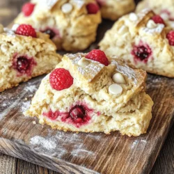 Um die besten Himbeerweißen Schokoladenscones zu machen, brauche ich einige Hauptzutaten: - 2 Tassen Weizenmehl - 1/4 Tasse Zucker - 1 Esslöffel Backpulver - 1/2 Teelöffel Salz - 1/2 Tasse kalte, gewürfelte Butter - 1/2 Tasse Schlagsahne - 1 großes Ei - 1 Teelöffel Vanilleextrakt - 1 Tasse frische Himbeeren - 1/2 Tasse weiße Schokoladenstückchen Diese Zutaten geben den Scones ihren tollen Geschmack und die perfekte Textur. Die Himbeeren bringen eine fruchtige Säure in die Scones. Sie machen jeden Biss frisch und lebhaft. Die weiße Schokolade fügt eine süße, cremige Note hinzu. Sie schmilzt schön, wenn die Scones warm sind. Butter sorgt für einen reichhaltigen Geschmack und eine zarte Krume. Schlagsahne macht den Teig weich und feucht. Diese Zutaten sind wichtig, um den perfekten Geschmack zu erzielen. Bei der Auswahl von Himbeeren achte ich auf die Farbe und die Frische. Wähle tiefrote, feste Beeren ohne Druckstellen. Diese sind süßer und aromatischer. Für die Schokolade bevorzuge ich hochwertige Marken. Die Stückchen sollten reichhaltig und cremig sein. Sie sollten gut schmelzen und den Scones einen tollen Geschmack geben. Wenn du diese Tipps befolgst, sind deine Scones ein voller Erfolg! Um Himbeerweiße Schokoladenscones zu machen, heize zuerst deinen Ofen auf 200°C vor. Lege ein Backblech mit Backpapier aus. Nimm eine große Schüssel und mische das Mehl, den Zucker, das Backpulver und das Salz gut. Das ist wichtig für die Textur der Scones. Füge dann die kalte, gewürfelte Butter hinzu. Mische die Butter mit einem Teigmischer oder deinen Fingern in das Mehl bis die Mischung krümelig wird. In einer anderen Schüssel verrühre die Schlagsahne, das Ei und den Vanilleextrakt. Gieße diese flüssigen Zutaten in die Mehlmischung. Rühre alles vorsichtig um, bis es gerade so vermischt ist. Klumpen sind okay. Jetzt kommen die Himbeeren und die weißen Schokoladenstückchen dazu. Hebe sie vorsichtig unter den Teig. Stürze den Teig auf eine bemehlte Fläche und forme ihn zu einem Diskus. Der Diskus sollte etwa 2,5 cm dick sein. Schneide ihn in 8 Stücke, ähnlich wie bei einer Pizza. Lege die Stücke auf das Backblech und backe sie für 15 bis 18 Minuten. Die Scones sollten leicht goldbraun sein und lecker duften. Lass sie auf einem Kuchengitter etwas abkühlen. Die richtige Konsistenz erreicht man durch genaues Messen der Zutaten. Zu viel Mehl macht die Scones trocken. Zu wenig Flüssigkeit führt zu einem matschigen Teig. Wenn du die Butter in das Mehl mischst, achte darauf, dass sie gut verteilt ist. So sorgen wir für eine luftige Textur. Der Teig darf nicht zu lange gerührt werden. Ein paar Klumpen sind in Ordnung, denn das macht die Scones weich und zart. Wenn du den Teig machst, arbeite schnell und effizient. Die Butter sollte kalt sein, damit die Scones schön hochgehen. Wenn du den Teig auf die bemehlte Fläche legst, drücke ihn sanft und forme ihn. Verwende ein scharfes Messer, um die Scones gleichmäßig zu schneiden. Das sorgt für gleichmäßiges Backen. Wenn du die Scones auf das Blech legst, achte darauf, dass genug Platz zwischen ihnen ist. So können sie gleichmäßig aufgehen und gut backen. Ein häufiger Fehler ist es, die Butter zu warm zu machen. Kalte Butter gibt den Scones eine bessere Textur. Wenn Sie zu lange rühren, wird der Teig zäh. Rühren Sie nur, bis alles vermischt ist. Achten Sie darauf, die Himbeeren vorsichtig unterzuheben, damit sie nicht zerdrückt werden. Wenn Sie gefrorene Himbeeren nutzen, backen Sie die Scones etwas länger. Die perfekte Textur kommt von der richtigen Mischung. Mischen Sie die trockenen Zutaten gut. Wenn Sie die Butter hinzufügen, sollten Sie sie zerdrücken, bis die Mischung krümelig ist. Verwenden Sie kalte Schlagsahne und ein frisches Ei für den besten Geschmack. Formen Sie den Teig sanft, ohne ihn zu kneten. Ein dicker Teig sorgt für fluffige Scones. Um das Beste aus den Scones herauszuholen, verwenden Sie frische Himbeeren. Sie geben mehr Geschmack als gefrorene. Für einen besonderen Touch, fügen Sie einen Hauch Zimt oder Zitronenschale hinzu. Servieren Sie die Scones warm mit Puderzucker oder Sahne. Genießen Sie sie frisch und teilen Sie sie mit Freunden oder Familie. {{image_4}} Wenn Sie die Himbeeren ersetzen möchten, probieren Sie andere Beeren. Blaubeeren oder Erdbeeren sind lecker. Sie können auch getrocknete Früchte verwenden, wie Cranberries. Für die Schokolade können Sie dunkle oder Milchschokolade nutzen. Diese Alternativen bringen neue Geschmäcker in die Scones. Für eine glutenfreie Variante nutzen Sie einfach glutenfreies Mehl. Achten Sie darauf, ein Mehl zu wählen, das gut bindet. Oft hilft es, etwas Xanthan oder Guarkernmehl hinzuzufügen. So bleibt die Konsistenz weich und lecker. Seien Sie kreativ! Fügen Sie Nüsse oder Mandeln hinzu für einen Crunch. Zimt oder Kardamom bringt einen warmen Geschmack. Auch Zitrusfrüchte wie Orange oder Zitrone passen gut. Experimentieren Sie mit verschiedenen Kombinationen, um Ihre Lieblingsscones zu finden. Um die Scones frisch zu halten, legen Sie sie in eine luftdichte Box. Dies schützt sie vor Feuchtigkeit und hält sie lecker. Achten Sie darauf, die Box gut zu verschließen. Wenn Sie die Scones länger aufbewahren möchten, können Sie sie auch einfrieren. Wickeln Sie sie in Frischhaltefolie und legen Sie sie in einen Gefrierbeutel. So bleiben sie bis zu drei Monate haltbar. Wenn Sie die Scones bei Raumtemperatur lagern, sind sie etwa 2 bis 3 Tage frisch. Im Kühlschrank halten sie sich bis zu einer Woche. Wenn Sie sie einfrieren, können Sie sie bis zu 3 Monate genießen. Denken Sie daran, dass die Textur beim Auftauen leicht variieren kann. Erwärmen Sie sie nach dem Auftauen, um die Frische zurückzubringen. Um die Scones wieder warm zu machen, können Sie den Ofen nutzen. Heizen Sie ihn auf 180°C vor und legen Sie die Scones für etwa 5 bis 10 Minuten hinein. So werden sie schön knusprig. Alternativ können Sie auch die Mikrowelle verwenden. Stellen Sie die Scones für 15 bis 20 Sekunden bei mittlerer Hitze ein. So bleiben sie weich, aber vielleicht nicht so knusprig. Experimentieren Sie, um die beste Methode für sich zu finden! Die Zubereitung der Himbeerweißen Schokoladenscones dauert etwa 30 Minuten. Die Vorbereitungszeit beträgt 15 Minuten. Dann backen Sie die Scones für 15 bis 18 Minuten. Es ist schnell und einfach! Perfekt für ein schnelles Frühstück oder einen Snack. Ja, gefrorene Himbeeren sind eine tolle Wahl! Sie müssen sie nicht auftauen, bevor Sie sie in den Teig geben. Das hält die Scones frisch und saftig. Gefrorene Himbeeren geben einen leckeren, fruchtigen Geschmack. Sie können die Scones das ganze Jahr über genießen. Himbeerweiße Schokoladenscones schmecken am besten warm. Servieren Sie sie mit etwas Puderzucker oben drauf. Sie passen auch gut zu frischer Sahne oder einem fruchtigen Kompott. Diese Scones sind ideal für einen Brunch oder als Snack am Nachmittag. Die Zubereitung von Himbeerweißen Schokoladenscones ist einfach und macht Spaß. Wir haben die besten Zutaten, Tipps und Schritte behandelt. Folgen Sie den Anleitungen für die perfekte Konsistenz. Vermeiden Sie häufiger Fehler und probieren Sie kreative Variationen aus. Richtig gelagerte Scones halten lange und bleiben frisch. Mit diesen Informationen können Sie köstliche Scones backen, die jeden begeistern. Genießen Sie den süßen Duft und den leckeren Geschmack. Macht das Backen Spaß und überrascht Ihre Freunde!
