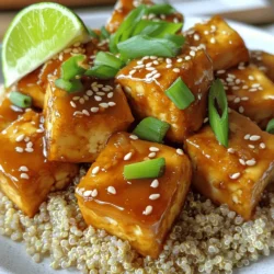 Um honigglasierten Sesamtofu zuzubereiten, brauchen Sie: - 1 Block (400 g) fester Tofu, gepresst und abgetropft - 3 Esslöffel Honig - 2 Esslöffel Sojasauce - 1 Esslöffel Sesamöl - 1 Esslöffel Reisessig - 2 Knoblauchzehen, fein gehackt - 1 Teelöffel frischer Ingwer, gerieben - 2 Esslöffel Sesamkörner - 3 Frühlingszwiebeln, in Ringe geschnitten - Gekochter Reis oder Quinoa (zum Servieren) Diese Zutaten ergeben ein Gericht, das süß, salzig und herzhaft ist. Tofu ist die Hauptzutat. Er nimmt die Aromen gut auf. Bei der Auswahl der Zutaten empfehle ich frischen Tofu. Er sollte fest und gut gepresst sein. Hochwertiger Honig ist wichtig für den Geschmack. Verwenden Sie eine gute Sojasauce und frischen Ingwer. Diese Zutaten machen den Unterschied. Achten Sie auch auf frische Frühlingszwiebeln. Sie geben dem Gericht Farbe und Frische. Honigglasierten Sesamtofu liefert viele Nährstoffe. Tofu ist eine tolle Proteinquelle. Es enthält auch Eisen und Kalzium. Honig gibt Ihnen Energie und hat Antioxidantien. Sesamkörner fügen gesunde Fette hinzu. Sie sind reich an Vitaminen und Mineralien. Dies macht das Gericht nahrhaft und lecker. Es ist eine gesunde Wahl für jede Mahlzeit. Zuerst musst du den Tofu vorbereiten. Nimm einen Block festen Tofu (400 g) und presse ihn gut. Tupfe ihn dann mit einem Küchenpapier trocken. Das hilft, die Knusprigkeit beim Braten zu erhalten. Schneide den Tofu in gleich große Würfel. So garen sie gleichmäßig und werden schön knusprig. Jetzt kommt der Spaß mit der Marinade. In einer Schüssel vermische 3 Esslöffel Honig, 2 Esslöffel Sojasauce und 1 Esslöffel Sesamöl. Füge 1 Esslöffel Reisessig, 2 fein gehackte Knoblauchzehen und 1 Teelöffel geriebenen Ingwer hinzu. Verquirle alles gut, bis die Zutaten gut vermischt sind. Diese Marinade gibt dem Tofu seinen tollen Geschmack. Erhitze eine Pfanne bei mittlerer Hitze. Röste 2 Esslöffel Sesamkörner für 2-3 Minuten, bis sie goldbraun sind. Nimm sie dann aus der Pfanne. Gib einen Schuss Sesamöl in die Pfanne und lege die Tofuwürfel in einer Schicht hinein. Brate sie 4-5 Minuten auf jeder Seite, bis sie goldbraun sind. Gieße die Marinade über den Tofu und lasse ihn 5-7 Minuten garen. Wende ihn dabei gelegentlich. Wenn die Sauce eindickt, ist der Tofu perfekt glasiert. Nimm die Pfanne vom Herd und bestreue den Tofu mit den gerösteten Sesamkörnern und geschnittenen Frühlingszwiebeln. Serviere ihn warm auf gekochtem Reis oder Quinoa. Um den Tofu knusprig zu machen, drücken Sie den Tofu gut aus. Schneiden Sie ihn dann in gleichmäßige Würfel. Tupfen Sie die Würfel mit Küchenpapier trocken. So entfernen Sie überschüssige Feuchtigkeit. Braten Sie den Tofu in einer einzigen Schicht an. Vermeiden Sie es, die Pfanne zu überfüllen. So bekommt jeder Würfel die Hitze, die er braucht. Für eine leckere Marinade mischen Sie Honig, Sojasauce, Sesamöl und Reisessig gut. Achten Sie darauf, den Knoblauch und den Ingwer fein zu hacken. Diese Zutaten geben der Marinade viel Geschmack. Lassen Sie die Marinade einige Minuten ruhen, damit sich die Aromen voll entfalten. Wenn die Marinade leicht eindickt, haftet sie besser am Tofu. Präsentieren Sie den Tofu schön auf einem flachen Teller. Streuen Sie die gerösteten Sesamkörner und die Frühlingszwiebeln darüber. Ein Limettenkeil an der Seite bringt frische Aromen. Das sieht nicht nur toll aus, sondern schmeckt auch besser. Servieren Sie den Tofu auf einem Bett aus gekochtem Reis oder Quinoa. So wird Ihr Gericht noch sättigender und leckerer. {{image_4}} Wenn du eine vegane Version von honigglasiertem Sesamtofu machen möchtest, kannst du den Honig ersetzen. Nutze stattdessen Ahornsirup oder Agavendicksaft. Beide Süßungsmittel geben deinem Tofu eine ähnliche Süße und einen tollen Geschmack. Für die Sojasauce achte auf eine glutenfreie Variante, wenn du auf Gluten verzichten möchtest. Du kannst auch die Sesamkörner durch andere Nüsse oder Samen ersetzen. Zum Beispiel schmecken geröstete Erdnüsse oder Sonnenblumenkerne gut. Wenn du kein Sesamöl hast, nimm einfach Olivenöl. Es hat einen anderen Geschmack, passt aber auch gut. Reisessig kann durch Apfelessig ersetzt werden, wenn du ihn nicht zur Hand hast. Dieser Tofu passt wunderbar zu vielen Beilagen. Serviere ihn auf einem Bett aus gekochtem Reis oder Quinoa. Gemüse wie Brokkoli oder Karotten harmonieren auch gut. Du kannst sie einfach dünsten oder anbraten. Ein frischer Salat mit Gurken und Karotten bringt eine knusprige Note dazu. Wenn du es würziger magst, füge etwas Sriracha oder Chiliöl hinzu. Um die Reste von honigglasiertem Sesamtofu richtig zu lagern, lege sie in einen luftdichten Behälter. Achte darauf, dass der Tofu vollständig abgekühlt ist, bevor du ihn verpackst. So bleibt er frisch und lecker. Du kannst den Behälter im Kühlschrank aufbewahren. Dort bleibt der Tofu für bis zu drei Tage genießbar. Wenn du den Tofu wieder aufwärmen möchtest, benutze eine Pfanne. Erhitze sie bei mittlerer Hitze und füge einen kleinen Schuss Öl hinzu. Lege die Tofustücke hinein und brate sie für einige Minuten. So werden sie wieder knusprig. Du kannst auch die Mikrowelle verwenden, aber das Ergebnis wird nicht so knusprig sein. Erwärme den Tofu in der Mikrowelle für 1-2 Minuten. Die Zutaten für honigglasierten Sesamtofu haben unterschiedliche Haltbarkeiten. Fester Tofu hält sich im Kühlschrank etwa eine Woche, wenn er ungeöffnet ist. Honig und Sojasauce sind fast unbegrenzt haltbar. Reisessig sollte ebenfalls lange halten, solange die Flasche dicht ist. Frische Zutaten wie Knoblauch und Ingwer halten sich im Kühlschrank etwa eine Woche. Achte darauf, sie gut zu lagern, damit sie frisch bleiben. Um honigglasierten Sesamtofu vegan zu machen, ersetzen Sie den Honig. Verwenden Sie Agavendicksaft oder Ahornsirup. Diese Alternativen bieten eine ähnliche Süße und Geschmack. Mischen Sie die Zutaten wie gewohnt. Der Rest des Rezepts bleibt gleich. Genießen Sie Ihre vegane Version! Ja, Sie können diesen Tofu im Voraus zubereiten. Bereiten Sie den Tofu und die Marinade wie beschrieben vor. Braten Sie den Tofu an, aber lassen Sie ihn unglasiert. Lagern Sie ihn in einem luftdichten Behälter im Kühlschrank. Wenn Sie bereit sind zu essen, glasieren Sie ihn einfach vor dem Servieren. Honigglasierten Sesamtofu können Sie mit verschiedenen Beilagen servieren. Gekochter Reis oder Quinoa sind perfekte Optionen. Auch gedünstetes Gemüse wie Brokkoli oder Karotten passen gut dazu. Ein frischer Salat kann ebenfalls eine gute Ergänzung sein. Probieren Sie es aus und finden Sie Ihre Lieblingskombination! Honigglasierten Sesamtofu zuzubereiten ist einfach und lecker. Wir haben die besten Zutaten, eine Schritt-für-Schritt-Anleitung und nützliche Tipps behandelt. Du kannst den Tofu nach deinem Geschmack anpassen und kreativ sein. Bewahre Reste richtig auf und erwärme sie einfach. Mit einem vegetarischen oder veganen Ansatz hast du viele Optionen. Es gibt zahlreiche Beilagen, die gut dazu passen. Probiere es aus und genieße diese gesunde Mahlzeit!