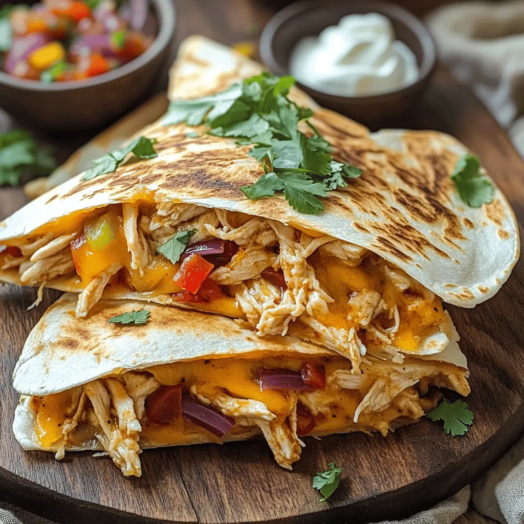 Um köstliche Spicy Chipotle Chicken Quesadillas zuzubereiten, benötigen Sie die folgenden Hauptzutaten: - 2 Hähnchenbrustfilets, gekocht und zerkleinert - 1 Tasse geriebener Käse (Cheddar oder Monterey Jack) - 1/4 Tasse Chipotle-Paprika in Adobosauce, gehackt - 1 kleine rote Zwiebel, dünn geschnitten - 1 Paprika (beliebige Farbe), in Streifen geschnitten - 2 Knoblauchzehen, fein gehackt - 4 große Weizentortillas - 2 Esslöffel Olivenöl - Salz und Pfeffer nach Geschmack - Frischer Koriander, gehackt (zum Garnieren) - Sauerrahm und Salsa (zum Servieren) Käse ist wichtig für die Quesadillas. Ich empfehle, Cheddar oder Monterey Jack zu verwenden. Diese Käsesorten schmelzen gut und geben einen tollen Geschmack. Sie können auch eine Mischung aus beiden Käsesorten verwenden, um den Geschmack zu intensivieren. Sie können die Quesadillas nach Ihrem Geschmack anpassen. Fügen Sie zum Beispiel Zucchini oder Spinat hinzu. Auch Pilze passen gut. Experimentieren Sie mit Gemüse, das Sie mögen. So wird jedes Gericht einzigartig und lecker! Zuerst schneiden wir das Gemüse. Nehmen Sie eine kleine rote Zwiebel und schneiden Sie sie dünn. Dann nehmen Sie eine Paprika, jede Farbe ist in Ordnung, und schneiden Sie sie in Streifen. Diese Zutaten werden unseren Quesadillas mehr Geschmack geben. Erhitzen Sie 1 Esslöffel Olivenöl in einer Pfanne bei mittlerer Hitze. Fügen Sie die Zwiebel und Paprika hinzu und braten Sie sie für etwa 5-7 Minuten. Rühren Sie oft, bis das Gemüse weich wird. Fügen Sie 2 fein gehackte Knoblauchzehen in die Pfanne und braten Sie alles für 1-2 Minuten. So wird der Knoblauch aromatisch. Nehmen Sie das Gemüse dann aus der Pfanne und stellen Sie es beiseite. Jetzt machen wir die Hähnchenfüllung. Geben Sie das zerkleinerte Hähnchen in dieselbe Pfanne. Nutzen Sie 2 Hähnchenbrustfilets, die bereits gekocht sind. Fügen Sie 1/4 Tasse gehackte Chipotle-Paprika in Adobosauce hinzu. Diese Paprika geben den Quesadillas einen tollen Kick! Würzen Sie die Mischung mit Salz und Pfeffer. Kochen Sie alles bei mittlerer Hitze für 3-4 Minuten. Rühren Sie gut um, bis das Hähnchen heiß ist und die Chipotlesauce gut verteilt ist. Danach nehmen Sie die Pfanne vom Herd. Jetzt wird es spannend! Nehmen Sie 4 große Weizentortillas. Legen Sie eine Tortilla in die Pfanne bei mittlerer Hitze. Streuen Sie eine Schicht Käse, etwa 1 Tasse geriebenen Käse, auf die halbe Tortilla. Dann fügen Sie einen Teil der Hähnchenmischung und das gebratene Gemüse hinzu. Bestreuen Sie die Füllung mit einer weiteren Schicht Käse. Falten Sie die Tortilla vorsichtig in der Mitte. Braten Sie die Quesadilla für etwa 3-4 Minuten, bis die Unterseite goldbraun ist. Wenden Sie die Quesadilla vorsichtig und braten Sie die andere Seite für weitere 3-4 Minuten. Wiederholen Sie den Vorgang mit den restlichen Tortillas und der Füllung. Sobald alle Quesadillas fertig sind, nehmen Sie sie aus der Pfanne und lassen Sie sie eine Minute abkühlen. Schneiden Sie sie dann in Keile. Garnieren Sie die Quesadillas mit frisch gehacktem Koriander. Genießen Sie sie mit Sauerrahm und Salsa! Um den perfekten Geschmack zu erzielen, verwende frische Gewürze. Chipotle-Paprika ist stark, also beginne mit einer kleinen Menge. Du kannst nach Belieben mehr hinzufügen. Mische auch etwas Limettensaft für eine frische Note. Frischer Koriander bringt zusätzliche Aromen. Probiere es aus, um deinen persönlichen Geschmack zu finden. Der Käse ist der Star in deinen Quesadillas. Verwende Käse, der gut schmilzt, wie Cheddar oder Monterey Jack. Lege die Käse-Schicht direkt auf die Tortilla. Die Hitze sollte nicht zu hoch sein. So schmilzt der Käse gleichmäßig und wird herrlich cremig. Wende die Quesadilla vorsichtig, damit der Käse nicht herausquillt. Ein häufiger Fehler ist, die Quesadillas zu überfüllen. Zu viel Füllung macht es schwer, sie zu wenden. Halte die Füllung in Maßen. Achte darauf, dass die Pfanne heiß, aber nicht zu heiß ist. So bleibt der Teig knusprig und die Füllung bleibt heiß. Lass die Quesadillas nach dem Braten kurz ruhen. So bleiben sie frisch und warm. {{image_4}} Wenn Sie eine fleischfreie Option möchten, probieren Sie vegetarische Chipotle Quesadillas. Ersetzen Sie das Hähnchen durch schwarze Bohnen oder gerösteten Blumenkohl. Diese Zutaten bieten tolle Textur und Geschmack. Fügen Sie auch mehr Gemüse hinzu, wie Zucchini oder Spinat, um die Quesadillas noch gesünder zu machen. Um die Quesadillas zu variieren, fügen Sie mehr Zutaten hinzu. Bohnen sind eine gute Wahl. Sie machen die Füllung reichhaltiger und sättigender. Avocado bringt eine cremige Textur und einen frischen Geschmack. Sie können auch Mais oder Jalapeños für zusätzliche Schärfe verwenden. Diese Zutaten passen gut zur Chipotle-Paprika. Spielen Sie mit verschiedenen Gewürzen, um Ihre Quesadillas zu verfeinern. Paprika, Kreuzkümmel oder Oregano können einen neuen Geschmack bringen. Wenn Sie es richtig würzig mögen, probieren Sie Cayennepfeffer oder geräucherten Paprika. Diese Gewürze verleihen Ihren Quesadillas Tiefe und Komplexität. Experimentieren Sie und finden Sie Ihre Lieblingskombination! Um die Reste der Spicy Chipotle Chicken Quesadillas gut aufzubewahren, lassen Sie sie zuerst abkühlen. Legen Sie die Quesadillas dann in einen luftdichten Behälter. Sie können sie bis zu drei Tage im Kühlschrank lagern. Achten Sie darauf, dass der Behälter gut verschlossen ist, um die Frische zu bewahren. Um die Quesadillas wieder aufzuwärmen, verwenden Sie eine Pfanne. Heizen Sie die Pfanne auf mittlerer Hitze. Legen Sie die Quesadilla hinein und braten Sie sie für etwa 2-3 Minuten pro Seite. So bleibt die Quesadilla knusprig und der Käse schmilzt gut. Vermeiden Sie die Mikrowelle, da dies die Quesadillas weich macht. Wenn Sie Quesadillas einfrieren möchten, lassen Sie sie vorher vollständig abkühlen. Wickeln Sie jede Quesadilla in Frischhaltefolie. Legen Sie sie dann in einen gefrierfesten Beutel oder Behälter. So können Sie die Quesadillas bis zu zwei Monate aufbewahren. Zum Auftauen legen Sie sie einfach im Kühlschrank über Nacht. Um Spicy Chipotle Chicken Quesadillas zu machen, benötigst du einige einfache Schritte. Zuerst brate Zwiebel und Paprika in Olivenöl. Füge dann Knoblauch hinzu und brate alles kurz an. Danach gib das zerkleinerte Hähnchen und die Chipotle-Paprika in die Pfanne. Würze alles gut mit Salz und Pfeffer. Lege eine Tortilla in die Pfanne, streue Käse darauf und füge die Hähnchenmischung hinzu. Bedecke alles mit einer weiteren Schicht Käse und falte die Tortilla. Brate sie dann auf beiden Seiten goldbraun. Wiederhole den Vorgang für die restlichen Tortillas. Zu diesen Quesadillas passen viele leckere Beilagen. Sauerrahm und Salsa sind sehr beliebt. Auch frischer Koriander gibt einen schönen Geschmack. Du kannst dazu auch Guacamole servieren. Ein frischer Salat mit Limetten-Vinaigrette ergänzt das Gericht gut. Einige mögen auch ein paar Nachos mit Käse. Diese geben einen zusätzlichen crunchigen Biss. Ja, du kannst die Quesadillas auch im Ofen machen! Heize den Ofen auf 200 Grad Celsius vor. Lege die gefüllten Tortillas auf ein Backblech. Backe sie dann etwa 10-15 Minuten, bis sie goldbraun sind. Das Backen im Ofen macht die Quesadillas gleichmäßig knusprig. Du kannst auch mehr Käse drauflegen, um sie noch leckerer zu machen. Die Zutaten für Spicy Chipotle Chicken Quesadillas sind einfach und lecker. Du kannst verschiedenen Käse und Gemüse verwenden. Die Schritt-für-Schritt-Anleitung macht es leicht, sie zuzubereiten. Denk an die Tipps, um den Geschmack zu verbessern und Fehler zu vermeiden. Variationen wie vegetarische Optionen bringen Abwechslung. Reste sind einfach aufzubewahren und zu essen. Kurz gesagt, diese Quesadillas sind vielseitig und köstlich. Probiere sie selbst aus und genieße jede Biss!
