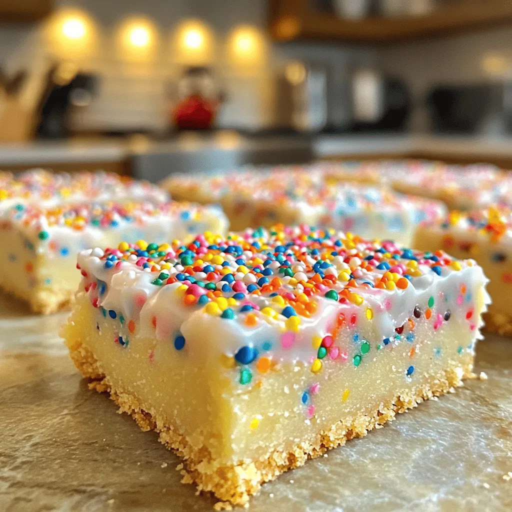 Um die besten Funfetti Zuckerkekse Riegel zu machen, brauchst du folgende Hauptzutaten: - 2 ½ Tassen Allzweckmehl - 1 ½ Teelöffel Backpulver - ½ Teelöffel Natron - ½ Teelöffel Salz - ¾ Tasse ungesalzene Butter, weich - 1 Tasse Kristallzucker - ½ Tasse brauner Zucker, fest gepackt - 2 große Eier - 2 Teelöffel Vanilleextrakt - 1 Tasse Streuseln (Jimmies oder Konfetti-Stil) Diese Zutaten geben den Riegeln ihren süßen Geschmack und die tolle Farbe. Wenn du die Riegel noch besser machen willst, kannst du etwas Zuckerguss hinzufügen. Hier ist, was du brauchst: - Optional: 1 Tasse Zuckerguss für das Topping - Weitere Streusel für das Finish Der Zuckerguss bringt extra Süße und Spaß. Die zusätzlichen Streusel machen sie schön bunt. Bei der Auswahl der Zutaten achte auf folgende Punkte: - Butter: Verwende ungesalzene Butter für den besten Geschmack. Sie sorgt für eine weiche Textur. - Zucker: Mischungen aus Kristallzucker und braunem Zucker geben den Riegeln die perfekte Süße und Feuchtigkeit. - Streusel: Wähle bunte Streusel, die gut in die Mischung passen. Jimmies sind klassisch und halten ihre Form. - Eier: Frische Eier helfen, die beste Konsistenz zu erreichen. Mit diesen Zutaten machst du die besten Funfetti Zuckerkekse Riegel. Sie sind einfach und lecker! Bevor du beginnst, heize deinen Ofen auf 175°C vor. Nimm eine 9x13 Zoll große Backform. Fette die Form gut ein oder lege sie mit Backpapier aus. Das macht das Herausnehmen der Riegel leicht. In einer mittelgroßen Schüssel vermenge das Allzweckmehl, Backpulver, Natron und Salz. Stelle diese Mischung beiseite. Nimm nun eine große Rührschüssel. Schlage die weich gemachte Butter mit Kristallzucker und braunem Zucker. Mische alles für etwa 2-3 Minuten. Die Mischung soll leicht und luftig sein. Füge die Eier einzeln hinzu und rühre kräftig. Danach kommt der Vanilleextrakt dazu. Mische alles gut. Gib jetzt die trockenen Zutaten nach und nach zur Butter-Zucker-Mischung. Rühre, bis alles gerade so kombiniert ist. Achte darauf, nicht zu lange zu mixen. Jetzt kommen die Streusel! Hebe sie vorsichtig unter den Teig. So verteilen sie sich gleichmäßig. Verteile den Teig in der Backform. Glätte die Oberfläche mit einem Spatel. Schiebe die Backform in den vorgeheizten Ofen. Backe die Riegel 20-25 Minuten. Die Ränder sollen goldbraun sein und die Mitte fest. Prüfe mit einem Zahnstocher. Er sollte sauber herauskommen oder mit ein paar feuchten Krümeln bedeckt sein. Lass die Riegel 10 Minuten in der Form abkühlen. Danach lege sie auf ein Kuchengitter, um vollständig abzukühlen. Wenn du magst, kannst du Zuckerguss darauf streichen und mit weiteren Streuseln dekorieren. Das sieht festlich aus! Ein häufiger Fehler ist, die Zutaten nicht richtig abzuwiegen. Verwende eine Küchenwaage für exakte Mengen. Achte darauf, die Butter weich zu machen, aber nicht zu schmelzen. Übermixen kann die Kekse hart machen. Mische die trockenen und nassen Zutaten nur, bis sie gerade verbunden sind. Die perfekte Konsistenz ist wichtig für weiche, leckere Riegel. Achte darauf, dass der Teig nicht zu trocken ist. Er sollte leicht klebrig sein. Wenn der Teig zu fest erscheint, füge einen Esslöffel Milch hinzu. Nach dem Backen sollten die Riegel leicht golden sein, aber in der Mitte noch weich. Du kannst die Streusel variieren, um eigene Farben oder Geschmäcker zu kreieren. Probiere Schokoladenstückchen oder Nüsse für einen anderen Twist. Du kannst auch den Zuckerguss weglassen, wenn du es einfacher magst. Experimentiere mit verschiedenen Extrakten wie Mandel- oder Zitronenaroma für mehr Vielfalt. {{image_4}} Du kannst diese Riegel ganz einfach glutenfrei machen. Nutze einfach eine glutenfreie Mehlmischung. Achte darauf, dass die Mischung gut bindet. So bleibt die Textur perfekt. Der Rest des Rezepts bleibt gleich. Du wirst die bunten Streusel lieben, die die Riegel so fröhlich machen. Um diese Riegel vegan zu machen, ersetze die Eier durch Apfelmus oder Leinsamen. Verwende vegane Butter anstelle von normaler Butter. Achte darauf, dass die Streusel ebenfalls vegan sind. Diese Änderungen machen die Riegel lecker und pflanzenbasiert. Du wirst überrascht sein, wie gut sie schmecken! Du kannst das Rezept anpassen, um verschiedene Geschmäcker zu erzielen. Füge Schokoladenstückchen oder Nüsse hinzu. Probiere auch Aromen wie Mandel- oder Zitronenextrakt aus. Diese kleinen Änderungen bringen Abwechslung und Spaß in deine Funfetti Zuckerkekse Riegel. Jeder Biss wird zum Erlebnis! Um die Frische deiner Funfetti Zuckerkekse Riegel zu bewahren, folge diesen einfachen Schritten: - Lasse die Riegel vor dem Lagern vollständig abkühlen. - Lege die Riegel in einen luftdichten Behälter. - Trenne die Riegel mit Backpapier, damit sie nicht zusammenkleben. Das richtige Lagern hilft, die Feuchtigkeit zu halten und die Kekse frisch zu halten. Die Haltbarkeit hängt davon ab, wo du die Riegel lagerst: - Im Kühlschrank halten die Riegel etwa 1 Woche. - Im Gefrierschrank bleiben sie bis zu 3 Monate frisch. Wenn du die Riegel im Gefrierschrank aufbewahrst, kannst du sie portionsweise einfrieren. So hast du immer einen leckeren Snack bereit! Falls die Riegel nach ein paar Tagen etwas trocken werden, kannst du sie leicht auffrischen: - Lege einen Apfel oder ein Stück Brot in den Behälter. Diese geben Feuchtigkeit ab. - Du kannst die Riegel auch kurz in der Mikrowelle erwärmen. 10-15 Sekunden sind genug. Diese Tipps helfen dir, die Riegel frisch und köstlich zu genießen! Die Riegel brauchen etwa 10 Minuten, um in der Form abzukühlen. Danach lege sie auf ein Kuchengitter. Dort sollten sie weitere 20 Minuten abkühlen. So haben sie die perfekte Textur. Ja, die Riegel können gut eingefroren werden. Schneide sie in Stücke, wenn sie ganz abgekühlt sind. Wickel jedes Stück in Frischhaltefolie und lege sie in einen Gefrierbeutel. So bleiben sie frisch und lecker. Du kannst sie bis zu drei Monate im Gefrierraum lagern. Für Funfetti Zuckerkekse sind Jimmies oder Konfetti-Streusel ideal. Sie bringen Farbe und Freude in die Riegel. Du kannst auch andere Farben wählen, um spezielle Anlässe zu feiern. Achte darauf, dass die Streusel backfest sind, damit sie beim Backen schön aussehen. Um die perfekten Funfetti Zuckerkekse Riegel zu backen, haben wir die Hauptzutaten, zusätzliche Toppings und wichtige Tipps besprochen. Ich habe auch erklärt, wie man häufige Fehler vermeidet und die Konsistenz anpasst. Außerdem stellte ich verschiedene Variationen vor, z.B. glutenfrei und vegan. Denke daran, die Riegel richtig zu lagern, um die Frische zu bewahren. Mit diesen Tipps bist du gut gerüstet, um leckere Zuckerkekse Riegel zu machen. Viel Spaß beim Backen und Genießen!