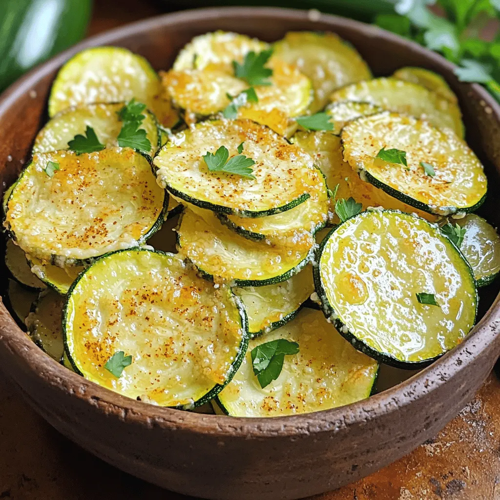 Für die Zucchini-Chips brauche ich: - 2 mittelgroße Zucchini, dünn geschnitten - 1 Esslöffel Olivenöl - 1/2 Tasse geriebener Parmesankäse Diese Zutaten sind einfach zu finden. Zucchini sind frisch, knackig und perfekt für Chips. Der Parmesan gibt den Chips ihren tollen Geschmack und die goldene Farbe. Ich verwende die folgenden Gewürze: - 1 Teelöffel Knoblauchpulver - 1 Teelöffel Zwiebelpulver - 1/2 Teelöffel geräuchertes Paprikapulver - Salz und Pfeffer nach Geschmack Diese Gewürze machen die Chips würzig und lecker. Das Olivenöl hilft, dass die Gewürze gut haften und die Chips knusprig werden. Für dieses Rezept brauche ich eine Luftfritteuse. Sie ist einfach zu bedienen und macht die Chips schnell knusprig. Ein Schneidebrett und ein scharfes Messer sind auch wichtig, um die Zucchini dünn zu schneiden. Ein großer Schüssel hilft beim Mischen der Zutaten. Zuerst waschen Sie die Zucchini gut. Entfernen Sie die Enden. Schneiden Sie die Zucchini in dünne Scheiben, etwa 3 mm dick. Mögen Sie längere Chips? Schneiden Sie sie der Länge nach in Streifen. So haben Sie eine gute Basis für die Chips. In einer kleinen Schüssel mischen Sie die Gewürze. Geben Sie 1 Teelöffel Knoblauchpulver, 1 Teelöffel Zwiebelpulver und 1/2 Teelöffel geräuchertes Paprikapulver hinein. Fügen Sie eine Prise Salz und Pfeffer hinzu. Rühren Sie die Mischung gut um, bis alles gleichmäßig verteilt ist. Gießen Sie 1 Esslöffel Olivenöl über die geschnittenen Zucchini. Mischen Sie alles, damit das Öl gut verteilt ist. Streuen Sie die Gewürzmischung über die Zucchini und vermengen Sie sie erneut. Jetzt kommt der Parmesan. Geben Sie 1/2 Tasse geriebenen Parmesankäse dazu und mischen Sie vorsichtig. Heizen Sie Ihre Luftfritteuse auf 190°C vor. Legen Sie die Zucchini in einer einzigen Schicht in den Korb. Frittieren Sie die Chips für 10-12 Minuten. Überprüfen Sie sie nach 5 Minuten. Schütteln Sie den Korb, damit die Chips gleichmäßig garen. Nach dem Frittieren nehmen Sie die Chips heraus und lassen sie auf einem Kuchengitter abkühlen. Um die besten Zucchini-Chips zu machen, achten Sie auf die Dicke. Schneiden Sie die Zucchini in dünne Scheiben, etwa 3 mm dick. Dünnere Scheiben werden knuspriger. Verwenden Sie auch das richtige Öl, Olivenöl ist ideal. Es hilft, die Gewürze und den Käse gut zu binden. Vorheizen der Luftfritteuse ist wichtig. Stellen Sie sicher, dass sie auf 190°C (375°F) ist. Legen Sie die Chips in einer einzigen Schicht hinein. Überfüllung kann die Knusprigkeit beeinträchtigen. Ein häufiger Fehler ist, die Zucchini nicht gut zu trocknen. Nach dem Waschen sollten Sie sie gründlich abtrocknen. Feuchtigkeit macht die Chips weich. Ein weiterer Fehler ist zu viel Öl. Ein Esslöffel reicht aus, um den Geschmack zu verbessern, ohne die Chips zu durchweichen. Überprüfen Sie die Chips während des Frittierens. Schütteln Sie den Korb nach der Hälfte der Zeit. So wird alles gleichmäßig gar. Für eine tolle Präsentation, verwenden Sie frische Petersilie und extra Parmesan. Streuen Sie beides über die Chips, wenn sie fertig sind. Das sieht nicht nur gut aus, sondern schmeckt auch besser. Servieren Sie die Chips in einer kleinen Schüssel oder auf einem schönen Teller. Ein Schälchen Marinara oder Ranch-Dressing dazu macht das Snack-Erlebnis noch besser. Diese Tipps helfen Ihnen, Ihre Zucchini-Chips knusprig und lecker zu genießen! {{image_4}} Du kannst die Gewürze anpassen, um neue Geschmäcker zu erkunden. Verwende zum Beispiel: - 1 Teelöffel italienische Kräuter - 1 Teelöffel Kreuzkümmel - 1/2 Teelöffel Cayennepfeffer für etwas Hitze Mit diesen Alternativen erhältst du eine ganz neue Note. Experimentiere mit den Mengen, um deinen perfekten Geschmack zu finden. Zucchini sind nicht die einzige Wahl. Du kannst auch andere Gemüsesorten nutzen. Probiere diese Optionen aus: - Auberginen, dünn geschnitten - Karotten, in feine Stifte geschnitten - Süßkartoffeln, in dünne Scheiben geschnitten Jede Gemüsesorte bringt ihren eigenen Geschmack mit. Achte darauf, die Garzeit anzupassen, da einige Gemüse länger brauchen. Wenn du keinen Parmesan magst, gibt es viele andere Käseoptionen. Hier sind einige Vorschläge: - Feta für einen salzigen Kick - Cheddar für mehr Geschmack - Veganer Käse für eine pflanzliche Option Jede Käseart verleiht den Chips eine unterschiedliche Note. Wähle den Käse, der dir am besten gefällt, und genieße die Vielfalt. Um die Zucchini-Chips frisch zu halten, lagere sie in einem luftdichten Behälter. Ein Glasbehälter ist ideal. Lege ein Papiertuch in den Behälter, um Feuchtigkeit zu absorbieren. Das hält die Chips knusprig und lecker. Vermeide es, sie in Plastiktüten zu lagern, da das die Knusprigkeit mindert. Zucchini-Chips bleiben bei richtiger Lagerung etwa 3 bis 5 Tage frisch. Nach dieser Zeit können sie weich werden. Um die Knusprigkeit wiederherzustellen, heize den Backofen auf 180°C. Lege die Chips auf ein Backblech und backe sie 5 bis 10 Minuten. Dies bringt die Knusprigkeit zurück. Du kannst die Zucchini-Chips im Voraus zubereiten. Frittier sie und lass sie abkühlen. Bewahre sie dann in einem luftdichten Behälter auf. So hast du einen schnellen Snack für später. Wenn du Gäste hast, sind sie ein toller Snack. Das Frittieren der Zucchini-Chips dauert nur 10 bis 12 Minuten. Diese kurze Zeit reicht, um sie goldbraun und knusprig zu machen. Achte darauf, den Korb nach der Hälfte der Zeit zu schütteln. So garen die Chips gleichmäßig. Ja, du kannst frische Zucchini verwenden. Achte darauf, dass sie fest und glänzend sind. Frische Zucchini gibt den Chips einen tollen Geschmack und die richtige Textur. Wasche sie gut und schneide sie in dünne Scheiben für das beste Ergebnis. Die Zucchini-Chips schmecken super mit verschiedenen Dips. Ich empfehle marinara Sauce oder Ranch-Dressing. Diese Dips ergänzen den Knoblauch- und Parmesan-Geschmack perfekt. Du kannst auch Joghurt-Dips oder Guacamole ausprobieren. Zusammengefasst sind Knoblauch-Parmesan Zucchini Chips einfach und lecker. Wir haben die besten Zutaten, die Zubereitung, Tipps und viele Variationen besprochen. Diese Chips sind knusprig und passen gut als Snack oder Beilage. Du kannst sie in der Luftfritteuse schnell machen und sogar mit anderen Gemüsesorten experimentieren. Denke daran, sie richtig zu lagern, damit sie frisch bleiben. Jetzt bist du bereit, deine eigenen Chips zu kreieren und zu genießen!