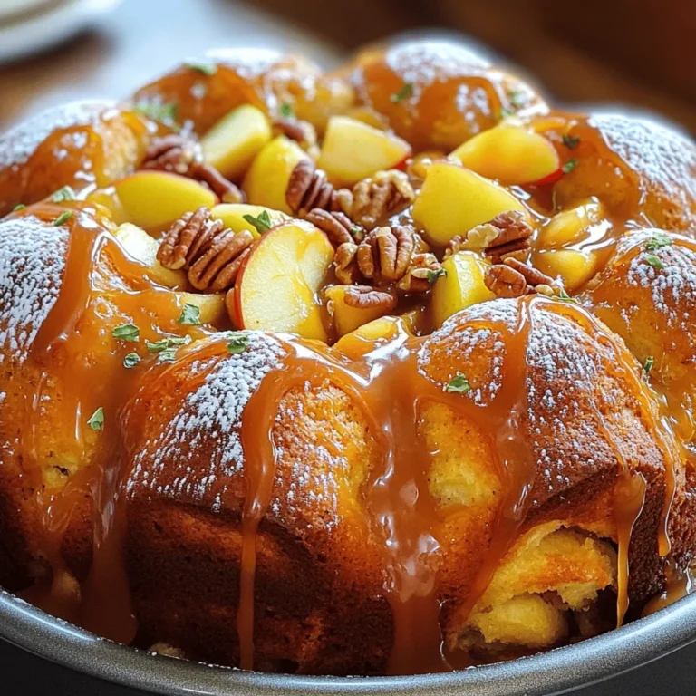 Für dein Karamell-Apfel-Monkey Bread brauchst du diese Hauptzutaten: - 3 Dosen Kühlschrank-Teig für Backwaren (Biskuits) - 200 g Zucker - 2 Teelöffel gemahlener Zimt - 115 g ungesalzene Butter, geschmolzen - 200 g brauner Zucker, gepackt - 3 mittelgroße Äpfel, geschält und gewürfelt (am besten Granny Smith) - 1 Teelöffel Vanilleextrakt - 125 g gehackte Pekannüsse (optional) - 240 ml Karamellsauce Diese Zutaten machen dein Monkey Bread so lecker. Der Biskuitteig sorgt für eine fluffige Textur. Die Äpfel bringen Frische und Süße. Karamellsauce und Zimt verleihen dem Ganzen einen tollen Geschmack. Zusätzlich kannst du Pekannüsse verwenden. Diese Nüsse geben dir einen knackigen Biss. Sie sind auch nahrhaft und enthalten gesunde Fette. Du kannst auch einen Schuss Vanilleextrakt hinzufügen. Dieser gibt deinem Monkey Bread einen feinen Duft. Wenn du keine Pekannüsse magst, kannst du Walnüsse nehmen. Diese passen ebenfalls gut zu Äpfeln. Du könntest auch einen anderen Apfeltyp verwenden, wie Fuji oder Honeycrisp. Diese Äpfel sind auch süß und lecker. Für einen besonderen Twist kannst du Trockenfrüchte wie Rosinen oder Cranberries beifügen. Bevor du mit dem Backen beginnst, gibt es einige wichtige Schritte. Heize deinen Ofen auf 175°C vor. Das sorgt dafür, dass das Monkey Bread gleichmäßig backt. Fette eine 25 cm große Bundt-Form mit Antihaftspray oder Butter ein. So bleibt das Brot nicht kleben und lässt sich leicht lösen. 1. In einer mittleren Schüssel vermischst du den Zucker mit dem gemahlenen Zimt. Rühre gut, bis beide Zutaten gleichmäßig vermengt sind. 2. Öffne die Dosen mit dem Biskuitteig. Schneide jeden Biskuit in Viertel. Das hilft, sie gleichmäßig zu backen. 3. Gib die viertelierten Biskuits in die Zimt-Zucker-Mischung. Wende sie vorsichtig, damit sie gut beschichtet sind. 4. In einer separaten Schüssel mischst du die gewürfelten Äpfel mit Pekannüssen und dem Vanilleextrakt. Diese Mischung bringt einen tollen Geschmack. 5. Schichte die Hälfte der beschichteten Biskuitstücke gleichmäßig auf den Boden der Bundt-Form. 6. Verteile die Apfelmischung gleichmäßig über die erste Schicht der Biskuitteile. 7. Setze die verbleibenden Biskuitstücke darauf. 8. In einem kleinen Topf vermenge die geschmolzene Butter und den braunen Zucker bei geringer Hitze. Gieße die Mischung gleichmäßig über die Schichten. 9. Träufle die Karamellsauce oberhalb des Monkey Breads. Das sorgt für einen süßen Abschluss. 10. Backe das Monkey Bread im vorgeheizten Ofen für 35-40 Minuten. Es sollte goldbraun und durchgebacken sein. 11. Lass das Monkey Bread etwa 10 Minuten auskühlen. Danach kannst du es auf einen Servierteller stürzen. Achte darauf, dass dein Monkey Bread goldbraun ist. Wenn es zu schnell bräunt, decke es mit Alufolie ab. Lass es nicht zu lange im Ofen, da es sonst trocken werden kann. Teste mit einem Zahnstocher, ob es durch ist. Wenn der Zahnstocher sauber herauskommt, ist es fertig! Ein häufiger Fehler ist, den Biskuitteig zu groß zu schneiden. Schneide die Stücke in gleichmäßige Viertel. So backt das Monkey Bread gleichmäßiger. Ein weiterer Fehler ist, die Apfelmischung nicht gut zu verteilen. Achte darauf, die Äpfel gleichmäßig über die Biskuitstücke zu legen. Das sorgt für einen tollen Geschmack in jedem Bissen. Um eine gleichmäßige Backung zu erzielen, heize deinen Ofen gut vor. Backe das Monkey Bread immer in der Mitte des Ofens. Wenn du es auf einer anderen Ebene backst, kann die Hitze ungleichmäßig sein. Benutze eine Bundt-Form, damit die Hitze gut zirkulieren kann. So wird alles gleichmäßig goldbraun. Für die Präsentation träufle mehr Karamellsauce über das Monkey Bread. Das macht es süßer und ansprechender. Garniere die Scheiben mit Puderzucker und Apfelscheiben. Das sieht toll aus und bringt frische Aromen. Serviere das Monkey Bread warm, damit der Karamell schön flüssig bleibt. So schmeckt es am besten! {{image_4}} Du kannst dieses Monkey Bread ganz nach deinem Geschmack anpassen. Wenn du die Apfelstücke magst, probiere auch Birnen. Sie geben einen süßen, saftigen Biss. Für einen schokoladigen Kick kannst du Schokoladenstückchen hinzufügen. Wenn du Nüsse nicht magst, lass sie einfach weg oder ersetze sie durch Trockenfrüchte. Die Möglichkeiten sind endlos. Du kannst Pflaumen, Kirschen oder sogar Beeren verwenden. Diese Früchte bringen frische Aromen. Wenn du Nüsse magst, probiere Mandeln oder Walnüsse. Sie bieten einen tollen Crunch und eine andere Textur. Wenn du weniger süß magst, reduziere den Zucker. Du kannst auch Honig oder Agavendicksaft verwenden. Diese Alternativen geben einen anderen Geschmack. Für mehr Karamellgeschmack, füge extra Karamellsauce hinzu. Experimentiere, um das perfekte Gleichgewicht für deinen Gaumen zu finden. Nach dem Backen ist die richtige Lagerung wichtig. Lass das Monkey Bread zuerst abkühlen. Dann lege es in einen luftdichten Behälter. So bleibt die Feuchtigkeit drin. Du kannst es auch mit Frischhaltefolie abdecken. Achte darauf, dass der Deckel nicht zu fest sitzt. Zu viel Luft kann das Brot trocken machen. Im Kühlschrank hält sich dein Monkey Bread bis zu einer Woche. Stelle sicher, dass der Behälter gut verschlossen ist. Wenn du das Monkey Bread länger aufbewahren möchtest, friere es ein. Schneide es in Scheiben, bevor du es einfrierst. Wickel jede Scheibe in Frischhaltefolie. Lege sie dann in einen Gefrierbeutel. So hast du die Portionen griffbereit. Im Gefrierschrank bleibt es bis zu drei Monate frisch. Um das Monkey Bread wieder aufzuwärmen, nimm eine Scheibe heraus. Heize den Ofen auf 150°C vor. Lege die Scheibe auf ein Backblech und wärme sie etwa 10 Minuten auf. So bleibt sie knusprig und lecker. Du kannst auch die Mikrowelle nutzen. Erwärme die Scheibe für 15 bis 20 Sekunden. Achte darauf, dass sie nicht zu trocken wird. Wenn du magst, träufle etwas Karamellsauce darüber. Das macht es noch köstlicher! Ja, du kannst das Rezept im Voraus zubereiten. Bereite das Monkey Bread bis zu dem Punkt vor, an dem du es in den Ofen schieben würdest. Decke die Bundt-Form gut ab und stelle sie in den Kühlschrank. Du kannst es bis zu einem Tag im Voraus machen. Am Backtag nimmst du es einfach heraus, lässt es etwas warm werden und backst es dann. So sparst du Zeit, wenn Gäste kommen! Das Rezept enthält viele Zutaten wie Zucker, Butter und Biskuitteig. Daher ist es nicht glutenfrei oder vegan. Du kannst jedoch einige Zutaten anpassen. Verwende glutenfreien Biskuitteig für eine glutenfreie Version. Für eine vegane Option kannst du pflanzliche Butter und einen geeigneten Zuckeraustausch verwenden. Achte auf die Zutaten, um sicherzustellen, dass sie für deine Bedürfnisse passen. Monkey Bread bleibt frisch, wenn du es richtig lagerst. Du kannst es in einem luftdichten Behälter im Kühlschrank bis zu drei Tage aufbewahren. Wenn du es länger aufbewahren möchtest, friere es ein. In einem Gefrierbeutel hält es sich bis zu drei Monate. Zum Aufwärmen kannst du es im Ofen oder in der Mikrowelle leicht erwärmen, um die Frische zu erhalten. Karamell-Apfel-Monkey Bread ist lecker und einfach zu machen. Wir haben die besten Zutaten, Schritt-für-Schritt-Anleitungen und Tipps erklärt. Du kannst Variationen ausprobieren und es perfekt aufbewahren. Denke daran, häufige Fehler zu vermeiden, um das beste Ergebnis zu erzielen. Mit den richtigen Techniken wird es immer gut gelingen. Experimentiere mit neuen Geschmäckern, um es noch spannender zu machen. Jetzt bist du bereit, dein Karamell-Apfel-Monkey Bread zu genießen!