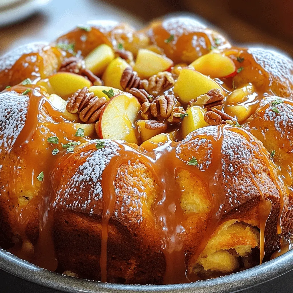 Für dein Karamell-Apfel-Monkey Bread brauchst du diese Hauptzutaten: - 3 Dosen Kühlschrank-Teig für Backwaren (Biskuits) - 200 g Zucker - 2 Teelöffel gemahlener Zimt - 115 g ungesalzene Butter, geschmolzen - 200 g brauner Zucker, gepackt - 3 mittelgroße Äpfel, geschält und gewürfelt (am besten Granny Smith) - 1 Teelöffel Vanilleextrakt - 125 g gehackte Pekannüsse (optional) - 240 ml Karamellsauce Diese Zutaten machen dein Monkey Bread so lecker. Der Biskuitteig sorgt für eine fluffige Textur. Die Äpfel bringen Frische und Süße. Karamellsauce und Zimt verleihen dem Ganzen einen tollen Geschmack. Zusätzlich kannst du Pekannüsse verwenden. Diese Nüsse geben dir einen knackigen Biss. Sie sind auch nahrhaft und enthalten gesunde Fette. Du kannst auch einen Schuss Vanilleextrakt hinzufügen. Dieser gibt deinem Monkey Bread einen feinen Duft. Wenn du keine Pekannüsse magst, kannst du Walnüsse nehmen. Diese passen ebenfalls gut zu Äpfeln. Du könntest auch einen anderen Apfeltyp verwenden, wie Fuji oder Honeycrisp. Diese Äpfel sind auch süß und lecker. Für einen besonderen Twist kannst du Trockenfrüchte wie Rosinen oder Cranberries beifügen. Bevor du mit dem Backen beginnst, gibt es einige wichtige Schritte. Heize deinen Ofen auf 175°C vor. Das sorgt dafür, dass das Monkey Bread gleichmäßig backt. Fette eine 25 cm große Bundt-Form mit Antihaftspray oder Butter ein. So bleibt das Brot nicht kleben und lässt sich leicht lösen. 1. In einer mittleren Schüssel vermischst du den Zucker mit dem gemahlenen Zimt. Rühre gut, bis beide Zutaten gleichmäßig vermengt sind. 2. Öffne die Dosen mit dem Biskuitteig. Schneide jeden Biskuit in Viertel. Das hilft, sie gleichmäßig zu backen. 3. Gib die viertelierten Biskuits in die Zimt-Zucker-Mischung. Wende sie vorsichtig, damit sie gut beschichtet sind. 4. In einer separaten Schüssel mischst du die gewürfelten Äpfel mit Pekannüssen und dem Vanilleextrakt. Diese Mischung bringt einen tollen Geschmack. 5. Schichte die Hälfte der beschichteten Biskuitstücke gleichmäßig auf den Boden der Bundt-Form. 6. Verteile die Apfelmischung gleichmäßig über die erste Schicht der Biskuitteile. 7. Setze die verbleibenden Biskuitstücke darauf. 8. In einem kleinen Topf vermenge die geschmolzene Butter und den braunen Zucker bei geringer Hitze. Gieße die Mischung gleichmäßig über die Schichten. 9. Träufle die Karamellsauce oberhalb des Monkey Breads. Das sorgt für einen süßen Abschluss. 10. Backe das Monkey Bread im vorgeheizten Ofen für 35-40 Minuten. Es sollte goldbraun und durchgebacken sein. 11. Lass das Monkey Bread etwa 10 Minuten auskühlen. Danach kannst du es auf einen Servierteller stürzen. Achte darauf, dass dein Monkey Bread goldbraun ist. Wenn es zu schnell bräunt, decke es mit Alufolie ab. Lass es nicht zu lange im Ofen, da es sonst trocken werden kann. Teste mit einem Zahnstocher, ob es durch ist. Wenn der Zahnstocher sauber herauskommt, ist es fertig! Ein häufiger Fehler ist, den Biskuitteig zu groß zu schneiden. Schneide die Stücke in gleichmäßige Viertel. So backt das Monkey Bread gleichmäßiger. Ein weiterer Fehler ist, die Apfelmischung nicht gut zu verteilen. Achte darauf, die Äpfel gleichmäßig über die Biskuitstücke zu legen. Das sorgt für einen tollen Geschmack in jedem Bissen. Um eine gleichmäßige Backung zu erzielen, heize deinen Ofen gut vor. Backe das Monkey Bread immer in der Mitte des Ofens. Wenn du es auf einer anderen Ebene backst, kann die Hitze ungleichmäßig sein. Benutze eine Bundt-Form, damit die Hitze gut zirkulieren kann. So wird alles gleichmäßig goldbraun. Für die Präsentation träufle mehr Karamellsauce über das Monkey Bread. Das macht es süßer und ansprechender. Garniere die Scheiben mit Puderzucker und Apfelscheiben. Das sieht toll aus und bringt frische Aromen. Serviere das Monkey Bread warm, damit der Karamell schön flüssig bleibt. So schmeckt es am besten! {{image_4}} Du kannst dieses Monkey Bread ganz nach deinem Geschmack anpassen. Wenn du die Apfelstücke magst, probiere auch Birnen. Sie geben einen süßen, saftigen Biss. Für einen schokoladigen Kick kannst du Schokoladenstückchen hinzufügen. Wenn du Nüsse nicht magst, lass sie einfach weg oder ersetze sie durch Trockenfrüchte. Die Möglichkeiten sind endlos. Du kannst Pflaumen, Kirschen oder sogar Beeren verwenden. Diese Früchte bringen frische Aromen. Wenn du Nüsse magst, probiere Mandeln oder Walnüsse. Sie bieten einen tollen Crunch und eine andere Textur. Wenn du weniger süß magst, reduziere den Zucker. Du kannst auch Honig oder Agavendicksaft verwenden. Diese Alternativen geben einen anderen Geschmack. Für mehr Karamellgeschmack, füge extra Karamellsauce hinzu. Experimentiere, um das perfekte Gleichgewicht für deinen Gaumen zu finden. Nach dem Backen ist die richtige Lagerung wichtig. Lass das Monkey Bread zuerst abkühlen. Dann lege es in einen luftdichten Behälter. So bleibt die Feuchtigkeit drin. Du kannst es auch mit Frischhaltefolie abdecken. Achte darauf, dass der Deckel nicht zu fest sitzt. Zu viel Luft kann das Brot trocken machen. Im Kühlschrank hält sich dein Monkey Bread bis zu einer Woche. Stelle sicher, dass der Behälter gut verschlossen ist. Wenn du das Monkey Bread länger aufbewahren möchtest, friere es ein. Schneide es in Scheiben, bevor du es einfrierst. Wickel jede Scheibe in Frischhaltefolie. Lege sie dann in einen Gefrierbeutel. So hast du die Portionen griffbereit. Im Gefrierschrank bleibt es bis zu drei Monate frisch. Um das Monkey Bread wieder aufzuwärmen, nimm eine Scheibe heraus. Heize den Ofen auf 150°C vor. Lege die Scheibe auf ein Backblech und wärme sie etwa 10 Minuten auf. So bleibt sie knusprig und lecker. Du kannst auch die Mikrowelle nutzen. Erwärme die Scheibe für 15 bis 20 Sekunden. Achte darauf, dass sie nicht zu trocken wird. Wenn du magst, träufle etwas Karamellsauce darüber. Das macht es noch köstlicher! Ja, du kannst das Rezept im Voraus zubereiten. Bereite das Monkey Bread bis zu dem Punkt vor, an dem du es in den Ofen schieben würdest. Decke die Bundt-Form gut ab und stelle sie in den Kühlschrank. Du kannst es bis zu einem Tag im Voraus machen. Am Backtag nimmst du es einfach heraus, lässt es etwas warm werden und backst es dann. So sparst du Zeit, wenn Gäste kommen! Das Rezept enthält viele Zutaten wie Zucker, Butter und Biskuitteig. Daher ist es nicht glutenfrei oder vegan. Du kannst jedoch einige Zutaten anpassen. Verwende glutenfreien Biskuitteig für eine glutenfreie Version. Für eine vegane Option kannst du pflanzliche Butter und einen geeigneten Zuckeraustausch verwenden. Achte auf die Zutaten, um sicherzustellen, dass sie für deine Bedürfnisse passen. Monkey Bread bleibt frisch, wenn du es richtig lagerst. Du kannst es in einem luftdichten Behälter im Kühlschrank bis zu drei Tage aufbewahren. Wenn du es länger aufbewahren möchtest, friere es ein. In einem Gefrierbeutel hält es sich bis zu drei Monate. Zum Aufwärmen kannst du es im Ofen oder in der Mikrowelle leicht erwärmen, um die Frische zu erhalten. Karamell-Apfel-Monkey Bread ist lecker und einfach zu machen. Wir haben die besten Zutaten, Schritt-für-Schritt-Anleitungen und Tipps erklärt. Du kannst Variationen ausprobieren und es perfekt aufbewahren. Denke daran, häufige Fehler zu vermeiden, um das beste Ergebnis zu erzielen. Mit den richtigen Techniken wird es immer gut gelingen. Experimentiere mit neuen Geschmäckern, um es noch spannender zu machen. Jetzt bist du bereit, dein Karamell-Apfel-Monkey Bread zu genießen!