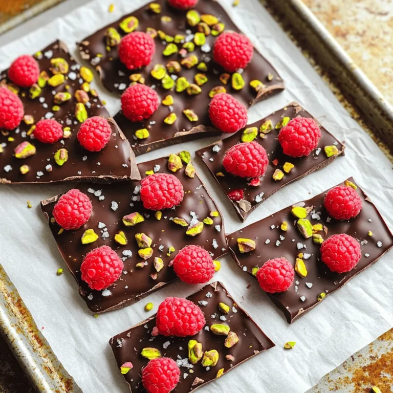 - 1 Tasse dunkle Schokoladendrops (70 % Kakao oder höher) - 1 Tasse frische Himbeeren, gründlich gewaschen und getrocknet - 1 Esslöffel Kokosöl (optional, für eine geschmeidigere Schokolade) - 1/4 Tasse gehackte Pistazien (oder Nüsse deiner Wahl) - Meersalz, zum Bestreuen Die Hauptzutat ist dunkle Schokolade. Wähle Schokolade mit mindestens 70 % Kakao. So erhältst du einen reichen Geschmack. Himbeeren bringen Frische und eine leichte Säure. Sie harmonieren perfekt mit der Schokolade. Kokosöl macht die Schokolade glatter und einfacher zu verteilen. Pistazien fügen einen knackigen Biss hinzu. - Weiße Schokolade, um einen Kontrast zu schaffen - Mandeln oder Walnüsse statt Pistazien - Zimt oder Vanille für zusätzlichen Geschmack Mit diesen Optionen kannst du die Rinde anpassen. Weiße Schokolade sorgt für visuelle und geschmackliche Abwechslung. Mandeln und Walnüsse bringen unterschiedliche Texturen und Aromen. Zimt und Vanille verleihen eine warme Note. Wähle hochwertige Zutaten. Schokolade mit 70 % Kakao oder mehr hat weniger Zucker. Sie hat einen intensiveren Geschmack und mehr Antioxidantien. Frische Himbeeren sind wichtig für den besten Geschmack. Achte darauf, dass sie reif sind. Sie sollten fest und saftig sein. Bei Nüssen achte auf die Frische. Ranzige Nüsse können den Geschmack ruinieren. Zuerst nimmst du eine mikrowellengeeignete Schüssel. Gib die dunklen Schokoladendrops hinein. Wenn du magst, füge einen Esslöffel Kokosöl hinzu. Das Öl macht die Schokolade schön geschmeidig. Erwärme die Schokolade in der Mikrowelle. Stelle die Mikrowelle auf 30 Sekunden ein. Rühre die Schokolade nach jedem Intervall gut um. Achte darauf, dass sie vollständig geschmolzen und glatt ist. Jetzt ist es Zeit für das Backblech. Nimm ein Backblech und lege es mit Backpapier aus. Das Papier hilft, die Schokolade später leicht zu lösen. Du willst keine Schokolade verschwenden. Achte darauf, dass das Papier gut am Blech haftet und nicht verrutscht. Jetzt kommt der spannende Teil! Gieße die geschmolzene Schokolade auf das Backblech. Verwende einen Spatel, um die Schokolade gleichmäßig zu verteilen. Sie sollte etwa 1/4 Zoll dick sein. Lege nun vorsichtig die frischen Himbeeren auf die Schokolade. Achte darauf, dass sie gleichmäßig verteilt sind. Danach streue die gehackten Pistazien darüber. Drücke sie leicht in die Schokolade, damit sie gut haften. Zum Schluss bestreue die Rinde mit etwas Meersalz. Das gibt einen tollen Geschmackskontrast. Stelle das Backblech nun in den Kühlschrank. Lass die Rinde mindestens eine Stunde fest werden. Wenn sie fest ist, kannst du sie in Stücke brechen. Bewahre die Rinde in einem luftdichten Behälter auf, bis du sie servierst. Um eine glatte Schokolade zu erhalten, schmelze die Schokoladendrops langsam. Ich empfehle, die Mikrowelle in 30-Sekunden-Intervallen zu nutzen. Rühre die Schokolade zwischen den Intervallen gut um. Das Kokosöl hilft, die Schokolade geschmeidiger zu machen. Wenn du es hinzufügst, wird die Rinde noch besser. Verwende frische Himbeeren, die gut gewaschen und trocken sind. So bleibt die Rinde knusprig. Lege die Himbeeren gleichmäßig auf die Schokolade. Drücke sie leicht hinein, damit sie gut haften. Du kannst auch gefrorene Himbeeren verwenden, aber frisch ist immer besser. Die Präsentation macht viel aus. Breche die Rinde in gleichmäßige Stücke. Lege sie auf eine schöne Platte. Garniere sie mit frischen Himbeeren und Minzeblättern. Dies sieht nicht nur toll aus, sondern gibt auch einen frischen Geschmack. Stelle sicher, dass die Rinde gut gekühlt ist, bevor du sie servierst. {{image_4}} Du kannst andere Früchte in die Schokoladenrinde einfügen. Erdbeeren, Blaubeeren oder sogar getrocknete Früchte sind tolle Optionen. Diese Früchte bringen ihre eigenen Geschmäcker und Farben. Wenn du eine Mischung machst, wird es noch bunter. Achte darauf, die Früchte gut zu waschen und zu trocknen. So bleibt die Schokolade schön glatt. Wenn du keine Pistazien magst, probiere andere Nüsse. Mandeln oder Walnüsse passen gut. Auch Sonnenblumenkerne sind eine gute Wahl für den Crunch. Du kannst die Nüsse leicht rösten, um den Geschmack zu intensivieren. Achte darauf, die Nüsse klein zu hacken. So verteilen sie sich besser in der Schokolade. Es ist spannend, verschiedene Schokoladensorten zu testen. Du kannst Vollmilchschokolade verwenden, wenn du es süßer magst. Weiße Schokolade gibt der Rinde eine andere Note. Dunkle Schokolade hat den besten Geschmack, wenn du es herzhaft magst. Misch die Schokoladen für einen interessanten Geschmack. So wird jede Rinde einzigartig und lecker. Lagere die Himbeer Dunkle Schokoladenrinde in einem luftdichten Behälter. Halte die Rinde fern von Licht und Wärme. Der Kühlschrank ist der beste Ort. So bleibt die Schokolade fest und frisch. Achte darauf, dass der Behälter gut verschlossen ist. Im Kühlschrank bleibt die Rinde bis zu zwei Wochen frisch. Die Schokolade kann ihre Textur verlieren, wenn sie zu lange liegt. Überprüfe die Rinde regelmäßig auf Frische. Wenn sie trocken oder brüchig aussieht, ist es Zeit, sie zu entsorgen. Bereite die Rinde am besten einen Tag vor der Party zu. So hat sie genügend Zeit, fest zu werden. Lagere die Rinde im Kühlschrank bis zur Feier. Du kannst sie auch in kleine Stücke brechen. So ist sie einfach zu servieren. Garniere die Stücke kurz vor dem Servieren mit frischen Himbeeren und Minze. Die Zubereitung dauert etwa 15 Minuten. Die Schokoladenrinde muss dann im Kühlschrank mindestens eine Stunde kühlen. So wird sie fest und lecker. Insgesamt brauchst du also etwa 1 Stunde und 15 Minuten für das gesamte Rezept. Ja, du kannst die Schokolade im Voraus schmelzen. Schmelze sie einfach und lasse sie abkühlen. Bewahre die geschmolzene Schokolade in einem luftdichten Behälter auf, bis du bereit bist, die Rinde zu machen. Achte darauf, sie nicht zu lange stehen zu lassen, damit sie nicht fest wird. Die Himbeer-Dunkle Schokoladenrinde kann vegan sein, wenn du vegane Schokoladendrops verwendest. Die anderen Zutaten sind von Natur aus vegan und glutenfrei. Achte darauf, dass die Nüsse und die Schokolade keine Zusatzstoffe enthalten. So kannst du sicher sein, dass deine Rinde für alle geeignet ist. Die Himbeer-Dunkle Schokoladenrinde ist einfach und lecker. Wir haben die Hauptzutaten und optionale Zutaten besprochen. Ich habe erklärt, wie man die Schokolade schmilzt und die Rinde zubereitet. Tipps für die perfekte Konsistenz und Präsentation helfen dir weiter. Variationen mit anderen Früchten und Schokoladen sorgen für Vielfalt. Die richtigen Lagerbedingungen halten die Rinde frisch. Denke daran, dass du sie einfach und schnell zubereiten kannst. Genieße deine köstliche Schokoladenrinde bei der nächsten Feier!