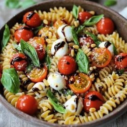 - 225 g Fusilli oder Penne Pasta - 250 g Kirschtomaten, halbiert - 250 g frische Mozzarellakugeln (Bocconcini) - 125 g frische Basilikumblätter, grob zerrissen - 3 Esslöffel extra natives Olivenöl - 2 Esslöffel Balsamico-Glasur - 1 Knoblauchzehe, fein gehackt - Salz und Pfeffer nach Geschmack Die Hauptzutaten sind einfach und frisch. Die Pasta bringt einen herzhaften Biss. Kirschtomaten geben viel Saft. Mozzarella sorgt für Cremigkeit. Basilikum bringt den Duft des Sommers. Olivenöl und Balsamico machen das Dressing lecker. - 30 g Pinienkerne, geröstet Pinienkerne fügen Crunch hinzu. Sie schmecken nussig und süß. Man kann sie einfach in einer Pfanne rösten. Das bringt mehr Aroma in den Salat. Die Nährwerte können variieren. Pasta liefert Kohlenhydrate für Energie. Kirschtomaten sind reich an Vitaminen. Mozzarella bringt Eiweiß und Kalzium. Basilikum hat Antioxidantien. Das Olivenöl enthält gesunde Fette. Wenn du Pinienkerne hinzufügst, bekommst du mehr Nährstoffe. Jede Zutat bringt nicht nur Geschmack, sondern auch Gesundheit. So wird dieser Salat zu einer leckeren und nahrhaften Wahl. Bringe einen großen Topf mit reichlich Wasser zum Kochen. Füge Salz hinzu, damit die Pasta Geschmack bekommt. Gib die Fusilli oder Penne Pasta ins Wasser. Koche sie nach den Anweisungen auf der Verpackung, bis sie al dente sind. Dies dauert in der Regel 8 bis 10 Minuten. Gieße die Pasta ab und spüle sie kurz mit kaltem Wasser ab. So stoppst du den Garprozess und die Pasta bleibt bissfest. Nimm eine große Schüssel und gib die halbierten Kirschtomaten hinein. Diese bringen frische Süße. Füge auch die Mozzarellakugeln und die grob zerrissenen Basilikumblätter hinzu. Den gehackten Knoblauch kannst du jetzt auch dazugeben. Vermenge die Zutaten gut, damit sich die Aromen verbinden. In einer kleinen Schüssel vermischst du das Olivenöl und die Balsamico-Glasur. Diese geben dem Salat einen schönen Glanz. Füge Salz und Pfeffer nach Geschmack hinzu. Rühre alles gut um, bis du eine homogene Mischung hast. Schmecke das Dressing ab und passe es nach Belieben an. Jetzt ist es Zeit, die abgekühlte Pasta hinzuzufügen. Gib sie in die Schüssel mit den Tomaten und Mozzarella. Gieße das Dressing darüber und hebe alles vorsichtig unter. So wird jede Pasta mit Geschmack umhüllt. Wenn du geröstete Pinienkerne verwendest, streue sie jetzt über den Salat. Sie geben einen schönen Crunch. Lass den Pasta-Salat für etwa 15 bis 30 Minuten im Kühlschrank stehen. So können sich die Aromen richtig entfalten. Du kannst ihn auch sofort servieren, wenn du es eilig hast. Richte den Salat in einer großen Schüssel an. Ein zusätzlicher Tropfen Balsamico-Glasur macht ihn noch schöner. Garnieren mit ganzen Basilikumblättern und frisch geriebenem Parmesan sieht toll aus. Um die beste Pasta zu machen, gehe wie folgt vor: - Koche die Pasta in einem großen Topf mit viel Wasser. - Füge genügend Salz hinzu, damit die Pasta Geschmack bekommt. - Koche die Pasta al dente, also bissfest. - Spüle die Pasta nach dem Kochen mit kaltem Wasser ab, um das Kochen zu stoppen. Diese Schritte sorgen für eine perfekte Basis für deinen Salat. Um den Geschmack deines Salats zu verbessern: - Verwende frische, reife Kirschtomaten für Süße und Saftigkeit. - Wähle hochwertige Mozzarella, am besten aus Büffelmilch. - Zerrisse die Basilikumblätter, damit sie ihr volles Aroma entfalten. - Lass den Salat nach dem Mischen im Kühlschrank ruhen. So vereinen sich die Aromen. Diese Tipps helfen dir, jeden Bissen zu einem Genuss zu machen. Die Präsentation ist wichtig für den Genuss. Hier sind einige Ideen: - Serviere den Salat in einer großen, schönen Schüssel. - Träufle etwas Balsamico-Glasur über den Salat, um ihn glänzend zu machen. - Garnieren mit frischen Basilikumblättern und geriebenem Parmesan sieht toll aus. - Füge die gerösteten Pinienkerne zum Schluss hinzu, damit sie knusprig bleiben. Eine schöne Präsentation macht das Essen noch besser. {{image_4}} Wenn du den Salat mit einer vegetarischen Option machst, bleib bei Mozzarella. Für Veganer empfehle ich, die Mozzarella-Kugeln durch vegane Käsealternativen zu ersetzen. Diese Produkte sind oft auf Basis von Nüssen oder Soja. Sie bieten einen ähnlichen Geschmack und eine tolle Textur. Außerdem kannst du frische Avocado hinzufügen. Sie bringt einen cremigen Geschmack, der sehr gut passt. Käse ist der Star in diesem Salat. Neben Mozzarella kannst du auch Burrata ausprobieren. Burrata hat eine weichere Füllung, die super cremig ist. Feta-Käse ist eine weitere gute Wahl. Er hat einen salzigen Geschmack, der toll mit Tomaten harmoniert. Parmesan kann ebenfalls verwendet werden, um dem Salat eine nussige Note zu geben. Mische verschiedene Käsesorten für mehr Geschmack. Um den Salat nahrhafter zu machen, füge Hühnchen oder Kichererbsen hinzu. Gegrilltes Hühnchen passt gut zu den frischen Aromen. Für eine pflanzliche Option sind Kichererbsen toll. Sie bringen Protein und Ballaststoffe. Du kannst auch Paprika oder Gurken hinzufügen. Diese Gemüsesorten sorgen für Knackigkeit. Experimentiere mit diesen Variationen, um deinen perfekten Tomato Basil Caprese Pasta Salad zu kreieren! Um den Tomaten-Basilikum Caprese Pasta Salat frisch zu halten, lege ihn in einen luftdichten Behälter. So bleibt der Salat knackig und die Aromen intensiv. Vermeide es, den Salat mit Dressing zu mischen, bevor du ihn lagerst. Das Dressing kann die Pasta matschig machen. Im Kühlschrank hält sich der Salat bis zu drei Tage. Nach dieser Zeit kann der Geschmack nachlassen. Die Tomaten und Mozzarella können weich werden. Achte darauf, ihn in der kältesten Zone deines Kühlschranks zu lagern. Wenn du den Salat servieren möchtest, aber er etwas trocken geworden ist, füge einen Spritzer Olivenöl oder Balsamico-Glasur hinzu. Das bringt die Aromen zurück. Wenn du ihn aufwärmen willst, denke daran, dass der Salat frisch serviert am besten schmeckt. Erwärme die Pasta nur leicht, wenn nötig. Der Caprese Pasta Salat hält sich gut im Kühlschrank. Du kannst ihn bis zu drei Tage lagern. Stelle sicher, dass du ihn in einem luftdichten Behälter aufbewahrst. So bleibt er frisch und lecker. Ja, du kannst andere Kräuter verwenden. Petersilie oder Schnittlauch passen gut. Du kannst auch Oregano oder Thymian ausprobieren. Diese Kräuter bringen eigene Aromen und machen den Salat spannend. Ja, der Salat ist gesund. Er enthält frisches Gemüse, gesunde Fette und Proteine. Die Tomaten liefern wichtige Vitamine. Mozzarella gibt dir Kalzium. Insgesamt ist der Salat eine gute Wahl für eine ausgewogene Ernährung. Ja, du kannst glutenfreie Pasta verwenden. Es gibt viele Sorten aus Reis oder Linsen. Achte darauf, die Kochzeit zu prüfen. Die Textur kann anders sein, aber der Geschmack bleibt köstlich. Das Rezept hat italienische Wurzeln. Caprese-Salat ist ein berühmtes Gericht aus Italien. Es kombiniert frische Zutaten wie Tomaten und Basilikum. In dieser Pasta-Version haben wir die klassischen Aromen beibehalten. Dieser Blogbeitrag gab Ihnen wertvolle Einblicke in die Zubereitung eines köstlichen Caprese Pasta Salats. Wir haben die Haupt- und optionalen Zutaten besprochen, die Zubereitung Schritt für Schritt erklärt und nützliche Tipps zur Perfektionierung und Präsentation gegeben. Sie können kreative Variationen ausprobieren und den Salat richtig lagern. Denken Sie daran, diesen Salat frisch zu halten, um das Beste aus seinem Geschmack herauszuholen. Genießen Sie Ihre eigene Version und teilen Sie sie mit Freunden!