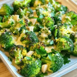 - 2 Köpfe Brokkoli, in Röschen geteilt - 4 Knoblauchzehen, fein gehackt - ½ Tasse geriebener Parmesan-Käse Brokkoli ist die Hauptzutat. Er bietet eine tolle Textur und viele Nährstoffe. Knoblauch bringt einen intensiven Geschmack. Sein Aroma hebt das Gericht auf ein neues Level. Parmesan-Käse sorgt für die perfekte Cremigkeit. Er schmilzt schön und gibt Umami. - 3 Esslöffel Olivenöl - ½ Teelöffel rote Chiliflocken (optional für Schärfe) - Salz und Pfeffer nach Geschmack Olivenöl macht den Brokkoli zart. Es hilft auch beim Röstprozess. Chiliflocken geben einen kleinen Kick. Sie sind optional, aber sehr empfehlenswert. Salz und Pfeffer sind Grundgewürze. Sie bringen alle Aromen zusammen. - Abrieb von 1 Zitrone - 1 Esslöffel frischer Zitronensaft - 2 Esslöffel gehackte frische Petersilie (zum Garnieren) Zitronenabrieb bringt Frische. Der Saft fügt Säure hinzu und hebt den Geschmack. Petersilie ist ein schöner Farbklecks. Sie sorgt für eine frische Note und sieht toll aus. Diese Aromen machen das Gericht lebendig und einladend. Heize deinen Ofen auf 220°C (425°F) vor. Diese hohe Temperatur sorgt dafür, dass der Brokkoli schön knusprig wird. Stelle sicher, dass du ein Backblech mit Backpapier auslegst. So bleibt nichts kleben und die Reinigung wird einfacher. Nimm zwei Köpfe Brokkoli und teile sie in kleine Röschen. Diese sollten gleich groß sein, damit sie gleichmäßig garen. In einer großen Schüssel vermische die Brokkoli-Röschen mit vier fein gehackten Knoblauchzehen, drei Esslöffeln Olivenöl, und einer Prise Salz und Pfeffer. Optional kannst du auch ½ Teelöffel rote Chiliflocken hinzufügen, wenn du es etwas schärfer magst. Mische alles gut, bis der Brokkoli gleichmäßig mit der Marinade bedeckt ist. Verteile die vorbereitete Brokkoli-Mischung gleichmäßig auf dem Backblech. Röste den Brokkoli im vorgeheizten Ofen für etwa 15-20 Minuten. Achte darauf, dass die Ränder knusprig werden und der Brokkoli zart bleibt. Nach 15 Minuten schaue nach, ob er bereits gut aussieht. Nimm das Backblech aus dem Ofen. Während der Brokkoli noch heiß ist, streue ½ Tasse geriebenen Parmesan über die Röschen. Das sorgt für einen tollen Geschmack. Gib das Blech dann für weitere 3-5 Minuten zurück in den Ofen. Der Käse sollte schmelzen und leicht sprudelnd sein. Nach dem Backen kannst du frischen Zitronensaft darüber träufeln und mit Zitronenabrieb sowie gehackter Petersilie garnieren. Um den Brokkoli perfekt zu rösten, heize deinen Ofen auf 220°C vor. Diese hohe Temperatur bringt den Brokkoli zum Glänzen. Röste ihn 15 bis 20 Minuten. Achte darauf, dass die Ränder knusprig werden. Wenn du mehr Knusprigkeit willst, verlängere die Zeit um ein paar Minuten. Du kannst dem Brokkoli neue Geschmäcker geben. Füge frische Kräuter wie Thymian oder Rosmarin hinzu. Diese Kräuter passen gut zu Knoblauch und Parmesan. Für einen scharfen Kick sind Chiliflocken ideal. Experimentiere mit diesen Zutaten und finde deine Lieblinge. Die Anrichtung macht viel aus. Verwende eine große, flache Schüssel. Platziere den Brokkoli in der Mitte. Streue den Parmesan gleichmäßig darüber. Füge die Zitronenzesten und Petersilie obenauf für Farbe hinzu. Ein Spritzer frischer Zitronensaft rundet alles ab. So sieht dein Gericht nicht nur gut aus, es schmeckt auch besser. {{image_4}} Du kannst den gerösteten Knoblauch-Parmesan-Brokkoli leicht abändern. Karotten sind eine süße Ergänzung. Blumenkohl passt auch gut dazu. Teile die Karotten in dünne Stifte. Für den Blumenkohl schneide ihn in kleine Röschen. Mische alles mit dem Brokkoli. Die Zubereitung bleibt gleich. Du kannst auch Paprika oder Zucchini verwenden. Diese Gemüsesorten geben Farbe und Geschmack. Wenn du vegan essen möchtest, gibt es tolle Alternativen. Nutze einen Käseersatz aus Nüssen oder Hefeflocken. Diese Produkte bieten einen ähnlichen Geschmack. Verwende Olivenöl wie im Originalrezept. Achte darauf, dass die restlichen Zutaten vegan sind. Du kannst auch einen Spritzer Sojasauce für mehr Umami hinzufügen. So bleibt der Geschmack intensiv und lecker. Für alle, die es scharf mögen, gibt es einfache Möglichkeiten. Füge mehr rote Chiliflocken hinzu. Du kannst auch frische Jalapeños verwenden. Diese kannst du fein hacken und mit dem Brokkoli mischen. Für einen extra Kick, probiere eine scharfe Sauce. Sriracha oder eine andere scharfe Sauce passt gut. Diese Variationen bringen Abwechslung auf den Tisch. Wie lange hält sich der Brokkoli? Gerösteter Knoblauch-Parmesan-Brokkoli bleibt im Kühlschrank etwa drei bis vier Tage frisch. Lagern Sie ihn in einem luftdichten Behälter. So bleibt der Geschmack erhalten. Tipps für die richtige Lagerung: Wenn Sie den Brokkoli länger aufbewahren möchten, frieren Sie ihn ein. Lassen Sie den Brokkoli zuerst abkühlen. Teilen Sie ihn in Portionen und legen Sie ihn in Gefrierbeutel. Achten Sie darauf, die Luft herauszudrücken. So bleibt er bis zu drei Monate gut. Methoden zum Aufwärmen des Gerichts: Um den Brokkoli wieder warm zu machen, nutzen Sie den Ofen oder die Mikrowelle. Im Ofen backen Sie ihn bei 180°C für etwa 10 Minuten. In der Mikrowelle reicht eine Minute bei hoher Leistung. Fügen Sie frischen Parmesan hinzu, um den Geschmack aufzufrischen. Um Brokkoli perfekt zu rösten, heizen Sie den Ofen auf 220°C vor. Rösten Sie den Brokkoli für 15-20 Minuten. Wenden Sie den Brokkoli nach der Hälfte der Zeit, um eine gleichmäßige Röstung zu erreichen. Achten Sie darauf, dass die Ränder leicht knusprig werden. Das gibt einen tollen Geschmack. Ja, frischer Knoblauch bringt viel Geschmack. Er hat einen scharfen, würzigen Geschmack. Wenn Sie frischen Knoblauch verwenden, hacken Sie ihn fein. So verteilt sich der Geschmack besser. Ein Nachteil ist, dass frischer Knoblauch schneller verbrennen kann. Sehen Sie also gut nach, während der Brokkoli röstet. Gerösteter Knoblauch-Parmesan-Brokkoli passt gut zu vielen Gerichten. Servieren Sie ihn mit gegrilltem Hähnchen oder Fisch. Er passt auch gut zu Reis oder Quinoa. Für einen vegetarischen Genuss, kombinieren Sie ihn mit Pasta. Brokkoli ist eine tolle Ergänzung zu jeder Mahlzeit. Zusammenfassend haben wir die besten Zutaten für gerösteten Brokkoli betrachtet. Wir haben gelernt, wie man ihn perfekt zubereitet und variieren kann. Tipps zur Lagerung und häufige Fragen haben wir ebenfalls beantwortet. Experimentiere mit den Aromen und finde deine Lieblingsversion. Gerösteter Brokkoli ist einfach, gesund und lecker. Probiere verschiedene Varianten aus und genieße das Gericht. Gesunde Ernährung muss nicht langweilig sein. Mach dein Essen frisch und einladend! Taste und Kreativität machen jeden Biss besonders.