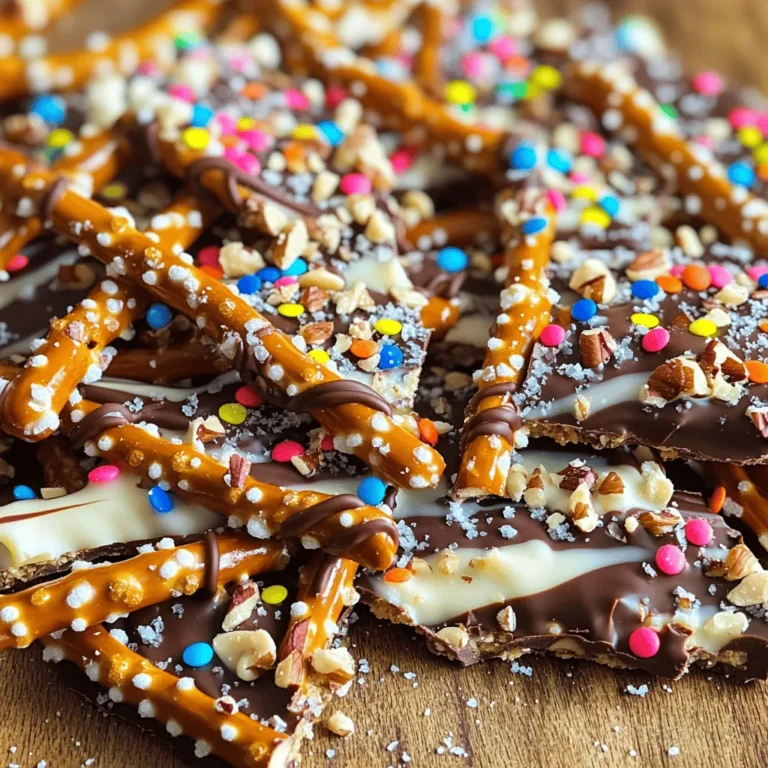 Für dieses Rezept benötigst du die folgenden Hauptzutaten: - 2 Tassen Brezelstäbchen - 1 Tasse halbherbe Schokoladenstückchen - 1 Tasse weiße Schokoladenstückchen - 1/2 Tasse gehackte Nüsse (Mandeln oder Erdnüsse) - 1/4 Tasse bunte Streusel - Fleur de Sel nach Geschmack Diese Zutaten geben deinem Brezel-Bark den perfekten Geschmack und die richtige Textur. Die Brezelstäbchen bringen einen knusprigen Biss. Die Schokolade sorgt für Süße, und die Nüsse fügen etwas Crunch hinzu. Du kannst dein Brezel-Bark ganz nach deinem Geschmack anpassen. Hier sind einige optionale Zutaten: - Getrocknete Früchte (z.B. Cranberries oder Aprikosen) - Karamellsauce für zusätzlichen Geschmack - Gewürze wie Zimt oder Chili für einen besonderen Kick Diese Variationen machen dein Brezel-Bark einzigartig und spannend. Experimentiere mit verschiedenen Zutaten, um deinen Favoriten zu finden. Die Qualität der Zutaten macht einen großen Unterschied. Hier sind einige Tipps: - Verwende hochwertige Schokolade. Diese sorgt für ein besseres Aroma und eine glattere Schmelze. - Kaufe frische Nüsse. Sie sollten knackig und aromatisch sein. - Achte beim Kauf der Brezel auf die Zutatenliste. Wähle solche ohne künstliche Zusatzstoffe. Hochwertige Zutaten bringen dein Brezel-Bark auf das nächste Level. Investiere in gute Produkte, um das beste Ergebnis zu erzielen. Zuerst heizen Sie Ihren Ofen auf 175°C vor. Nehmen Sie ein Backblech und legen Sie es mit Backpapier aus. Verteilen Sie die Brezelstäbchen gleichmäßig auf dem Blech. Backen Sie die Brezel für 5 bis 7 Minuten. Sie sollten warm und leicht knusprig sein. Wenn sie fertig sind, nehmen Sie das Blech aus dem Ofen. Lassen Sie die Brezel vollständig abkühlen, damit die Schokolade später besser haftet. Nehmen Sie nun eine mikrowellenfeste Schüssel. Geben Sie die halbherben Schokoladenstückchen hinein. Erhitzen Sie die Schokolade in der Mikrowelle. Machen Sie das in 30-Sekunden-Intervallen. Rühren Sie die Schokolade nach jedem Intervall um. Sie sollten eine glatte, geschmolzene Schokolade erhalten. Gießen Sie die geschmolzene Schokolade auf die abgekühlten Brezelstäbchen. Verwenden Sie einen Spatel, um die Schokolade gleichmäßig zu verteilen. Für die weiße Schokolade nehmen Sie eine weitere mikrowellenfeste Schüssel. Wiederholen Sie den Schmelzprozess für die weißen Schokoladenstückchen. Träufeln Sie die geschmolzene weiße Schokolade über das Brezel-Bark. Erstellen Sie ein Zickzackmuster mit der weißen Schokolade. Nutzen Sie einen Zahnstocher, um die beiden Schokoladensorten leicht zu vermischen. Das gibt einen schönen marmorierten Effekt. Jetzt ist es Zeit für die Dekoration! Streuen Sie die gehackten Nüsse und bunten Streusel gleichmäßig über das Bark. Geben Sie eine Prise Fleur de Sel darüber, um den Geschmack zu verstärken. Stellen Sie das Backblech für 30 Minuten in den Kühlschrank. Warten Sie, bis die Schokolade vollständig ausgehärtet ist. Nach dem Aushärten brechen Sie das Bark in Stücke. Bewahren Sie es in einem luftdichten Behälter auf. Ein häufiger Fehler ist, die Brezelstäbchen zu lange zu backen. Sie sollten nur leicht warm sein. Wenn sie zu trocken werden, sind sie knusprig, aber nicht mehr lecker. Achten Sie darauf, die Schokolade nicht zu überhitzen. Dies kann dazu führen, dass sie klumpig wird. Erhitzen Sie sie in kurzen Intervallen in der Mikrowelle und rühren Sie gut um. Wenn die Schokolade klumpig wird, können Sie sie nicht gut gießen. Die richtige Konsistenz der Schokolade ist wichtig. Sie sollte glatt und glänzend sein. Um dies zu erreichen, verwenden Sie hochwertige Schokoladenstückchen. Schmelzen Sie die Schokolade langsam und rühren Sie sie gut um. Wenn die Schokolade zu dick ist, fügen Sie einen kleinen Löffel Kokosöl hinzu. Dies macht sie flüssiger und leichter zu gießen. Möchten Sie das Rezept anpassen? Fügen Sie verschiedene Nüsse oder Trockenfrüchte hinzu. Mandeln und Erdnüsse passen gut, aber auch Walnüsse können toll sein. Probieren Sie verschiedene Schokoladensorten aus, wie weiße oder Vollmilchschokolade. Für einen zusätzlichen Kick können Sie auch Gewürze wie Zimt oder Chili hinzufügen. Seien Sie kreativ und lassen Sie Ihrer Fantasie freien Lauf! {{image_4}} Es gibt viele Schokoladenvarianten, die du nutzen kannst. Dunkle Schokolade hat einen kräftigen Geschmack. Sie passt gut zu den salzigen Brezeln. Weiße Schokolade ist süßer und cremiger. Diese Kombination macht das Brezel-Bark besonders lecker. Du kannst auch Milchschokolade verwenden. Sie hat einen milden, süßen Geschmack. Mischst du verschiedene Schokoladen, kannst du neue Aromen entdecken. Du kannst dein Brezel-Bark nach Lust und Laune anpassen. Füge gehackte Nüsse hinzu, wie Mandeln oder Erdnüsse. Sie geben dir einen tollen Crunch. Bunte Streusel machen das Bark bunt und festlich. Du kannst auch Trockenfrüchte verwenden, wie Cranberries oder Aprikosen. Dies bringt eine fruchtige Note. Wenn du es schokoladiger magst, füge Schokoladenstückchen als Topping hinzu. Lass deiner Kreativität freien Lauf. Das Brezel-Bark lässt sich leicht in verschiedenen Formen machen. Du kannst es in Riegel schneiden, um es leicht zu teilen. Eine andere Idee ist, kleine Pralinen zu formen. Dazu gießt du die Schokolade in Silikonformen. So hast du schöne Einzelportionen. Egal, welche Form du wählst, das Bark bleibt immer lecker. Probiere verschiedene Formate aus, um mehr Spaß beim Essen zu haben. Um dein Schokoladenüberzogenes Brezel-Bark frisch zu halten, lagere es in einem luftdichten Behälter. Das verhindert, dass es weich wird oder an Feuchtigkeit verliert. Halte den Behälter an einem kühlen Ort. Vermeide direkte Sonneneinstrahlung, da die Schokolade schmelzen kann. Das Brezel-Bark bleibt bis zu zwei Wochen frisch, wenn du es richtig lagern. Nach dieser Zeit kann die Qualität nachlassen. Die Schokolade könnte ihren Glanz verlieren, und der Geschmack könnte weniger intensiv werden. Achte beim Genuss immer auf den Geruch und das Aussehen. Falls du mehr Brezel-Bark hast, kannst du es auch einfrieren. Schneide das Bark in Stücke und lege sie in einen gefrierfesten Behälter. Trenne die Schichten mit Pergamentpapier, damit sie nicht zusammenkleben. Das Bark bleibt bis zu drei Monate im Gefrierfach frisch. Wenn du es essen möchtest, lasse es einfach bei Raumtemperatur auftauen. Die Zubereitungszeit beträgt nur 15 Minuten. Die Gesamtzeit für das Rezept liegt bei etwa 45 Minuten. Die meiste Zeit wartet man, bis die Schokolade aushärtet. Sie können das Brezel-Bark nach 30 Minuten im Kühlschrank genießen. Ja, Sie können dunkle Schokolade verwenden. Sie gibt dem Bark einen intensiveren Geschmack. Achten Sie darauf, sie richtig zu schmelzen. Der Prozess bleibt gleich. Dunkle Schokolade hat weniger Zucker, also könnte es etwas bitterer schmecken. Hochwertige Zutaten finden Sie in Supermärkten und Feinkostläden. Schokoladenstückchen gibt es oft in der Backabteilung. Für Nüsse und Streusel sind Bio-Läden oder Online-Shops gute Optionen. Achten Sie auf die Qualität, um den besten Geschmack zu erzielen. Schokoladenüberzogenes Brezel-Bark ist einfach und macht Spaß. Wir haben die besten Zutaten und deren Optionen besprochen. Die Schritt-für-Schritt-Anleitung hilft dir, leckere Brezelstäbchen zu zaubern. Tipps und Tricks helfen, Fehler zu vermeiden und die Schokolade perfekt zu machen. Variationen bieten viele Geschmäcker und Formate. Zum Schluss haben wir auch die besten Lagertipps geteilt. Jetzt bist du bereit, dein eigenes Brezel-Bark zu kreieren und zu genießen!