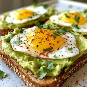 Für diesen leckeren Toast brauchst du: - 2 reife Avocados - 4 Scheiben Vollkornbrot - 4 große Eier - 1 Esslöffel Zitronensaft - 1 Esslöffel Olivenöl - Salz und Pfeffer nach Geschmack - 1/4 Teelöffel rote Pfefferflocken (optional) - Frischer Koriander oder Petersilie zum Garnieren Diese Zutaten ergeben 4 Portionen. Du kannst die Mengen einfach anpassen. Um die gesunde Note zu erhöhen, füge mehr Gemüse hinzu. Tomaten, Spinat oder Radieschen passen wunderbar. Sie bringen Vitamine und frische Farben auf deinen Teller. Wenn du Avocados magst, probiere auch Guacamole als Aufstrich. So bleibt dein Toast aufregend und nahrhaft. Um den perfekten Avocado-Ei-Toast zu machen, beginne ich mit dem Toasten des Vollkornbrots. Ich lege die Scheiben in den Toaster und warte, bis sie goldbraun und knusprig sind. Während das Brot toastet, bereite ich die Avocados vor. Ich halbiere jede Avocado, entferne den Kern und löffle das Fruchtfleisch in eine Rührschüssel. Jetzt zerdrücke ich das Avocadofleisch mit einer Gabel. Ich füge 1 Esslöffel Zitronensaft, 1 Esslöffel Olivenöl, Salz und Pfeffer hinzu. Ich mische alles gut, bis die Konsistenz cremig wird. Wenn ich es scharf mag, streue ich 1/4 Teelöffel rote Pfefferflocken hinein. Diese Mischung ist einfach und voller Geschmack. Die Eier kann ich auf verschiedene Arten zubereiten. Ich kann sie pochieren, rühren oder braten. Für pochierte Eier bringe ich einen Topf mit Wasser zum Köcheln. Ich füge einen Spritzer Essig hinzu und schlage die Eier vorsichtig hinein. Nach 3-4 Minuten sind sie perfekt. Wenn das Brot fertig ist, verteile ich die Avocado-Mischung darauf. Dann lege ich ein Ei auf jede Scheibe. Ich streue Salz, Pfeffer und frische Kräuter darüber. So entsteht ein wahrer Genuss! Reife Avocados sind der Schlüssel für einen guten Avocado-Ei-Toast. Wählen Sie Avocados, die leicht auf Druck nachgeben. Diese sind perfekt für die Zubereitung. Lagern Sie sie bei Raumtemperatur, bis sie reif sind. Wenn Sie den Reifungsprozess beschleunigen möchten, legen Sie sie in eine Papiertüte mit einem Apfel oder einer Banane. Das Ethylengas dieser Früchte hilft der Avocado, schneller reif zu werden. Für einen tollen Avocado-Ei-Toast empfehle ich Vollkornbrot. Es hat einen nussigen Geschmack und ist reich an Ballaststoffen. Alternativ können Sie auch Sauerteigbrot oder Mehrkornbrot verwenden. Diese Brotsorten sind knusprig und ergänzen die cremige Avocado hervorragend. Rösten Sie das Brot gut, damit es nicht durchweicht. Gewürze machen den Toast lebendig. Ein Hauch von Salz und Pfeffer hebt den Geschmack der Avocado. Rote Pfefferflocken fügen eine angenehme Schärfe hinzu. Außerdem passen frische Kräuter wie Koriander oder Petersilie perfekt dazu. Diese geben Farbe und Aroma. Experimentieren Sie gerne mit anderen Gewürzen wie Kreuzkümmel oder Paprika für eine besondere Note. {{image_4}} Wenn du eine vegane Version von cremigem Avocado-Ei-Toast möchtest, lass die Eier einfach weg. Stattdessen kannst du gebratene Tomaten oder Tofu verwenden. Diese Alternativen bringen Geschmack und eine schöne Textur. Tofu kann du leicht würzen und anbraten. So bekommst du eine tolle Proteinquelle. Um deinem Toast mehr Geschmack zu geben, probiere einige zusätzliche Toppings. Hier sind einige Ideen: - Feta-Käse: Zerbröckel ihn über die Avocado. - Radieschen: In Scheiben schneiden für einen knackigen Biss. - Gekochte Quinoa: Füge eine Portion hinzu für mehr Nährstoffe. - Sprossen: Diese geben einen frischen und gesunden Kick. Sei kreativ mit deinen Zutaten! Hier sind einige Kombinationen, die du ausprobieren solltest: - Avocado und Mango: Süße und cremige Mischung. - Avocado und Räucherlachs: Für einen herzhaften Geschmack. - Avocado und Spinat: Füge frischen Spinat hinzu für einen gesunden Touch. - Avocado und Kichererbsen: Zerdrücke Kichererbsen und mische sie in die Avocado. Diese Variationen machen deinen cremigen Avocado-Ei-Toast zu einem ganz besonderen Genuss! Wenn Sie Avocado-Mischung übrig haben, bewahren Sie sie gut auf. Legen Sie die Mischung in einen luftdichten Behälter. Fügen Sie etwas Zitronensaft hinzu, um die Farbe zu halten. So bleibt die Mischung frisch und grün. Lagern Sie sie im Kühlschrank. Nutzen Sie die Mischung innerhalb von 1-2 Tagen. So schmeckt sie am besten. Um Brot frisch zu halten, lagern Sie es in einem Brotbehälter oder in einer Papiertüte. Vermeiden Sie Plastik, da es das Brot weich macht. Wenn Sie Brot für längere Zeit lagern möchten, können Sie es einfrieren. Wickeln Sie die Scheiben gut in Frischhaltefolie ein. So bleibt das Brot bis zu drei Monate haltbar. Wenn Sie es essen möchten, lassen Sie es einfach bei Raumtemperatur auftauen. Eierreste sollten schnell aufbewahrt werden. Lassen Sie sie nicht lange stehen. Legen Sie die gekochten Eier in einen Behälter. Decken Sie sie gut ab. Lagern Sie die Eier im Kühlschrank. Sie können die Reste innerhalb von 2-3 Tagen essen. Erwärmen Sie sie in einer Pfanne oder Mikrowelle, bevor Sie sie genießen. So bleiben sie lecker und sicher. H2 - Häufig gestellte Fragen (FAQs) H3 - Wie lange sind Avocados haltbar? Avocados sind etwa 3 bis 5 Tage haltbar, wenn sie reif sind. Lagern Sie sie im Kühlschrank, um die Frische zu verlängern. Wenn sie noch hart sind, können sie bis zu einer Woche bei Raumtemperatur bleiben. Achten Sie darauf, die Avocados zu überprüfen. Wenn sie braun werden, sind sie nicht mehr gut. H3 - Kann ich die Menge an Ei anpassen? Ja, Sie können die Menge der Eier anpassen. Mögen Sie mehr Ei? Fügen Sie einfach ein weiteres Ei hinzu. Wenn Sie weniger Ei wünschen, nehmen Sie eines weg. Es ist wichtig, dass die Textur des Toasts gut bleibt. Finden Sie Ihr perfektes Gleichgewicht! H3 - Ist diese Rezeptur für Meal Prep geeignet? Ja, dieser Avocado-Ei-Toast ist ideal für Meal Prep. Bereiten Sie die Avocado-Mischung im Voraus vor. Lagern Sie sie in einem luftdichten Behälter im Kühlschrank. Toasten Sie die Brotscheiben frisch, wenn Sie bereit sind zu essen. So bleibt alles frisch und lecker! In diesem Artikel habe ich die Zutaten für cremigen Avocado-Ei-Toast besprochen. Ich habe dir die Hauptzutaten und Nährstoffoptionen gezeigt. Du hast eine Schritt-für-Schritt-Anleitung für die Zubereitung erhalten. Zudem gebe ich dir Tipps zur optimalen Reifung der Avocados und den besten Brotsorten. Variationen und Lagerung sind ebenfalls wichtig. Jetzt bist du bereit, deinen eigenen köstlichen Toast zu zaubern. Probiere es aus und genieße das Ergebnis!