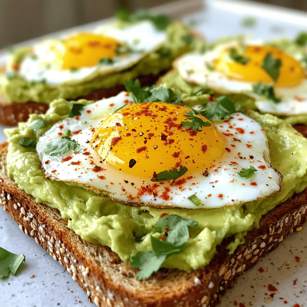 Für diesen leckeren Toast brauchst du: - 2 reife Avocados - 4 Scheiben Vollkornbrot - 4 große Eier - 1 Esslöffel Zitronensaft - 1 Esslöffel Olivenöl - Salz und Pfeffer nach Geschmack - 1/4 Teelöffel rote Pfefferflocken (optional) - Frischer Koriander oder Petersilie zum Garnieren Diese Zutaten ergeben 4 Portionen. Du kannst die Mengen einfach anpassen. Um die gesunde Note zu erhöhen, füge mehr Gemüse hinzu. Tomaten, Spinat oder Radieschen passen wunderbar. Sie bringen Vitamine und frische Farben auf deinen Teller. Wenn du Avocados magst, probiere auch Guacamole als Aufstrich. So bleibt dein Toast aufregend und nahrhaft. Um den perfekten Avocado-Ei-Toast zu machen, beginne ich mit dem Toasten des Vollkornbrots. Ich lege die Scheiben in den Toaster und warte, bis sie goldbraun und knusprig sind. Während das Brot toastet, bereite ich die Avocados vor. Ich halbiere jede Avocado, entferne den Kern und löffle das Fruchtfleisch in eine Rührschüssel. Jetzt zerdrücke ich das Avocadofleisch mit einer Gabel. Ich füge 1 Esslöffel Zitronensaft, 1 Esslöffel Olivenöl, Salz und Pfeffer hinzu. Ich mische alles gut, bis die Konsistenz cremig wird. Wenn ich es scharf mag, streue ich 1/4 Teelöffel rote Pfefferflocken hinein. Diese Mischung ist einfach und voller Geschmack. Die Eier kann ich auf verschiedene Arten zubereiten. Ich kann sie pochieren, rühren oder braten. Für pochierte Eier bringe ich einen Topf mit Wasser zum Köcheln. Ich füge einen Spritzer Essig hinzu und schlage die Eier vorsichtig hinein. Nach 3-4 Minuten sind sie perfekt. Wenn das Brot fertig ist, verteile ich die Avocado-Mischung darauf. Dann lege ich ein Ei auf jede Scheibe. Ich streue Salz, Pfeffer und frische Kräuter darüber. So entsteht ein wahrer Genuss! Reife Avocados sind der Schlüssel für einen guten Avocado-Ei-Toast. Wählen Sie Avocados, die leicht auf Druck nachgeben. Diese sind perfekt für die Zubereitung. Lagern Sie sie bei Raumtemperatur, bis sie reif sind. Wenn Sie den Reifungsprozess beschleunigen möchten, legen Sie sie in eine Papiertüte mit einem Apfel oder einer Banane. Das Ethylengas dieser Früchte hilft der Avocado, schneller reif zu werden. Für einen tollen Avocado-Ei-Toast empfehle ich Vollkornbrot. Es hat einen nussigen Geschmack und ist reich an Ballaststoffen. Alternativ können Sie auch Sauerteigbrot oder Mehrkornbrot verwenden. Diese Brotsorten sind knusprig und ergänzen die cremige Avocado hervorragend. Rösten Sie das Brot gut, damit es nicht durchweicht. Gewürze machen den Toast lebendig. Ein Hauch von Salz und Pfeffer hebt den Geschmack der Avocado. Rote Pfefferflocken fügen eine angenehme Schärfe hinzu. Außerdem passen frische Kräuter wie Koriander oder Petersilie perfekt dazu. Diese geben Farbe und Aroma. Experimentieren Sie gerne mit anderen Gewürzen wie Kreuzkümmel oder Paprika für eine besondere Note. {{image_4}} Wenn du eine vegane Version von cremigem Avocado-Ei-Toast möchtest, lass die Eier einfach weg. Stattdessen kannst du gebratene Tomaten oder Tofu verwenden. Diese Alternativen bringen Geschmack und eine schöne Textur. Tofu kann du leicht würzen und anbraten. So bekommst du eine tolle Proteinquelle. Um deinem Toast mehr Geschmack zu geben, probiere einige zusätzliche Toppings. Hier sind einige Ideen: - Feta-Käse: Zerbröckel ihn über die Avocado. - Radieschen: In Scheiben schneiden für einen knackigen Biss. - Gekochte Quinoa: Füge eine Portion hinzu für mehr Nährstoffe. - Sprossen: Diese geben einen frischen und gesunden Kick. Sei kreativ mit deinen Zutaten! Hier sind einige Kombinationen, die du ausprobieren solltest: - Avocado und Mango: Süße und cremige Mischung. - Avocado und Räucherlachs: Für einen herzhaften Geschmack. - Avocado und Spinat: Füge frischen Spinat hinzu für einen gesunden Touch. - Avocado und Kichererbsen: Zerdrücke Kichererbsen und mische sie in die Avocado. Diese Variationen machen deinen cremigen Avocado-Ei-Toast zu einem ganz besonderen Genuss! Wenn Sie Avocado-Mischung übrig haben, bewahren Sie sie gut auf. Legen Sie die Mischung in einen luftdichten Behälter. Fügen Sie etwas Zitronensaft hinzu, um die Farbe zu halten. So bleibt die Mischung frisch und grün. Lagern Sie sie im Kühlschrank. Nutzen Sie die Mischung innerhalb von 1-2 Tagen. So schmeckt sie am besten. Um Brot frisch zu halten, lagern Sie es in einem Brotbehälter oder in einer Papiertüte. Vermeiden Sie Plastik, da es das Brot weich macht. Wenn Sie Brot für längere Zeit lagern möchten, können Sie es einfrieren. Wickeln Sie die Scheiben gut in Frischhaltefolie ein. So bleibt das Brot bis zu drei Monate haltbar. Wenn Sie es essen möchten, lassen Sie es einfach bei Raumtemperatur auftauen. Eierreste sollten schnell aufbewahrt werden. Lassen Sie sie nicht lange stehen. Legen Sie die gekochten Eier in einen Behälter. Decken Sie sie gut ab. Lagern Sie die Eier im Kühlschrank. Sie können die Reste innerhalb von 2-3 Tagen essen. Erwärmen Sie sie in einer Pfanne oder Mikrowelle, bevor Sie sie genießen. So bleiben sie lecker und sicher. H2 - Häufig gestellte Fragen (FAQs) H3 - Wie lange sind Avocados haltbar? Avocados sind etwa 3 bis 5 Tage haltbar, wenn sie reif sind. Lagern Sie sie im Kühlschrank, um die Frische zu verlängern. Wenn sie noch hart sind, können sie bis zu einer Woche bei Raumtemperatur bleiben. Achten Sie darauf, die Avocados zu überprüfen. Wenn sie braun werden, sind sie nicht mehr gut. H3 - Kann ich die Menge an Ei anpassen? Ja, Sie können die Menge der Eier anpassen. Mögen Sie mehr Ei? Fügen Sie einfach ein weiteres Ei hinzu. Wenn Sie weniger Ei wünschen, nehmen Sie eines weg. Es ist wichtig, dass die Textur des Toasts gut bleibt. Finden Sie Ihr perfektes Gleichgewicht! H3 - Ist diese Rezeptur für Meal Prep geeignet? Ja, dieser Avocado-Ei-Toast ist ideal für Meal Prep. Bereiten Sie die Avocado-Mischung im Voraus vor. Lagern Sie sie in einem luftdichten Behälter im Kühlschrank. Toasten Sie die Brotscheiben frisch, wenn Sie bereit sind zu essen. So bleibt alles frisch und lecker! In diesem Artikel habe ich die Zutaten für cremigen Avocado-Ei-Toast besprochen. Ich habe dir die Hauptzutaten und Nährstoffoptionen gezeigt. Du hast eine Schritt-für-Schritt-Anleitung für die Zubereitung erhalten. Zudem gebe ich dir Tipps zur optimalen Reifung der Avocados und den besten Brotsorten. Variationen und Lagerung sind ebenfalls wichtig. Jetzt bist du bereit, deinen eigenen köstlichen Toast zu zaubern. Probiere es aus und genieße das Ergebnis!