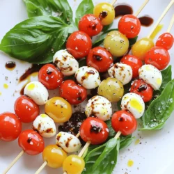 Für die Tomaten-Basilikum-Mozzarella-Spieße brauchst du: - 1 Pint Kirschtomaten - 225 g frische Mozzarella-Bällchen (Bocconcini) - Frische Basilikumblätter - 2 Esslöffel Balsamico-Glasur - 2 Esslöffel extra natives Olivenöl - Salz und Pfeffer nach Geschmack - Spieße (holz- oder metallbasiert) Falls du keine Kirschtomaten hast, versuche Cocktailtomaten oder kleine Roma-Tomaten. Statt Bocconcini kannst du auch Feta verwenden, wenn du etwas Salziges magst. Verwende für die Balsamico-Glasur auch einen einfachen Balsamico-Essig. Frischer Oregano passt gut als Basilikum-Ersatz. Such nach reifen Kirschtomaten, die fest und glänzend sind. Die Mozzarella-Bällchen sollten frisch und cremig sein. Achte darauf, dass die Basilikumblätter grün und knackig sind. Hochwertiges Olivenöl macht einen großen Unterschied in Geschmack. Wähle ein extra natives Olivenöl für den besten Genuss. Bevor Sie mit dem Zusammenbauen der Spieße beginnen, sorgen Sie für frische Zutaten. Spülen Sie die Kirschtomaten unter kaltem Wasser ab. Tupfen Sie sie mit einem Papiertuch trocken. Für die Mozzarella-Bällchen nehmen Sie sie aus der Verpackung und lassen diese abtropfen. Auch hier sollten Sie sie trocken tupfen. Wenn Sie Holzspieße verwenden, weichen Sie diese 30 Minuten lang in Wasser ein. So verhindern Sie, dass sie beim Grillen verbrennen. Jetzt geht es ans Eingemachte! Beginnen Sie mit dem Zusammenbauen Ihrer Spieße. Stecken Sie zuerst eine Kirschtomate auf den Spieß. Dann fügen Sie ein frisches Basilikumblatt hinzu. Darauf folgt ein Mozzarella-Bällchen. Wiederholen Sie dieses Muster bis zum Ende des Spießes. Zielen Sie auf 3-4 Sets von Tomate, Basilikum und Mozzarella pro Spieß. Wenn alle Spieße fertig sind, legen Sie diese auf eine Servierplatte. Beträufeln Sie die fertigen Spieße mit extra nativem Olivenöl und Balsamico-Glasur. Würzen Sie dann nach Geschmack mit Salz und Pfeffer. Für einen zusätzlichen Hauch von Frische können Sie gehacktes Basilikum darüberstreuen. Präsentieren Sie die Spieße senkrecht in einem Glas oder legen Sie sie auf einen Teller. So wirken sie noch einladender. Um die besten Tomaten-Basilikum-Mozzarella-Spieße zu machen, benutze frische Zutaten. Wähle reife Kirschtomaten und hochwertige Mozzarella-Bällchen für besten Geschmack. Spüle die Tomaten gut ab und tupfe sie trocken, damit sie frisch bleiben. Wenn du Holzspieße nutzt, weiche sie vorher in Wasser ein, damit sie nicht verbrennen. Baue die Spieße in einem Muster auf: Tomate, Basilikum, Mozzarella. Das sieht gut aus und schmeckt lecker! Die Präsentation macht einen großen Unterschied. Stelle die Spieße senkrecht in ein Glas oder lege sie schön auf einen Teller. Füge frische Basilikumblätter als Garnitur hinzu. Das bringt Farbe und Frische. Ein paar Tropfen Balsamico-Glasur oben drauf machen die Spieße noch ansprechender und appetitlicher. Mach die Spieße im Voraus, um Zeit zu sparen. Du kannst sie bis zu vier Stunden vor der Party vorbereiten. Lagere sie in einem luftdichten Behälter im Kühlschrank. So bleiben die Zutaten frisch. Wenn die Gäste ankommen, serviere die Spieße schnell, um die besten Aromen zu genießen. {{image_4}} Wenn du nach neuen Geschmäckern suchst, probiere andere Käsesorten. Feta-Käse bringt eine salzige Note. Ziegenkäse hat einen tollen, cremigen Geschmack. Du kannst auch Gouda oder Cheddar verwenden. Achte darauf, dass der Käse gut schmilzt, wenn du ihn grillst. Die Spieße sind sehr vielseitig. Du kannst auch Oliven oder Paprika hinzufügen. Diese Zutaten bringen Farbe und einen neuen Geschmack. Denke an frische Gurken oder Artischocken. Diese passen perfekt zu Tomaten und Basilikum. Mische verschiedene Zutaten, um deine eigenen Kreationen zu schaffen. Für eine vegane Version kannst du den Käse weglassen oder durch Tofuwürfel ersetzen. Tofu nimmt gut die Aromen auf. Mische ihn mit etwas Olivenöl, Balsamico und Kräutern. Du kannst auch Avocado verwenden, um die Spieße cremig zu machen. Frisches Gemüse wie Zucchini oder Auberginen sind auch tolle Optionen. Wenn du Spieße übrig hast, bewahre sie richtig auf. Lege die Spieße in einen luftdichten Behälter. Das hält sie frisch. Du kannst sie auch in Frischhaltefolie wickeln. Lagere sie im Kühlschrank. So bleiben sie bis zu zwei Tage genießbar. Für die besten Ergebnisse, lagere die einzelnen Zutaten gut. Kirschtomaten mögen es kühl und dunkel. Halte sie bei Raumtemperatur. Mozzarella sollte in seiner Lake bleiben, bis du ihn benötigst. So bleibt der Käse frisch und saftig. Basilikum hält sich gut in einem Glas Wasser. Decke es mit einer Plastiktüte ab. So bleibt das Aroma stark. Die Spieße sind am besten frisch, aber du kannst sie auch aufbewahren. Im Kühlschrank bleiben sie zwei Tage haltbar. Wenn du sie länger aufbewahren willst, friere die Zutaten getrennt ein. So hast du immer frische Zutaten zur Hand. Bedenke, dass die Textur von Mozzarella beim Einfrieren leidet. Das kann den Geschmack verändern, also genieße sie frisch, wenn möglich! Aus diesem Rezept können Sie etwa 8 Spieße machen. Das hängt auch von der Anzahl der Zutaten ab, die Sie verwenden. Sie können die Spieße nach Belieben anpassen. Ja, Sie können die Spieße im Voraus zubereiten. Stellen Sie sicher, dass Sie sie gut abdecken und kühl lagern. So bleiben sie frisch und lecker. Am besten genießen Sie sie innerhalb von 24 Stunden. Zu diesen Spießen passen viele Getränke. Ein leichter Weißwein wie Sauvignon Blanc ist eine gute Wahl. Auch spritzige Limonade oder Mineralwasser mit Zitrone harmonieren gut. Wenn Sie es rustikaler mögen, probieren Sie ein kühles Bier. Diese Anleitung zeigt dir, wie du köstliche Tomaten-Basilikum-Spieße zubereitest. Wir haben die besten Zutaten und Variationen besprochen. Qualität ist wichtig, um den vollen Geschmack zu erzielen. Du bekommst auch wertvolle Tipps für die Zubereitung und Präsentation. Lagerung der Reste? Kein Problem! Denke an die Haltbarkeit. Mit diesen Informationen bist du gut gerüstet, um die Spieße erfolgreich zuzubereiten und zu genießen. Viel Spaß beim Ausprobieren!