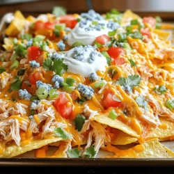 - Gekochtes Hühnchen: Du brauchst 2 Tassen zerrupftes Hühnchen. Es gibt dem Gericht viel Geschmack. - Tortilla-Chips: Eine große Tüte Chips ist perfekt. Sie sind die Basis für die Nachos. - Käsesorten: Verwende 2 Tassen geriebenen Cheddar und 1 Tasse zerbröselten Blauschimmelkäse. Diese Käse geben den Nachos eine tolle Textur. - Tomaten: Eine Tasse gewürfelte Tomaten bringt Frische. Sie passen gut zum Käse. - Frühlingszwiebeln: Eine halbe Tasse geschnittene Frühlingszwiebeln fügt einen leichten Zwiebelgeschmack hinzu. - Jalapeños (optional): Wenn du es scharf magst, füge 1/4 Tasse Jalapeño-Scheiben hinzu. Sie bringen einen Kick. - Buffalo-Sauce: Eine halbe Tasse Buffalo-Sauce macht alles würzig und lecker. Sie ist das Herzstück dieses Rezepts. - Saure Sahne: Eine halbe Tasse saure Sahne rundet die Schärfe ab. Sie ist ein toller Dip. - Frischer Koriander: Garniere die Nachos mit frischem Koriander. Er gibt einen frischen Geschmack. Diese Zutaten machen die Loaded Buffalo Chicken Nachos so lecker und einfach. Sie sind perfekt für einen Abend mit Freunden oder als Snack. Heize deinen Ofen auf 175°C vor. Das sorgt für die perfekte Hitze. Nimm dann das gekochte Hühnchen und zerrupfe es in kleine Stücke. In einer mittelgroßen Schüssel vermenge das zerrupfte Hühnchen mit der Buffalo-Sauce. Mische gut, bis das Hühnchen gleichmäßig mit der Sauce bedeckt ist. Legen die Tortilla-Chips gleichmäßig auf ein großes Backblech. Achte darauf, dass die Chips sich nicht überlappen. Bestreue die Chips mit der Hälfte des geriebenen Cheddar-Käses. Verteile dann die Buffalo-Hühnchen-Mischung gleichmäßig über die Chips. Toppe die Mischung mit dem restlichen Cheddar-Käse und dem zerbröselten Blauschimmelkäse. Das gibt den Nachos zusätzlichen Geschmack. Backe die Nachos im vorgeheizten Ofen für 10 bis 15 Minuten. Achte darauf, dass der Käse schmilzt und blubbert. Wenn die Nachos fertig sind, nimm sie aus dem Ofen. Belege sie sofort mit gewürfelten Tomaten und geschnittenen Frühlingszwiebeln. Wenn du magst, füge auch Jalapeños hinzu. Zum Schluss träufle die saure Sahne über die Nachos. Garniere sie, wenn du möchtest, mit frischem Koriander. So sehen sie toll aus und schmecken noch besser! - Vermeidung von matschigen Nachos: Um matschige Nachos zu vermeiden, legen Sie die Chips in einer einzigen Schicht aus. So bleibt die Unterseite knusprig. Nutzen Sie frische Tortilla-Chips ohne Bruch. Ein leichtes Vorbacken kann auch helfen. - Gleichmäßiges Verteilen der Beläge: Verteilen Sie das Hühnchen und den Käse gleichmäßig. Dies sorgt für einen tollen Geschmack in jedem Bissen. Ein Löffel oder eine Gabel hilft, alles gut zu verteilen. Achten Sie darauf, dass die Zutaten gleichmäßig über die Chips liegen. - Präsentation auf dem Backblech oder einer Servierplatte: Sie können die Nachos direkt auf dem Backblech servieren. Das gibt eine lässige Atmosphäre. Alternativ können Sie sie auf eine große Servierplatte geben. Achten Sie darauf, dass die Nachos schön aussehen. - Beilagen und Dips zur Ergänzung: Stellen Sie kleine Schälchen mit saurer Sahne oder Buffalo-Sauce bereit. Das macht die Nachos noch leckerer. Sie können auch Guacamole oder Salsa anbieten. Diese Dips passen gut zu den Nachos. - Verwendung anderer Käsesorten oder Saucen: Experimentieren Sie mit verschiedenen Käsesorten. Mozzarella oder Pepper Jack bringen neue Geschmäcker. Sie können auch andere Saucen wie BBQ verwenden. So wird ein neuer Twist kreiert. - Vegetarische Alternativen: Statt Hühnchen können Sie schwarze Bohnen verwenden. Auch gebratene Pilze sind eine tolle Option. Sie sind herzhaft und lecker. So können auch Vegetarier die Nachos genießen. {{image_4}} Du kannst deine Loaded Buffalo Chicken Nachos leicht anpassen. Ein beliebtes Rezept sind BBQ-Hühnchen-Nachos. Ersetze einfach die Buffalo-Sauce durch deine Lieblings-BBQ-Sauce. Das gibt den Nachos eine süßliche Note. Eine andere tolle Option sind mexikanische Nachos mit Guacamole. Füge nach dem Backen eine Schicht Guacamole hinzu. Die Cremigkeit der Guacamole ergänzt die Schärfe der Buffalo-Sauce perfekt. Im Herbst probiere herbstliche Kürbis-Nachos. Mische pürierten Kürbis in die Hühnchenmischung. Das ergibt einen süßen, reichen Geschmack, der gut zur Saison passt. Zu Weihnachten kannst du weihnachtliche Nachos mit Cranberry-Sauce machen. Füge vor dem Servieren einen Löffel Cranberry-Sauce hinzu. Die fruchtige Süße bringt eine festliche Note auf deinen Tisch. Für glutenfreie Optionen wähle spezielle glutenfreie Tortilla-Chips. Achte darauf, dass auch die Saucen glutenfrei sind. So genießt jeder die Nachos ohne Sorgen. Wenn du Low-Carb isst, kannst du die Chips durch Gemüsestreifen ersetzen, wie Zucchini oder Paprika. Diese bieten eine gesunde, knackige Basis für deine Beläge. Nach dem Genießen der Nachos bleibt oft etwas übrig. Ich empfehle, die Reste in einem luftdichten Behälter im Kühlschrank zu lagern. So bleiben sie frisch und lecker. Die Nachos halten sich dort bis zu drei Tage. Wenn es Zeit ist, sie wieder zu essen, heizen Sie den Ofen auf 175°C vor. Legen Sie die Nachos auf ein Backblech und backen Sie sie für 5 bis 10 Minuten. So werden sie wieder knusprig. Vermeiden Sie die Mikrowelle, da sie die Nachos weich macht. Lagern Sie das gekochte Hühnchen in einem luftdichten Behälter. So bleibt es bis zu vier Tage frisch. Achten Sie darauf, es gut zu kühlen. Wenn Sie Saucen und Käse aufbewahren, halten sie sich im Kühlschrank etwa eine Woche. Überprüfen Sie bei Saucen das Haltbarkeitsdatum. Käse bleibt in der Originalverpackung am besten. Wenn er offen ist, wickeln Sie ihn gut ein. Möchten Sie die Nachos länger aufbewahren? Sie können sie einfrieren! Legen Sie die Nachos in einen gefrierfesten Behälter. Trennen Sie die Schichten mit Backpapier, damit sie nicht zusammenkleben. So halten sie sich bis zu drei Monate. Um sie wieder aufzutauen, nehmen Sie die Nachos einfach aus dem Gefrierfach. Lassen Sie sie im Kühlschrank über Nacht auftauen. Danach backen Sie sie wie oben beschrieben. Genießen Sie die frisch gebackenen Nachos wieder! Um knusprige Nachos zu machen, wähle die richtigen Tortilla-Chips. Suche nach Chips, die dick und stabil sind. Dünne Chips werden schnell matschig. Backe die Chips vor dem Hinzufügen der Beläge für ein paar Minuten. Dies hilft, die Feuchtigkeit zu reduzieren. Du kannst auch die Chips leicht in Öl besprühen, um sie extra knusprig zu machen. Ja, du kannst die Nachos im Airfryer zubereiten! Heize den Airfryer auf 180°C vor. Lege die Tortilla-Chips gleichmäßig in den Korb. Füge die Hühnchenmischung und den Käse hinzu. Backe sie für 5-7 Minuten. Achte darauf, die Nachos nach der Hälfte zu schütteln. So werden sie gleichmäßig knusprig und lecker. Dieses Rezept ergibt 4-6 Portionen. Wenn du mehr Gäste hast, verdopple die Zutaten. Du kannst auch die Nachos auf mehreren Blechen zubereiten. So bleibt jeder Bissen warm und köstlich. Viel Spaß beim Teilen! Nachos sind einfach und lecker. Wir haben die Hauptzutaten wie Hühnchen, Tortilla-Chips und Käse betrachtet. Das Schichten der Nachos ist der Schlüssel. Mit den richtigen Tipps vermeidest du matschige Nachos. Verschiedene Variationen machen das Rezept spannend und anpassbar. Denken Sie daran, die Reste richtig zu lagern. Du kannst deine Nachos anpassen und sogar im Airfryer zubereiten. Lass dir diesen Snack nicht entgehen und entdecke neue Geschmäcker!