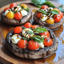- 4 große Portobello-Pilze - 1 Tasse Kirschtomaten - 1 Tasse Mozzarella-Bällchen - 1/4 Tasse frische Basilikumblätter - Balsamico-Glasur, Olivenöl, Knoblauchpulver - Gewürze: Salz, Pfeffer, rote Pfefferflocken (optional) Die Zutaten für Caprese gefüllte Portobello-Pilze sind einfach und frisch. Ich liebe es, mit Zutaten zu arbeiten, die voll von Geschmack sind. Die großen Portobello-Pilze geben die perfekte Basis. Sie sind fleischig und halten die Füllung gut. Kirschtomaten bringen eine süße Note. Mozzarella-Bällchen sorgen für cremige Textur. Frische Basilikumblätter fügen einen schönen Duft hinzu. Die Balsamico-Glasur bringt eine süß-saure Tiefe. Olivenöl sorgt für einen feinen Glanz und Geschmack. Knoblauchpulver gibt einen leichten Kick. Die Gewürze wie Salz und Pfeffer runden alles ab. Rote Pfefferflocken sind optional, aber sie bringen einen kleinen Schärfekick. Mit diesen Zutaten kannst du ein köstliches Gericht zaubern, das einfach zuzubereiten ist. Heize deinen Ofen zuerst auf 190°C vor. Das sorgt für die perfekte Temperatur beim Backen. Reinige dann die Portobello-Pilze mit einem feuchten Papiertuch. Entferne die Stiele und lege die Pilze mit den Lamellen nach oben auf ein Backblech. So wird das Füllen einfacher. Jetzt kommt der Spaß! Beträufle die Pilze mit Olivenöl. Streue das Knoblauchpulver, Salz und Pfeffer darüber. Wenn du etwas Schärfe magst, füge die roten Pfefferflocken hinzu. Reibe die Gewürze gut in die Pilze ein. So nehmen sie viel Geschmack auf. In einer Schüssel vermische die halbierten Kirschtomaten, Mozzarella-Bällchen und die zerrissenen Basilikumblätter. Gib die Balsamico-Glasur dazu und rühre vorsichtig um. Fülle nun jede Portobello-Pilzkappe großzügig mit dieser Mischung. Achte darauf, dass sie gut gefüllt sind, aber nicht überquellen. Jetzt ist es Zeit zum Backen! Schiebe die gefüllten Pilze in den vorgeheizten Ofen. Backe sie für 20 bis 25 Minuten. Die Pilze sollten zart sein und der Käse goldbraun schmelzen. Sobald sie fertig sind, nimm sie aus dem Ofen und lasse sie einige Minuten abkühlen. Du kannst sie dann mit etwas zusätzlicher Balsamico-Glasur beträufeln. Um die Portobello-Pilze optimal zu reinigen, benutze ein feuchtes Papiertuch. Wische vorsichtig über die Oberfläche. Vermeide Wasser, denn es kann die Pilze wässern. Diese Methode hält den Pilz trocken und lecker. Für zusätzlichen Geschmack kannst du die Gewürze variieren. Probiere frische Kräuter wie Oregano oder Thymian. Auch ein Hauch von Zitronensaft kann die Aromen heben. Wenn du es schärfer magst, füge mehr rote Pfefferflocken hinzu. Sei kreativ und experimentiere mit deinen Lieblingsgewürzen. Rustikale Serviermethoden können die gefüllten Pilze toll zur Geltung bringen. Lege sie auf ein schönes Holztablett. So sieht es einladend und frisch aus. Du kannst auch einen Spritzer Olivenöl um die Pilze herum geben. Das verleiht deinem Gericht einen zusätzlichen Glanz. Um die Präsentation zu verbessern, garniere die Pilze mit frischen Basilikumblättern. Sie bringen Farbe und einen frischen Duft. Du kannst auch ein wenig Balsamico-Glasur darüber träufeln. So wird jeder Bissen noch köstlicher. {{image_4}} Für eine vegetarische Version kannst du pflanzlichen Käse verwenden. Dieser Käse schmilzt nicht wie normaler Käse, bringt aber viel Geschmack. Wähle einen Käse, der gut zu Tomaten und Basilikum passt. Du kannst auch andere Gemüsearten hinzufügen. Zucchini oder Paprika bieten eine tolle Textur und Farbe. Schneide sie klein und mische sie mit den Tomaten. So wird die Füllung noch bunter und nahrhafter. Die Füllung kann auch saisonal angepasst werden. Im Sommer sind frische Zucchini und Auberginen sehr lecker. Im Herbst passen Kürbis und Spinat gut dazu. Nutze, was du gerade findest. Anpassungen bringen neue Geschmäcker. Probiere verschiedene Kräuter wie Oregano oder Thymian. Diese Kräuter fügen Tiefe hinzu und machen das Gericht aufregender. Experimentiere und finde deine Lieblingskombination! - Kühlschranklagerung: Bewahre die gefüllten Portobello-Pilze in einem luftdichten Behälter auf. So bleiben sie frisch. Du kannst sie bis zu drei Tage im Kühlschrank lagern. Stelle sicher, dass sie gut abgedeckt sind, um Austrocknung zu vermeiden. - Einfrieren der gefüllten Pilze: Wenn du mehr Pilze zubereitet hast, kannst du sie auch einfrieren. Lege sie in einen gefrierfesten Behälter oder in einen Gefrierbeutel. Achte darauf, so viel Luft wie möglich zu entfernen, um Gefrierbrand zu vermeiden. Gefrorene Pilze halten bis zu drei Monate. - Wie lange sind die gefüllten Pilze haltbar?: Im Kühlschrank bleiben die gefüllten Pilze etwa drei Tage frisch. Gefrorene Pilze sind bis zu drei Monate haltbar. Achte darauf, sie gut zu verpacken, um ihre Qualität zu bewahren. Wenn du die gefüllten Pilze wieder aufwärmst, stelle sicher, dass sie gut durchgegart sind. Sie werden am besten im Ofen oder in der Mikrowelle erwärmt. Die gesamte Zubereitung dauert etwa 30 Minuten. Davon sind 15 Minuten für die Vorbereitung nötig. Die Backzeit beträgt 20 bis 25 Minuten. So hast du schnell ein leckeres Gericht. Ja, du kannst die Pilze im Voraus zubereiten. Bereite die gefüllten Pilze vor und stelle sie in den Kühlschrank. Sie bleiben frisch für bis zu zwei Tage. Zum Servieren, einfach die Pilze backen, bis sie heiß sind. Zu Caprese gefüllten Pilzen passen viele Beilagen. Hier sind einige Vorschläge: - Ein einfacher grüner Salat - Knuspriges Brot oder Baguette - Gegrilltes Gemüse - Pasta mit einer leichten Sauce So hast du ein leckeres und ausgewogenes Menü. Diese gefüllten Portobello-Pilze sind leicht zuzubereiten und schmecken köstlich. Wir haben die Zutaten, die Anleitung, Tipps und Variationen durchgegangen. Frische Tomaten, Basilikum und Mozzarella machen die Füllung besonders lecker. Denke daran, deine Pilze frisch zu lagern oder einzufrieren. Mit dem richtigen Wissen kannst du diese Speise nach deinem Geschmack anpassen. Probiere verschiedene Varianten aus und finde deine Lieblinge! Guten Appetit!