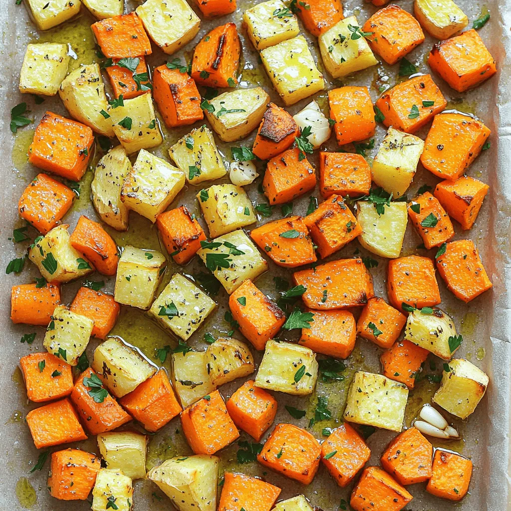 Für das Knoblauch-Kräuter-Röstgemüse brauchst du einige frische Zutaten. Hier ist eine Liste der Hauptzutaten: - 3 mittelgroße Karotten, geschält und in mundgerechte Stücke geschnitten - 2 mittelgroße Pastinaken, geschält und in mundgerechte Stücke geschnitten - 1 mittelgroße Süßkartoffel, geschält und gewürfelt - 1 mittelgroße rote Zwiebel, in Spalten geschnitten - 4 Knoblauchzehen, fein gehackt Diese Gemüse geben deinem Gericht einen tollen Geschmack und eine schöne Textur. Karotten sind süß, Pastinaken bringen eine nussige Note, und die Süßkartoffel sorgt für eine cremige Konsistenz. Die richtigen Gewürze und Öle machen den Unterschied. Hier sind die Zutaten, die du benötigst: - 3 Esslöffel Olivenöl - 1 Teelöffel getrockneter Thymian - 1 Teelöffel getrockneter Rosmarin - Salz und Pfeffer nach Geschmack Olivenöl ist ideal für das Rösten. Die Kräuter bringen Aromen in dein Gemüse. Thymian passt gut zu Wurzelgemüse, während Rosmarin einen frischen, erdigen Geschmack hinzufügt. Das Auge isst mit. Hier sind einige Ideen zur Dekoration: - Frische Petersilie, gehackt (zur Dekoration) Du kannst das Röstgemüse als Beilage zu deinem Hauptgericht servieren. Es passt gut zu Fleisch oder Fisch. Oder genieße es als gesunden Snack mit etwas Joghurt-Dip. Gekonnt angerichtet sieht es auch auf dem Tisch toll aus! Zuerst heizen Sie den Ofen auf 220 °C vor. Das sorgt für eine schöne Röstung. Dann nehmen Sie eine große Schüssel. Fügen Sie die geschnittenen Karotten, Pastinaken, Süßkartoffel und die rote Zwiebel hinzu. Achten Sie darauf, alles in gleich große Stücke zu schneiden. So garen sie gleichmäßig. In einer kleinen Schüssel vermischen Sie den gehackten Knoblauch, das Olivenöl, den getrockneten Thymian und Rosmarin. Geben Sie Salz und Pfeffer nach Geschmack hinzu. Diese Mischung verleiht dem Gemüse tollen Geschmack. Gießen Sie die Kräuter-Knoblauch-Mischung über das Gemüse in der großen Schüssel. Mischen Sie alles gut durch, bis das Gemüse gleichmäßig bedeckt ist. Das sieht schon lecker aus! Jetzt verteilen Sie das Gemüse auf einem großen Backblech. Legen Sie das Backblech mit Backpapier aus. Das hilft, dass nichts kleben bleibt. Schieben Sie das Backblech in den vorgeheizten Ofen. Rösten Sie das Gemüse etwa 30 bis 35 Minuten. Rühren Sie es einmal um. So wird alles gleichmäßig gar. Das Gemüse sollte zart und leicht karamellisiert sein. Nach dem Rösten nehmen Sie das Blech aus dem Ofen. Lassen Sie das Gemüse ein paar Minuten abkühlen. Vor dem Servieren garnieren Sie es mit frisch gehackter Petersilie. Das sieht nicht nur gut aus, sondern schmeckt auch frisch. Ein häufiger Fehler ist, das Gemüse nicht gleichmäßig zu schneiden. Wenn die Stücke unterschiedlich groß sind, garen sie ungleichmäßig. Achten Sie darauf, alles in ähnliche Größen zu schneiden. Ein weiterer Fehler ist, das Gemüse zu überfüllen. Wenn es zu eng auf dem Blech liegt, wird es eher gedämpft als geröstet. Geben Sie dem Gemüse Platz, damit es schön bräunt. Die Garzeit kann je nach Gemüse variieren. Karotten brauchen etwa 30–35 Minuten, während Süßkartoffeln ähnlich lange benötigen. Pastinaken garen schneller, oft in 25–30 Minuten. Rote Zwiebeln sind schnell gar, etwa 20–25 Minuten reichen hier aus. Prüfen Sie das Gemüse regelmäßig während des Röstens. So vermeiden Sie, dass es anbrennt oder zu weich wird. Um den Geschmack zu steigern, können Sie frische Kräuter wie Rosmarin oder Thymian hinzufügen. Geben Sie sie kurz vor dem Röstprozess hinzu, damit sie mehr Aroma abgeben. Auch etwas Zitronensaft nach dem Rösten kann das Gericht aufwerten. Bieten Sie eine Auswahl an Dips an. Joghurt oder Hummus ergänzen das Röstgemüse perfekt. {{image_4}} Wenn Sie kein Röstgemüse mögen, probieren Sie andere Optionen. Sie können auch Blumenkohl, Brokkoli oder Zucchini verwenden. Diese Gemüsesorten rösten ebenfalls gut und nehmen die Aromen der Kräuter auf. Für mehr Farbe und Textur können Sie auch Paprika oder Kürbis dazugeben. Seien Sie kreativ und testen Sie verschiedene Kombinationen. Um den Geschmack zu intensivieren, fügen Sie etwas Honig oder Balsamico-Essig hinzu. Diese Zutaten bringen eine süße Note und einen tollen Glanz. Auch etwas geriebener Parmesan kann dem Gericht mehr Tiefe verleihen. Für eine scharfe Note können Sie rote Paprikaflocken verwenden. Diese kleinen Änderungen machen Ihr Gericht noch leckerer. Für glutenfreie Diäten ist dieses Rezept perfekt geeignet. Es enthält kein Getreide oder glutenhaltige Zutaten. Möchten Sie es vegan gestalten? Lassen Sie einfach den Parmesan weg und verwenden Sie pflanzliche Öle. Bei einer keto-freundlichen Diät reduzieren Sie die Süßkartoffel und erhöhen den Anteil an Blumenkohl. So bleibt das Gericht kohlenhydratarm und lecker. Um das Röstgemüse frisch zu halten, lasse es zuerst abkühlen. Lege es dann in einen luftdichten Behälter. Vergiss nicht, den Behälter gut zu verschließen. So bleibt das Gemüse länger frisch. Du kannst es auch in einer Glasbox aufbewahren. Das sieht schön aus und ist praktisch. Im Kühlschrank hält sich das Röstgemüse etwa 3 bis 5 Tage. Achte darauf, dass der Behälter gut verschlossen ist. Für eine längere Haltbarkeit kannst du das Gemüse einfrieren. Im Gefrierfach bleibt es bis zu 3 Monate gut. Teile es in Portionen auf, so kannst du immer leicht eine Portion auftauen. Um das Röstgemüse aufzuwärmen, benutze den Ofen oder die Pfanne. Der Ofen gibt dir die beste Textur zurück. Heize den Ofen auf 180 °C vor. Lege das Gemüse auf ein Backblech und erwärme es für etwa 10 bis 15 Minuten. In der Pfanne kannst du es bei mittlerer Hitze für 5 bis 7 Minuten aufwärmen. Rühre es dabei gelegentlich um. So bleibt das Gemüse lecker und knusprig. Das Röstgemüse sollte etwa 30 bis 35 Minuten garen. Bei 220 °C wird es goldbraun und zart. Achte darauf, das Gemüse einmal umzurühren. So wird es gleichmäßig gar und schön karamellisiert. Garzeiten können leicht variieren. Überprüfe das Gemüse nach 30 Minuten. Es sollte weich sein, aber nicht matschig. Ja, du kannst viele andere Gemüsesorten nutzen. Zum Beispiel eignen sich Kürbis, Rüben oder Zucchini gut. Achte darauf, sie gleichmäßig zu schneiden. So garen sie in der gleichen Zeit. Die Verwendung von verschiedenen Gemüsesorten bringt neue Geschmäcker und Texturen. Experimentiere ruhig mit deinen Favoriten. Ja, dieses Rezept ist bereits vegan! Alle Zutaten sind pflanzlich. Die Kombination von Knoblauch, Kräutern und Gemüse macht das Gericht lecker. Du kannst sogar noch mehr Gemüse oder Gewürze hinzufügen, um es anzupassen. Das Röstgemüse ist gesund und lecker für jeden. Röstgemüse ist einfach zuzubereiten und lässt sich leicht anpassen. Wir haben die besten Zutaten, Gewürze und Serviervorschläge untersucht. Die Schritt-für-Schritt-Anleitung zeigt, wie man die Röstzeiten perfekt anpassen kann. Tipps helfen, häufige Fehler zu vermeiden und den Geschmack zu intensivieren. Variationen halten das Rezept interessant. Die richtigen Aufbewahrungsinformationen sorgen dafür, dass das Essen frisch bleibt. Denke daran, du kannst immer neue Optionen probieren. Mach es dir leicht und genieße dein selbstgemachtes Röstgemüse!
