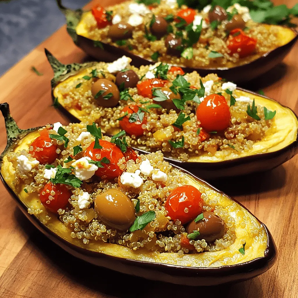 Die Hauptzutaten sind einfach und frisch. Für griechische Auberginenboote brauchst du: - 2 mittelgroße Auberginen - 1 Tasse gekochte Quinoa - 1 Tasse Kirschtomaten, halbiert - 1/2 Tasse Feta-Käse, zerbröckelt - 1/4 Tasse Kalamata-Oliven, gehackt - 1/4 Tasse rote Zwiebel, fein gehackt - 2 Knoblauchzehen, gehackt Diese Zutaten machen die Auberginen lecker und nahrhaft. Die Quinoa gibt dir gute Proteine. Die Kirschtomaten sorgen für Frische. Feta und Oliven bringen den typischen griechischen Geschmack. Die Gewürze und Öle sind sehr wichtig für den Geschmack. Du brauchst: - 1 Esslöffel Olivenöl - 1 Teelöffel getrockneter Oregano - 1/2 Teelöffel geräuchertes Paprika-Pulver - Salz und Pfeffer nach Geschmack Olivenöl gibt den Auberginen eine schöne Bräunung. Oregano bringt den typischen griechischen Flair. Geräuchertes Paprika-Pulver fügt eine feine Note hinzu. Salz und Pfeffer sind für die richtige Würze. Du kannst auch optionale Zutaten hinzufügen. Das macht deine Auberginenboote noch besser. Einige Ideen sind: - Frische Petersilie oder Basilikum zur Garnierung - Zucchini oder Paprika für mehr Gemüse - Pinienkerne oder Walnüsse für einen Knusper-Effekt Diese Zutaten sind nicht nötig, aber sie bringen zusätzliche Aromen und Texturen. Experimentiere mit dem, was du magst! Zuerst heize deinen Ofen auf 200°C vor. Nimm die zwei Auberginen und schneide sie der Länge nach. Entferne das Fruchtfleisch, aber lasse etwa 1,5 cm Schale. Das Fruchtfleisch kannst du gleich beiseitelegen. Jetzt bestreiche die Auberginenhälften mit Olivenöl. Würze sie mit Salz und Pfeffer. Lege sie mit der Schnittfläche nach unten auf ein Backblech. Röste sie für etwa 20 Minuten, bis sie weich sind. Während die Auberginen rösten, nimm das reservierte Fruchtfleisch. Hacke es in kleine Stücke. Erhitze etwas Olivenöl in einer Pfanne bei mittlerer Hitze. Füge das gehackte Auberginenfruchtfleisch, den Knoblauch und die rote Zwiebel hinzu. Sautiere alles 5-6 Minuten, bis es weich ist. Rühre die gekochte Quinoa, Kirschtomaten, Kalamata-Oliven, Oregano und geräuchertes Paprika-Pulver ein. Würze mit Salz und Pfeffer. Koche alles für weitere 3-4 Minuten, bis die Tomaten weich werden. Nimm die Pfanne vom Herd und rühre den zerbröckelten Feta-Käse unter. Wenn die Auberginenhälften fertig sind, nimm sie aus dem Ofen. Drehe sie vorsichtig mit der Schnittfläche nach oben. Fülle jede Auberginenhälfte mit der Quinoa-Mischung. Lass sie ruhig überlaufen, das sieht schön aus! Stelle die gefüllten Auberginen zurück in den Ofen. Backe sie für 10-15 Minuten, bis sie warm sind und leicht goldbraun oben. Nimm die Auberginen heraus und garniere sie mit frischer Petersilie oder Basilikum. Jetzt sind sie bereit zum Servieren! Wählen Sie feste und glatte Auberginen. Achten Sie auf eine tiefviolette Farbe. Die Haut sollte glänzen und keine dunklen Flecken haben. Der Stiel sollte grün und frisch aussehen. Vermeiden Sie große oder überreife Auberginen, da diese oft bitter sind. Für eine vegane Version lassen Sie den Feta-Käse weg. Sie können ihn durch eine Mischung aus Nüssen oder Tofu ersetzen. Diese Zutaten bringen einen ähnlichen Geschmack. Verwenden Sie auch mehr Gemüse in der Füllung. Zucchini oder Pilze passen gut dazu und machen das Gericht noch bunter. Servieren Sie die gefüllten Auberginen mit einem frischen Salat. Ein einfacher gemischter Salat mit Olivenöl und Zitronensaft ist ideal. Auch ein Joghurt-Dip passt gut dazu. Für mehr Geschmack können Sie Fladenbrot oder Pita dazu reichen. Es macht das Essen noch geselliger und leckerer. {{image_4}} Sie können das Rezept leicht anpassen. Fügen Sie Zucchini oder Paprika hinzu. Diese Zutaten ergänzen den Geschmack. Zucchini hat eine milde Süße, die gut harmoniert. Paprika bringt eine knackige Textur und Farbe. Schneiden Sie sie klein und sautieren Sie sie mit der Zwiebel. So wird die Füllung noch bunter und schmackhafter! Für mehr Protein können Sie Fleisch oder Hülsenfrüchte verwenden. Hackfleisch, wie Rind oder Lamm, passt gut in die Mischung. Kochen Sie das Fleisch zuerst in der Pfanne. Mischen Sie es dann mit der Quinoa-Füllung. Wenn Sie vegetarisch sind, nutzen Sie Kichererbsen oder schwarze Bohnen. Diese Optionen machen das Gericht nahrhafter und sättigender. Wenn Sie glutenfrei essen, ist Quinoa eine tolle Wahl. Sie können aber auch Reis oder Buchweizen verwenden. Beide sind glutenfrei und leicht zuzubereiten. Kochen Sie sie wie die Quinoa und mischen Sie sie mit den anderen Zutaten. So bleibt Ihr Gericht gesund und lecker. Um die gefüllten Auberginenboote frisch zu halten, lege sie in einen luftdichten Behälter. So bleiben sie bis zu drei Tage im Kühlschrank gut. Du kannst sie auch in einem abgedeckten Teller aufbewahren. Achte darauf, dass die Füllung nicht austrocknet. Diese Auberginenboote frieren gut ein. Stelle sicher, dass sie abgekühlt sind, bevor du sie einfrierst. Packe sie in einen gefrierfesten Behälter oder in Frischhaltefolie. Sie halten bis zu zwei Monate im Gefrierfach. Zum Auftauen, lege sie über Nacht in den Kühlschrank. Um die gefüllten Auberginenboote wieder aufzuwärmen, lege sie auf ein Backblech. Heize den Ofen auf 180°C vor und backe sie etwa 15-20 Minuten. So werden sie gleichmäßig warm und die Füllung bleibt saftig. Du kannst sie auch in der Mikrowelle erwärmen, aber der Ofen gibt ein besseres Ergebnis. Die gefüllten Auberginen sind im Kühlschrank etwa 3 bis 5 Tage haltbar. Lagern Sie sie in einem luftdichten Behälter. Wenn Sie sie gut verpacken, bleibt der Geschmack frisch. Achten Sie darauf, die Auberginen vor dem Verzehr gut zu prüfen. Wenn sie seltsam riechen oder die Farbe ändern, werfen Sie sie weg. Ja, Sie können die Quinoa durch andere Getreidearten ersetzen. Brauner Reis oder Couscous sind gute Optionen. Sie können auch Linsen oder Hirse nutzen. Jedes Getreide hat seinen eigenen Geschmack, der das Gericht verändert. Experimentieren Sie mit verschiedenen Sorten, um Ihre Lieblingskombination zu finden. Ja, griechische Auberginenboote sind perfekt für Meal Prep. Sie lassen sich gut aufbewahren und wieder aufwärmen. Bereiten Sie eine große Menge zu und teilen Sie sie in Portionen auf. So haben Sie gesunde Mahlzeiten für die Woche. Sie sind einfach zu machen und schmecken auch nach ein paar Tagen noch lecker. Griechische Auberginenboote sind lecker und gesund. Wir haben die wichtigsten Zutaten, wie Auberginen und Gewürze, besprochen. Ich habe dir eine einfache Anleitung zur Zubereitung gegeben, damit du sie selbst machen kannst. Auch Tipps zur Auswahl der besten Auberginen und Variationen mit verschiedenen Zutaten helfen dir weiter. Mein letzter Gedanke: Sei kreativ mit deinen Füllungen. Es gibt viele Möglichkeiten, diese Schalen zu befüllen. Egal, ob vegan oder mit Fleisch, sie sind immer ein Hit. Genieße dein Essen und teile deine Kreationen!