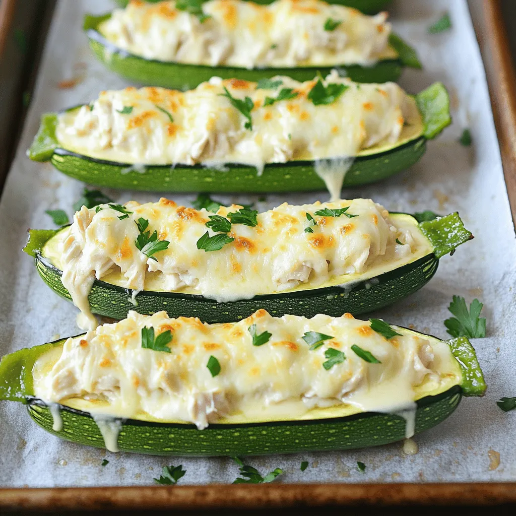 Für die Zubereitung der Chicken Alfredo Zucchini Boats benötigst du folgende Zutaten: - 4 mittelgroße Zucchini - 2 Tassen gekochtes Hähnchen, zerkleinert - 1 Tasse Schlagsahne - 1 Tasse geriebener Parmesan-Käse - 2 Esslöffel Butter - 3 Knoblauchzehen, fein gehackt - 1 Teelöffel italienische Kräuter - Salz und Pfeffer nach Geschmack - 1 Tasse geriebener Mozzarella-Käse - Frische Petersilie zum Garnieren Achte darauf, frische Zucchini zu wählen. Die Zucchini sollten fest und glänzend sein. Gekochtes Hähnchen kann von einem Restgericht stammen oder frisch zubereitet werden. Verwende hochwertige Schlagsahne für eine cremige Sauce. Der Parmesan sollte frisch gerieben sein, um den besten Geschmack zu erzielen. Knoblauch gibt dem Gericht eine tolle Tiefe. Falls du keine Zucchini hast, kannst du Auberginen oder Paprika verwenden. Statt Schlagsahne kannst du auch eine pflanzliche Sahne nutzen. Für eine leichtere Option ersetze die Butter durch Olivenöl. Wenn du keinen Parmesan hast, probiere Pecorino oder einen anderen Hartkäse. Frische Kräuter wie Basilikum oder Oregano können italienische Kräuter ersetzen. Heize deinen Ofen auf 190°C vor. Dies sorgt dafür, dass die Zucchini gleichmäßig garen. Nimm die Zucchini und schneide sie der Länge nach in zwei Hälften. Mit einem Löffel höhlst du das Innere aus. Achte darauf, genug Platz für die Füllung zu lassen. Lege die Zucchinihälften auf ein mit Backpapier ausgelegtes Backblech. So bleibt alles sauber und die Zucchini können nicht ankleben. In einer Pfanne erhitze die Butter bei mittlerer Hitze. Füge die fein gehackten Knoblauchzehen hinzu und brate sie etwa eine Minute an. Du wirst den tollen Duft von frischem Knoblauch spüren! Gieße nun die Schlagsahne in die Pfanne und rühre ständig um. Nach und nach fügst du den geriebenen Parmesan hinzu. Rühre weiter, bis der Käse schmilzt und die Sauce schön cremig wird. Jetzt kommt das zerkleinerte Hähnchen und die italienischen Kräuter dazu. Rühre gut um und schmecke mit Salz und Pfeffer ab. Die Sauce ist nun fertig! Nimm die Hähnchen-Alfredo-Mischung und löffle sie großzügig in jedes Zucchini-Boot. Die Zucchini wird so lecker! Bestreue jede gefüllte Zucchini mit geriebenem Mozzarella-Käse. Stelle das Blech in den vorgeheizten Ofen und backe die Zucchini-Boote für 25 bis 30 Minuten. Sie sind fertig, wenn die Zucchini zart ist und der Käse goldbraun und sprudelnd wird. Nimm sie aus dem Ofen und lasse sie kurz abkühlen. Vor dem Servieren kannst du frische Petersilie darüber streuen. Das gibt einen tollen Farbkontrast! Für die perfekte Alfredo-Sauce ist es wichtig, frische Zutaten zu verwenden. Beginnen Sie mit der Butter. Lassen Sie sie in einer Pfanne bei mittlerer Hitze schmelzen. Fügen Sie dann den fein gehackten Knoblauch hinzu. Braten Sie den Knoblauch kurz an, bis er duftet. Das gibt der Sauce viel Geschmack. Gießen Sie nun die Schlagsahne in die Pfanne. Rühren Sie gut um, um Klumpen zu vermeiden. Fügen Sie langsam den Parmesan-Käse hinzu. Rühren Sie weiter, bis er ganz geschmolzen ist. Dies sorgt für eine cremige Konsistenz. Vergessen Sie nicht, mit Salz und Pfeffer abzuschmecken. Dieses Rezept ist sehr flexibel. Sie können verschiedene Käsesorten ausprobieren. Zum Beispiel können Sie Gouda oder Feta verwenden. Auch das Hähnchen lässt sich leicht ersetzen. Sie könnten gekochte Garnelen oder Tofu verwenden. Wenn Sie es schärfer mögen, fügen Sie etwas rote Chiliflocken hinzu. Für mehr Gemüse können Sie Spinat oder Pilze hinzufügen. Lassen Sie Ihrer Kreativität freien Lauf. So wird jedes Gericht einzigartig. Servieren Sie die Zucchini-Boote warm. Sie können sie mit einem frischen Salat kombinieren. Auch ein Stück knuspriges Brot passt gut dazu. Für einen besonderen Touch können Sie frische Petersilie darüber streuen. Das sieht nicht nur schön aus, sondern gibt auch frischen Geschmack. Wenn Sie Gäste haben, stellen Sie die Zucchini-Boote in die Mitte des Tisches. Jeder kann sich selbst bedienen. So wird das Essen noch geselliger. {{image_4}} Wenn Sie eine vegetarische Option wünschen, können Sie das Hähnchen ganz weglassen. Ersetzen Sie es durch gekochte Quinoa oder Linsen. Diese Zutaten fügen Protein und Textur hinzu. Sie können auch Pilze oder Spinat verwenden, um mehr Geschmack zu bieten. Diese Alternativen machen das Gericht leicht und gesund. Um das Gericht interessanter zu machen, fügen Sie einige zusätzliche Zutaten hinzu. Gehackte Tomaten oder Paprika bringen Farbe und Frische. Auch Oliven oder Artischocken verleihen einen neuen Geschmack. Für einen kleinen Kick können Sie etwas rote Paprika oder Chili-Flocken einstreuen. Diese Zutaten sorgen dafür, dass jeder Biss aufregend bleibt. Für eine glutenfreie Version achten Sie darauf, den Käse und die Sahne zu wählen, die glutenfrei sind. Die Zucchini selbst ist schon glutenfrei und perfekt für dieses Gericht. Wenn Sie eine dickere Sauce möchten, verwenden Sie glutenfreie Mehlalternativen wie Mandelmehl oder Maisstärke. Diese Änderungen gewährleisten, dass jeder das Gericht genießen kann. Wenn Sie Reste von den Hähnchen-Alfredo-Zucchini-Boote haben, bewahren Sie sie am besten in einem luftdichten Behälter auf. Lassen Sie die Zucchini-Boote zuerst auf Raumtemperatur abkühlen. Legen Sie sie dann in den Behälter. So bleiben sie frisch und lecker. Lagern Sie die Reste im Kühlschrank. Um die Zucchini-Boote wieder aufzuwärmen, verwenden Sie den Ofen. Heizen Sie ihn auf 180°C vor. Legen Sie die Zucchini-Boote auf ein Backblech und decken Sie sie mit Folie ab. Backen Sie sie etwa 15 bis 20 Minuten. So bleibt der Käse schön schmelzig und die Zucchini wird nicht matschig. Sie können auch die Mikrowelle nutzen. Erwärmen Sie sie in 30-Sekunden-Intervallen. Im Kühlschrank bleiben die Reste 3 bis 4 Tage frisch. Wenn Sie sie länger aufbewahren möchten, frieren Sie sie ein. In einem gefrierfesten Behälter halten sie sich bis zu 3 Monate. Denken Sie daran, die Zucchini-Boote gut einzupacken, damit sie nicht austrocknen. Lassen Sie die gefrorenen Zucchini-Boote im Kühlschrank über Nacht auftauen, bevor Sie sie wieder aufwärmen. Die Zubereitung dauert insgesamt etwa 45 Minuten. Die Vorbereitungszeit beträgt 15 Minuten. Während dieser Zeit schneiden Sie die Zucchini und bereiten die Sauce vor. Dann backen Sie die Zucchini-Boote für 25 bis 30 Minuten im Ofen. So erhalten Sie ein schnelles und leckeres Gericht. Ja, gefrorenes Hähnchen ist möglich, aber es muss vorher aufgetaut werden. Achten Sie darauf, das Hähnchen vollständig durchzugaren, bevor Sie es in die Zucchini-Boote füllen. Dies sorgt für Sicherheit und Geschmack in Ihrem Gericht. Ja, Zucchini-Boote eignen sich hervorragend für Meal Prep. Sie können sie im Voraus zubereiten und im Kühlschrank lagern. Einfach aufwärmen, wenn Sie bereit sind, sie zu essen. Das macht diese Boote perfekt für schnelle, gesunde Mahlzeiten unter der Woche. In diesem Artikel haben wir die Zutaten, die Anleitung und viele nützliche Tipps für Hähnchen-Alfredo-Zucchini-Boote besprochen. Du hast erfahren, wie du die perfekten Zucchini-Boote zubereitest und anpasst. Vergiss nicht, kreativ mit diesen Rezepten zu sein. Ob du vegetarische oder glutenfreie Optionen wählst, die Möglichkeiten sind vielfältig. Nutze die Lagerhinweise, um Reste optimal zu verwenden. Diese Gerichte sind nicht nur lecker, sondern auch gesund und vielseitig. Viel Freude beim Kochen und Genießen!