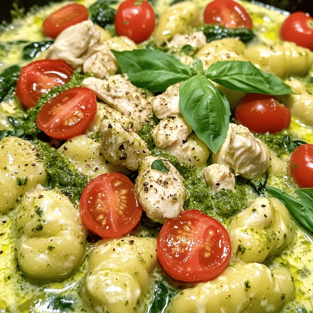 Für cremige Pesto-Hühnchen-Gnocchi brauchen Sie einige einfache Zutaten. Hier ist die Liste: - 450 g Gnocchi - 2 Hähnchenbrustfilets, gewürfelt - 240 ml Schlagsahne - 125 ml Basilikumpesto - 1 Tasse Kirschtomaten, halbiert - 2 Tassen frischer Babyspinat - 2 Esslöffel Olivenöl - 2 Knoblauchzehen, fein gehackt - Salz und Pfeffer nach Geschmack - Geriebener Parmesan für die Garnitur - Frische Basilikumblätter zur Dekoration Diese Zutaten geben dem Gericht seinen tollen Geschmack und die cremige Textur. Die Wahl der Gnocchi ist wichtig. Sie können frische oder getrocknete Gnocchi verwenden. Ich empfehle frische Gnocchi, weil sie weich und zart sind. Sie kochen schnell und nehmen die Sauce gut auf. Wenn Sie die getrocknete Variante wählen, achten Sie darauf, sie in viel Wasser zu kochen. So bleiben sie schön locker. Pesto ist das Herzstück dieses Gerichts. Sie können Pesto selbst machen oder im Laden kaufen. Selbstgemachtes Pesto hat einen frischen Geschmack. Es ist einfach, wenn Sie frische Kräuter und Nüsse haben. Wenn Sie wenig Zeit haben, kaufen Sie ein gutes Pesto. Achten Sie auf die Zutaten. Ein Pesto mit frischem Basilikum und hochwertigem Olivenöl schmeckt am besten. Beide Optionen sind lecker, wählen Sie einfach, was für Sie am besten passt. Um die Gnocchi perfekt zuzubereiten, brauchen Sie einen großen Topf. Füllen Sie ihn mit leicht gesalzenem Wasser und bringen Sie das Wasser zum Kochen. Geben Sie die Gnocchi hinein und kochen Sie sie gemäß den Anweisungen auf der Verpackung. Achten Sie darauf, dass die Gnocchi an die Oberfläche steigen. Das dauert etwa 2-3 Minuten. Nach dem Kochen sollten Sie die Gnocchi abgießen und beiseite stellen. Für das Hühnchen brauchen Sie eine große Pfanne. Erhitzen Sie das Olivenöl bei mittlerer Hitze. Fügen Sie die gewürfelten Hähnchenbrustfilets hinzu. Würzen Sie sie mit Salz und Pfeffer. Braten Sie das Hühnchen etwa 6-7 Minuten lang an. Es sollte goldbraun und durchgegart sein. Wenn es fertig ist, nehmen Sie das Hühnchen aus der Pfanne und stellen es beiseite. In derselben Pfanne fügen Sie die fein gehackten Knoblauchzehen hinzu. Braten Sie den Knoblauch etwa 1 Minute lang an, bis er duftet. Gießen Sie die Schlagsahne hinein und bringen Sie die Mischung zum Köcheln. Rühren Sie das Basilikumpesto gut unter, bis es gleichmäßig verteilt ist. Jetzt fügen Sie die halbierten Kirschtomaten und den frischen Babyspinat hinzu. Kochen Sie alles, bis der Spinat verwelkt und die Tomaten leicht weich sind, was etwa 3-4 Minuten dauert. Geben Sie das angebratene Hühnchen und die gekochten Gnocchi zurück in die Pfanne. Vermengen Sie alles vorsichtig, bis die Gnocchi und das Hühnchen gut mit der Sauce überzogen sind. Kochen Sie alles noch 2 Minuten lang, damit es gut durchwärmt wird. Um die Sauce noch besser zu machen, probieren Sie frische Zutaten. Verwenden Sie frisches Basilikum anstelle von Pesto aus dem Glas, wenn möglich. Fügen Sie etwas Zitronensaft hinzu. Das gibt der Sauce einen frischen Geschmack. Achten Sie darauf, die Schlagsahne nicht zu stark zu kochen. So bleibt die Sauce schön cremig und lecker. Ein häufiger Fehler ist, die Gnocchi zu lange zu kochen. Halten Sie sich an die Verpackungsanweisungen. Wenn sie zu weich sind, verlieren sie ihre Form. Achten Sie auch darauf, das Hühnchen nicht zu überkochen. Es sollte saftig und zart sein. Wenn Sie die Sauce zu lange kochen, wird sie dick und schwer. Kochen Sie sie nur, bis alle Zutaten gut vermischt sind. Die Garnitur macht das Gericht besonders schön. Verwenden Sie frische Basilikumblätter für einen Farbtupfer. Geriebener Parmesan passt perfekt dazu und bringt mehr Geschmack. Für einen zusätzlichen Crunch können Sie geröstete Pinienkerne oder Walnüsse verwenden. Diese geben dem Gericht eine besondere Note und Textur. {{image_4}} Wenn du eine vegetarische Option suchst, kannst du das Hühnchen einfach weglassen. Das Gericht bleibt trotzdem lecker und sättigend. Statt Hühnchen kannst du noch mehr Gemüse hinzufügen. So bleibt der Geschmack frisch und bunt. Probiere es mit gebratenen Paprika oder Brokkoli. Pilze und Zucchini passen sehr gut zu cremigen Pesto-Gnocchi. Sie bringen eine tolle Textur und Geschmack. Du kannst 200 g Champignons in Scheiben schneiden. Brate sie einfach mit dem Hähnchen an, bis sie goldbraun sind. Zucchini lässt sich auch gut nutzen. Schneide sie in kleine Würfel und gib sie nach dem Knoblauch in die Pfanne. So werden sie schön weich und aromatisch. Für eine glutenfreie Version wähle glutenfreie Gnocchi. Es gibt viele Marken, die dir helfen können, das Gericht gesund zu halten. Achte darauf, dass alle anderen Zutaten auch glutenfrei sind. So kannst du das Rezept ohne Sorgen genießen und alle Gäste glücklich machen. Um übrig gebliebene Gnocchi zu lagern, lassen Sie das Gericht zuerst abkühlen. Füllen Sie dann die Gnocchi in einen luftdichten Behälter. Damit bleibt die Frische erhalten. Legen Sie ein Stück Frischhaltefolie auf die Gnocchi, bevor Sie den Deckel schließen. Dies verhindert, dass sie austrocknen. Für die Wiederv Erwärmung empfehle ich, die Gnocchi in einer Pfanne zu erhitzen. Fügen Sie einen kleinen Schuss Wasser oder etwas Olivenöl hinzu. So bleiben die Gnocchi schön weich. Erhitzen Sie sie bei mittlerer Hitze und rühren Sie gelegentlich um. Alternativ können Sie die Gnocchi auch in der Mikrowelle erhitzen. Decken Sie sie mit einem feuchten Tuch ab, um das Austrocknen zu verhindern. Im Kühlschrank halten sich die Gnocchi etwa 3-4 Tage. Achten Sie darauf, den Behälter gut zu verschließen. Im Gefrierfach können die Gnocchi bis zu 2 Monate gelagert werden. Für beste Ergebnisse frieren Sie sie in Portionen ein. So können Sie sie nach Bedarf auftauen und genießen. Es dauert etwa 30 Minuten, um dieses Gericht zuzubereiten. Die Vorbereitungszeit beträgt 15 Minuten und das Kochen weitere 15 Minuten. Sie können also schnell ein leckeres Abendessen auf den Tisch bringen. Ja, Sie können die Gnocchi im Voraus zubereiten. Kochen Sie sie und lassen Sie sie abkühlen. Bewahren Sie die Gnocchi dann in einem luftdichten Behälter im Kühlschrank auf. Sie bleiben bis zu drei Tage frisch. Wenn Sie bereit sind zu essen, können Sie sie einfach in der Sauce erwärmen. Zu cremigen Pesto-Hühnchen-Gnocchi passen viele Beilagen. Hier sind einige Vorschläge: - Ein frischer grüner Salat mit Zitronen-Dressing. - Knoblauchbrot, das perfekt zum Dippen ist. - Gegrilltes Gemüse für einen gesunden Touch. Diese Beilagen ergänzen die Aromen des Gerichts und machen das Essen noch köstlicher. Cremige Pesto-Hühnchen-Gnocchi sind ein einfaches und leckeres Gericht. Wir haben die besten Zutaten, die Zubereitungsschritte und hilfreiche Tipps behandelt. Denk daran, deine Sauce zu perfektionieren und häufige Fehler zu vermeiden. Du kannst auch vegetarische Varianten ausprobieren oder Zutaten wie Pilze hinzufügen. Lagere Reste richtig und erwärme sie einfach. Hast du Fragen? Schau dir die FAQs an. Mit diesen Informationen kannst du das Gericht genießen und variieren. Viel Spaß beim Kochen!