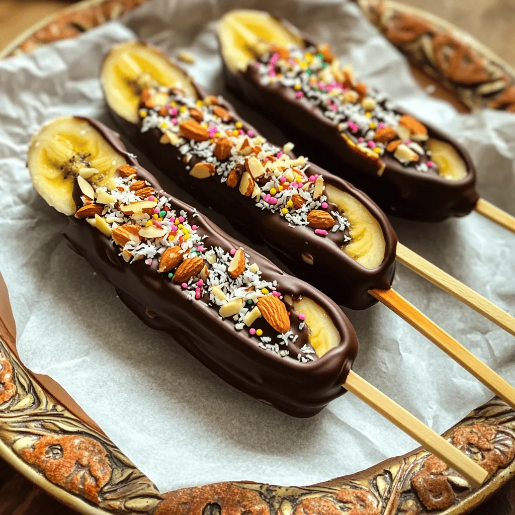 Für diese leckeren Schokoladenüberzogenen Bananen-Pops brauchst du nur einige einfache Zutaten: - 3 reife Bananen - 1 Tasse Zartbitterschokoladenstückchen - 1 Esslöffel Kokosöl - 6 Holz-Popsicle-Sticks Diese Zutaten sind leicht zu finden und machen das Rezept einfach und schnell. Du kannst das Rezept anpassen, um verschiedene Geschmäcker zu kreieren. Hier sind einige Vorschläge: - Gehackte Nüsse (z.B. Mandeln oder Walnüsse) - Kokosraspeln - Streusel (optional) Du kannst auch weiße Schokolade oder Milchschokolade verwenden, um den Geschmack zu ändern. Sei kreativ! Wähle reife Bananen für die besten Ergebnisse. Achte auf folgende Punkte: - Sie sollten gelb mit einigen braunen Flecken sein. - Vermeide grüne oder überreife Bananen. - Die Bananen sollten fest, aber leicht drückbar sein. Gute Bananen sorgen für einen tollen Geschmack und eine schöne Textur in deinem Dessert. Zuerst nehme ich die reifen Bananen. Ich schäle sie und schneide sie in der Mitte durch. Nun stecke ich vorsichtig einen Holz-Popsicle-Stick in jede Hälfte. So sitzt der Stick stabil und die Pops sind bereit für die Schokolade. Jetzt kommt der spannende Teil: die Schokolade! Ich gebe 1 Tasse Zartbitterschokoladenstückchen und 1 Esslöffel Kokosöl in eine mikrowellengeeignete Schüssel. Dann erwärme ich die Mischung in der Mikrowelle. Ich mache das in 30-Sekunden-Intervallen. Nach jedem Intervall rühre ich um, bis die Schokolade glatt ist. Sobald die Schokolade geschmolzen ist, tauche ich jede Bananenhälfte ein. Ich achte darauf, dass sie gut bedeckt sind. Danach lasse ich die überschüssige Schokolade abtropfen. Jetzt wird es kreativ! Während die Schokolade noch weich ist, rolle ich die Bananen-Pops in gehackten Nüssen oder Kokosraspeln. Ich drücke leicht, damit die Toppings gut haften. Jetzt stelle ich die Bananen-Pops aufrecht in einen Becher oder einen gefriergeeigneten Behälter. Ich friere sie mindestens 2 Stunden ein. Wenn die Schokolade fest ist, sind die Pops bereit. Ich nehme sie aus dem Gefrierfach und lasse sie ein paar Minuten bei Zimmertemperatur ruhen. So kann ich sie leichter essen. Um die Schokolade richtig zu schmelzen, nutzen Sie die Mikrowelle. Mischen Sie die Zartbitterschokoladenstückchen mit dem Kokosöl in einer mikrowellengeeigneten Schüssel. Erhitzen Sie die Mischung für 30 Sekunden. Rühren Sie dann gut um und wiederholen Sie das Erhitzen, bis die Schokolade glatt ist. Achten Sie darauf, die Schokolade nicht zu überhitzen. Das kann sie klumpig machen. Für eine schöne Präsentation legen Sie die Bananen-Pops auf einen dekorativen Teller. Verwenden Sie Backpapier, um die Pops einfach zu entnehmen. Das gibt der Präsentation einen sauberen Look. Sie können auch geschmolzene Schokolade über die Pops träufeln, um einen besonderen Effekt zu erzielen. Fügen Sie frische Früchte oder Minzblätter als Garnitur hinzu. Ein häufiger Fehler ist, die Bananen nicht richtig zu kühlen. Lassen Sie die Pops mindestens zwei Stunden im Gefrierfach, damit die Schokolade fest bleibt. Ein weiterer Fehler ist, die Bananen nicht gleichmäßig in die Schokolade zu tauchen. Achten Sie darauf, dass jede Bananenhälfte gut bedeckt ist. Zu viel Schokolade kann zu Tropfen führen. Wenn Sie die Toppings hinzufügen, machen Sie dies sofort, während die Schokolade noch weich ist. {{image_4}} Du kannst die Bananen-Pops ganz nach deinem Geschmack anpassen. Hier sind einige tolle Ideen für Toppings: - Gehackte Nüsse: Mandeln oder Walnüsse geben einen tollen Crunch. - Kokosraspeln: Sie sorgen für einen tropischen Touch. - Streusel: Bunte Streusel machen die Pops schöner und lustiger. - Erdnussbutter: Ein Löffel Erdnussbutter gibt einen leckeren, nussigen Geschmack. Probiere verschiedene Kombinationen aus. Du wirst überrascht sein, wie viele Geschmäcker du kreieren kannst! Bananen sind großartig, aber du kannst auch andere Früchte verwenden. Hier sind ein paar Ideen: - Erdbeeren: Tauche frische Erdbeeren in Schokolade und füge Toppings hinzu. - Kiwi: Kiwi-Scheiben sind frisch und lecker. - Ananas: Ananasstücke geben einen süßen, saftigen Geschmack. Diese fruchtigen Alternativen sind perfekt für den Sommer. Sie sind kühl und erfrischend! Schokolade ist der Star, aber es gibt viele Sorten. Hier sind einige Optionen, die du ausprobieren kannst: - Zartbitter: Für einen kräftigen, tiefen Geschmack. - Milchschokolade: Süßer und cremiger, perfekt für Kinder. - Weiße Schokolade: Sie hat einen milden Geschmack und sieht toll aus. Du kannst auch Schokoladensorten mischen. Das bringt noch mehr Vielfalt in deine Bananen-Pops! Um die Schokoladenüberzogenen Bananen-Pops frisch zu halten, lege sie in einen luftdichten Behälter. Stelle sicher, dass die Pops nicht aneinanderstoßen. So bleibt die Schokolade schön und knusprig. Du kannst auch Backpapier zwischen die Pops legen, damit sie sich nicht kleben. Die Bananen-Pops halten sich bis zu zwei Monate im Gefrierfach. Achte darauf, dass sie gut verpackt sind. Das schützt sie vor Gefrierbrand und hilft, den Geschmack zu bewahren. Überprüfe sie regelmäßig, um sicherzustellen, dass sie frisch bleiben. Um die Bananen-Pops aufzutauen, nimm sie einfach aus dem Gefrierfach. Lass sie etwa fünf Minuten bei Zimmertemperatur stehen. So wird die Schokolade nicht zu weich. Du kannst die Pops auch kurz unter warmes Wasser halten, um sie schneller zu genießen. Sie schmecken am besten frisch und knackig. Du kannst die Schokoladenüberzogenen Bananen-Pops bis zu zwei Monate im Gefrierfach aufbewahren. Achte darauf, sie in einem luftdichten Behälter zu lagern. So bleiben sie frisch und lecker. Wenn du sie länger aufbewahrst, kann die Textur darunter leiden. Ja, du kannst die Bananen auch auf andere Weise verarbeiten. Du kannst sie pürieren und in Joghurt oder Haferflocken mischen. Auch das Backen in Muffins oder Pfannkuchen ist möglich. So nutzt du die Bananen vielseitig und vermeidest Lebensmittelverschwendung. Ja, weiße Schokolade eignet sich gut für dieses Rezept. Sie bringt eine süße und cremige Note. Du kannst sie genau wie Zartbitterschokolade schmelzen. Achte darauf, die weiße Schokolade gut zu temperieren, damit sie beim Abkühlen schön glänzt. Schokoladenüberzogene Bananen-Pops sind einfach zuzubereiten und machen Spaß. Du hast gelernt, welche Zutaten du brauchst und wie du sie am besten auswählst. Die Schritt-für-Schritt-Anleitung hilft dir, Fehler zu vermeiden. Mit verschiedenen Toppings und Variationen kannst du deinen Pops neue Geschmäcker geben. Denke an die richtigen Lagerungs- und Haltbarkeits-Tipps, um lange Freude daran zu haben. Diese Leckerei macht jedes Dessert zu etwas Besonderem. Probier es aus, du wirst es lieben!