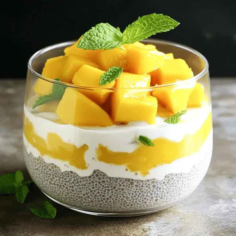 - 240 ml Kokosmilch - 240 ml Mandelmilch - 125 g Chiasamen - 2 Esslöffel Ahornsirup - 1 reife Mango - 1 Teelöffel Vanilleextrakt - Eine Prise Salz Die Hauptzutaten sind einfach und leicht zu finden. Kokosmilch gibt dem Pudding eine cremige Textur. Mandelmilch macht ihn leicht und frisch. Chiasamen sind der Star, sie quellen auf und werden gelartig. Ahornsirup süßt den Pudding und verleiht einen köstlichen Geschmack. Die Mango bringt Frische und Farbe. Vanilleextrakt rundet alles ab. Eine Prise Salz hebt die Aromen hervor. - Frische Minzblätter zur Garnitur - Zutaten für Variation (z.B. Beeren) Optionale Zutaten wie frische Minzblätter machen den Pudding noch besser. Sie fügen einen schönen Farbkontrast hinzu. Beeren sind auch eine leckere Wahl. Sie bringen süße und saftige Noten, die gut passen. - Transparente Gläser - Dekorative Teller Für die Präsentation verwende ich transparente Gläser. So sieht man die schönen Schichten. Dekorative Teller machen das Gericht noch ansprechender. Sie heben die Farben des Puddings und der Mango hervor. Um den Pudding zuzubereiten, mische zuerst die Flüssigkeiten. Nimm eine große Schüssel. Gib die Kokosmilch, die Mandelmilch, den Ahornsirup, den Vanilleextrakt und eine Prise Salz hinein. Rühre alles gut um, bis es gleichmäßig aussieht. Jetzt ist es Zeit, die Chiasamen hinzuzufügen. Streue sie in die Mischung. Rühre gut um, damit keine Klumpen entstehen. Die Chiasamen quellen auf und geben dem Pudding eine schöne Textur. Decke die Mischung ab. Du kannst Frischhaltefolie verwenden oder alles in ein Glas füllen. Stelle den Pudding in den Kühlschrank. Lass ihn dort für mindestens 4 Stunden stehen. Wenn du Zeit hast, lasse ihn besser über Nacht ruhen. So wird der Pudding schön fest. Nach der Kühlzeit rühre den Pudding noch einmal gut durch. Nimm dekorative Schalen oder Gläser. Schichte den Chia-Pudding abwechselnd mit den gewürfelten Mango-Stücken. Beginne mit einer Schicht Pudding und lege dann eine Schicht Mango darauf. Mache das so, bis alle Zutaten aufgebraucht sind. Um das Ganze zu verfeinern, garniere den Pudding mit frischen Minzblättern. Diese geben dem Gericht eine elegante Note. Stelle die Gläser auf einen schönen Teller, um die Präsentation zu verbessern. Um Klumpen zu vermeiden, rühre die Chiasamen gut in die Mischung ein. Das hilft, sie gleichmäßig zu verteilen. Eine gute Technik ist, die Mischung nach dem Hinzufügen der Samen für ein paar Minuten stehen zu lassen. Dann rühre sie erneut um. So kannst du sicherstellen, dass keine Klumpen bleiben. Plane die Zeit so, dass du den Pudding am Abend vorbereitest. Lass ihn über Nacht im Kühlschrank ruhen. So wird er richtig fest und lecker. Wenn du ihn am Morgen machst, denke daran, mindestens vier Stunden Kühlzeit einzuplanen. Fühle dich frei, zusätzliche Früchte hinzuzufügen! Du kannst Beeren, Bananen oder sogar Ananas verwenden. Sie bringen neue Geschmäcker und Farben in deinen Pudding. Wenn du das Rezept gesünder machen möchtest, probiere Zuckeralternativen wie Agavendicksaft oder Stevia. So bleibt der Pudding süß und gesund. Lagere den Pudding in einem luftdichten Behälter. So bleibt er frisch und lecker. Im Kühlschrank hält er sich bis zu fünf Tage. Achte darauf, dass du ihn gut abdeckst, damit er keine anderen Gerüche aufnimmt. {{image_4}} - Kalorien: Der Pudding hat etwa 200 Kalorien pro Portion. - Makronährstoffe: Jede Portion enthält etwa 10 g Fett, 30 g Kohlenhydrate und 5 g Eiweiß. - Vorteile von Chiasamen: Chiasamen sind reich an Ballaststoffen. Sie helfen bei der Verdauung und sorgen für ein langanhaltendes Sättigungsgefühl. Sie enthalten auch Omega-3-Fettsäuren, die gut für das Herz sind. - Vorteile von Kokos- und Mandelmilch: Kokosmilch gibt gesunde Fette und einen tollen Geschmack. Mandelmilch ist kalorienarm und enthält viel Vitamin E, das die Haut schützt. - Hinweise auf häufige Allergene: Diese Rezept enthält Chiasamen und Nüsse. Achte darauf, wenn du Allergien hast. - Tipps für Allergiker: Wenn du Nüsse nicht verträgst, wähle andere Pflanzenmilch wie Sojamilch oder Hafermilch. Statt Honig kannst du Agavendicksaft nutzen, um es vegan zu machen. Mango ist lecker, aber du kannst auch andere Früchte nutzen. Beeren wie Himbeeren oder Heidelbeeren passen gut. Sie bringen Farbe und Geschmack. Auch Bananen sind eine tolle Wahl. Schneide sie in kleine Stücke und mische sie unter den Pudding. So wird dein Dessert nicht nur fruchtig, sondern auch gesund. Du kannst sogar eine Mischung aus verschiedenen Früchten ausprobieren. Dies macht deinen Pudding noch interessanter und geschmackvoller. Wenn du eine vegane Option suchst, kannst du Agavendicksaft statt Honig verwenden. Agavendicksaft hat einen milden Geschmack und ist süß. Er lässt sich gut in die Mischung einarbeiten. Diese einfache Änderung macht dein Dessert vollständig pflanzlich. So kannst du es auch Freunden anbieten, die vegan leben. Coconut Mango Chia Pudding ist nicht nur ein einfacher Snack. Du kannst ihn auch in andere Desserts integrieren. Zum Beispiel, benutze ihn als Schicht in einem Parfait mit Joghurt und zusätzlichen Früchten. Das sieht schön aus und schmeckt großartig. Du kannst auch Pudding in eine Torte oder in Muffins einarbeiten. So wird dein Dessert noch kreativer und aufregender. Lass deiner Fantasie freien Lauf! Der Pudding hält sich gut für etwa 4 bis 5 Tage im Kühlschrank. Ich empfehle, ihn in einem luftdichten Behälter aufzubewahren. So bleibt er frisch und lecker. Achten Sie darauf, den Pudding vor dem Servieren gut umzurühren. Dies sorgt für eine gleichmäßige Konsistenz. Ja, Sie können sowohl frische als auch gefrorene Mango verwenden. Frische Mango hat oft einen süßeren Geschmack und eine bessere Textur. Gefrorene Mango kann jedoch schnell und einfach verwendet werden. Sie sollten die gefrorene Mango zuerst auftauen und gut abtropfen lassen. So vermeiden Sie zu viel Flüssigkeit im Pudding. Chia-Pudding ist sehr gesund. Chiasamen sind reich an Ballaststoffen und Omega-3-Fettsäuren. Sie fördern die Verdauung und geben ein langanhaltendes Sättigungsgefühl. Kokos- und Mandelmilch bieten gesunde Fette und Vitamine. Zusammen ergibt das einen nahrhaften Snack oder ein Frühstück. Zusammengefasst zeigt dieser Artikel, wie Sie einen leckeren Chia-Pudding zubereiten können. Sie lernen die wichtigsten Zutaten kennen, die Zubereitungsschritte und hilfreiche Tipps für Variationen. Denken Sie daran, dass die Kühlzeit für die beste Konsistenz wichtig ist. Experimentieren Sie mit verschiedenen Früchten und Aromen, um Ihren eigenen Twist zu finden. Nutzen Sie frische Zutaten und lagern Sie den Pudding richtig. So genießen Sie ein gesundes Dessert, das gut schmeckt und Ihnen gut tut.