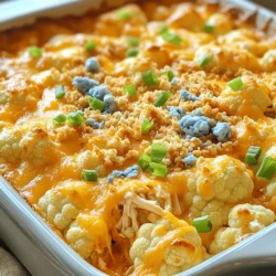 Für meinen Cheesy Buffalo Chicken Cauliflower Bake brauche ich einige wichtige Zutaten: - 1 mittelgroßer Blumenkohl, in Röschen zerteilt - 2 Tassen gekochtes Hähnchen, zerkleinert - 1/2 Tasse Buffalo-Sauce (wähle mild oder scharf) - 1 Tasse Frischkäse, weich - 1 Tasse geriebener Cheddar-Käse - 1/2 Tasse Blauschimmelkäse, zerbröselt (optional) - 1/2 Tasse Frühlingszwiebeln, gehackt Diese Zutaten sorgen für den herzhaften Geschmack. Um den Auflauf noch besser zu machen, verwende ich folgende Gewürze: - 1 Teelöffel Knoblauchpulver - 1 Teelöffel Zwiebelpulver - Salz und Pfeffer nach Geschmack Diese Gewürze bringen die Aromen zum Vorschein und machen das Gericht besonders lecker. Ich mag es, den Auflauf mit einem knusprigen Topping zu versehen. Hier ist, was ich benutze: - 1/2 Tasse Semmelbrösel - 2 Esslöffel Olivenöl Das Topping gibt dem Auflauf eine schöne goldene Farbe und eine tolle Textur. Es macht den ersten Bissen noch spannender! Zuerst musst du den Blumenkohl in kleine Röschen schneiden. Nimm einen mittelgroßen Blumenkohl und teile ihn auf. Koche die Röschen dann in einem großen Topf mit gesalzenem Wasser für etwa fünf Minuten. Die Röschen sollten leicht zart, aber nicht matschig sein. Nach dem Kochen gieße das Wasser ab und stelle die Röschen beiseite. Nun kommt der spaßige Teil! Nimm eine große Rührschüssel. Gib das zerkleinerte Hähnchen, die Buffalo-Sauce, den weichen Frischkäse und die Hälfte des geriebenen Cheddars hinein. Füge auch das Knoblauchpulver, das Zwiebelpulver, sowie Salz und Pfeffer hinzu. Mische alles gut, bis die Zutaten gleichmäßig verteilt sind. Dann nimm die vorbereiteten Blumenkohlröschen und hebe sie vorsichtig in die Hähnchenmischung. Achte darauf, dass der Blumenkohl gut bedeckt ist. Jetzt ist es Zeit, alles in die Auflaufform zu bringen! Fette eine Auflaufform von etwa 23x33 cm ein und gib die Mischung hinein. Verteile sie gleichmäßig. Streue den restlichen geriebenen Cheddar und optional den zerbröselten Blauschimmelkäse darüber. In einer kleinen Schüssel vermenge die Semmelbrösel mit dem Olivenöl. Bestreue die Käseschicht mit dieser Mischung, um eine knusprige Kruste zu erhalten. Backe den Auflauf bei 200 °C für 20 bis 25 Minuten. Der Käse sollte blubbern und die Semmelbrösel goldbraun sein. Lass den Auflauf nach dem Backen einige Minuten abkühlen. Garniere ihn dann mit gehackten Frühlingszwiebeln, bevor du ihn servierst. Um die beste Konsistenz für deinen Blumenkohl zu erreichen, gare die Röschen nicht zu lange. Fünf Minuten in kochendem Wasser sind ideal. Sie sollten leicht zart, aber noch fest sein. So behalten sie beim Backen ihre Form und knusprige Textur. Wenn du sie zu lange kochst, werden sie matschig. Wenn du Käse magst, aber Cheddar nicht dein Favorit ist, gibt es viele Optionen. Du kannst Mozzarella für eine mildere Note verwenden. Gouda bringt eine süßliche und würzige Note. Eine Mischung aus verschiedenen Käsesorten kann auch spannend sein. Vergiss den Blauschimmelkäse nicht, falls du etwas mehr Geschmack willst. Die Wahl der Buffalo-Sauce kann den Geschmack stark beeinflussen. Für weniger Schärfe wähle eine milde Sauce. Für mehr Kick, greife zur scharfen Variante. Du kannst auch selbst eine Mischung herstellen, indem du Butter und scharfe Soße kombinierst. Achte darauf, die Sauce gleichmäßig im Hähnchen zu verteilen, damit jeder Bissen köstlich ist. {{image_4}} Wenn du eine vegetarische Version machen möchtest, kannst du das Hähnchen einfach weglassen. Stattdessen kannst du mehr Blumenkohl verwenden oder eine Mischung aus Brokkoli und Blumenkohl ausprobieren. Diese Gemüsesorten halten die Textur und den Geschmack gut. Füge ein wenig geräucherten Paprika hinzu, um einen rauchigen Geschmack zu erzielen. Du kannst auch andere Gemüse zu deinem Auflauf hinzufügen. Karotten, Paprika oder Spinat passen gut dazu. Schneide sie klein und gare sie kurz mit dem Blumenkohl. Das bringt mehr Farbe und Nährstoffe in dein Gericht. Achte darauf, dass das Gemüse nicht zu weich wird, damit der Auflauf nicht matschig wird. Um den Geschmack zu intensivieren, experimentiere mit verschiedenen Gewürzen. Füge etwas Kreuzkümmel oder Paprika hinzu. Diese Gewürze geben deinem Auflauf eine ganz neue Note. Auch ein Spritzer Zitronensaft kann die Aromen aufhellen und erfrischen. Probiere es aus und finde deine perfekte Mischung! Du kannst den Käse-Buffalo-Hühnchen Blumenkohl-Auflauf im Kühlschrank aufbewahren. Lege den Auflauf in einen luftdichten Behälter. So bleibt er frisch. Er sollte innerhalb von drei bis vier Tagen gegessen werden. Wenn du mehr Zeit brauchst, friere den Auflauf ein. Lass den Auflauf zuerst vollständig abkühlen. Danach packe ihn in einen gefrierfesten Behälter. Du kannst ihn bis zu drei Monate im Gefrierfach lassen. Achte darauf, ihn gut abzudecken, um Frost zu vermeiden. Um den Auflauf aufzuwärmen, heize deinen Ofen auf 180 °C vor. Nimm den Auflauf aus dem Kühlschrank oder Gefrierfach. Wenn er gefroren ist, lass ihn vorher im Kühlschrank auftauen. Backe den Auflauf dann für etwa 20 Minuten, bis er heiß ist. Für eine knusprige Oberseite kannst du die letzten fünf Minuten den Grill einschalten. Ja, du kannst frisches Hähnchen verwenden. Allerdings musst du es zuerst kochen. Koche das Hähnchen in Wasser oder Brühe, bis es durch ist. Das dauert etwa 15 bis 20 Minuten. Danach kannst du das Hähnchen zerkleinern und wie im Rezept weiterverarbeiten. Das gibt dem Auflauf einen frischeren Geschmack. Die Schärfe der Buffalo-Sauce hängt von der Marke ab. Es gibt milde und scharfe Varianten. Wenn du es nicht so scharf magst, wähle die milde Sauce. Du kannst auch die Menge anpassen, um die Schärfe zu steuern. Fange mit wenig Sauce an und probiere die Mischung. So kannst du die Schärfe nach deinem Geschmack anpassen. Ja, der Auflauf kann glutenfrei sein. Achte darauf, glutenfreie Semmelbrösel zu verwenden. Viele Marken bieten glutenfreie Optionen an. Das macht den Auflauf für Menschen mit Glutenunverträglichkeit sicher. Überprüfe auch die Zutaten in der Buffalo-Sauce, um sicherzustellen, dass sie glutenfrei ist. So kannst du den Auflauf ohne Sorgen genießen. In diesem Artikel hast du die wichtigsten Zutaten für den Auflauf kennengelernt. Wir haben die Hauptzutaten, Gewürze und mögliche Toppings besprochen. Du hast Schritt für Schritt gelernt, wie man den Auflauf zubereitet und Tipps für die perfekte Konsistenz erhalten. Auch verschiedene Variationen und Lagerhinweise wurden behandelt. Denke daran, dass du mit den Zutaten spielen kannst. Sei kreativ und passe das Rezept an deinen Geschmack an. Viel Spaß beim Kochen!
