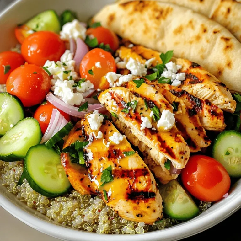 Für die Griechischen Hähnchen Gyro Bowls brauchst du frische und schmackhafte Zutaten. Diese machen dein Gericht besonders lecker und gesund. - 2 Hähnchenbrustfilets ohne Knochen und Haut - 3 Esslöffel Olivenöl - 2 Esslöffel griechischer Joghurt - 2 Knoblauchzehen, fein gehackt - 1 Esslöffel Zitronensaft - 1 Esslöffel getrockneter Oregano - 1 Teelöffel gemahlener Kreuzkümmel - Salz und Pfeffer nach Geschmack - 1 Tasse Kirsch-Tomaten, halbiert - 1 Salatgurke, gewürfelt - 1 rote Zwiebel, dünn geschnitten - 1 Tasse gekochte Quinoa oder Reis - 1 Tasse zerbröckelter Feta-Käse - Frische Petersilie, gehackt (zum Garnieren) - Pita-Brot (zum Servieren) Diese Zutaten sorgen für einen tollen Geschmack. Das Hähnchen wird durch die Marinade saftig und aromatisch. Die frischen Gemüse geben einen knackigen Biss. Feta-Käse bringt eine salzige Note und macht das Gericht perfekt. Pita-Brot rundet die Schalen ab und macht sie noch köstlicher. Um die Marinade zu machen, mische zuerst Olivenöl, griechischen Joghurt, gehackten Knoblauch, Zitronensaft, getrockneten Oregano, Kreuzkümmel, Salz und Pfeffer in einer Schüssel. Rühre alles gut um, bis es eine gleichmäßige Mischung gibt. Lege dann die Hähnchenbrustfilets in die Marinade. Achte darauf, dass sie gut bedeckt sind. Decke die Schüssel ab und stelle sie für mindestens 30 Minuten in den Kühlschrank. Je länger du das Hähnchen marinierst, desto mehr Geschmack zieht ein. Ich empfehle, es bis zu 4 Stunden marinieren zu lassen. Heize deinen Grill oder eine Grillpfanne auf mittelhohe Hitze vor. Nimm das marinierte Hähnchen aus der Schüssel und lege es auf den Grill. Grill das Hähnchen für etwa 6-7 Minuten auf jeder Seite. Es sollte eine Innentemperatur von 75°C erreichen, damit es vollständig durch ist. Nach dem Grillen lasse das Hähnchen ein paar Minuten ruhen. So bleiben die Säfte im Fleisch. Beginne mit einer Portion gekochter Quinoa oder Reis als Basis in jeder Schüssel. Dann füge die frischen Zutaten hinzu: halbierte Kirsch-Tomaten, gewürfelte Gurke und die dünn geschnittene rote Zwiebel. Danach schneide das gegrillte Hähnchen in Streifen und lege es auf das Gemüse. Zum Schluss streue zerbröckelten Feta-Käse darüber. Garniere alles mit frisch gehackter Petersilie. Serviere die Schalen zusammen mit warmem Pita-Brot für den perfekten Genuss. Die Marinierzeit ist wichtig für den Geschmack. Marinieren Sie das Hähnchen mindestens 30 Minuten. Besser ist es, wenn Sie es bis zu vier Stunden im Kühlschrank lassen. So zieht die Marinade tief ins Fleisch ein. Das macht das Hähnchen zart und saftig. Je länger das Hähnchen mariniert, desto intensiver wird der Geschmack. Experimentieren Sie mit verschiedenen Zeiten, um Ihre perfekte Marinierung zu finden. Sie können das Hähnchen auch anders zubereiten. Eine Grillpfanne funktioniert gut, wenn Sie keinen Grill haben. Der Backofen ist eine weitere Option. Stellen Sie den Ofen auf 200 Grad Celsius ein. Achten Sie darauf, die Temperatur beim Grillen gut zu kontrollieren. Das Hähnchen sollte eine Innentemperatur von 75 Grad Celsius erreichen. So ist es durchgegart und sicher zu essen. Für eine tolle Präsentation nutzen Sie bunte Beilagen. Servieren Sie die Gyro-Schalen mit frischen Salaten oder knusprigem Pita-Brot. Getränke wie griechischer Joghurt-Drink passen gut dazu. Achten Sie darauf, die Schalen schön anzurichten. Schichten Sie die Zutaten in der richtigen Reihenfolge. Garnieren Sie mit frischer Petersilie und zerbröckeltem Feta. So wird Ihr Gericht zum Blickfang! {{image_4}} Wenn du eine vegetarische Variante der Gyro-Schalen magst, gibt es viele Optionen. Tofu ist eine tolle Wahl. Du kannst ihn marinieren wie das Hähnchen. Kichererbsen sind auch lecker und nahrhaft. Sie passen gut zu den frischen Zutaten. Beide sind proteinreich und einfach zuzubereiten. Die Saucen machen die Gyro-Schalen besonders. Eine klassische Joghurtsauce ist einfach. Mische griechischen Joghurt mit Knoblauch, Zitrone und etwas Salz. Du kannst auch etwas Dill hinzufügen. Eine scharfe Sauce aus Tahini und Zitrone bringt Abwechslung. Diese Saucen machen jeden Bissen spannend und frisch. Saisonales Gemüse hebt den Geschmack. Im Sommer sind Tomaten und Gurken frisch und saftig. Im Herbst kannst du Kürbis oder Süßkartoffeln verwenden. Diese Zutaten bringen Farbe und Nährstoffe in deine Schalen. Achte darauf, was gerade Saison hat. So unterstützt du lokale Bauern und erhältst frische Produkte. Um die Reste deiner Griechischen Hähnchen Gyro Schalen frisch zu halten, folge diesen Tipps: - Lass die Gyro Schalen auf Raumtemperatur abkühlen. - Fülle sie in luftdichte Behälter. - Bewahre sie im Kühlschrank auf. So bleiben sie bis zu drei Tage frisch. - Beschrifte die Behälter mit dem Datum, um den Überblick zu behalten. Für die Langzeitlagerung kannst du die Gyro Schalen einfrieren. Achte darauf: - Teile die Schalen in Portionen auf. - Verwende gefriergeeignete Behälter oder Beutel. - So halten sie bis zu drei Monate. Um die Gyro Schalen richtig wieder aufzuwärmen, beachte diese Tipps: - Nimm die Schalen aus dem Kühlschrank oder Gefrierfach. - Lass sie zuerst etwas auftauen, wenn sie gefroren sind. - Erhitze sie in der Mikrowelle oder im Ofen. Für beste Ergebnisse: - Erhitze die Gyros im Ofen bei 180°C für etwa 10-15 Minuten. - Achte darauf, dass das Hähnchen heiß ist, aber nicht austrocknet. - Füge etwas Olivenöl hinzu, um die Feuchtigkeit zu bewahren. So bleiben die Textur und der Geschmack der Gyro Schalen erhalten. Die Gyro-Schalen bleiben im Kühlschrank etwa 3 bis 4 Tage frisch. Bewahre sie in einem luftdichten Behälter auf. Achte darauf, dass das Hähnchen und die frischen Zutaten gut verpackt sind. Wenn du die Schalen länger aufbewahren möchtest, friere sie ein. Das Hähnchen kann bis zu 3 Monate im Gefrierfach bleiben. Die Quinoa oder der Reis können ebenfalls eingefroren werden, aber die frischen Gemüsesorten sollten frisch genossen werden. Ja, du kannst das Hähnchen im Voraus marinieren. Ich empfehle, es mindestens 30 Minuten zu marinieren. Für den besten Geschmack mariniere das Hähnchen bis zu 4 Stunden im Kühlschrank. So zieht das Aroma in das Fleisch. Du kannst die Marinade auch am Morgen zubereiten und das Hähnchen bis zum Abend einlegen. Das spart Zeit und sorgt für ein köstliches Gericht. Ja, es gibt viele glutenfreie Optionen. Du kannst glutenfreies Fladenbrot verwenden. Alternativ sind auch Salatblätter eine tolle Idee als Wrap. Wenn du Lust auf eine andere Beilage hast, probiere Quinoa oder Reis. Sie passen gut zu den Gyro-Schalen und sind von Natur aus glutenfrei. In diesem Blogbeitrag haben wir die wichtigsten Schritte für köstliche Gyro-Schalen behandelt. Wir haben die Zutaten, die Marinade, das Grillen und das Anrichten zusammengefasst. Zudem gab es hilfreiche Tipps zu Lagerung und Variationen. Um das Beste aus deinem Gericht herauszuholen, probiere verschiedene Saucen und saisonales Gemüse. Diese Tipps helfen dir, deine Mahlzeit individuell anzupassen. Genieße das Kochen und lasse deiner Kreativität beim Zubereiten freien Lauf.