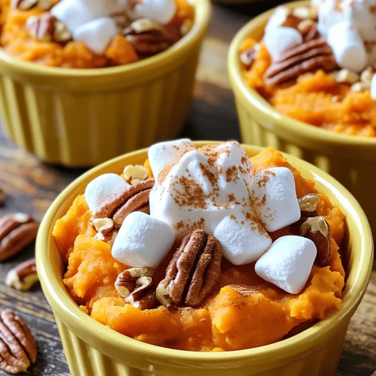 - 4 große Süßkartoffeln, geschält und gewürfelt - 120 g brauner Zucker - 100 g weißer Zucker - 120 g ungesalzene Butter, geschmolzen - 120 ml Milch - 2 große Eier - 1 Teelöffel Vanilleextrakt - 1/2 Teelöffel gemahlener Zimt - 1/4 Teelöffel gemahlene Muskatnuss - 200 g Mini-Marshmallows - 60 g gehackte Pekannüsse (optional) Die Hauptzutat in diesem Rezept sind die Süßkartoffeln. Ich wähle immer frische, große Süßkartoffeln. Sie sind süß und cremig. Der braune und weiße Zucker geben dem Auflauf seine süße Note. Geschmolzene Butter sorgt für Reichtum und Geschmack. Milch macht die Mischung schön cremig und Eier helfen beim Binden. Vanille und Gewürze bringen einen warmen, festlichen Geschmack. Mini-Marshmallows oben drauf sorgen für einen süßen, leckeren Abschluss. Pekannüsse sind optional, aber sie geben einen tollen Crunch. Kochen der Süßkartoffeln Zuerst schälen und würfeln Sie die Süßkartoffeln. Nehmen Sie einen großen Topf und fügen Sie die gewürfelten Kartoffeln hinzu. Kochen Sie sie in leicht gesalzenem Wasser für etwa 15 bis 20 Minuten. Überprüfen Sie die Konsistenz mit einer Gabel. Wenn sie zart sind, können Sie sie abgießen und etwas abkühlen lassen. Pürieren der Süßkartoffeln Nach dem Abgießen nehmen Sie eine große Schüssel. Verwenden Sie einen Kartoffelstampfer oder eine Gabel, um die Süßkartoffeln zu pürieren. Achten Sie darauf, dass das Püree glatt ist. Je glatter, desto besser wird der Auflauf. Mischung der süßen und cremigen Zutaten Fügen Sie nun die weiteren Zutaten in die Schüssel. Geben Sie braunen Zucker, weißen Zucker, geschmolzene Butter, Milch, Eier, Vanilleextrakt, Zimt und Muskatnuss hinzu. Rühren Sie alles gut um, bis die Mischung cremig und gleichmäßig ist. Der Duft wird köstlich! Vorbereitung der Backform Fetten Sie eine Auflaufform von etwa 23x33 cm gut ein. Das verhindert, dass der Auflauf anklebt. Geben Sie die Süßkartoffelmischung in die gefettete Form und verteilen Sie sie gleichmäßig. Backzeiten und Temperatur Heizen Sie den Ofen auf 175°C vor. Backen Sie den Auflauf für 25 bis 30 Minuten. Die Ränder sollten anfangen zu sprudeln. Das zeigt, dass er gut gart. Hinzufügen der Marshmallows Nach der ersten Backzeit nehmen Sie den Auflauf heraus. Streuen Sie die Mini-Marshmallows gleichmäßig über die Oberfläche. Wenn Sie möchten, fügen Sie die gehackten Pekannüsse hinzu. Sie geben einen schönen Crunch. Backen Sie den Auflauf dann für weitere 10 bis 15 Minuten, bis die Marshmallows goldbraun und aufgebläht sind. Lassen Sie ihn vor dem Servieren etwas abkühlen. Auswahl und Lagerung Wählen Sie große, feste Süßkartoffeln. Achten Sie auf eine glatte Haut. Lagern Sie sie an einem kühlen, dunklen Ort. Vermeiden Sie den Kühlschrank, da sie dort schnell verderben. Kochtechniken und -zeiten Kochen Sie die Süßkartoffeln in leicht gesalzenem Wasser. Dies dauert etwa 15-20 Minuten. Prüfen Sie mit einer Gabel, ob sie zart sind. Sie sollten leicht zerdrückt werden können. Die richtige Konsistenz erreichen Pürieren Sie die Süßkartoffeln gründlich. Verwenden Sie einen Kartoffelstampfer oder eine Gabel. Die Mischung sollte cremig und glatt sein. Klumpen können den Auflauf trocken machen. Anpassen der Süße Der Auflauf kann süßer oder weniger süß sein. Beginnen Sie mit der angegebenen Zuckermenge. Fügen Sie mehr hinzu, wenn Sie es süßer mögen. Brauner Zucker gibt einen reicheren Geschmack. Experimentieren Sie mit den Mengen! {{image_4}} Eine tolle Möglichkeit, den Süßkartoffelauflauf zu bereichern, ist die Zugabe von Nüssen. Pekannüsse sind besonders lecker. Sie bringen einen nussigen Geschmack und einen schönen Crunch. Einfach die gehackten Pekannüsse vor dem Backen auf die Marshmallows streuen. Wenn du eine vegane Variante möchtest, kannst du die Butter durch Kokosöl ersetzen. Du kannst auch die Eier durch Leinsamen oder Chiasamen ersetzen. Mische einfach einen Esslöffel Leinsamen mit drei Esslöffeln Wasser. Lass diese Mischung fünf Minuten stehen, bis sie dick wird. So erhältst du eine gute Bindung. Es gibt viele Wege, deinem Auflauf neue Geschmäcker zu verleihen. Karamell- oder Schokoladensauce schmecken wunderbar. Du kannst die Sauce einfach über die Marshmallows träufeln, bevor du den Auflauf backst. Ein wenig Zimt oder Muskatnuss kann auch helfen. Diese Gewürze bringen Wärme und Tiefe. Für einen besonderen Twist kannst du sogar eine Prise Chili hinzufügen. Es gibt viele Möglichkeiten, um deinen Süßkartoffelauflauf einzigartig zu machen! Um den Süßkartoffelauflauf frisch zu halten, bewahre ihn in einem luftdichten Behälter auf. So bleibt die Textur gut, und die Aromen bleiben erhalten. Der Auflauf hält sich im Kühlschrank bis zu 3 Tage. Wenn du den Auflauf wieder aufwärmen möchtest, heize den Ofen auf 175°C vor. Decke die Auflaufform mit Folie ab, damit er gleichmäßig warm wird. Backe ihn etwa 20 Minuten, bis er heiß ist. Alternativ kannst du ihn auch in der Mikrowelle aufwärmen. Stelle die Mikrowelle auf mittlere Leistung und erhitze ihn in Intervallen von 1 Minute. Um den Auflauf einzufrieren, lasse ihn zuerst vollständig abkühlen. Fülle ihn dann in einen gefrierfesten Behälter oder in Gefrierbeutel. So bleibt er bis zu 3 Monate frisch. Achte darauf, den Auflauf gut zu verpacken, um Gefrierbrand zu vermeiden. Wenn du bereit bist, ihn zu essen, taue den Auflauf im Kühlschrank über Nacht auf. Backe ihn dann wie gewohnt bei 175°C. So wird er wieder lecker und saftig. Der Auflauf braucht insgesamt etwa 35 bis 45 Minuten im Ofen. Zuerst backen Sie ihn bei 175°C für 25 bis 30 Minuten. Achten Sie darauf, dass die Ränder anfangen zu sprudeln. Dann streuen Sie die Mini-Marshmallows darüber und backen ihn für weitere 10 bis 15 Minuten. Die Marshmallows sollten goldbraun und aufgebläht sein. So wird der Auflauf perfekt. Ja, Sie können den Auflauf im Voraus machen. Kochen und pürieren Sie die Süßkartoffeln einen Tag vorher. Mischen Sie die anderen Zutaten und füllen Sie sie in die Auflaufform. Decken Sie die Form ab und stellen Sie sie in den Kühlschrank. Vor dem Backen nehmen Sie die Form heraus und lassen sie etwa 30 Minuten bei Raumtemperatur stehen. So backt der Auflauf gleichmäßiger. Zu diesem Süßkartoffelauflauf passen viele Beilagen. Ich empfehle, ihn mit einem grünen Salat zu servieren. Auch geröstetes Gemüse harmoniert gut. Für ein festliches Essen passen gebratene Hähnchenbrust oder ein Schweinebraten. Diese Beilagen ergänzen die Süße des Auflaufs perfekt. Dieser Blogbeitrag hat Ihnen gezeigt, wie man einen leckeren Süßkartoffelauflauf zubereitet. Wir haben die Hauptzutaten besprochen, Schritte zur Zubereitung, Backtechniken und wichtige Tipps geteilt. Variationen und Lagerungshinweise ergänzen die Anleitung. Denken Sie daran, dass die Auswahl der richtigen Zutaten und die Zubereitung der Süßkartoffeln entscheidend sind. Mit etwas Kreativität können Sie diesen Auflauf anpassen und Ihre eigene Note hinzufügen. Genießen Sie Ihr köstliches Gericht!