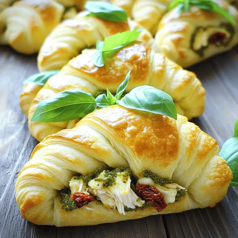 Für die Pesto Chicken gefüllten Croissant-Rollen brauchst du: - 1 Dose (225 g) gekühlter Croissant-Teig - 1 Tasse gekochtes Hähnchenfleisch, zerrupft - 60 ml Basilikum-Pesto - 120 g Frischkäse, weich - 60 g geriebener Mozzarella-Käse - 30 g getrocknete Tomaten, gehackt - 1/4 Teelöffel Knoblauchpulver - 1/4 Teelöffel schwarzer Pfeffer - 1 Ei (zum Bestreichen) - Frische Basilikumblätter (zur Dekoration) Wähle frisches Hähnchen, wenn du es selbst kochst. Du kannst gekochtes Hähnchen aus dem Supermarkt nehmen. Achte darauf, dass das Pesto von guter Qualität ist. Es sollte frisch und aromatisch sein. Verwende echten Frischkäse, um die Füllung cremig zu machen. Der Mozzarella sollte frisch sein, damit er gut schmilzt. Für eine vegetarische Option kannst du das Hähnchen durch gebratene Zucchini oder Spinat ersetzen. Ersetze den Frischkäse durch eine pflanzliche Alternative, wenn du vegan bist. Wenn du laktosefrei bist, wähle laktosefreien Käse und Frischkäse. Das Pesto kann auch ohne Käse gemacht werden, wenn du eine milchfreie Variante bevorzugst. Heize deinen Ofen auf 190°C vor. Das sorgt für eine gleichmäßige Hitze. Lege ein Backblech mit Backpapier aus. Das hilft, dass die Rollen nicht festkleben. Nimm eine große Schüssel. Vermische das zerrupfte Hähnchenfleisch mit dem Basilikum-Pesto. Füge den weichen Frischkäse hinzu. Der Frischkäse macht die Füllung cremig. Dann kommt der geriebene Mozzarella dazu. Dieser Käse schmilzt schön. Jetzt gib die gehackten getrockneten Tomaten hinein. Das bringt mehr Geschmack. Streue Knoblauchpulver und schwarzen Pfeffer in die Mischung. Rühre alles gut um, bis die Füllung gleichmäßig ist. Rolle den Croissant-Teig auf. Teile ihn entlang der perforierten Linien in Dreiecke. Lege einen Esslöffel der Hähnchen-Pesto-Mischung an das breite Ende eines Dreiecks. Rolle es von der breiten Seite zur spitzen Seite auf. Drücke die Nähte leicht zusammen, um die Füllung zu versiegeln. Wiederhole das mit allen Dreiecken. Lege die gefüllten Rollen auf das Backblech. Schlage das Ei in einer kleinen Schüssel auf. Bestreiche die Oberseiten der Rollen mit dem Ei. Das gibt eine schöne goldene Farbe. Backe die Rollen im Ofen für 12 bis 15 Minuten. Sie sollten goldbraun und aufgebläht sein. Nimm die Rollen aus dem Ofen und lasse sie kurz abkühlen. Garniere sie mit frischen Basilikumblättern vor dem Servieren. Um die perfekte Backzeit für Ihre Pesto Chicken gefüllten Croissant-Rollen zu bestimmen, beachten Sie, dass jeder Ofen anders ist. Stellen Sie sicher, dass Ihr Ofen auf 190°C vorgeheizt ist. Backen Sie die Rollen für 12-15 Minuten. Achten Sie darauf, dass die Oberseiten goldbraun sind. Wenn sie zu schnell bräunen, senken Sie die Temperatur leicht. Die Füllung für diese Croissant-Rollen ist sehr anpassbar. Sie können verschiedene Zutaten verwenden, um den Geschmack zu ändern. Hier sind einige Ideen: - Fügen Sie Spinat hinzu, um eine grüne Note zu bekommen. - Verwenden Sie Hähnchenbrust mit BBQ-Sauce für einen rauchigen Geschmack. - Ersetzen Sie Frischkäse durch Ricotta für eine andere Textur. Um Ihre gefüllten Croissant-Rollen schön zu präsentieren, legen Sie sie auf einen großen Teller. Dekorieren Sie sie mit frischen Basilikumblättern. Servieren Sie etwas Pesto in einem kleinen Schälchen zum Dippen. Dies macht das Gericht ansprechend und noch köstlicher. {{image_4}} Wenn du keine Lust auf Hähnchen hast, kannst du die Füllung leicht anpassen. Eine tolle vegetarische Option ist, Spinat und Ricotta zu verwenden. Mische einfach frischen Spinat mit Ricotta und etwas Feta-Käse. So erhältst du eine cremige und leckere Füllung. Du kannst auch Pilze, Paprika oder Zucchini hinzufügen. Diese Gemüse geben mehr Geschmack und Textur. Käse macht alles besser! Du kannst verschiedene Käsesorten ausprobieren, um den Geschmack zu verändern. Anstelle von Mozzarella kannst du Cheddar oder Gouda verwenden. Diese Käsesorten schmelzen gut und verleihen deinen Rollen einen reichen Geschmack. Für eine scharfe Note probiere Pepper Jack oder Parmesan. Experimentiere und finde deine Lieblingskombination! Pesto ist nicht die einzige Möglichkeit, deine Rollen zu füllen. Du kannst auch andere Aufstriche verwenden. Zum Beispiel, versuche sonnengetrocknete Tomatenpaste oder eine Olivenpaste. Diese bringen neue Aromen in dein Gericht. Wenn du es würziger magst, nimm scharfe Chilisauce oder Harissa. So kannst du den Geschmack nach deinem Wunsch anpassen. Nach dem Essen bleiben oft Reste übrig. Bewahre die gefüllten Rollen in einem luftdichten Behälter auf. So bleiben sie frisch. Sie können die Reste bis zu drei Tage im Kühlschrank lagern. Stelle sicher, dass sie gut abgekühlt sind, bevor du sie verstaut. Dies verhindert, dass sie matschig werden. Wenn du die gefüllten Rollen aufwärmst, nutze den Ofen. Heize ihn auf 180°C vor. Lege die Rollen auf ein Backblech und backe sie für etwa 10 Minuten. So werden sie wieder knusprig. Du kannst auch die Mikrowelle verwenden, aber sie werden nicht so knusprig. Wenn du die Mikrowelle wählst, erwärme sie in kurzen Intervallen von 30 Sekunden. Wenn du noch mehr Rollen hast, kannst du sie einfrieren. Lass die gefüllten Rollen zuerst ganz abkühlen. Wickele jede Rolle fest in Frischhaltefolie. Lege sie dann in einen luftdichten Behälter oder einen Gefrierbeutel. So bleiben sie bis zu zwei Monate frisch. Zum Aufwärmen kannst du sie direkt gefroren in den Ofen legen. Backe sie für 15-20 Minuten bei 180°C. Die gefüllten Croissant-Rollen sind im Kühlschrank etwa 3 bis 4 Tage haltbar. Bewahren Sie sie in einem luftdichten Behälter auf. So bleibt der Geschmack frisch. Wenn Sie sie länger aufbewahren möchten, frieren Sie sie ein. In der Tiefkühltruhe halten sie bis zu 3 Monate. Ja, Sie können frisches Hähnchen verwenden. Kochen Sie das Hähnchen zuerst, bevor Sie es zerrupfen. Durch das Kochen wird das Hähnchen zart und saftig. Sie können es auch würzen, um mehr Geschmack zu erhalten. Zu den gefüllten Croissant-Rollen passen viele Beilagen. Ein frischer Salat ist eine gute Wahl. Auch eine Gemüsesuppe passt gut dazu. Für einen herzhaften Snack können Sie auch Chips oder einen Dip servieren. In diesem Artikel haben wir die besten Zutaten und Schritte für gefüllte Croissant-Rollen besprochen. Du hast gelernt, wie man die perfekten Füllungen wählt und anpasst. Auf Tipps zur Aufbewahrung und dem Aufwärmen der Reste haben wir auch geachtet. Denke daran, dass du beim Backen kreativ sein kannst. Experimentiere mit verschiedenen Füllungen und Käsesorten, um neue Geschmäcker zu entdecken. So machst du jedes Mal tolle kleine Snacks. Viel Spaß beim Backen!