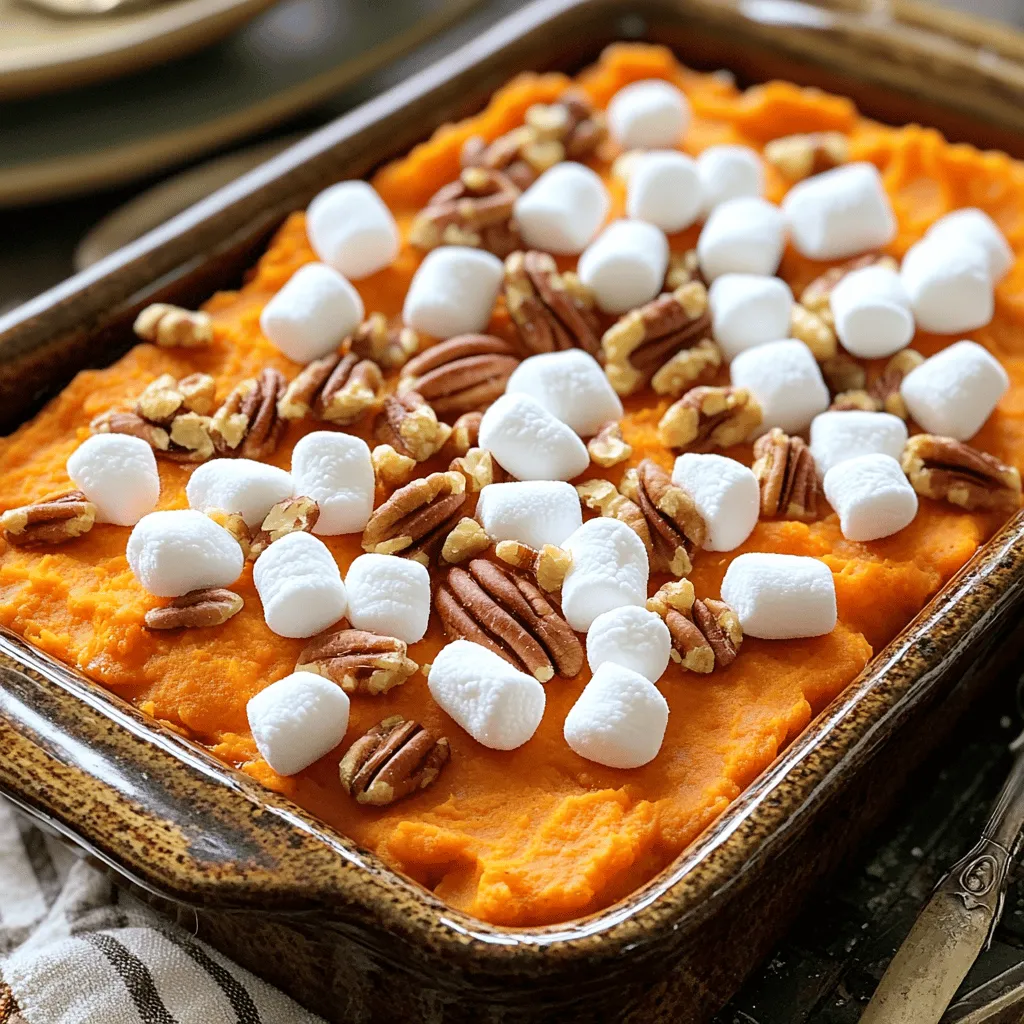 Für den perfekten Süßkartoffelauflauf brauchen wir einige Hauptzutaten: - 4 mittelgroße Süßkartoffeln, geschält und gewürfelt - 1/2 Tasse brauner Zucker - 1/4 Tasse Butter, geschmolzen - 1/2 Tasse Milch - 1 Teelöffel Vanilleextrakt - 1/2 Teelöffel gemahlener Zimt - 1/4 Teelöffel Muskatnuss - 1/4 Teelöffel Salz Diese Zutaten geben dem Auflauf seine süße und cremige Basis. Die Süßkartoffeln sind der Star des Gerichts, und der braune Zucker sorgt für eine köstliche Süße. Die Butter und die Milch machen den Auflauf schön cremig. Zusätzlich zu den Hauptzutaten gibt es einige Optionen, um den Geschmack zu verbessern: - 2 Tassen Mini-Marshmallows - 1/2 Tasse gehackte Pekannüsse (optional) Die Mini-Marshmallows geben dem Auflauf eine süße, klebrige Schicht oben drauf. Die Pekannüsse fügen einen tollen Crunch und eine nussige Note hinzu. Sie sind optional, aber sehr empfehlenswert! Die Präsentation ist wichtig, also hier sind einige Ideen zur Dekoration: - Eine Prise Zimt als Topping - Geröstete Pekannüsse für extra Crunch Diese einfachen Dekorationen machen den Auflauf noch ansprechender. Sie helfen, die Farben und Texturen hervorzuheben. So wird der Süßkartoffelauflauf nicht nur lecker, sondern sieht auch toll aus! Zuerst schälen Sie die Süßkartoffeln. Schneiden Sie sie in gleichmäßige Würfel. Dies hilft beim Kochen. Kochen Sie die Würfel in einem großen Topf mit gesalzenem Wasser. Lassen Sie sie etwa 15 bis 20 Minuten kochen, bis sie zart sind. Prüfen Sie mit einer Gabel, ob sie weich sind. Wenn sie fertig sind, lassen Sie sie abtropfen und kurz abkühlen. In einer großen Schüssel nehmen Sie die gekochten Süßkartoffeln. Pürieren Sie sie mit einem Kartoffelstampfer oder Mixer. Achten Sie darauf, eine glatte Konsistenz zu erreichen. Fügen Sie nun den braunen Zucker, die geschmolzene Butter, die Milch, den Vanilleextrakt, den Zimt, die Muskatnuss und das Salz hinzu. Mischen Sie alles gut. Die Mischung sollte gleichmäßig und cremig sein. Heizen Sie Ihren Ofen auf 175°C vor. Greifen Sie eine gefettete Auflaufform. Übertragen Sie die Süßkartoffelmischung in die Form. Glätten Sie die Oberfläche mit einem Spatel. Backen Sie den Auflauf für 25 bis 30 Minuten. Er sollte durchgehend warm sein. Nach dem Backen nehmen Sie die Form heraus und streuen die Mini-Marshmallows gleichmäßig darüber. Optional können Sie die gehackten Pekannüsse hinzufügen. Stellen Sie die Form zurück in den Ofen und backen Sie sie für weitere 10 bis 15 Minuten. Die Marshmallows sollten goldbraun und aufgebläht sein. Lassen Sie den Auflauf kurz abkühlen, bevor Sie ihn servieren. Die ideale Backtemperatur für den Süßkartoffelauflauf ist 175°C (350°F). So wird er gleichmäßig warm. Backen Sie den Auflauf zuerst für 25-30 Minuten. So wird die Süßkartoffelmischung gut erhitzt. Danach streuen Sie die Mini-Marshmallows oben drauf. Backen Sie ihn dann für weitere 10-15 Minuten. Dies macht die Marshmallows goldbraun und fluffig. Achten Sie darauf, den Auflauf nicht zu lange zu backen, um ein Verbrennen zu vermeiden. Um die perfekte Konsistenz zu erreichen, kochen Sie die Süßkartoffeln in gesalzenem Wasser. Kochen Sie sie etwa 15-20 Minuten, bis sie zart sind. Danach lassen Sie sie abtropfen und leicht abkühlen. Verwenden Sie dann einen Kartoffelstampfer oder Mixer. Pürieren Sie die Süßkartoffeln, bis sie ganz glatt sind. Eine gleichmäßige Mischung sorgt für ein besseres Geschmackserlebnis. Für ein großartiges Marshmallow-Topping wählen Sie Mini-Marshmallows. Sie schmelzen schneller und gleichmäßiger. Streuen Sie sie gleichmäßig über den Auflauf. Wenn Sie eine extra knackige Textur wollen, fügen Sie gehackte Pekannüsse hinzu. Diese geben zusätzlichen Crunch und Geschmack. Achten Sie darauf, den Auflauf beim Backen genau zu beobachten. So vermeiden Sie verbrannte Marshmallows und erhalten die perfekte goldene Farbe. {{image_4}} Wenn Sie den Süßkartoffelauflauf aufpeppen möchten, gibt es viele tolle Alternativen. Statt Mini-Marshmallows können Sie auch Karamellsauce verwenden. Das gibt dem Auflauf eine süße Note. Ein weiterer Vorschlag ist, geriebene Kokosnüsse hinzuzufügen. Kokosnüsse geben einen tropischen Geschmack und eine interessante Textur. Wenn Sie Nüsse mögen, versuchen Sie Walnüsse oder Mandeln. Diese geben einen schönen Crunch. Für Menschen mit speziellen Diäten gibt es viele Anpassungen. Wenn Sie vegan leben, ersetzen Sie die Butter durch pflanzliche Margarine. Verwenden Sie auch eine pflanzliche Milch, wie Mandel- oder Sojamilch. Für glutenfreie Optionen können Sie darauf achten, dass alle Zutaten glutenfrei sind. So bleibt der Auflauf für alle geeignet. Bei Zuckerkontrolle können Sie den braunen Zucker durch Kokoszucker oder Stevia ersetzen. Um den Auflauf interessanter zu machen, können Sie verschiedene Gewürze hinzufügen. Zum Beispiel passt Ingwer gut zu Süßkartoffeln. Auch eine Prise Cayennepfeffer gibt eine leichte Schärfe. Für mehr Frische können Sie Zitrusschalen wie Orange oder Zitrone hinzufügen. Diese bringen eine tolle Frische in den Auflauf. Experimentieren Sie mit verschiedenen Zutaten, um Ihren eigenen einzigartigen Auflauf zu kreieren. Um den Süßkartoffelauflauf frisch zu halten, kühlen Sie ihn schnell ab. Decken Sie die Auflaufform mit Frischhaltefolie ab. Alternativ können Sie den Auflauf in einen luftdichten Behälter umfüllen. So bleibt er bis zu fünf Tage im Kühlschrank haltbar. Achten Sie darauf, dass der Auflauf vollständig abgekühlt ist, bevor Sie ihn abdecken. Wenn Sie den Auflauf länger aufbewahren möchten, frieren Sie ihn ein. Lassen Sie den Auflauf vor dem Einfrieren vollständig abkühlen. Wickeln Sie ihn fest in Frischhaltefolie und dann in Alufolie ein. So bleibt er bis zu drei Monate frisch. Wenn Sie ihn wieder auftauen, lassen Sie ihn über Nacht im Kühlschrank. Um den Auflauf wieder aufzuwärmen, heizen Sie den Ofen auf 175°C vor. Decken Sie die Auflaufform mit Alufolie ab, um ein Austrocknen zu verhindern. Erwärmen Sie den Auflauf für etwa 20 Minuten oder bis er heiß ist. Wenn die Marshmallows wieder weich werden sollen, nehmen Sie die Folie in den letzten fünf Minuten ab. Sie können den Auflauf bis zu zwei Tage im Voraus zubereiten. Bereiten Sie ihn bis zur Backzeit vor und decken Sie ihn gut ab. Stellen Sie ihn dann in den Kühlschrank. Vor dem Backen sollten Sie den Auflauf etwa 30 Minuten bei Raumtemperatur stehen lassen. So wird er gleichmäßiger warm. Ja, frische Süßkartoffeln sind perfekt. Schälen und würfeln Sie die Süßkartoffeln zuerst. Kochen Sie sie dann in gesalzenem Wasser, bis sie zart sind. Dies dauert etwa 15 bis 20 Minuten. Sie können auch vorgegarte Süßkartoffeln verwenden, aber frische bieten den besten Geschmack. Der Auflauf harmoniert gut mit verschiedenen Beilagen. Probieren Sie gebratenes Gemüse oder einen frischen grünen Salat. Auch ein saftiger Braten oder gebratene Hähnchenbrust passt gut dazu. Servieren Sie den Auflauf neben diesen Gerichten für ein perfektes Festmahl. Der Süßkartoffelauflauf ist ein köstliches Gericht, das einfach zuzubereiten ist. Wir haben über Zutaten, Schritt-für-Schritt-Anleitungen und hilfreiche Tipps gesprochen. Variationen sorgen dafür, dass jeder etwas findet, was ihm schmeckt. Auch die Lagerung und häufige Fragen sind wichtig. Denke daran, dass du mit den Toppings kreativ sein kannst. Probiere verschiedene Aromen aus, um deinen perfekten Auflauf zu finden. Es lohnt sich, das Rezept auszuprobieren und zu genießen.