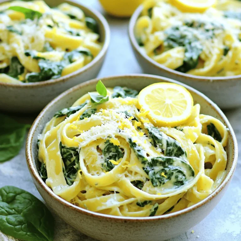 Für diese leckere Pasta benötigst du folgende Zutaten: - 225 g Fettuccine oder Spaghetti - 2 Tassen frischer Spinat, gewaschen und grob gehackt - 240 ml Schlagsahne - 50 g geriebener Parmesan - 2 Esslöffel Olivenöl - 3 Knoblauchzehen, fein gehackt - Abgeriebene Schale von 1 Zitrone - Saft von 1 Zitrone - Salz und Pfeffer nach Geschmack Diese Zutaten machen das Gericht frisch und cremig. Der Spinat sorgt für Farbe und Nährstoffe. Um den Geschmack zu verstärken, füge diese Gewürze hinzu: - Salz - Pfeffer - Rote Pfefferflocken (optional, für etwas Schärfe) Rote Pfefferflocken geben der Pasta eine angenehme Würze. Sie sind jedoch optional, also verwende sie nach deinem Geschmack. Wenn du keine frischen Zutaten hast, gibt es einfache Alternativen: - Verwende gefrorenen Spinat. Er ist oft schon gewaschen und gehackt. - Statt frischer Zitrone kannst du Zitronensaft aus der Flasche nutzen. - Für die Sahne kannst du pflanzliche Sahne oder Joghurt verwenden. Diese Alternativen helfen dir, das Rezept schnell zu machen. Sie sparen Zeit und machen die Zubereitung einfacher. Beginne damit, einen großen Topf mit gesalzenem Wasser zum Kochen zu bringen. Füge 225 g Fettuccine oder Spaghetti hinzu. Koche die Pasta gemäß der Packungsanweisung, bis sie al dente ist. Denke daran, eine halbe Tasse des Pastawassers aufzuheben. Lass die Pasta abtropfen und stelle sie beiseite. Erhitze in demselben Topf 2 Esslöffel Olivenöl bei mittlerer Hitze. Füge 3 fein gehackte Knoblauchzehen hinzu und brate sie etwa 1 Minute lang an. Achte darauf, dass der Knoblauch nicht verbrennt. Dann gib 2 Tassen grob gehackten Spinat dazu und brate ihn 2-3 Minuten an, bis er zusammenfällt. Reduziere die Hitze und gieße 240 ml Schlagsahne in den Topf. Rühre gut um und lass die Mischung ein paar Minuten simmern, bis sie leicht eindickt. - Käse und Zitronenakzente hinzufügen: Rühre 50 g geriebenen Parmesan, die abgeriebene Schale von 1 Zitrone und den Saft von 1 Zitrone ein. Rühre, bis der Käse schmilzt und die Sauce cremig wird. Ist die Sauce zu dick? Füge einen Schuss von dem reservierten Pastawasser hinzu, um die gewünschte Konsistenz zu erreichen. Gib die abgetropfte Pasta in die cremige Sauce. Mische alles gut, sodass die Pasta gleichmäßig bedeckt ist. Schmecke mit Salz, Pfeffer und optional roten Pfefferflocken ab. Verteile die Pasta auf Tellern oder in Schalen. Garniere sie mit zusätzlichem Parmesan und einer Prise Zitronenschale. Für einen farbenfrohen Akzent kannst du einen Zweig frischen Spinat oder Petersilie hinzufügen. Ein paar Zitronenscheiben an die Seite machen das Gericht noch schöner. Um eine cremige Sauce zu erhalten, achte auf die Schlagsahne. Sie ist der Schlüssel. Verwende frische Sahne für den besten Geschmack. Reduziere die Hitze, wenn du die Sahne hinzufügst. Lasse die Sauce leicht köcheln, damit sie eindickt. Wenn die Sauce zu dick ist, füge etwas von dem reservierten Pastawasser hinzu. Das Wasser hat Stärke, die die Sauce bindet. Ein häufiger Fehler ist, die Pasta zu lange zu kochen. Sie sollte al dente sein. Achte darauf, den Knoblauch nicht zu verbrennen. Er wird bitter, wenn er zu lange brät. Füge den Spinat erst nach dem Knoblauch hinzu. So bleibt er frisch und knackig. Und vergiss nicht, die Sauce gut zu würzen. Salz und Pfeffer sind wichtig, um den Geschmack zu heben. Du kannst die Zitronenmenge anpassen. Mehr Zitronensaft gibt einen stärkeren Geschmack. Probiere auch, andere Kräuter hinzuzufügen. Basilikum oder Petersilie passen gut zu dieser Pasta. Für mehr Schärfe kannst du rote Pfefferflocken verwenden. Wenn du Käse liebst, füge mehr Parmesan hinzu. So wird die Sauce noch reichhaltiger und geschmackvoller. {{image_4}} Für eine tolle vegetarische Variante kannst du einfach die Pasta so lassen. Die Kombination aus Spinat und Zitrone bringt viel Geschmack. Du kannst auch andere Gemüsesorten hinzufügen. Zum Beispiel, Karotten oder Erbsen passen gut. Sie machen die Pasta bunter und noch gesünder. Wenn du mehr Protein magst, füge einfach Hähnchen oder Garnelen hinzu. Koche die Proteine separat und mische sie dann unter die Pasta. Du kannst auch Kichererbsen oder Tofu verwenden. Diese Optionen sind großartig für eine vegetarische Proteinquelle. Suchst du nach glutenfreien Alternativen? Es gibt viele Optionen! Du kannst glutenfreie Pasta aus Reis oder Quinoa nehmen. Diese Sorten sind einfach zu finden. Achte darauf, die Kochzeit anzupassen, weil sie unterschiedlich sind. So bleibt dein Gericht lecker und für alle geeignet. Du kannst die Reste der cremigen Zitronen-Spinat-Pasta einfach aufbewahren. Lass die Pasta zuerst auf Raumtemperatur abkühlen. Fülle sie dann in einen luftdichten Behälter. Achte darauf, die Reste innerhalb von zwei Tagen zu verbrauchen, um die Frische zu erhalten. Wenn du die Pasta wieder aufwärmen möchtest, gibt es einige einfache Methoden. Du kannst sie in der Mikrowelle aufwärmen. Stelle die Mikrowelle auf mittlere Hitze und rühre die Pasta nach 30 Sekunden um. Alternativ kannst du die Pasta in einem Topf mit etwas Wasser oder Sahne erhitzen. Damit bleibt die Sauce schön cremig. Im Kühlschrank bleibt die Pasta bis zu zwei Tage frisch. Wenn du sie länger aufbewahren möchtest, kannst du sie einfrieren. Im Gefrierschrank hält sie bis zu drei Monate. Achte darauf, die Pasta in einem gefriergeeigneten Behälter zu lagern. Wenn du sie später auftauen möchtest, lasse sie über Nacht im Kühlschrank auftauen und wärme sie dann wie oben beschrieben auf. Um die Sauce gesünder zu machen, können Sie die Schlagsahne durch griechischen Joghurt ersetzen. Er ist cremig und hat weniger Fett. Sie können auch mehr Gemüse hinzufügen, wie Brokkoli oder Erbsen. Diese geben der Sauce mehr Nährstoffe und Farbe. Ja, Sie können gefrorenen Spinat verwenden. Er ist praktisch und oft günstiger. Achten Sie darauf, ihn vorher gut abzutropfen. So bleibt die Sauce nicht wässrig. Der Geschmack wird auch sehr gut sein. Diese Pasta passt gut zu einem frischen Salat oder knusprigem Brot. Ein grüner Salat mit einem leichten Dressing ergänzt die cremige Sauce gut. Auch geröstetes Gemüse ist eine tolle Beilage. Es bringt mehr Textur und Geschmack. Um die Pasta vegan zu machen, ersetzen Sie die Schlagsahne durch eine Pflanzenmilch. Kokosmilch oder Hafercreme sind gute Optionen. Verwenden Sie Hefeflocken anstelle von Parmesan für den Käsegeschmack. So bleibt der Geschmack lecker und vegan. Diese cremige Zitronen-Spinat-Pasta ist einfach und lecker. Du hast die Hauptzutaten, Gewürze und Alternativen kennengelernt. Ich habe dir Schritt für Schritt gezeigt, wie du sie zubereitest. Die Tipps helfen dir, Perfektion zu erreichen und häufige Fehler zu vermeiden. Variationen zeigen dir, wie viel Spaß du mit diesem Gericht haben kannst. Denk daran, die Reste richtig zu lagern. Wenn du die FAQs beachtest, wird das Kochen noch einfacher. Probiere es aus und genieße das Kochen. Es wird sicher ein Hit!