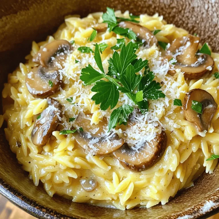Um Knoblauchbutter-Pilz-Orzo zu machen, brauchst du: - 1 Tasse Orzo-Pasta - 2 Esslöffel ungesalzene Butter - 1 Esslöffel Olivenöl - 3 Knoblauchzehen, fein gehackt - 230 g Cremini-Pilze, in Scheiben geschnitten - 1 kleine Schalotte, fein gehackt - 240 ml Gemüsebrühe - 120 ml Schlagsahne - 50 g frisch geriebener Parmesan - Salz und Pfeffer nach Geschmack - Frische Petersilie, gehackt (zum Garnieren) Wenn du frische Zutaten wählst, achte auf die Qualität. Wähle hellbraune Cremini-Pilze. Sie sollten fest und glatt sein. Schalotten sollten fest und ohne Flecken sein. Frische Petersilie gibt deinem Gericht Farbe und Geschmack. Knoblauch sollte fest und ohne grüne Triebe sein. Für eine vegetarische Version kannst du die Schlagsahne durch pflanzliche Sahne ersetzen. Du kannst auch die Butter durch pflanzliches Öl tauschen. Wenn du keine Pilze magst, probiere Spinat oder Zucchini. Diese Optionen sind lecker und passen gut zu Orzo. Um den Orzo perfekt zu kochen, bringen Sie zuerst einen mittelgroßen Topf mit gesalzenem Wasser zum Kochen. Fügen Sie dann 1 Tasse Orzo-Pasta hinzu. Kochen Sie den Orzo nach den Anweisungen auf der Verpackung, bis er al dente ist. Dies dauert etwa 8 bis 10 Minuten. Wenn der Orzo fertig ist, gießen Sie ihn ab und stellen Sie ihn beiseite. Während der Orzo kocht, können Sie die Pilzmischung zubereiten. Erhitzen Sie 2 Esslöffel ungesalzene Butter und 1 Esslöffel Olivenöl in einer großen Pfanne bei mittlerer Hitze. Fügen Sie 3 fein gehackte Knoblauchzehen hinzu und braten Sie sie für etwa 30 Sekunden an, bis sie duften. Achten Sie darauf, dass der Knoblauch nicht anbrennt! Geben Sie dann 1 kleine fein gehackte Schalotte und 230 g in Scheiben geschnittene Cremini-Pilze in die Pfanne. Kochen Sie alles für 5 bis 7 Minuten, bis die Pilze zart und goldbraun sind. Rühren Sie dabei gelegentlich um. Jetzt fügen Sie 240 ml Gemüsebrühe in die Pfanne hinzu. Lassen Sie die Mischung 3 bis 4 Minuten köcheln, damit sich die Aromen verbinden. Gießen Sie 120 ml Schlagsahne dazu und rühren Sie gut um. Lassen Sie es 2 bis 3 Minuten köcheln, bis es leicht eindickt. Mischen Sie dann den gekochten Orzo und 50 g frisch geriebenen Parmesan unter. Rühren Sie, bis der Orzo gleichmäßig überzogen ist. Schmecken Sie das Gericht mit Salz und Pfeffer ab. Lassen Sie das Gericht eine Minute ruhen und servieren Sie es warm, garniert mit frisch gehackter Petersilie. Um den perfekten Orzo zu kochen, achten Sie auf diese Punkte: - Salzwasser verwenden: Kochen Sie den Orzo in gesalzenem Wasser. Das verbessert den Geschmack der Pasta. - Al dente kochen: Es ist wichtig, den Orzo nicht zu lange zu kochen. Halten Sie sich an die Kochzeit von 8-10 Minuten. - Abgießen und abtropfen: Gießen Sie den Orzo gut ab, aber lassen Sie etwas Flüssigkeit. Ein wenig Stärke hilft, die Soße zu binden. Fügen Sie Ihrer Mischung Tiefe und Aroma hinzu. Hier sind einige Tipps: - Frische Kräuter: Petersilie ist großartig für Frische. Basilikum oder Thymian können auch gut passen. - Gewürze: Ein Hauch von Paprika oder Chili gibt eine schöne Note. Probieren Sie auch etwas Muskatnuss in der Sahne. - Zitrone: Ein Spritzer Zitronensaft hebt den Geschmack. Fügen Sie es kurz vor dem Servieren hinzu. Ein paar häufige Fehler können den Genuss mindern: - Zu viel Hitze: Kochen Sie die Pilze auf mittlerer Hitze. So bleiben sie zart und goldbraun. - Nicht genug rühren: Rühren Sie regelmäßig, damit nichts anbrennt oder am Boden kleben bleibt. - Schlagsahne zu schnell hinzufügen: Lassen Sie die Brühe zuerst köcheln. So vermischen sich die Aromen besser. {{image_4}} Du kannst das Rezept leicht anpassen. Füge zum Beispiel Spinat oder Erbsen hinzu. Diese Gemüsesorten geben mehr Farbe und Nährstoffe. Einfach die Erbsen in die Pfanne geben, wenn die Pilze fast fertig sind. Spinat kannst du am Ende unterrühren. So bleibt er schön grün und frisch. Wenn du etwas mehr Protein möchtest, probiere Hähnchen oder Garnelen. Für Hähnchen brate kleine Stücke in der Pfanne, bevor du die Pilze hinzufügst. Garnelen kannst du einfach in die Pfanne geben, wenn die Pilze fast fertig sind. Sie brauchen nur wenige Minuten zum Garen. So wird dein Gericht noch sättigender. Für eine glutenfreie Option nutze glutenfreie Orzo-Pasta. Es gibt viele Marken, die eine tolle Textur haben. Achte darauf, die Kochzeit auf der Verpackung zu beachten. So bleibt dein Gericht lecker und für alle geeignet. Um die Reste von Knoblauchbutter-Pilz-Orzo richtig aufzubewahren, lassen Sie das Gericht zuerst abkühlen. Verwenden Sie dann luftdichte Behälter. Diese Behälter halten den Orzo frisch und verhindern Gerüche im Kühlschrank. Stellen Sie sicher, dass Sie die Reste innerhalb von zwei Tagen verbrauchen. So bleibt der Geschmack am besten. Wenn Sie den Orzo für später aufbewahren möchten, können Sie ihn einfrieren. Teilen Sie den Orzo in Portionen. Legen Sie jede Portion in einen gefrierfesten Behälter oder einen Gefrierbeutel. Drücken Sie die Luft heraus, bevor Sie ihn verschließen. Der Orzo kann bis zu drei Monate im Gefrierschrank bleiben. Beschriften Sie die Behälter mit Datum für eine bessere Übersicht. Um den gefrorenen Orzo wieder aufzuwärmen, tauen Sie ihn zuerst im Kühlschrank auf. Sie können den Orzo auch direkt in der Mikrowelle aufwärmen. Fügen Sie dabei einen Esslöffel Wasser hinzu. Dies hilft, die Konsistenz zu bewahren. Rühren Sie den Orzo gut durch, um eine gleichmäßige Erwärmung zu erreichen. Wenn nötig, können Sie etwas zusätzliche Butter oder Brühe hinzufügen, um den Geschmack zu verbessern. Knoblauchbutter-Pilz-Orzo bleibt im Kühlschrank etwa 3 bis 4 Tage frisch. Achte darauf, ihn in einem luftdichten Behälter zu lagern. Das hilft, die Aromen zu bewahren und das Gericht vor dem Austrocknen zu schützen. Wenn du Reste hast, erwärme sie einfach in einer Pfanne oder Mikrowelle. Füge etwas Brühe hinzu, um die Konsistenz zu verbessern. Ja, du kannst die Schlagsahne leicht ersetzen. Eine gute Option ist Kokosmilch für einen cremigen Geschmack. Du kannst auch pflanzliche Sahne verwenden, wenn du eine vegane Variante möchtest. Diese Alternativen geben dem Gericht dennoch eine schöne Cremigkeit und Geschmack. Probiere es aus und finde die beste Option für deinen Geschmack. Orzo ist normalerweise nicht glutenfrei. Es besteht aus Hartweizengrieß. Wenn du eine glutenfreie Diät befolgst, suche nach glutenfreier Orzo-Pasta. Es gibt mittlerweile viele Alternativen aus Reis oder Quinoa. Diese Optionen sind ebenfalls lecker und passen gut zu diesem Rezept. Achte darauf, die Garzeit nach der Verpackung zu richten. In diesem Artikel haben wir die besten Tipps und Rezepte für Knoblauchbutter-Pilz-Orzo behandelt. Wir schauten uns die besten Zutaten und Alternativen an. Die Schritt-für-Schritt-Anleitung hilft dir, richtig zu kochen. Wir sprachen über Tipps, um die Textur zu verbessern und häufige Fehler zu vermeiden. Variationen und Lagerungshinweise sorgen dafür, dass du das Beste aus deinem Gericht herausholst. Denke daran, kreativ zu sein und deine eigenen Ideen einzubringen. So wird dein Orzo immer lecker und einzigartig.