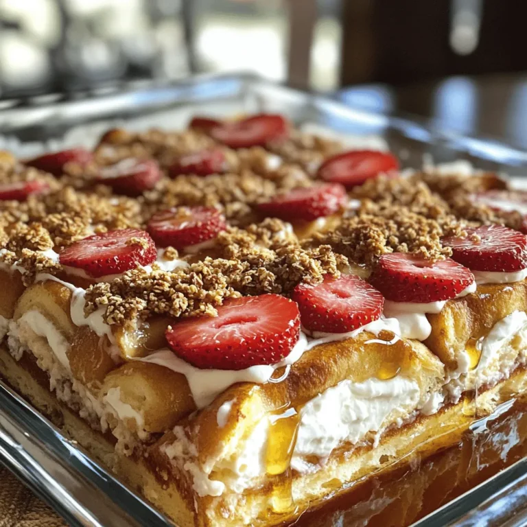 Für den Erdbeer Cheesecake French Toast Bake brauchst du folgende Hauptzutaten: - 1 Laib Challah- oder Briochebrot, in 2,5 cm große Würfel geschnitten - 225 g Frischkäse, zimmerwarm - 60 g Puderzucker - 1 TL Vanilleextrakt - 4 große Eier - 475 ml Milch - 1 TL gemahlener Zimt - 1/2 TL Muskatnuss - 2 Tassen frische Erdbeeren, geputzt und in Scheiben geschnitten - 40 g Granola (zum Bestreuen) - Ahornsirup (zum Servieren) Diese Zutaten machen deinen Auflauf reichhaltig und cremig. Das Brot gibt eine schöne Textur und die Erdbeeren bringen Frische. Um den perfekten Geschmack zu erreichen, kannst du einige zusätzliche Zutaten verwenden: - Eine Prise Salz, um die Süße zu heben - Weitere Gewürze wie Ingwer oder Kardamom für mehr Tiefe - Nüsse oder gehackte Schokolade für einen leckeren Crunch Diese kleinen Extras machen einen großen Unterschied. Sie verleihen deinem Gericht eine besondere Note. Die Wahl der Erdbeeren ist wichtig für den Geschmack. Hier sind einige Tipps: - Wähle frische Erdbeeren, die fest und rot sind. - Achte darauf, dass die Erdbeeren keine Druckstellen oder Schimmel haben. - Kaufe lokale Erdbeeren, wenn möglich. Sie schmecken oft besser. - Verwende Erdbeeren, die in der Saison sind, für den besten Geschmack. Frische Erdbeeren sind das Herzstück dieses Rezepts. Sie sorgen für einen süßen und fruchtigen Geschmack in jedem Bissen. Zuerst heize deinen Ofen auf 175 °C vor. Fette eine Auflaufform von etwa 23x33 cm ein. Das sorgt dafür, dass der Auflauf nicht anklebt. Dann schneide das Challah- oder Briochebrot in 2,5 cm große Würfel. Diese Würfel geben dem Auflauf die perfekte Textur. Hier sind die Zutaten, die du brauchst: - 1 Laib Challah- oder Briochebrot, in 2,5 cm große Würfel geschnitten - 225 g Frischkäse, zimmerwarm - 60 g Puderzucker - 1 TL Vanilleextrakt - 4 große Eier - 475 ml Milch - 1 TL gemahlener Zimt - 1/2 TL Muskatnuss - 2 Tassen frische Erdbeeren, geputzt und in Scheiben geschnitten - 40 g Granola (zum Bestreuen) - Ahornsirup (zum Servieren) Du kannst die Erdbeeren nach Belieben anpassen. Achte darauf, frische und reife Erdbeeren zu wählen, damit der Geschmack intensiv ist. In einer mittleren Schüssel mische den zimmerwarmen Frischkäse, Puderzucker und Vanilleextrakt. Verwende einen Handmixer oder eine Gabel, um alles cremig zu schlagen. In einer großen Schüssel verquirlst du die Eier, Milch, Zimt und Muskatnuss. Verteile eine Schicht der Brotwürfel gleichmäßig in der Auflaufform. Löffle die Frischkäsemischung gleichmäßig über die Brotwürfel. Dann streue die Hälfte der Erdbeeren darauf. Füge die restlichen Brotwürfel hinzu und gieße die Eimischung gleichmäßig darüber. Drücke die Mischung sanft nach unten. Das hilft dem Brot, die Eimischung gut aufzunehmen. Jetzt verteile die restlichen Erdbeeren und streue das Granola darüber. Decke die Form mit Aluminiumfolie ab und backe sie für 30 Minuten. Danach nimm die Folie ab und backe weitere 15-20 Minuten. Die Oberseite sollte goldbraun sein. Lass den Auflauf einige Minuten abkühlen, bevor du ihn in Stücke schneidest. Serviere ihn warm mit Ahornsirup und einer Prise Puderzucker. So wird er besonders köstlich! Ein häufiger Fehler ist, den Frischkäse nicht gut zu vermengen. Klumpen können den Geschmack beeinträchtigen. Schlage den Frischkäse mit dem Puderzucker und Vanille gut auf, bis er glatt ist. Achte darauf, dass die Brotwürfel gleichmäßig in der Auflaufform verteilt sind. Wenn sie klumpen, zieht das Brot nicht genug Flüssigkeit auf. Um den Auflauf noch besser zu machen, füge zusätzliche Früchte hinzu. Himbeeren oder Blaubeeren passen toll zu Erdbeeren. Ein Hauch von Zitrone in der Frischkäse-Mischung bringt Frische. Du kannst auch etwas Schokoladenstückchen für eine süße Überraschung einstreuen. Die Süße kannst du leicht anpassen. Wenn du es süßer magst, erhöhe den Puderzucker um ein paar Esslöffel. Magst du Gewürze? Füge mehr Zimt oder sogar etwas Muskatnuss hinzu. Probiere es aus und finde deinen perfekten Geschmack! {{image_4}} Wenn Sie Erdbeeren nicht mögen, probieren Sie Himbeeren oder Blaubeeren. Diese Früchte bringen einen neuen Geschmack. Sie sind süß und passen gut zu Frischkäse. Das Rezept bleibt gleich, aber ändern Sie die Früchte. Schneiden Sie die Himbeeren oder Blaubeeren klein und streuen Sie sie über das Brot. Sie können auch eine Mischung aus verschiedenen Früchten verwenden. Das macht den Auflauf bunt und lecker. Für vegane und glutenfreie Optionen ist das Rezept leicht anpassbar. Nutzen Sie glutenfreies Brot. Ersetzen Sie die Eier durch 1/4 Tasse Apfelmus pro Ei. Verwenden Sie pflanzliche Milch und veganen Frischkäse. Diese Alternativen schaffen einen ähnlichen Geschmack und eine ähnliche Textur. So kann jeder den Auflauf genießen, egal welche Diät er hat. Um den Auflauf noch aufregender zu machen, können Sie Aromen hinzufügen. Streuen Sie Schokoladenstückchen zwischen die Brotschichten. Sie schmelzen beim Backen und geben einen süßen Kick. Nüsse wie Mandeln oder Walnüsse sind auch eine gute Wahl. Sie fügen Knusprigkeit hinzu und bringen einen nussigen Geschmack. Experimentieren Sie mit verschiedenen Zutaten, um Ihren perfekten Erdbeer Cheesecake French Toast Bake zu kreieren! Um den Erdbeer Cheesecake French Toast Bake frisch zu halten, lassen Sie ihn nach dem Backen abkühlen. Bewahren Sie die Reste in einem luftdichten Behälter auf. So bleibt der Auflauf für bis zu drei Tage lecker. Stellen Sie sicher, dass der Auflauf vollständig abgekühlt ist, bevor Sie ihn abdecken. Wenn Sie den Auflauf länger aufbewahren möchten, können Sie ihn einfrieren. Schneiden Sie ihn in Portionen und wickeln Sie jede Portion in Frischhaltefolie. Legen Sie die Portionen in einen gefriergeeigneten Beutel. So bleibt der Auflauf bis zu zwei Monate frisch. Denken Sie daran, das Datum auf den Beutel zu schreiben. Um den Auflauf aufzuwärmen, nehmen Sie ihn aus dem Kühlschrank oder Gefrierfach. Wenn er gefroren ist, lassen Sie ihn zuerst im Kühlschrank über Nacht auftauen. Heizen Sie dann den Ofen auf 175 °C vor. Legen Sie den Auflauf in eine Auflaufform und decken Sie ihn mit Aluminiumfolie ab. Backen Sie ihn etwa 20 Minuten oder bis er warm ist. Wenn Sie einen knusprigen Belag möchten, entfernen Sie die Folie in den letzten 5 Minuten des Aufwärmens. Genießen Sie den Auflauf warm mit Ahornsirup! Die Vorbereitung für den Erdbeer Cheesecake French Toast Auflauf dauert nur 15 Minuten. Du schneidest das Brot, machst die Frischkäse-Mischung und bereitest die Eiermischung vor. Das ist schnell und einfach! Wenn du alles gut organisiert hast, kannst du in kurzer Zeit starten. Ja, du kannst den Auflauf im Voraus machen. Bereite ihn am Abend vorher zu und stelle ihn dann in den Kühlschrank. Am nächsten Morgen musst du ihn nur noch backen. So sparst du Zeit und kannst das Frühstück genießen, ohne viel Aufwand. Zu diesem Auflauf passen viele Beilagen. Hier sind einige Ideen: - Ein frischer Obstsalat für eine fruchtige Note. - Joghurt, um eine cremige Textur hinzuzufügen. - Ein Spritzer Ahornsirup für extra Süße. - Ein bisschen Schlagsahne für ein festliches Gefühl. Diese Beilagen machen dein Frühstück noch leckerer und bunter! Dieser Blogbeitrag erklärt, wie man einen köstlichen Erdbeerauflauf zubereitet. Ich habe die wichtigsten Zutaten und Schritte beschrieben. Dazu gehören Tipps zum Auswählen von Erdbeeren und häufige Fehler, die Sie vermeiden sollten. Variationen machen diesen Auflauf einzigartig. Zusammengefasst, probieren Sie verschiedene Früchte und Aromen aus. Genießen Sie die einfache Zubereitung und die vielen Möglichkeiten für Anpassungen. Mit diesen Tipps gelingt Ihnen der perfekte Auflauf jedes Mal. Viel Spaß beim Kochen!