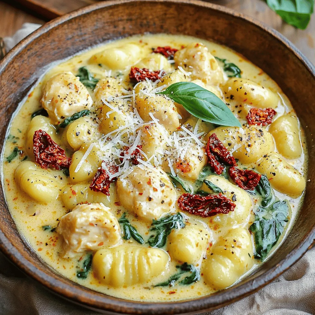 Für diese leckeren Gnocchi brauchen Sie einige Hauptzutaten. Diese Zutaten sind einfach zu finden und machen das Gericht besonders. Hier sind die wichtigsten: - 450 g Hähnchenbrust, gewürfelt - 1 Esslöffel Olivenöl - 3 Knoblauchzehen, fein gehackt - 1 Tasse getrocknete Tomaten, grob gehackt - 2 Tassen frischer Spinat - 1 Tasse Schlagsahne - 1 Tasse Hühnerbrühe - 450 g Gnocchi - ½ Tasse geriebener Parmesan Die Gewürze bringen viel Geschmack in das Gericht. Sie helfen, die Aromen zu verbinden. Hier sind die Gewürze, die Sie benötigen: - 1 Teelöffel italienische Gewürzmischung - Salz und Pfeffer nach Geschmack Diese Gewürze sind einfach, aber sie geben dem Gericht Tiefe und Wärme. Die Garnitur macht alles schöner. Sie sorgt auch für frische Aromen. Verwenden Sie diese Zutaten zum Garnieren: - Frische Basilikumblätter - Eine Prise geriebener Parmesan Die frischen Basilikumblätter bringen Farbe und einen tollen Duft. Die Garnitur macht das Gericht perfekt zum Servieren. Beginne mit der Hähnchenbrust. Schneide sie in kleine Würfel. Erhitze in einem großen Topf das Olivenöl bei mittlerer Hitze. Füge die Hähnchenwürfel hinzu. Brate sie für 7 bis 10 Minuten. Achte darauf, dass sie goldbraun und durchgegart sind. Würze das Hähnchen mit Salz und Pfeffer. Das sorgt für Geschmack. Sobald das Hähnchen fertig ist, kommt der Knoblauch. Hacke die Knoblauchzehen fein und gib sie in den Topf. Auch die grob gehackten getrockneten Tomaten kommen jetzt dazu. Koche alles für 2 bis 3 Minuten. Der Knoblauch sollte aromatisch riechen. Jetzt gieße die Hühnerbrühe und die Schlagsahne hinzu. Mische alles gut. Lass die Sauce leicht köcheln. Füge die italienische Gewürzmischung und den frischen Spinat hinzu. Rühre gut um. Lass den Spinat für etwa 2 Minuten zusammenfallen. Jetzt sind die Gnocchi an der Reihe. Gib sie in den Topf und rühre sie unter. Koche die Gnocchi für 3 bis 5 Minuten. Sie sollten zart sein und die Sauce dick wird. Füge den geriebenen Parmesan hinzu. Rühre gut, bis der Käse schmilzt und gleichmäßig verteilt ist. Schmecke alles mit Salz und Pfeffer ab. Nimm den Topf vom Herd. Lass das Gericht einige Minuten ruhen. So wird die Sauce noch besser. Um die perfekten Gnocchi zu machen, achte auf die Qualität. Frische Gnocchi sind weich und leicht. Koche sie in viel Salzwasser. Sie sind fertig, wenn sie an die Oberfläche steigen. Lass sie nicht zu lange kochen, sonst werden sie matschig. Wenn du getrocknete Gnocchi verwendest, folge den Anweisungen auf der Verpackung. Du kannst das Rezept leicht anpassen. Füge mehr Gemüse hinzu, wie Zucchini oder Paprika. Wenn du es würziger magst, verwende mehr italienische Gewürze oder Chili. Für einen extra Käsegeschmack, füge mehr Parmesan hinzu. Du kannst auch die Sahne durch eine pflanzliche Alternative ersetzen, um es leichter zu machen. Frische Zutaten geben mehr Geschmack. Frischer Spinat ist saftig und knusprig. Getrocknete Tomaten haben einen intensiven Geschmack und sind praktisch. Du kannst beides kombinieren. Verwende frische Kräuter wie Basilikum für mehr Aroma. Wenn du frische Zutaten verwendest, achte darauf, sie richtig zu lagern, um ihre Frische zu bewahren. {{image_4}} Um diese Gnocchi zu einer vegetarischen Mahlzeit zu machen, tauschen Sie das Hähnchen aus. Verwenden Sie stattdessen Champignons oder Zucchini. Sie bringen eine tolle Textur und Geschmack. Fügen Sie auch mehr Spinat oder andere Gemüse hinzu. Brokkoli oder Erbsen passen gut dazu. Diese Optionen machen das Gericht leicht und frisch. Spielen Sie mit den Gewürzen, um neue Aromen zu entdecken. Fügen Sie etwas Chili-Flocken hinzu, wenn Sie es scharf mögen. Für eine italienische Note probieren Sie frische Kräuter wie Thymian oder Rosmarin. Diese bringen mehr Tiefe in das Gericht. Auch ein Spritzer Zitronensaft kann helfen, die Aromen aufzuhellen. Nutzen Sie saisonale Zutaten für mehr Vielfalt. Im Frühling können Sie Spargel anstelle von Spinat verwenden. Im Herbst sind Kürbiswürfel eine köstliche Ergänzung. Diese Anpassungen bringen frische Farben und Aromen in das Gericht. Experimentieren Sie mit dem, was Sie zur Hand haben, und genießen Sie neue Geschmackserlebnisse. Um die Reste deiner cremigen Gnocchi mit getrockneten Tomaten und Hähnchen richtig zu lagern, stelle sicher, dass das Gericht vollständig abgekühlt ist. Verwende dann einen luftdichten Behälter. So bleiben die Aromen frisch. Du kannst auch die Portionen aufteilen, um sie einfacher zu lagern und aufzuwärmen. Beim Aufwärmen deiner Gnocchi gibt es zwei einfache Optionen. Du kannst die Reste in der Mikrowelle aufwärmen. Stelle sicher, dass du das Gericht in kurzen Intervallen erwärmst, um ein Überkochen zu vermeiden. Rühre zwischendurch um, damit die Hitze gleichmäßig verteilt wird. Eine andere Möglichkeit ist das Aufwärmen in einer Pfanne. Füge einen Schuss Hühnerbrühe oder Sahne hinzu, damit die Sauce nicht zu dick wird. Die Gnocchi halten sich gut im Kühlschrank. Dort sind sie etwa 3 bis 4 Tage genießbar. Wenn du die Gnocchi länger aufbewahren möchtest, friere die Portionen ein. In einem gefrierfesten Behälter bleiben sie bis zu 3 Monate frisch. Beim Auftauen solltest du die Gnocchi im Kühlschrank über Nacht lagern. So bleiben Geschmack und Textur am besten erhalten. Die Zubereitung dauert insgesamt 30 Minuten. Du brauchst 10 Minuten für die Vorbereitung und 20 Minuten zum Kochen. So hast du schnell ein leckeres Gericht auf dem Tisch. Ja, du kannst die Hähnchenbrust durch Putenbrust oder Tofu ersetzen. Beide Optionen passen gut zu den Aromen. Wenn du eine vegetarische Variante möchtest, nimm einfach mehr Gemüse. Ja, du kannst die Sahne durch eine pflanzliche Milch oder Gemüsebrühe ersetzen. Das Gericht wird dann etwas leichter. Der Geschmack ändert sich, bleibt aber lecker. In diesem Artikel haben wir die Hauptzutaten für cremige Gnocchi und ihre Zubereitung besprochen. Ich habe Tipps gegeben, um perfekte Gnocchi zu machen und die Rezeptur anzupassen. Variationen zeigen, dass du kreativ sein kannst. Richtiges Lagern und Aufwärmen der Reste verlängert die Haltbarkeit. Denke daran, die Zutaten nach deinem Geschmack zu wählen. Mit diesem Wissen kannst du köstliche Gnocchi zubereiten, die allen schmecken. Viel Spaß beim Kochen!