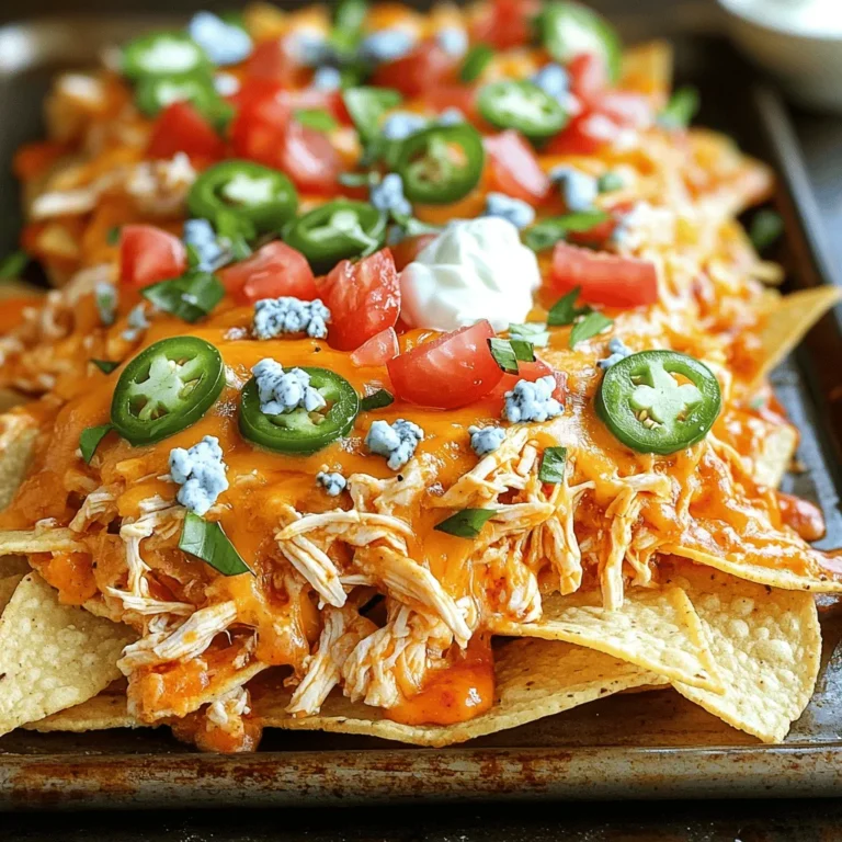 Für Loaded Buffalo Chicken Nachos brauchen Sie einige wichtige Zutaten. Hier ist die Liste: - 2 Tassen gewürftetes, gekochtes Hähnchen - 1/2 Tasse Buffalo-Sauce - 1 Tüte (10 oz) Tortilla-Chips - 2 Tassen geriebener Cheddar-Käse - 1 Tasse Blauschimmelkäse-Brösel - 1/2 Tasse geschnittene Frühlingszwiebeln - 1/2 Tasse gewürfelte Tomaten - 1/2 Tasse geschnittene Jalapeños (frisch oder eingelegt) - 1 Tasse Sauerrahm (optional) - Frischer Koriander (optional) Diese Zutaten bilden die Basis für das Gericht. Das Hähnchen bringt Geschmack und das Gemüse sorgt für Frische. Es gibt viele Wege, diese Nachos anzupassen. Sie können das Hähnchen durch Rind oder Tofu ersetzen. Auch die Käsesorten sind flexibel. Verwenden Sie Gouda oder Mozzarella statt Cheddar. Für weniger Schärfe wählen Sie milde Salsa anstelle von Buffalo-Sauce. Wenn Sie etwas Gesundes wollen, fügen Sie Avocado oder schwarze Bohnen hinzu. Experimentieren Sie mit Zutaten, die Sie mögen. So machen Sie das Gericht einzigartig! Frische Zutaten sind in der Regel die beste Wahl. Sie bieten mehr Geschmack und Nährstoffe. Frisches Gemüse wie Tomaten und Frühlingszwiebeln schmecken besser. Aber gefrorene Zutaten sind praktisch. Sie sind oft günstiger und halten länger. Für die beste Erfahrung empfehle ich, frisches Hähnchen und frisches Gemüse zu verwenden. Wenn Sie jedoch keine Zeit haben, sind gefrorene Optionen auch in Ordnung. Wählen Sie, was Ihnen am besten passt! Zuerst heize deinen Ofen auf 200°C vor. Das ist wichtig, um die Nachos gleichmäßig zu backen. Nimm dann eine große Schüssel und füge 2 Tassen gewürftetes, gekochtes Hähnchen hinzu. Gieße 1/2 Tasse Buffalo-Sauce darüber. Mische alles gut, bis das Hähnchen gleichmäßig mit der Sauce bedeckt ist. Jetzt ist es Zeit für die Chips. Nimm eine Tüte mit 10 oz Tortilla-Chips. Verteile die Chips gleichmäßig auf einem großen Backblech oder einem ofenfesten Servierteller. Achte darauf, dass die Chips nicht übereinander liegen. Streue das Buffalo-Hähnchen gleichmäßig über die Chips. Jeder Chip sollte ein Stück Hähnchen bekommen. Dann kommt der Käse! Streue 2 Tassen geriebenen Cheddar-Käse über alles. Füge 1 Tasse Blauschimmelkäse-Brösel hinzu. Jetzt die Tomaten und Jalapeños nicht vergessen! Lege 1/2 Tasse gewürfelte Tomaten und 1/2 Tasse geschnittene Jalapeños oben drauf. So bekommst du mehr Geschmack und Farbe. Schiebe das Blech in den Ofen und backe die Nachos 10 bis 12 Minuten lang. Der Käse sollte schmelzen und Blasen werfen. Sobald die Nachos fertig sind, nimm sie aus dem Ofen. Streue 1/2 Tasse geschnittene Frühlingszwiebeln darüber. Jetzt kannst du sie heiß servieren. Ich empfehle, Sauerrahm als Dip anzubieten. Ein Klecks hier und da macht alles besser! Für ein schönes Aussehen kannst du frischen Koriander als Garnierung benutzen. Serviere die Nachos direkt auf dem Backblech oder in einem schönen Servierteller. Umgeben von frischen Zutaten, können deine Gäste nach Belieben nachnehmen. So sieht es nicht nur gut aus, sondern schmeckt auch wunderbar! Ein häufiger Fehler ist, die Tortilla-Chips zu lange im Ofen zu lassen. Achten Sie darauf, sie nur 10-12 Minuten zu backen. So bleiben sie knusprig und lecker. Ein weiterer Fehler ist, das Hähnchen nicht gut mit der Buffalo-Sauce zu vermischen. Stellen Sie sicher, dass jedes Stück Hähnchen gut bedeckt ist. So bleibt der Geschmack gleichmäßig. Für Loaded Buffalo Chicken Nachos empfehle ich eine Mischung aus Cheddar und Blauschimmelkäse. Der Cheddar schmilzt gut und gibt einen tollen Geschmack. Der Blauschimmelkäse sorgt für einen würzigen Kick. Eine weitere gute Wahl ist Monterey Jack, der ebenfalls gut schmilzt und mild ist. Die Schärfe der Buffalo-Sauce kann leicht angepasst werden. Wenn Sie es milder mögen, mischen Sie die Sauce mit etwas Sauerrahm. Das macht die Sauce cremiger und weniger scharf. Für einen zusätzlichen Kick können Sie mehr Jalapeños hinzufügen. So können alle den perfekten Schärfegrad finden. {{image_4}} Für eine vegetarische Version der Loaded Nachos können Sie das Hähnchen durch gebratene Champignons oder schwarze Bohnen ersetzen. Diese Zutaten passen gut zur Buffalo-Sauce. Man kann auch gegrilltes Gemüse wie Zucchini oder Paprika verwenden. Diese bieten einen tollen Geschmack und die richtige Textur. Achten Sie darauf, die Sauce gut mit den Zutaten zu vermengen. Wenn Sie Hähnchen nicht mögen, probieren Sie Rinderhackfleisch oder pulled Pork. Beides hat einen reichen Geschmack und passt gut zu den Nachos. Braten Sie das Rindfleisch mit Zwiebeln und Gewürzen, um mehr Geschmack zu bekommen. Für das Schweinefleisch lassen Sie es lange in der Sauce kochen, bis es zart ist. Beide Optionen machen die Nachos herzhaft und sättigend. Zusätzliche Toppings machen Ihre Loaded Nachos noch besser. Hier sind einige beliebte Optionen: - Guacamole für Cremigkeit - Pico de Gallo für Frische - Jalapeños für mehr Schärfe - Oliven für einen salzigen Biss - Frischer Koriander für einen tollen Duft Diese Toppings sorgen für Abwechslung und Geschmack. Servieren Sie auch Sauerrahm oder Joghurt dazu. Das hilft, die Schärfe der Buffalo-Sauce auszugleichen. Wenn Sie Nachos übrig haben, lagern Sie sie richtig. Legen Sie die Nachos in einen luftdichten Behälter. Decken Sie sie gut ab, damit sie nicht trocken werden. Im Kühlschrank halten sie sich 2-3 Tage. Vermeiden Sie es, sie zu lange stehen zu lassen. So bleiben die Aromen frisch. Die Zutaten haben unterschiedliche Lagerzeiten. Hähnchen und Käse sollten im Kühlschrank sein. Verwenden Sie separate Behälter. Frühlingszwiebeln und Tomaten sind ebenfalls kühl zu lagern. Jalapeños bleiben frisch in einem verschlossenen Glas. Sauerrahm sollte ebenfalls gut verschlossen sein. So bleibt alles länger haltbar und lecker. Um die Nachos wieder lecker zu machen, heizen Sie den Ofen auf 180°C vor. Legen Sie die Nachos auf ein Backblech. Backen Sie sie für 5-7 Minuten. So wird der Käse wieder schön geschmolzen. Vermeiden Sie die Mikrowelle, da sie die Nachos weich macht. Genießen Sie die Nachos wie frisch aus dem Ofen! Die Zubereitung von Loaded Buffalo Chicken Nachos dauert etwa 30 Minuten. Die Vorbereitungszeit beträgt 15 Minuten. Das Backen im Ofen dauert 10 bis 12 Minuten. Dies macht sie schnell und einfach für jede Party. Ja, es gibt gesunde Varianten von Buffalo Chicken Nachos. Sie können Vollkorn-Tortilla-Chips verwenden. Auch mageres, gegrilltes Hähnchen ist eine gute Wahl. Statt Cheddar können Sie fettarmen Käse nehmen. Fügen Sie mehr Gemüse hinzu, wie Paprika oder Spinat, um den Nährwert zu erhöhen. Die besten Nachos finden Sie oft in Tex-Mex-Restaurants. Suchen Sie nach Orten, die frische Zutaten verwenden. Beliebte Ketten haben oft auch kreative Nachos auf der Speisekarte. Fragen Sie Freunde nach ihren Empfehlungen für lokale Favoriten. Zusammenfassend haben wir die besten Zutaten, Zubereitung und Tipps für Loaded Buffalo Chicken Nachos behandelt. Du kannst kreativ sein mit den Zutaten und Anpassungen. Denk daran, die Nachos richtig zu lagern und aufzuwärmen. So schmecken sie auch später gut. Nutze unser Wissen, um deine Snackzeit zu verbessern. Nachos sind einfach und lecker. Experimentiere und finde deinen perfekten Nacho-Stil!