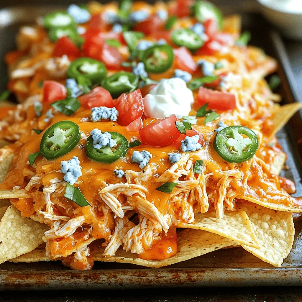 Für Loaded Buffalo Chicken Nachos brauchen Sie einige wichtige Zutaten. Hier ist die Liste: - 2 Tassen gewürftetes, gekochtes Hähnchen - 1/2 Tasse Buffalo-Sauce - 1 Tüte (10 oz) Tortilla-Chips - 2 Tassen geriebener Cheddar-Käse - 1 Tasse Blauschimmelkäse-Brösel - 1/2 Tasse geschnittene Frühlingszwiebeln - 1/2 Tasse gewürfelte Tomaten - 1/2 Tasse geschnittene Jalapeños (frisch oder eingelegt) - 1 Tasse Sauerrahm (optional) - Frischer Koriander (optional) Diese Zutaten bilden die Basis für das Gericht. Das Hähnchen bringt Geschmack und das Gemüse sorgt für Frische. Es gibt viele Wege, diese Nachos anzupassen. Sie können das Hähnchen durch Rind oder Tofu ersetzen. Auch die Käsesorten sind flexibel. Verwenden Sie Gouda oder Mozzarella statt Cheddar. Für weniger Schärfe wählen Sie milde Salsa anstelle von Buffalo-Sauce. Wenn Sie etwas Gesundes wollen, fügen Sie Avocado oder schwarze Bohnen hinzu. Experimentieren Sie mit Zutaten, die Sie mögen. So machen Sie das Gericht einzigartig! Frische Zutaten sind in der Regel die beste Wahl. Sie bieten mehr Geschmack und Nährstoffe. Frisches Gemüse wie Tomaten und Frühlingszwiebeln schmecken besser. Aber gefrorene Zutaten sind praktisch. Sie sind oft günstiger und halten länger. Für die beste Erfahrung empfehle ich, frisches Hähnchen und frisches Gemüse zu verwenden. Wenn Sie jedoch keine Zeit haben, sind gefrorene Optionen auch in Ordnung. Wählen Sie, was Ihnen am besten passt! Zuerst heize deinen Ofen auf 200°C vor. Das ist wichtig, um die Nachos gleichmäßig zu backen. Nimm dann eine große Schüssel und füge 2 Tassen gewürftetes, gekochtes Hähnchen hinzu. Gieße 1/2 Tasse Buffalo-Sauce darüber. Mische alles gut, bis das Hähnchen gleichmäßig mit der Sauce bedeckt ist. Jetzt ist es Zeit für die Chips. Nimm eine Tüte mit 10 oz Tortilla-Chips. Verteile die Chips gleichmäßig auf einem großen Backblech oder einem ofenfesten Servierteller. Achte darauf, dass die Chips nicht übereinander liegen. Streue das Buffalo-Hähnchen gleichmäßig über die Chips. Jeder Chip sollte ein Stück Hähnchen bekommen. Dann kommt der Käse! Streue 2 Tassen geriebenen Cheddar-Käse über alles. Füge 1 Tasse Blauschimmelkäse-Brösel hinzu. Jetzt die Tomaten und Jalapeños nicht vergessen! Lege 1/2 Tasse gewürfelte Tomaten und 1/2 Tasse geschnittene Jalapeños oben drauf. So bekommst du mehr Geschmack und Farbe. Schiebe das Blech in den Ofen und backe die Nachos 10 bis 12 Minuten lang. Der Käse sollte schmelzen und Blasen werfen. Sobald die Nachos fertig sind, nimm sie aus dem Ofen. Streue 1/2 Tasse geschnittene Frühlingszwiebeln darüber. Jetzt kannst du sie heiß servieren. Ich empfehle, Sauerrahm als Dip anzubieten. Ein Klecks hier und da macht alles besser! Für ein schönes Aussehen kannst du frischen Koriander als Garnierung benutzen. Serviere die Nachos direkt auf dem Backblech oder in einem schönen Servierteller. Umgeben von frischen Zutaten, können deine Gäste nach Belieben nachnehmen. So sieht es nicht nur gut aus, sondern schmeckt auch wunderbar! Ein häufiger Fehler ist, die Tortilla-Chips zu lange im Ofen zu lassen. Achten Sie darauf, sie nur 10-12 Minuten zu backen. So bleiben sie knusprig und lecker. Ein weiterer Fehler ist, das Hähnchen nicht gut mit der Buffalo-Sauce zu vermischen. Stellen Sie sicher, dass jedes Stück Hähnchen gut bedeckt ist. So bleibt der Geschmack gleichmäßig. Für Loaded Buffalo Chicken Nachos empfehle ich eine Mischung aus Cheddar und Blauschimmelkäse. Der Cheddar schmilzt gut und gibt einen tollen Geschmack. Der Blauschimmelkäse sorgt für einen würzigen Kick. Eine weitere gute Wahl ist Monterey Jack, der ebenfalls gut schmilzt und mild ist. Die Schärfe der Buffalo-Sauce kann leicht angepasst werden. Wenn Sie es milder mögen, mischen Sie die Sauce mit etwas Sauerrahm. Das macht die Sauce cremiger und weniger scharf. Für einen zusätzlichen Kick können Sie mehr Jalapeños hinzufügen. So können alle den perfekten Schärfegrad finden. {{image_4}} Für eine vegetarische Version der Loaded Nachos können Sie das Hähnchen durch gebratene Champignons oder schwarze Bohnen ersetzen. Diese Zutaten passen gut zur Buffalo-Sauce. Man kann auch gegrilltes Gemüse wie Zucchini oder Paprika verwenden. Diese bieten einen tollen Geschmack und die richtige Textur. Achten Sie darauf, die Sauce gut mit den Zutaten zu vermengen. Wenn Sie Hähnchen nicht mögen, probieren Sie Rinderhackfleisch oder pulled Pork. Beides hat einen reichen Geschmack und passt gut zu den Nachos. Braten Sie das Rindfleisch mit Zwiebeln und Gewürzen, um mehr Geschmack zu bekommen. Für das Schweinefleisch lassen Sie es lange in der Sauce kochen, bis es zart ist. Beide Optionen machen die Nachos herzhaft und sättigend. Zusätzliche Toppings machen Ihre Loaded Nachos noch besser. Hier sind einige beliebte Optionen: - Guacamole für Cremigkeit - Pico de Gallo für Frische - Jalapeños für mehr Schärfe - Oliven für einen salzigen Biss - Frischer Koriander für einen tollen Duft Diese Toppings sorgen für Abwechslung und Geschmack. Servieren Sie auch Sauerrahm oder Joghurt dazu. Das hilft, die Schärfe der Buffalo-Sauce auszugleichen. Wenn Sie Nachos übrig haben, lagern Sie sie richtig. Legen Sie die Nachos in einen luftdichten Behälter. Decken Sie sie gut ab, damit sie nicht trocken werden. Im Kühlschrank halten sie sich 2-3 Tage. Vermeiden Sie es, sie zu lange stehen zu lassen. So bleiben die Aromen frisch. Die Zutaten haben unterschiedliche Lagerzeiten. Hähnchen und Käse sollten im Kühlschrank sein. Verwenden Sie separate Behälter. Frühlingszwiebeln und Tomaten sind ebenfalls kühl zu lagern. Jalapeños bleiben frisch in einem verschlossenen Glas. Sauerrahm sollte ebenfalls gut verschlossen sein. So bleibt alles länger haltbar und lecker. Um die Nachos wieder lecker zu machen, heizen Sie den Ofen auf 180°C vor. Legen Sie die Nachos auf ein Backblech. Backen Sie sie für 5-7 Minuten. So wird der Käse wieder schön geschmolzen. Vermeiden Sie die Mikrowelle, da sie die Nachos weich macht. Genießen Sie die Nachos wie frisch aus dem Ofen! Die Zubereitung von Loaded Buffalo Chicken Nachos dauert etwa 30 Minuten. Die Vorbereitungszeit beträgt 15 Minuten. Das Backen im Ofen dauert 10 bis 12 Minuten. Dies macht sie schnell und einfach für jede Party. Ja, es gibt gesunde Varianten von Buffalo Chicken Nachos. Sie können Vollkorn-Tortilla-Chips verwenden. Auch mageres, gegrilltes Hähnchen ist eine gute Wahl. Statt Cheddar können Sie fettarmen Käse nehmen. Fügen Sie mehr Gemüse hinzu, wie Paprika oder Spinat, um den Nährwert zu erhöhen. Die besten Nachos finden Sie oft in Tex-Mex-Restaurants. Suchen Sie nach Orten, die frische Zutaten verwenden. Beliebte Ketten haben oft auch kreative Nachos auf der Speisekarte. Fragen Sie Freunde nach ihren Empfehlungen für lokale Favoriten. Zusammenfassend haben wir die besten Zutaten, Zubereitung und Tipps für Loaded Buffalo Chicken Nachos behandelt. Du kannst kreativ sein mit den Zutaten und Anpassungen. Denk daran, die Nachos richtig zu lagern und aufzuwärmen. So schmecken sie auch später gut. Nutze unser Wissen, um deine Snackzeit zu verbessern. Nachos sind einfach und lecker. Experimentiere und finde deinen perfekten Nacho-Stil!