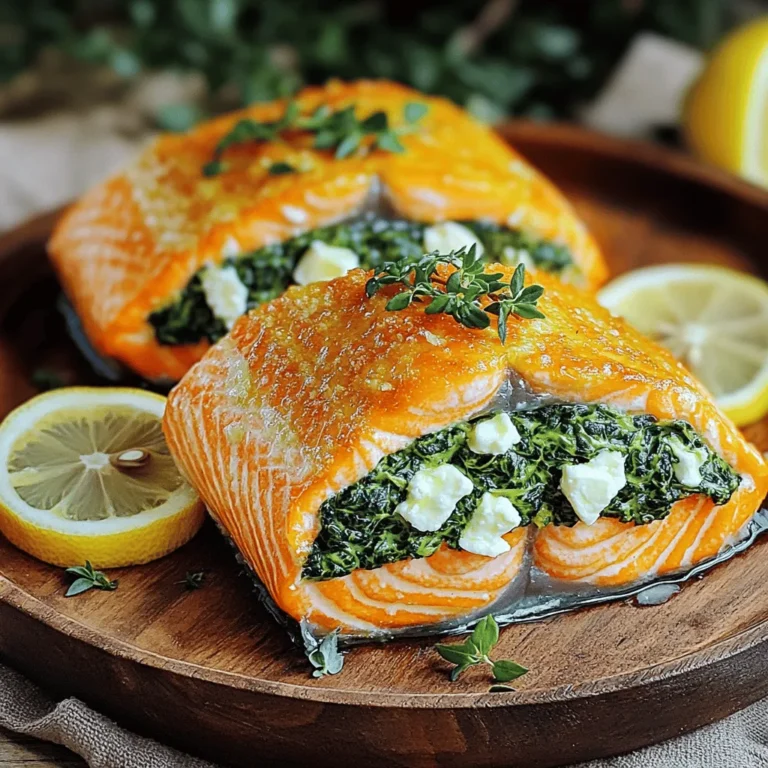 Für Spinat-Feta-Gefüllter Lachs brauchst du: - 4 Lachsfilets (je 170 g) - 2 Tassen frischer Spinat, grob gehackt - 1 Tasse Feta-Käse, zerbröselt - 2 Knoblauchzehen, fein gehackt - 1 Esslöffel Olivenöl - 1 Esslöffel Zitronensaft - 1 Teelöffel getrockneter Oregano - Salz und Pfeffer nach Geschmack - Zitronenscheiben zur Garnitur Frische Zutaten machen den Unterschied. Wähle frischen Spinat, der knackig und grün ist. Der Feta sollte fest und nicht bröckelig sein. Achte darauf, dass die Lachsfilets glänzend aussehen und frisch riechen. Wenn du keinen Feta magst, probiere Ziegenkäse. Du kannst auch frischen Dill oder Petersilie anstelle von Oregano verwenden. Für eine würzige Note füge etwas Paprika oder Chili hinzu. Um den Lachs richtig vorzubereiten, heizen Sie zuerst den Ofen auf 190 °C (375 °F) vor. Legen Sie ein Backblech mit Backpapier aus. Nehmen Sie die Lachsfilets und legen Sie sie mit der Hautseite nach unten auf das Backblech. Ein scharfes Messer hilft Ihnen, eine Tasche in die Seite jedes Filets zu schneiden. Seien Sie vorsichtig, um nicht das Filet ganz durchzuschneiden. Diese Tasche wird später die Füllung halten. Erhitzen Sie 1 Esslöffel Olivenöl in einer mittleren Pfanne bei mittlerer Hitze. Fügen Sie 2 fein gehackte Knoblauchzehen hinzu und braten Sie sie 1-2 Minuten an, bis sie duften. Geben Sie 2 Tassen grob gehackten frischen Spinat in die Pfanne. Kochen Sie ihn 3-4 Minuten lang, bis er zusammenfällt. Nehmen Sie die Pfanne vom Herd. In einer Schüssel kombinieren Sie den Spinat mit 1 Tasse zerbröseltem Feta-Käse, 1 Esslöffel Zitronensaft und 1 Teelöffel getrocknetem Oregano. Schmecken Sie alles mit Salz und Pfeffer ab und vermischen Sie es gut. Füllen Sie jede Tasche der Lachsfilets mit der Spinat-Feta-Mischung. Drücken Sie die Füllung sanft nach unten, damit sie an Ort und Stelle bleibt. Backen Sie die Lachsfilets im vorgeheizten Ofen 15-20 Minuten lang. Der Lachs ist fertig, wenn er durchgegart ist und sich leicht mit einer Gabel zerteilen lässt. Nehmen Sie den Lachs aus dem Ofen und lassen Sie ihn 5 Minuten ruhen, bevor Sie ihn servieren. Die Garzeit für Lachs ist wichtig für den perfekten Genuss. Backen Sie den gefüllten Lachs in einem vorgeheizten Ofen bei 190 °C. Die ideale Zeit liegt bei 15 bis 20 Minuten. Überprüfen Sie den Lachs nach 15 Minuten. Er sollte sich leicht mit einer Gabel zerteilen lassen. Achten Sie darauf, dass der Lachs nicht austrocknet. Wenn er zu lange im Ofen bleibt, wird er trocken und zäh. Die Füllung ist der Schlüssel zu einem tollen Geschmack. Neben Spinat und Feta können Sie auch andere Zutaten ausprobieren. Zum Beispiel können Sie Ricotta statt Feta verwenden. Das gibt eine cremige Textur. Auch getrocknete Tomaten oder Oliven passen gut. Mögen Sie es würziger? Fügen Sie etwas Chili oder Paprika hinzu. Variieren Sie die Füllung nach Ihrem Geschmack. So bleibt das Gericht spannend und frisch. Die Beilagen machen das Essen komplett. Servieren Sie den gefüllten Lachs mit geröstetem Gemüse. Brokkoli, Karotten oder Zucchini sind gute Optionen. Ein leichter Salat mit frischen Kräutern passt ebenfalls gut. Sie können auch Quinoa oder Reis als Beilage wählen. Diese Optionen sind nahrhaft und ergänzen den Lachs perfekt. Denken Sie daran, das Gericht schön zu garnieren. Zitronenscheiben und frische Kräuter geben Farbe und Aroma. {{image_4}} Wenn du eine vegetarische Option wünschst, gibt es tolle Möglichkeiten. Ersetze den Lachs durch eine dicke Aubergine oder Zucchini. Diese Gemüsesorten nehmen die Aromen gut auf. Fülle sie mit der Spinat-Feta-Mischung. Die Zubereitung bleibt gleich, aber die Garzeit kann kürzer sein. Du erhältst ein gesundes und leckeres Gericht. Die Gewürze und Kräuter sind wichtig für den Geschmack. Du kannst frische Kräuter wie Basilikum oder Petersilie verwenden. Sie geben dem Gericht eine neue Note. Für einen schärferen Geschmack füge etwas rote Paprika oder Cayennepfeffer hinzu. Das macht die Füllung interessant und gibt einen kleinen Kick. Lachs ist großartig, aber andere Fische sind auch lecker. Probiere Forelle oder Kabeljau als Alternativen. Diese Fische haben einen milden Geschmack und passen gut zur Füllung. Achte darauf, dass sie dick genug sind, um die Füllung zu halten. Die Zubereitung bleibt ähnlich, und du kannst neue Geschmäcker entdecken. Nach dem Essen kann der gefüllte Lachs oft übrig bleiben. Lassen Sie den Lachs zuerst auf Raumtemperatur abkühlen. Wickeln Sie die Reste dann in Frischhaltefolie oder geben Sie sie in einen luftdichten Behälter. So bleibt der Lachs frisch. Lagern Sie ihn im Kühlschrank, wo er bis zu drei Tage haltbar ist. Um den Lachs wieder aufzuwärmen, heizen Sie den Ofen auf 175 °C (350 °F) vor. Legen Sie den Lachs auf ein Backblech und decken Sie ihn mit Alufolie ab. So bleibt der Lachs saftig. Backen Sie ihn etwa 10-15 Minuten. Überprüfen Sie, ob er gut erhitzt ist. Alternativ können Sie die Mikrowelle verwenden. Stellen Sie die Mikrowelle auf mittlere Leistung und erwärmen Sie den Lachs in kurzen Intervallen, bis er warm ist. Um die Frische zu erhalten, lagern Sie den Lachs in der kältesten Zone des Kühlschranks. Vermeiden Sie, ihn in der Nähe von Lebensmitteln mit starkem Geruch aufzubewahren. Wenn Sie den Lachs länger aufbewahren möchten, frieren Sie ihn ein. Wickeln Sie ihn gut ein und verwenden Sie ihn innerhalb von drei Monaten. So bleibt der Geschmack frisch und lecker. Ja, du kannst das Rezept im Voraus zubereiten. Bereite die Füllung aus Spinat und Feta vor. Fülle die Lachsfilets und lege sie in den Kühlschrank. Du kannst sie bis zu 24 Stunden vorher füllen. Backe die Lachsfilets einfach kurz vor dem Servieren. So bleibt der Lachs frisch und lecker. Ja, du kannst den Lachs auch auf dem Grill zubereiten. Stelle sicher, dass du die Hautseite nach unten legst. Wickele die gefüllten Filets in Alufolie, um ein Anhaften zu vermeiden. Grill den Lachs bei mittlerer Hitze für etwa 10-15 Minuten. Achte darauf, dass er gut durchgegart ist. Zu gefülltem Lachs passen viele leckere Beilagen. Probiere geröstetes Gemüse wie Zucchini und Paprika. Ein frischer Salat mit einem leichten Dressing ist auch eine gute Wahl. Reis oder Quinoa ergänzen das Gericht perfekt. Diese Beilagen machen das Essen bunt und nahrhaft. Um den gefüllten Lachs perfekt zuzubereiten, brauchst du die richtigen Zutaten. Achte auf frische Zutaten und verschiedene Alternativen. Die Schritt-für-Schritt-Anleitung zeigt dir, wie einfach die Zubereitung ist. Vergiss nicht die Tipps zur perfekten Garzeit und möglichen Varianten der Füllung. Du kannst auch vegetarische Optionen oder andere Fische wählen. Bewahre die Reste gut auf und erwärme sie richtig. Probier neue Beilagen aus, um dein Gericht zu ergänzen. Folge diesen Schritten, und du wirst großartige Ergebnisse erzielen!