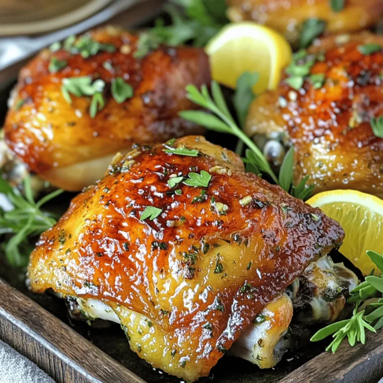 - 4 Hähnchenschenkel mit Knochen und Haut - 4 Knoblauchzehen, gehackt - Frische Kräuter: Rosmarin, Thymian, Petersilie - 1 Zitrone (Schale und Saft) - 3 Esslöffel Olivenöl - Gewürze: Salz, schwarzer Pfeffer, Paprika (optional) In diesem Rezept sind die Hauptzutaten sehr wichtig. Die Hähnchenschenkel geben dem Gericht saftigen Geschmack. Knoblauch und frische Kräuter bringen viel Aroma. Ich benutze oft Rosmarin, Thymian und Petersilie. Diese Kräuter passen wunderbar zum Hähnchen. Die Marinade ist der Schlüssel zu zartem Hähnchen. Die Zitrone gibt Frische. Olivenöl sorgt für eine schöne Bräunung. Salz und Pfeffer bringen den Geschmack hervor. Paprika gibt eine schöne Farbe, wenn du es magst. Wenn du die Zutaten bereit hast, wird das Kochen einfach und schnell. Du wirst begeistert sein von dem tollen Geschmack. Heize deinen Ofen auf 220 °C (425 °F) vor. Dies ist wichtig, um die Hähnchenschenkel knusprig zu machen. In einer kleinen Schüssel mische 3 Esslöffel Olivenöl, 4 gehackte Knoblauchzehen, 2 Esslöffel frischen Rosmarin, 2 Esslöffel frischen Thymian und 1 Esslöffel frische Petersilie. Füge die abgeriebene und ausgepresste Zitrone hinzu. Gib Salz, schwarzen Pfeffer und optional 1 Teelöffel Paprika dazu. Jetzt tupfe die Hähnchenschenkel mit Küchenpapier trocken. Dies hilft, die Haut knusprig zu machen. Würze die Schenkel großzügig mit Salz und Pfeffer. Lege die Hähnchenschenkel in eine große Schüssel oder einen Beutel. Gieße die Marinade darüber. Stelle sicher, dass jeder Schenkel gut bedeckt ist. Lasse das Hähnchen mindestens 30 Minuten bei Raumtemperatur marinieren. Du kannst es auch bis zu 4 Stunden im Kühlschrank lassen, um den Geschmack zu intensivieren. Ordne die marinierten Hähnchenschenkel mit der Hautseite nach oben in eine Auflaufform. Röste die Hähnchenschenkel im vorgeheizten Ofen für 35-40 Minuten. Sie sind fertig, wenn sie goldbraun sind und eine Innentemperatur von 75 °C (165 °F) erreichen. Nehme das Hähnchen aus dem Ofen. Lass es 5 Minuten ruhen, bevor du es servierst. Dies hilft, die Säfte zu erhalten. Serviere die Hähnchenschenkel auf einer großen Platte, garniert mit frischen Kräutern und Zitronenschnitzen. Träufle etwas Bratensaft darüber für mehr Geschmack. Um die beste Haut zu bekommen, tupfen Sie das Hähnchen vor dem Marinieren trocken. Feuchtigkeit verhindert, dass die Haut knusprig wird. Verwenden Sie frische Kräuter für intensiven Geschmack. Rosmarin, Thymian und Petersilie bringen frische Aromen. Diese Kräuter sind einfach zu finden und machen einen großen Unterschied. Die Präsentation zählt! Servieren Sie die Hähnchenschenkel auf einer großen Platte. Garnieren Sie sie mit frischen Kräutern und Zitronenschnitzen. Das bringt Farbe und macht das Gericht ansprechend. Träufeln Sie etwas Bratensaft darüber für zusätzlichen Geschmack. Für Beilagen passen Ofengemüse oder ein frischer Salat gut dazu. Diese Beilagen ergänzen den Geschmack der Hähnchenschenkel und sorgen für ein ausgewogenes Mahl. {{image_4}} Du kannst dein Hähnchen mit anderen Kräutern aufpeppen. Oregano gibt einen tollen Geschmack. Basilikum bringt eine süße Note. Beide Kräuter passen gut zu Knoblauch. Wenn du gerne etwas Schärfe magst, probiere rote Paprikaflocken. Ein wenig Cayennepfeffer kann auch Spaß machen. Diese Gewürze bringen mehr Tiefe in das Gericht. Du kannst deine Marinade ganz nach deinem Geschmack anpassen. Es gibt viele Wege, Hähnchenschenkel zuzubereiten. Eine beliebte Methode ist das Grillen. Grillen gibt dem Hähnchen einen rauchigen Geschmack und eine knusprige Haut. Du kannst die Hähnchenschenkel einfach marinieren und dann auf den Grill legen. Achte darauf, sie regelmäßig zu wenden. Eine andere Methode ist die Verwendung eines Slow Cookers. Diese Technik macht das Hähnchen sehr zart. Du musst es einfach nur marinieren und in den Slow Cooker geben. Bei niedriger Temperatur garen die Aromen gut durch. So hast du köstliches Hähnchen ohne viel Aufwand. Kühlschrank: Wie lange bleibt das Hähnchen frisch? Das Hähnchen bleibt im Kühlschrank etwa 3 bis 4 Tage frisch. Stellen Sie sicher, dass es in einem luftdichten Behälter aufbewahrt wird. So bleibt der Geschmack erhalten. Anleitung für das Einfrieren der Hähnchenschenkel Um die Hähnchenschenkel einzufrieren, lassen Sie sie zuerst abkühlen. Wickeln Sie sie dann gut in Frischhaltefolie ein und legen Sie sie in einen Gefrierbeutel. So können Sie sie bis zu 3 Monate aufbewahren. Beschriften Sie den Beutel mit dem Datum. Beste Methoden zum Aufwärmen, um die Textur zu erhalten Um die Hähnchenschenkel aufzuwärmen, nutzen Sie den Ofen. Heizen Sie ihn auf 180 °C vor. Legen Sie die Schenkel auf ein Backblech und decken Sie sie mit Folie ab. So bleibt die Haut knusprig. Erwärmen Sie sie für etwa 20 Minuten. Prüfen Sie die Innentemperatur. Sie sollte 75 °C erreichen. Alternativ können Sie auch eine Mikrowelle nutzen, aber die Haut wird nicht knusprig. Sie sollten das Hähnchen mindestens 30 Minuten marinieren. Das gibt den Aromen Zeit, in das Fleisch einzudringen. Für den besten Geschmack empfehle ich, es bis zu 4 Stunden im Kühlschrank zu marinieren. So wird das Hähnchen besonders zart und geschmackvoll. Wenn Sie wenig Zeit haben, ist auch eine kürzere Marinierzeit in Ordnung, aber mehr Zeit bringt mehr Geschmack. Ja, Sie können das Rezept leicht anpassen. Wenn Sie glutenfrei kochen, verwenden Sie glutenfreies Olivenöl. Für milchfreie Alternativen können Sie die Marinade ohne Butter oder Sahne zubereiten. Die frischen Kräuter geben viel Geschmack, also lassen Sie diese nicht weg. Sie können auch andere Kräuter wie Oregano oder Basilikum verwenden. Seien Sie kreativ! Um sicherzustellen, dass das Hähnchen durchgegart ist, prüfen Sie die Innentemperatur. Diese sollte 75 °C (165 °F) erreichen. Ein Fleischthermometer macht dies einfach. Stecken Sie es in den dicksten Teil des Schenkels. Wenn die Temperatur stimmt, ist es fertig. Achten Sie darauf, dass die Säfte klar sind und nicht rosa. Das vollständige Rezept für Knoblauch Kräuter Geräucherte Hähnchenschenkel finden Sie in der Einleitung dieses Artikels. Dort sind alle Zutaten und Schritte aufgeführt, die Sie benötigen, um dieses köstliche Gericht zuzubereiten. Genießen Sie das Kochen und den tollen Duft in Ihrer Küche! Das Rezept für die Knoblauch Kräuter Geräucherte Hähnchenschenkel ist einfach und lecker. Wir haben die Hauptzutaten wie saftige Hähnchenschenkel und frische Kräuter besprochen. Zudem erklärte ich, wie man die Marinade zubereitet und das Hähnchen richtig röstet. Die Tipps für die perfekte Haut und die ansprechende Präsentation machen das Gericht besonders. Du kannst sogar Variationen ausprobieren. Denke daran, die Reste richtig zu lagern und aufzuwärmen. Viel Spaß beim Kochen und Genießen!