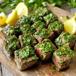 Für die Chimichurri Steak Bites benötigen Sie einige Hauptzutaten. Diese sind: - 450 g Flanksteak, in 2,5 cm große Würfel geschnitten - 2 Esslöffel Olivenöl - Salz und Pfeffer nach Geschmack Diese Zutaten sorgen für den herzhaften Geschmack der Steak Bites. Das Flanksteak ist zart und voller Geschmack. Die Gewürze und Kräuter machen das Gericht besonders. Hier sind die wichtigen Zutaten: - 1 Teelöffel geräuchertes Paprikapulver - 1 Knoblauchzehe, fein gehackt - 1 Tasse frische Petersilie, grob gehackt - 1/4 Tasse frischer Koriander, grob gehackt - 1/4 Teelöffel rote Pfefferflocken (optional) - 1/2 Teelöffel getrockneter Oregano Diese Gewürze geben den Steak Bites einen tollen Geschmack. Die Kräuter sorgen für Frische und Farbe. Wenn Sie mit Ölen und Essigen experimentieren möchten, gibt es viele Optionen. Sie können zum Beispiel: - Avocadoöl anstelle von Olivenöl verwenden - Apfelessig oder Zitronensaft statt Rotweinessig ausprobieren Diese Alternativen können den Geschmack leicht verändern und neue Aromen hinzufügen. Zuerst mache ich die Chimichurri-Sauce. Ich nehme eine Schüssel und füge die grob gehackte Petersilie und den Koriander hinzu. Dann kommt die fein gehackte Knoblauchzehe dazu. Wenn ich es scharf mag, füge ich auch die roten Pfefferflocken hinzu. Danach gebe ich den Rotweinessig oder Zitronensaft in die Schüssel. Ich füge auch die Zitronenschale und den getrockneten Oregano hinzu. Eine Prise Salz bringt alles zusammen. Ich rühre alles gut um. Dann gebe ich 1 Esslöffel Olivenöl hinzu. Ich stelle die Sauce beiseite. Jetzt kümmere ich mich um die Steakbissen. Ich nehme eine separate Schüssel. Dort gebe ich die 450 g Flanksteak-Würfel. Ich füge das restliche Olivenöl, Salz, Pfeffer und das geräucherte Paprikapulver hinzu. Ich mische alles gut, bis die Steakwürfel gleichmäßig beschichtet sind. Es ist wichtig, dass jeder Bissen gut gewürzt ist. Jetzt ist es Zeit, den Air Fryer vorzubereiten. Ich heize den Air Fryer auf 200 °C (400 °F) vor. Während er vorheizt, lege ich die gewürzten Steakbissen in den Korb. Ich achte darauf, dass sie in einer einzigen Schicht liegen. So garen sie gleichmäßig. Nach 8-10 Minuten sind die Steakbissen fertig. Ich schüttle den Korb einmal, um das Garen zu fördern. Sobald die Zeit um ist, nehme ich die Steakbissen heraus. Ich wende sie in der Chimichurri-Sauce. Ich lasse sie eine Minute stehen, damit sie die Aromen aufnehmen. Die Garzeit für Steakbissen im Air Fryer ist wichtig. Ich empfehle eine Zeit von 8 bis 10 Minuten. Diese Zeit richtet sich nach der Dicke der Würfel. Achten Sie darauf, die Würfel gleichmäßig zu schneiden. So garen sie gleichmäßig. Überprüfen Sie die Temperatur nach 8 Minuten. Für medium-rare sollte das Steak 57 °C erreichen. Die Chimichurri-Sauce sollte frisch und lebendig sein. Wenn sie zu dick ist, fügen Sie etwas mehr Olivenöl hinzu. Eine dünnere Sauce haftet besser am Steak. Sie können die Konsistenz auch mit mehr Essig anpassen. Rühren Sie sie gut um, um alle Aromen zu vereinen. Passen Sie die Gewürze nach Ihrem Geschmack an. Mögen Sie es schärfer? Fügen Sie mehr rote Pfefferflocken hinzu. Für eine fruchtigere Note können Sie mehr Zitronensaft verwenden. Experimentieren Sie mit verschiedenen Kräutern wie Estragon oder Thymian. Ihre Kreativität macht das Gericht besonders. {{image_4}} Wenn Sie eine vegetarische Option möchten, probieren Sie Tofu oder Seitan. Schneiden Sie diese in Würfel, wie das Steak. Marinieren Sie sie in der Chimichurri-Sauce. Lassen Sie sie mindestens 30 Minuten einziehen. Dann nutzen Sie den Air Fryer, um sie knusprig zu machen. Diese Varianten bieten einen ähnlichen Geschmack und Textur. Steak ist großartig, aber Sie können auch Hähnchen oder Schweinefleisch verwenden. Für Hähnchenbrust schneiden Sie sie in gleich große Stücke. Bei Schweinefleisch nutzen Sie Filet oder Lende. Anpassen der Marinade ist wichtig. Achten Sie darauf, die Garzeit zu ändern. Hähnchen braucht weniger Zeit als Steak. Kräuter sind der Schlüssel zu gutem Geschmack. Experimentieren Sie mit frischem Thymian oder Basilikum. Diese Kräuter bringen ein neues Aroma. Auch frische Minze kann eine spannende Wendung geben. Fügen Sie für mehr Geschmack verschiedene Gewürze hinzu. Versuchen Sie Kreuzkümmel oder Koriander für einen anderen Kick. Die Chimichurri-Sauce ist ein echter Schatz! Um sie frisch zu halten, fülle sie in einen luftdichten Behälter. So bleibt der Geschmack lange gut. Im Kühlschrank hält sie sich bis zu einer Woche. Du kannst die Sauce auch einfrieren. Verwende dafür einen gefrierfesten Behälter. So bleibt sie bis zu drei Monate frisch. Einfach auftauen, wenn du sie brauchst! Die Steakbissen solltest du ebenfalls gut lagern. Lass sie zuerst abkühlen. Packe sie dann in einen luftdichten Behälter. Im Kühlschrank halten sie sich bis zu drei Tage. Wenn du mehr Zeit brauchst, kannst du sie auch einfrieren. Achte darauf, sie gut einzupacken. So vermeiden wir Frostbrand und die Bissen bleiben saftig. Das Aufwärmen der Steakbissen ist einfach. Du kannst sie entweder in der Mikrowelle oder im Air Fryer erwärmen. Wenn du den Air Fryer nutzt, heize ihn auf 180 °C vor. Lege die Bissen für etwa 5 Minuten hinein. So werden sie knusprig und lecker! In der Mikrowelle erwärmst du sie in kurzen Intervallen. So bleiben sie nicht zu trocken. Um das Steak perfekt zu garen, nutze einen Fleischthermometer. Die ideale Temperatur für medium-rare liegt bei 57 °C. Lege die Steakbissen gleichmäßig in den Air Fryer. Schüttle den Korb einmal während des Garens. So garen die Bissen gleichmäßig. Achte darauf, sie nicht zu lange zu garen, damit sie nicht trocken werden. Ja, du kannst die Chimichurri-Sauce im Voraus machen. Sie bleibt im Kühlschrank bis zu einer Woche frisch. Mische die Zutaten gut und bewahre die Sauce in einem luftdichten Behälter auf. Lass die Aromen über Nacht ziehen, um den Geschmack zu intensivieren. Das spart Zeit, wenn du die Steakbissen zubereitest. Zu Chimichurri Steak Bites passen viele Beilagen. Hier sind einige meiner Favoriten: - Gegrilltes Gemüse, wie Zucchini oder Paprika - Knusprige Pommes oder Süßkartoffelpommes - Ein frischer grüner Salat mit Zitronen-Dressing - Reis oder Quinoa für eine sättigende Option Diese Beilagen ergänzen die Aromen der Steakbissen und machen dein Gericht komplett. Zusammenfassend haben wir die Zutaten und Zubereitung von Chimichurri Steak Bites behandelt. Du hast gelernt, wie du die Sauce herstellst und die Bissen perfekt marinierst. Es gibt viele Tipps, um die Garzeiten und Konsistenzen zu meistern. Du kannst auch kreative Variationen ausprobieren und sicher lagern. Denke immer daran, dein Steak sorgfältig zu garen und die Sauce vorher zuzubereiten. Diese einfachen Schritte helfen dir, köstliche Mahlzeiten zu zaubern. Lass deiner Kreativität freien Lauf und genieße das Kochen!