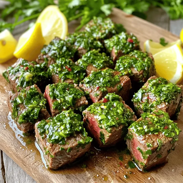 Für die Chimichurri Steak Bites benötigen Sie einige Hauptzutaten. Diese sind: - 450 g Flanksteak, in 2,5 cm große Würfel geschnitten - 2 Esslöffel Olivenöl - Salz und Pfeffer nach Geschmack Diese Zutaten sorgen für den herzhaften Geschmack der Steak Bites. Das Flanksteak ist zart und voller Geschmack. Die Gewürze und Kräuter machen das Gericht besonders. Hier sind die wichtigen Zutaten: - 1 Teelöffel geräuchertes Paprikapulver - 1 Knoblauchzehe, fein gehackt - 1 Tasse frische Petersilie, grob gehackt - 1/4 Tasse frischer Koriander, grob gehackt - 1/4 Teelöffel rote Pfefferflocken (optional) - 1/2 Teelöffel getrockneter Oregano Diese Gewürze geben den Steak Bites einen tollen Geschmack. Die Kräuter sorgen für Frische und Farbe. Wenn Sie mit Ölen und Essigen experimentieren möchten, gibt es viele Optionen. Sie können zum Beispiel: - Avocadoöl anstelle von Olivenöl verwenden - Apfelessig oder Zitronensaft statt Rotweinessig ausprobieren Diese Alternativen können den Geschmack leicht verändern und neue Aromen hinzufügen. Zuerst mache ich die Chimichurri-Sauce. Ich nehme eine Schüssel und füge die grob gehackte Petersilie und den Koriander hinzu. Dann kommt die fein gehackte Knoblauchzehe dazu. Wenn ich es scharf mag, füge ich auch die roten Pfefferflocken hinzu. Danach gebe ich den Rotweinessig oder Zitronensaft in die Schüssel. Ich füge auch die Zitronenschale und den getrockneten Oregano hinzu. Eine Prise Salz bringt alles zusammen. Ich rühre alles gut um. Dann gebe ich 1 Esslöffel Olivenöl hinzu. Ich stelle die Sauce beiseite. Jetzt kümmere ich mich um die Steakbissen. Ich nehme eine separate Schüssel. Dort gebe ich die 450 g Flanksteak-Würfel. Ich füge das restliche Olivenöl, Salz, Pfeffer und das geräucherte Paprikapulver hinzu. Ich mische alles gut, bis die Steakwürfel gleichmäßig beschichtet sind. Es ist wichtig, dass jeder Bissen gut gewürzt ist. Jetzt ist es Zeit, den Air Fryer vorzubereiten. Ich heize den Air Fryer auf 200 °C (400 °F) vor. Während er vorheizt, lege ich die gewürzten Steakbissen in den Korb. Ich achte darauf, dass sie in einer einzigen Schicht liegen. So garen sie gleichmäßig. Nach 8-10 Minuten sind die Steakbissen fertig. Ich schüttle den Korb einmal, um das Garen zu fördern. Sobald die Zeit um ist, nehme ich die Steakbissen heraus. Ich wende sie in der Chimichurri-Sauce. Ich lasse sie eine Minute stehen, damit sie die Aromen aufnehmen. Die Garzeit für Steakbissen im Air Fryer ist wichtig. Ich empfehle eine Zeit von 8 bis 10 Minuten. Diese Zeit richtet sich nach der Dicke der Würfel. Achten Sie darauf, die Würfel gleichmäßig zu schneiden. So garen sie gleichmäßig. Überprüfen Sie die Temperatur nach 8 Minuten. Für medium-rare sollte das Steak 57 °C erreichen. Die Chimichurri-Sauce sollte frisch und lebendig sein. Wenn sie zu dick ist, fügen Sie etwas mehr Olivenöl hinzu. Eine dünnere Sauce haftet besser am Steak. Sie können die Konsistenz auch mit mehr Essig anpassen. Rühren Sie sie gut um, um alle Aromen zu vereinen. Passen Sie die Gewürze nach Ihrem Geschmack an. Mögen Sie es schärfer? Fügen Sie mehr rote Pfefferflocken hinzu. Für eine fruchtigere Note können Sie mehr Zitronensaft verwenden. Experimentieren Sie mit verschiedenen Kräutern wie Estragon oder Thymian. Ihre Kreativität macht das Gericht besonders. {{image_4}} Wenn Sie eine vegetarische Option möchten, probieren Sie Tofu oder Seitan. Schneiden Sie diese in Würfel, wie das Steak. Marinieren Sie sie in der Chimichurri-Sauce. Lassen Sie sie mindestens 30 Minuten einziehen. Dann nutzen Sie den Air Fryer, um sie knusprig zu machen. Diese Varianten bieten einen ähnlichen Geschmack und Textur. Steak ist großartig, aber Sie können auch Hähnchen oder Schweinefleisch verwenden. Für Hähnchenbrust schneiden Sie sie in gleich große Stücke. Bei Schweinefleisch nutzen Sie Filet oder Lende. Anpassen der Marinade ist wichtig. Achten Sie darauf, die Garzeit zu ändern. Hähnchen braucht weniger Zeit als Steak. Kräuter sind der Schlüssel zu gutem Geschmack. Experimentieren Sie mit frischem Thymian oder Basilikum. Diese Kräuter bringen ein neues Aroma. Auch frische Minze kann eine spannende Wendung geben. Fügen Sie für mehr Geschmack verschiedene Gewürze hinzu. Versuchen Sie Kreuzkümmel oder Koriander für einen anderen Kick. Die Chimichurri-Sauce ist ein echter Schatz! Um sie frisch zu halten, fülle sie in einen luftdichten Behälter. So bleibt der Geschmack lange gut. Im Kühlschrank hält sie sich bis zu einer Woche. Du kannst die Sauce auch einfrieren. Verwende dafür einen gefrierfesten Behälter. So bleibt sie bis zu drei Monate frisch. Einfach auftauen, wenn du sie brauchst! Die Steakbissen solltest du ebenfalls gut lagern. Lass sie zuerst abkühlen. Packe sie dann in einen luftdichten Behälter. Im Kühlschrank halten sie sich bis zu drei Tage. Wenn du mehr Zeit brauchst, kannst du sie auch einfrieren. Achte darauf, sie gut einzupacken. So vermeiden wir Frostbrand und die Bissen bleiben saftig. Das Aufwärmen der Steakbissen ist einfach. Du kannst sie entweder in der Mikrowelle oder im Air Fryer erwärmen. Wenn du den Air Fryer nutzt, heize ihn auf 180 °C vor. Lege die Bissen für etwa 5 Minuten hinein. So werden sie knusprig und lecker! In der Mikrowelle erwärmst du sie in kurzen Intervallen. So bleiben sie nicht zu trocken. Um das Steak perfekt zu garen, nutze einen Fleischthermometer. Die ideale Temperatur für medium-rare liegt bei 57 °C. Lege die Steakbissen gleichmäßig in den Air Fryer. Schüttle den Korb einmal während des Garens. So garen die Bissen gleichmäßig. Achte darauf, sie nicht zu lange zu garen, damit sie nicht trocken werden. Ja, du kannst die Chimichurri-Sauce im Voraus machen. Sie bleibt im Kühlschrank bis zu einer Woche frisch. Mische die Zutaten gut und bewahre die Sauce in einem luftdichten Behälter auf. Lass die Aromen über Nacht ziehen, um den Geschmack zu intensivieren. Das spart Zeit, wenn du die Steakbissen zubereitest. Zu Chimichurri Steak Bites passen viele Beilagen. Hier sind einige meiner Favoriten: - Gegrilltes Gemüse, wie Zucchini oder Paprika - Knusprige Pommes oder Süßkartoffelpommes - Ein frischer grüner Salat mit Zitronen-Dressing - Reis oder Quinoa für eine sättigende Option Diese Beilagen ergänzen die Aromen der Steakbissen und machen dein Gericht komplett. Zusammenfassend haben wir die Zutaten und Zubereitung von Chimichurri Steak Bites behandelt. Du hast gelernt, wie du die Sauce herstellst und die Bissen perfekt marinierst. Es gibt viele Tipps, um die Garzeiten und Konsistenzen zu meistern. Du kannst auch kreative Variationen ausprobieren und sicher lagern. Denke immer daran, dein Steak sorgfältig zu garen und die Sauce vorher zuzubereiten. Diese einfachen Schritte helfen dir, köstliche Mahlzeiten zu zaubern. Lass deiner Kreativität freien Lauf und genieße das Kochen!
