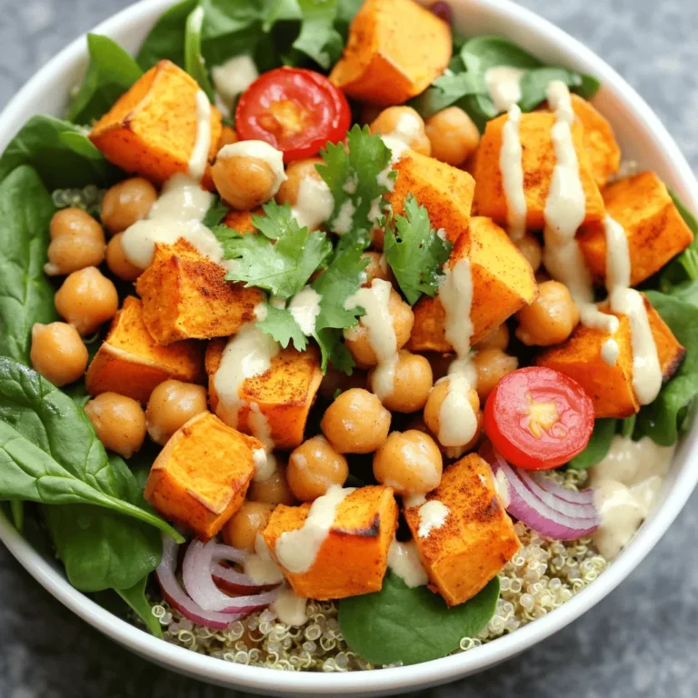 Für die Süßkartoffel Kichererbsen Buddha Bowls brauchen Sie folgende Zutaten: - 1 große Süßkartoffel, geschält und gewürfelt - 1 Dose (425 g) Kichererbsen, abgespült und abgetropft - 2 Tassen gekochter Quinoa - 2 Tassen Babymangold - ½ Tasse Kirschtomaten, halbiert - ¼ Tasse rote Zwiebel, dünn geschnitten Diese Zutaten liefern einen tollen Mix aus Aromen und Nährstoffen. Die Süßkartoffel gibt eine süße Note. Kichererbsen bringen Protein und eine angenehme Textur. Hier sind die Gewürze und Zutaten für das Dressing: - 1 Esslöffel Olivenöl - 1 Teelöffel geräuchertes Paprikapulver - 1 Teelöffel gemahlener Kreuzkümmel - Salz und Pfeffer nach Geschmack - ¼ Tasse Tahini - 2 Esslöffel Zitronensaft - 1 Esslöffel Ahornsirup - Wasser, nach Bedarf für das Tahini-Dressing Diese Gewürze bringen das Gericht auf die nächste Stufe. Geräuchertes Paprikapulver gibt eine rauchige Tiefe. Das Tahini-Dressing sorgt für Cremigkeit und Geschmack. Frische Zutaten sind der Schlüssel zu leckeren Buddha Bowls. Hier sind einige Tipps: - Wählen Sie eine Süßkartoffel, die fest und ohne dunkle Stellen ist. - Suchen Sie nach Kichererbsen, die gleichmäßig und ohne Dellen sind. - Achten Sie bei Babymangold auf frische, grüne Blätter ohne braune Flecken. - Tomaten sollten fest und glänzend sein. Frische Zutaten machen den Unterschied. Sie schmecken besser und sind gesünder. So gelingt Ihnen eine Buddha Bowl, die sowohl lecker als auch nährstoffreich ist. Heize deinen Ofen auf 200°C vor. Während er sich aufheizt, schäle die große Süßkartoffel und würfle sie. Gib die Würfel in eine große Schüssel. Füge 1 Esslöffel Olivenöl, 1 Teelöffel geräuchertes Paprikapulver, 1 Teelöffel Kreuzkümmel sowie etwas Salz und Pfeffer hinzu. Mische alles gut. Verteile die Süßkartoffeln auf einem Backblech in einer einzigen Schicht. Röste sie 25 bis 30 Minuten lang, bis sie zart und goldbraun sind. Wende die Süßkartoffeln einmal während des Röstens, damit sie gleichmäßig garen. Während die Süßkartoffeln rösten, nimm die Dose Kichererbsen. Spüle die Kichererbsen gut ab und lasse sie abtropfen. Gib sie in eine Schüssel. Füge einen Spritzer Olivenöl, 1 Teelöffel Kreuzkümmel, 1 Teelöffel geräuchertes Paprikapulver, Salz und Pfeffer hinzu. Mische alles gut. Verteile die Kichererbsen auf einem separaten Backblech. Röste sie 15 bis 20 Minuten, bis sie knusprig sind. Nimm eine kleine Schüssel für das Dressing. Gib ¼ Tasse Tahini, 2 Esslöffel Zitronensaft und 1 Esslöffel Ahornsirup hinein. Füge etwas Wasser hinzu. Schlage die Mischung mit einem Schneebesen glatt. Wenn das Dressing zu dick ist, füge mehr Wasser hinzu, bis die gewünschte Konsistenz erreicht ist. Um die Buddha-Bowls anzurichten, nimm eine Servierschüssel. Beginne mit 2 Tassen gekochtem Quinoa als Grundlage. Füge eine Handvoll Babymangold hinzu. Belege die Schüssel mit den gerösteten Süßkartoffeln, den knusprigen Kichererbsen, den halbierten Kirschtomaten und der roten Zwiebel. Verteile großzügig das Tahini-Dressing über jede Schüssel. Garniere die Bowls nach Wunsch mit frischem Koriander. Serviere sie sofort und genieße die Kombination aus Aromen und Texturen. Die Röstzeit ist entscheidend für den Geschmack. Rösten Sie die Süßkartoffeln bei 200°C. Wenden Sie sie einmal während des Röstens. So werden sie gleichmäßig goldbraun. Achten Sie darauf, dass sie weich sind, aber nicht matschig. Eine perfekte Röstung dauert etwa 25-30 Minuten. Nutzen Sie die Zeit, um die Kichererbsen vorzubereiten. Das Tahini-Dressing ist vielseitig. Sie können das Rezept leicht anpassen. Fügen Sie mehr Zitronensaft für einen frischeren Geschmack hinzu. Für einen süßeren Touch probieren Sie mehr Ahornsirup. Mögen Sie es scharf? Ein paar Tropfen Sriracha geben dem Dressing einen Kick. Experimentieren Sie mit Kräutern wie Dill oder Petersilie. So bleibt Ihr Gericht spannend. Sie können die Buddha-Bowls ganz nach Ihrem Bedarf anpassen. Für vegane Optionen sind die Zutaten perfekt. Möchten Sie eine glutenfreie Variante? Verwenden Sie Quinoa, das ist von Natur aus glutenfrei. Ersetzen Sie die Kichererbsen durch Linsen, wenn Sie eine proteinreiche Option suchen. Auch das Gemüse können Sie nach Saison oder Vorliebe ändern. Fügen Sie zum Beispiel Avocado oder Brokkoli hinzu. {{image_4}} Es gibt viele Möglichkeiten, deine Buddha-Bowls anzupassen. Du kannst verschiedene Gemüsesorten verwenden. Zum Beispiel sind Brokkoli, Karotten oder Zucchini tolle Alternativen. Diese Gemüse sind leicht zuzubereiten und bringen frische Aromen. Die Basis kann ebenfalls variieren. Anstelle von Quinoa kannst du auch Reis oder Hirse nutzen. Diese Optionen sind nahrhaft und einfach zu kochen. Für Proteinquellen sind schwarze Bohnen oder Linsen ebenfalls eine gute Wahl. Sie sind gesund und geben den Bowls einen anderen Geschmack. Das Rezept ist von Natur aus vegan und glutenfrei. Das ist perfekt für viele Diäten. Du kannst sicher sein, dass deine Gäste die Bowls genießen werden. Wenn du nach mehr Vielfalt suchst, füge Nüsse oder Samen hinzu. Sonnenblumenkerne oder Kürbiskerne sind knusprig und gesund. Sie geben den Bowls eine knackige Textur. Saisonale Zutaten machen deine Buddha-Bowls noch besser. Im Frühling sind Spargel und Rucola frisch und lecker. Im Sommer kannst du frische Erbsen oder Zucchini verwenden. Im Herbst sind Kürbis und Rosenkohl eine gute Wahl. Diese Gemüse sind herzhaft und geben den Bowls eine warme Note. Im Winter kannst du Wurzelgemüse wie Karotten oder Pastinaken verwenden. Sie sind nahrhaft und einfach zu finden. Egal, welche Saison es ist, du kannst die Buddha-Bowls anpassen. Sei kreativ und probiere neue Kombinationen aus! Um die Reste der Buddha-Bowls frisch zu halten, lege sie in einen luftdichten Behälter. Ich empfehle, die einzelnen Komponenten getrennt aufzubewahren. So bleibt alles frisch. Wenn du die Reste aufwärmen möchtest, nutze die Mikrowelle oder den Ofen. Erhitze die Süßkartoffeln und Kichererbsen bei 180°C für etwa 10-15 Minuten. So bleiben sie lecker und knusprig. Lagere die Süßkartoffeln an einem kühlen, dunklen Ort. So vermeiden sie Keime und Schimmel. Kichererbsen aus der Dose lassen sich gut in einem Glasbehälter aufbewahren. Denke daran, sie vor der Verwendung gut abzuspülen. Quinoa sollte in einem luftdichten Behälter im Kühlschrank oder in der Speisekammer liegen. So bleibt es frisch und trocken. Frisches Gemüse wie Babymangold und Kirschtomaten solltest du im Kühlschrank lagern, um ihre Frische zu bewahren. Die Buddha-Bowls halten sich im Kühlschrank bis zu 3 Tage. Achte darauf, die Bowls gut abzudecken. Wenn du die Zutaten getrennt lagerst, bleiben sie länger frisch. Überprüfe die Reste vor dem Essen. Wenn die Zutaten schlecht riechen oder anders aussehen, ist es besser, sie wegzuwerfen. So genießt du immer die beste Qualität. Um die Kichererbsen knusprig zu machen, beginnt man mit der richtigen Vorbereitung. Spülen Sie die Kichererbsen gründlich ab und trocknen Sie sie mit einem Küchentuch. Dies entfernt überschüssige Feuchtigkeit. Dann würzen Sie sie mit Olivenöl, Kreuzkümmel, Paprikapulver, Salz und Pfeffer. Verbreiten Sie sie gleichmäßig auf einem Backblech. Rösten Sie die Kichererbsen bei 200°C für 15-20 Minuten. Schütteln Sie das Blech einmal, damit sie gleichmäßig bräunen. Diese Methode sorgt für einen leckeren, knusprigen Snack. Ja, Sie können das Rezept im Voraus vorbereiten! Rösten Sie die Süßkartoffeln und die Kichererbsen. Lassen Sie sie abkühlen und bewahren Sie sie in einem luftdichten Behälter im Kühlschrank auf. Sie können das Tahini-Dressing ebenfalls im Voraus machen. Wenn Sie bereit sind zu essen, wärmen Sie die Süßkartoffeln und Kichererbsen im Ofen auf. Fügen Sie das Dressing kurz vor dem Servieren hinzu. So bleibt alles frisch und lecker. Zu Buddha-Bowls passen viele Beilagen gut. Hier sind einige Ideen: - Avocado für Cremigkeit - Gegrilltes Gemüse wie Zucchini oder Paprika - Sprossen für einen frischen Crunch - Nüsse oder Samen für zusätzliche Proteine - Frische Kräuter wie Koriander oder Petersilie Diese Beilagen bringen Abwechslung und Nährstoffe in Ihre Schüssel. Die Vorbereitung der Buddha-Bowls dauert insgesamt etwa 40 Minuten. Die Vorbereitungszeit beträgt etwa 10 Minuten. Das Rösten der Süßkartoffeln und Kichererbsen dauert etwa 25-30 Minuten. Diese Zeit ist eine gute Gelegenheit, um das Dressing zuzubereiten und die Schüsseln anzurichten. So haben Sie ein köstliches und gesundes Gericht, das schnell auf den Tisch kommt. Buddha-Bowls sind nährstoffreiche Gerichte, die sich leicht zubereiten lassen. Wir haben die wichtigsten Zutaten, Tipps zur Zubereitung und Lagerung besprochen. Du kannst mit verschiedenen Gewürzen und Dressings kreativ werden und die Bowls nach deinem Geschmack anpassen. Denk daran, frische Zutaten auszuwählen, um den besten Geschmack zu erzielen. Egal, ob vegan oder glutenfrei, es gibt viele Optionen. Mit diesen einfachen Schritten und Ideen gelingt dir eine köstliche Buddha-Bowl. Probiere es aus und entdecke deine Lieblingskombination!