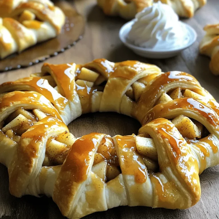 - 2 Dosen Croissant-Teig - 3 mittelgroße Äpfel (Granny Smith oder Honeycrisp), geschält, entkernt und gewürfelt Die Hauptzutaten sind einfach zu finden. Croissant-Teig gibt es in jedem Supermarkt. Äpfel wähle ich meist Granny Smith oder Honeycrisp. Diese Sorten sind knackig und süß-sauer. Sie geben dem Karamell-Apfel-Pie-Crescent-Ring den besten Geschmack. - 1/2 Tasse brauner Zucker - 1 Teelöffel Zimt - 1/4 Teelöffel Muskatnuss Brauner Zucker ist wichtig. Er macht die Füllung süß und gibt einen tiefen Geschmack. Zimt und Muskatnuss sorgen für ein warmes Aroma. Diese Gewürze passen perfekt zu Äpfeln. Ich mische alles gut, damit jeder Bissen lecker ist. - 1 Esslöffel Zitronensaft - 1/2 Tasse Karamellsauce (plus extra zum Träufeln) - 1 Ei, geschlagen (für die Eiwäsche) Zitronensaft verhindert, dass die Äpfel braun werden. Karamellsauce macht das Dessert besonders. Ich benutze sie auch zum Träufeln oben drauf. Das Ei hilft, den Teig goldbraun zu backen. Es gibt eine schöne, glänzende Oberfläche. - Schäle die Äpfel und entkerne sie. Schneide sie dann in kleine Stücke. - Vermenge die gewürfelten Äpfel mit braunem Zucker, Zimt, Muskatnuss und Zitronensaft. So bekommen die Äpfel einen tollen Geschmack. - Rolle den Croissant-Teig auf einer sauberen Fläche aus. - Schneide den Teig in gleichmäßige Dreiecke. - Arrangiere die Dreiecke auf einem Backblech in einer kreisförmigen Form. Die breiten Enden sollten sich leicht überlappen. - Löffle die Apfelmischung gleichmäßig auf jedes Dreieck. - Träufle etwas Karamellsauce über die Füllung. - Klappe die spitzen Enden der Dreiecke über die Füllung. Tucke sie unter die breiten Enden. So entsteht ein schöner Ring. - Bestreiche den Teig mit dem geschlagenen Ei. So wird der Ring goldbraun. - Backe den Ring im Ofen bei 190°C für 20-25 Minuten. - Wenn der Teig goldbraun ist, nimm ihn aus dem Ofen. - Träufle zusätzliche Karamellsauce über den Ring. - Lass ihn ein paar Minuten abkühlen, bevor du ihn anschneidest und servierst. Auswahl der besten Apfelsorte: Wähle Äpfel, die gut backen. Granny Smith und Honeycrisp sind ideal. Sie sind süß und sauer. Ihr fester Biss bleibt beim Backen erhalten. Tipps zur Apfelvorbereitung: Schäle die Äpfel zuerst. Entferne die Kerne und schneide sie in kleine Würfel. Mische die gewürfelten Äpfel mit Zucker, Zimt und Muskatnuss. Der Zitronensaft hilft, die Frische zu bewahren. Verwendung von Blätterteig statt Croissant-Teig: Blätterteig gibt eine knusprige Textur. Es eignet sich gut, wenn du etwas anderes ausprobieren möchtest. Roll den Blätterteig dünn aus, wie beim Croissant-Teig. Andere Füllungen: Füge Walnüsse oder Rosinen hinzu. Diese Zutaten bringen einen neuen Geschmack. Du kannst auch andere Früchte wie Birnen verwenden. Experimentiere mit verschiedenen Kombinationen! Anrichten und Garnieren für das perfekte Foto: Schneide den Ring in gleichmäßige Stücke. Lege sie auf einen schönen Teller. Füge frische Äpfel oder Minzblätter hinzu. Das macht das Bild ansprechend. Verwendung von Karamellsauce als Topping: Träufle etwas Karamellsauce über den Ring. Das gibt nicht nur Geschmack, sondern sieht auch toll aus. Verwende extra Karamellsauce beim Servieren. So wird jeder Biss besonders lecker! {{image_4}} Für alle, die Gluten meiden, gibt es einfache Lösungen. Du kannst glutenfreien Croissant-Teig verwenden. Viele Marken bieten diesen tollen Teig an. Achte darauf, die Packungsanweisungen zu befolgen. Das sorgt für den besten Geschmack und die beste Textur. Das Rezept lässt sich auch leicht vegan machen. Für die Karamellsauce kannst du eine vegane Version verwenden. Diese findest du in vielen Geschäften oder online. Zum Ei-Ersatz kannst du Apfelmus oder Leinsamen nutzen. Mische einen Esslöffel Leinsamen mit drei Esslöffeln Wasser. Lass es einige Minuten stehen, bis es dick wird. Den Karamell-Apfel-Pie-Crescent-Ring kannst du auch nach deinem Geschmack anpassen. Füge mehr Zimt für einen intensiveren Geschmack hinzu. Du kannst auch Nüsse wie Walnüsse oder Pecannüsse hinzufügen. Sie geben dem Ring einen tollen Crunch und mehr Tiefe. Denk daran, die Kalorien können sich dadurch erhöhen. Variiere die Zutaten nach deinem Geschmack und genieße den Prozess! Um Reste des Karamell-Apfel-Pie-Crescent-Rings richtig aufzubewahren, lege sie in einen luftdichten Behälter. So bleiben die Aromen frisch. Du kannst den Ring auch in Frischhaltefolie einwickeln. Bewahre ihn im Kühlschrank auf. So hält er sich am besten. Um den besten Geschmack zu genießen, wärme den Ring sanft auf. Du kannst ihn im Ofen bei 160°C für etwa 10 Minuten aufwärmen. So bleibt der Teig knusprig und die Füllung warm. Alternativ kannst du die Mikrowelle nutzen. Erwärme ihn in kurzen Intervallen, um ein Überhitzen zu vermeiden. Der Karamell-Apfel-Pie-Crescent-Ring bleibt im Kühlschrank etwa 3 bis 4 Tage frisch. Achte darauf, ihn gut zu lagern. Wenn du ihn länger aufbewahren möchtest, kannst du ihn auch einfrieren. In einem luftdichten Behälter hält er sich bis zu 2 Monate. Lass ihn vor dem Servieren im Kühlschrank auftauen. Wenn du keine Karamellsauce hast, gibt es viele Optionen. Du kannst Honig oder Ahornsirup verwenden. Beides gibt dem Ring eine süße Note. Eine Mischung aus braunem Zucker und Wasser kann auch gut funktionieren. Erhitze den Zucker mit Wasser, bis er schmilzt. Diese Alternativen sind einfach und lecker. Ja, du kannst den Ring im Voraus machen! Bereite die Apfelmischung und den Teig vor, aber backe ihn nicht. Wickel alles gut ein und stelle es in den Kühlschrank. Am Backtag kannst du den Ring schnell zusammensetzen und backen. So sparst du Zeit und hast mehr Spaß beim Servieren. Um den Crescent Ring richtig zu schneiden, benutze ein scharfes Messer. Schneide vorsichtig in die Mitte und arbeite dich nach außen. So bleibt der Ring schön und sieht toll aus. Serviere die Stücke warm für den besten Geschmack. Du kannst auch Sahne oder Eis darauf geben. Das macht das Dessert noch besser! Der Karamell-Apfel-Pie-Crescent-Ring ist einfach und lecker. Wir haben die Hauptzutaten wie Croissant-Teig, Äpfel und Gewürze besprochen. Auch die Zubereitung und Backzeiten wurden detailliert erklärt. Variationen für Gluten- und Veganfans sind ebenfalls vorhanden. Denke daran, die Reste richtig aufzubewahren und aufzuwärmen. Mit diesen Tipps machst du jeden Kuchen zu einem Highlight. Jetzt liegt es an dir, diesen köstlichen Ring zu probieren.
