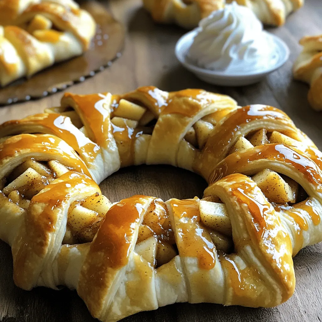 - 2 Dosen Croissant-Teig - 3 mittelgroße Äpfel (Granny Smith oder Honeycrisp), geschält, entkernt und gewürfelt Die Hauptzutaten sind einfach zu finden. Croissant-Teig gibt es in jedem Supermarkt. Äpfel wähle ich meist Granny Smith oder Honeycrisp. Diese Sorten sind knackig und süß-sauer. Sie geben dem Karamell-Apfel-Pie-Crescent-Ring den besten Geschmack. - 1/2 Tasse brauner Zucker - 1 Teelöffel Zimt - 1/4 Teelöffel Muskatnuss Brauner Zucker ist wichtig. Er macht die Füllung süß und gibt einen tiefen Geschmack. Zimt und Muskatnuss sorgen für ein warmes Aroma. Diese Gewürze passen perfekt zu Äpfeln. Ich mische alles gut, damit jeder Bissen lecker ist. - 1 Esslöffel Zitronensaft - 1/2 Tasse Karamellsauce (plus extra zum Träufeln) - 1 Ei, geschlagen (für die Eiwäsche) Zitronensaft verhindert, dass die Äpfel braun werden. Karamellsauce macht das Dessert besonders. Ich benutze sie auch zum Träufeln oben drauf. Das Ei hilft, den Teig goldbraun zu backen. Es gibt eine schöne, glänzende Oberfläche. - Schäle die Äpfel und entkerne sie. Schneide sie dann in kleine Stücke. - Vermenge die gewürfelten Äpfel mit braunem Zucker, Zimt, Muskatnuss und Zitronensaft. So bekommen die Äpfel einen tollen Geschmack. - Rolle den Croissant-Teig auf einer sauberen Fläche aus. - Schneide den Teig in gleichmäßige Dreiecke. - Arrangiere die Dreiecke auf einem Backblech in einer kreisförmigen Form. Die breiten Enden sollten sich leicht überlappen. - Löffle die Apfelmischung gleichmäßig auf jedes Dreieck. - Träufle etwas Karamellsauce über die Füllung. - Klappe die spitzen Enden der Dreiecke über die Füllung. Tucke sie unter die breiten Enden. So entsteht ein schöner Ring. - Bestreiche den Teig mit dem geschlagenen Ei. So wird der Ring goldbraun. - Backe den Ring im Ofen bei 190°C für 20-25 Minuten. - Wenn der Teig goldbraun ist, nimm ihn aus dem Ofen. - Träufle zusätzliche Karamellsauce über den Ring. - Lass ihn ein paar Minuten abkühlen, bevor du ihn anschneidest und servierst. Auswahl der besten Apfelsorte: Wähle Äpfel, die gut backen. Granny Smith und Honeycrisp sind ideal. Sie sind süß und sauer. Ihr fester Biss bleibt beim Backen erhalten. Tipps zur Apfelvorbereitung: Schäle die Äpfel zuerst. Entferne die Kerne und schneide sie in kleine Würfel. Mische die gewürfelten Äpfel mit Zucker, Zimt und Muskatnuss. Der Zitronensaft hilft, die Frische zu bewahren. Verwendung von Blätterteig statt Croissant-Teig: Blätterteig gibt eine knusprige Textur. Es eignet sich gut, wenn du etwas anderes ausprobieren möchtest. Roll den Blätterteig dünn aus, wie beim Croissant-Teig. Andere Füllungen: Füge Walnüsse oder Rosinen hinzu. Diese Zutaten bringen einen neuen Geschmack. Du kannst auch andere Früchte wie Birnen verwenden. Experimentiere mit verschiedenen Kombinationen! Anrichten und Garnieren für das perfekte Foto: Schneide den Ring in gleichmäßige Stücke. Lege sie auf einen schönen Teller. Füge frische Äpfel oder Minzblätter hinzu. Das macht das Bild ansprechend. Verwendung von Karamellsauce als Topping: Träufle etwas Karamellsauce über den Ring. Das gibt nicht nur Geschmack, sondern sieht auch toll aus. Verwende extra Karamellsauce beim Servieren. So wird jeder Biss besonders lecker! {{image_4}} Für alle, die Gluten meiden, gibt es einfache Lösungen. Du kannst glutenfreien Croissant-Teig verwenden. Viele Marken bieten diesen tollen Teig an. Achte darauf, die Packungsanweisungen zu befolgen. Das sorgt für den besten Geschmack und die beste Textur. Das Rezept lässt sich auch leicht vegan machen. Für die Karamellsauce kannst du eine vegane Version verwenden. Diese findest du in vielen Geschäften oder online. Zum Ei-Ersatz kannst du Apfelmus oder Leinsamen nutzen. Mische einen Esslöffel Leinsamen mit drei Esslöffeln Wasser. Lass es einige Minuten stehen, bis es dick wird. Den Karamell-Apfel-Pie-Crescent-Ring kannst du auch nach deinem Geschmack anpassen. Füge mehr Zimt für einen intensiveren Geschmack hinzu. Du kannst auch Nüsse wie Walnüsse oder Pecannüsse hinzufügen. Sie geben dem Ring einen tollen Crunch und mehr Tiefe. Denk daran, die Kalorien können sich dadurch erhöhen. Variiere die Zutaten nach deinem Geschmack und genieße den Prozess! Um Reste des Karamell-Apfel-Pie-Crescent-Rings richtig aufzubewahren, lege sie in einen luftdichten Behälter. So bleiben die Aromen frisch. Du kannst den Ring auch in Frischhaltefolie einwickeln. Bewahre ihn im Kühlschrank auf. So hält er sich am besten. Um den besten Geschmack zu genießen, wärme den Ring sanft auf. Du kannst ihn im Ofen bei 160°C für etwa 10 Minuten aufwärmen. So bleibt der Teig knusprig und die Füllung warm. Alternativ kannst du die Mikrowelle nutzen. Erwärme ihn in kurzen Intervallen, um ein Überhitzen zu vermeiden. Der Karamell-Apfel-Pie-Crescent-Ring bleibt im Kühlschrank etwa 3 bis 4 Tage frisch. Achte darauf, ihn gut zu lagern. Wenn du ihn länger aufbewahren möchtest, kannst du ihn auch einfrieren. In einem luftdichten Behälter hält er sich bis zu 2 Monate. Lass ihn vor dem Servieren im Kühlschrank auftauen. Wenn du keine Karamellsauce hast, gibt es viele Optionen. Du kannst Honig oder Ahornsirup verwenden. Beides gibt dem Ring eine süße Note. Eine Mischung aus braunem Zucker und Wasser kann auch gut funktionieren. Erhitze den Zucker mit Wasser, bis er schmilzt. Diese Alternativen sind einfach und lecker. Ja, du kannst den Ring im Voraus machen! Bereite die Apfelmischung und den Teig vor, aber backe ihn nicht. Wickel alles gut ein und stelle es in den Kühlschrank. Am Backtag kannst du den Ring schnell zusammensetzen und backen. So sparst du Zeit und hast mehr Spaß beim Servieren. Um den Crescent Ring richtig zu schneiden, benutze ein scharfes Messer. Schneide vorsichtig in die Mitte und arbeite dich nach außen. So bleibt der Ring schön und sieht toll aus. Serviere die Stücke warm für den besten Geschmack. Du kannst auch Sahne oder Eis darauf geben. Das macht das Dessert noch besser! Der Karamell-Apfel-Pie-Crescent-Ring ist einfach und lecker. Wir haben die Hauptzutaten wie Croissant-Teig, Äpfel und Gewürze besprochen. Auch die Zubereitung und Backzeiten wurden detailliert erklärt. Variationen für Gluten- und Veganfans sind ebenfalls vorhanden. Denke daran, die Reste richtig aufzubewahren und aufzuwärmen. Mit diesen Tipps machst du jeden Kuchen zu einem Highlight. Jetzt liegt es an dir, diesen köstlichen Ring zu probieren.