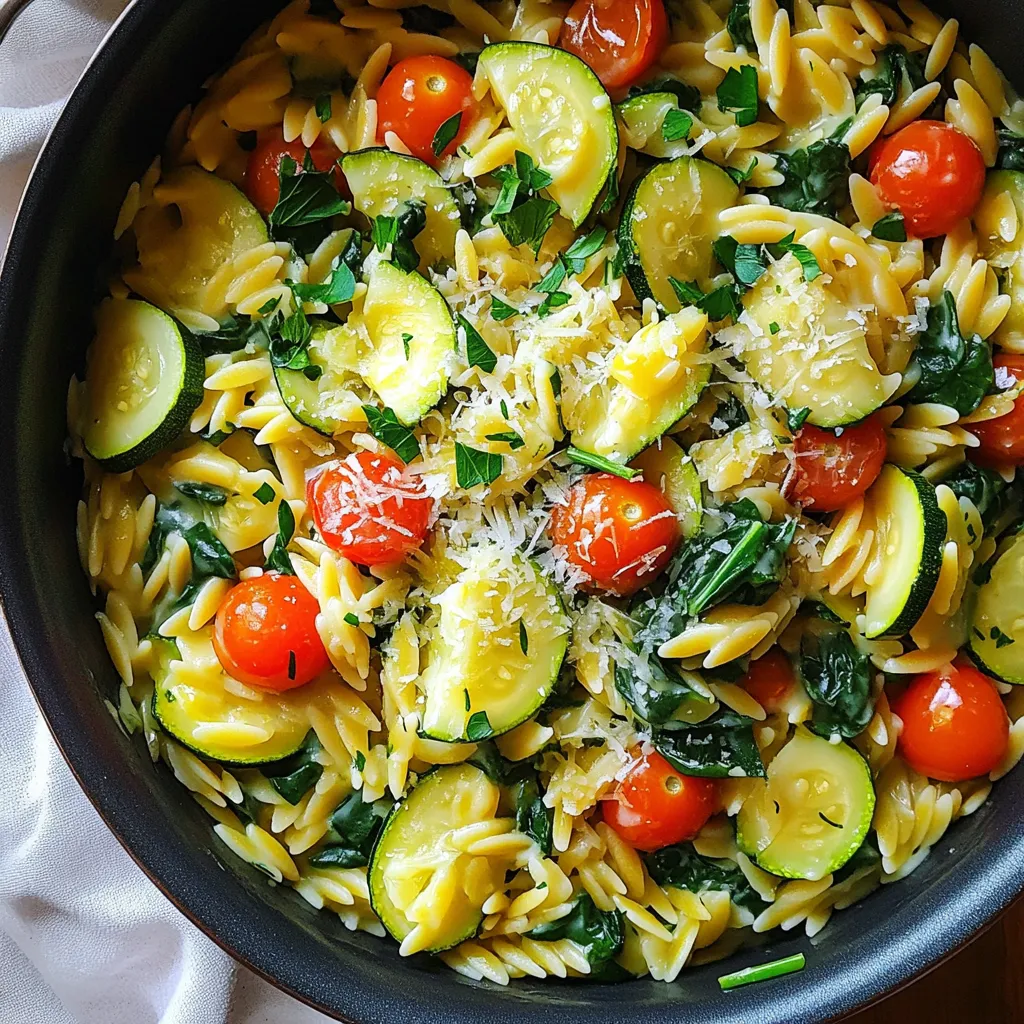 Für die One-Pot Creamy Garlic Lemon Orzo benötigst du die folgenden Zutaten: - 1 Tasse Orzo-Pasta - 4 Tassen Gemüsebrühe - 1 Esslöffel Olivenöl - 4 Zehen Knoblauch, fein gehackt - 1 kleine Zwiebel, fein gewürfelt - 1 Tasse frischer Spinat, gehackt - 1 Zucchini, gewürfelt - 1 Tasse Kirschtomaten, halbiert - 1 Teelöffel getrockneter Thymian - 1/2 Teelöffel schwarzer Pfeffer - 1/2 Tasse Sahne (oder Kokoscreme für eine milchfreie Option) - Saft und Schale von 1 Zitrone - 1/4 Tasse geriebener Parmesan (optional, zum Garnieren) - Frische Petersilie, gehackt (zum Garnieren) Wenn du eine milchfreie Option wünschst, kannst du die Sahne durch Kokoscreme ersetzen. Das gibt dem Gericht eine cremige Textur und einen leichten Kokosgeschmack. Eine weitere Alternative ist die Verwendung von pflanzlicher Sahne. Du kannst auch die Orzo-Pasta durch Quinoa oder Reis ersetzen, wenn du glutenfrei kochen möchtest. Die One-Pot Creamy Garlic Lemon Orzo ist nicht nur lecker, sondern auch nahrhaft. Eine Portion enthält: - Kalorien: etwa 350 - Kohlenhydrate: 50 g - Eiweiß: 10 g - Fett: 12 g - Ballaststoffe: 3 g Diese Werte können je nach den verwendeten Zutaten variieren. Achte darauf, frisches Gemüse zu verwenden, um die Nährstoffe zu maximieren. Zuerst sammeln wir alle Zutaten für das Rezept. Das macht das Kochen einfacher und schneller. Hier ist, was du brauchst: - 1 Tasse Orzo-Pasta - 4 Tassen Gemüsebrühe - 1 Esslöffel Olivenöl - 4 Zehen Knoblauch, fein gehackt - 1 kleine Zwiebel, fein gewürfelt - 1 Tasse frischer Spinat, gehackt - 1 Zucchini, gewürfelt - 1 Tasse Kirschtomaten, halbiert - 1 Teelöffel getrockneter Thymian - 1/2 Teelöffel schwarzer Pfeffer - 1/2 Tasse Sahne (oder Kokoscreme für eine milchfreie Option) - Saft und Schale von 1 Zitrone - 1/4 Tasse geriebener Parmesan (optional, zum Garnieren) - Frische Petersilie, gehackt (zum Garnieren) Sobald du alles hast, kannst du mit dem Kochen beginnen. Erhitze das Olivenöl in einem großen Topf bei mittlerer Hitze. Füge die gewürfelte Zwiebel hinzu und brate sie 3-4 Minuten an, bis sie glasig ist. Dann kommt der Knoblauch dazu. Brate ihn für etwa 1 Minute, bis er gut riecht. Jetzt ist es Zeit für das Gemüse. Gib die Zucchini und die Kirschtomaten in den Topf. Koche das Gemüse 3-4 Minuten lang, bis es weich wird. Gieße die Gemüsebrühe in den Topf und bringe alles zum Kochen. Wenn es kocht, füge die Orzo-Pasta hinzu. Würze mit Thymian und Pfeffer. Reduziere die Hitze und lasse die Mischung 9-10 Minuten köcheln. Rühre gelegentlich um. Die Orzo-Pasta sollte zart sein und die meiste Brühe absorbiert haben. Schau dir jetzt die Orzo an. Wenn sie gar ist, füge den gehackten Spinat, die Sahne und den Zitronensaft sowie die Schale hinzu. Mische alles gut und lasse es 2 Minuten weiterkochen. Dadurch wird alles gut warm. Probiere das Gericht und passe die Gewürze nach deinem Geschmack an. Sofort servieren! Du kannst das Gericht mit geriebenem Parmesan und frischer Petersilie garnieren. So bekommst du ein schönes und leckeres Essen. Um die One-Pot Creamy Garlic Lemon Orzo perfekt zuzubereiten, achte auf folgende Punkte: - Gemüse richtig schneiden: Zucchini und Kirschtomaten sollten gleichmäßig gewürfelt sein. So garen sie gleichmäßig. - Hitze kontrollieren: Halte die Hitze beim Kochen der Orzo-Pasta niedrig. So wird die Pasta zart, ohne zu verkochen. - Rühren nicht vergessen: Rühre während des Kochens regelmäßig um. Das verhindert, dass die Pasta am Topfboden kleben bleibt. - Frische Zutaten: Verwende frischen Spinat und Zitrone für besten Geschmack. Dies hebt das gesamte Gericht hervor. Ein paar häufige Fehler können das Gericht ruinieren. So vermeidest du sie: - Zu viel Flüssigkeit: Achte darauf, die Brühe genau zu messen. Zu viel Flüssigkeit macht die Pasta matschig. - Knoblauch verbrennen: Brate den Knoblauch nur kurz an. Er wird bitter, wenn er zu lange kocht. - Nicht probieren: Vergiss nicht, das Gericht abzuschmecken. So kannst du Gewürze nach deinem Geschmack anpassen. Die One-Pot Creamy Garlic Lemon Orzo ist sehr anpassbar. Hier sind einige Ideen: - Anderes Gemüse: Füge Brokkoli, Paprika oder Erbsen hinzu. Das sorgt für mehr Farbe und Nährstoffe. - Protein hinzufügen: Du kannst Hähnchen, Garnelen oder Kichererbsen für mehr Protein hinzufügen. - Gewürze variieren: Experimentiere mit anderen Kräutern. Basilikum oder Oregano passen gut zu diesem Gericht. - Milchfreie Alternativen: Nutze Kokoscreme anstelle von Sahne, wenn du eine milchfreie Option wünschst. {{image_4}} Für eine vegetarische Variante kannst du die Sahne durch Kokoscreme ersetzen. Das gibt einen tollen Geschmack. Du kannst auch pflanzlichen Parmesan verwenden, um das Gericht vegan zu machen. Statt Gemüsebrühe kannst du auch eine selbstgemachte Gemüsebrühe nutzen, um den Geschmack zu verbessern. Wenn du es schärfer magst, füge rote Paprikaflocken hinzu. Für eine rauchige Note kannst du geräucherten Paprika verwenden. Experimentiere auch mit frischen Kräutern wie Basilikum oder Dill, um verschiedene Aromen zu testen. Du kannst das Gericht mit gebratenen Pilzen oder Artischocken ergänzen. Diese Zutaten bringen mehr Textur und Geschmack. Ein frischer Salat oder knuspriges Brot passen auch gut dazu. So hast du eine komplette Mahlzeit, die deine Gäste beeindrucken wird. Um die One-Pot Creamy Garlic Lemon Orzo frisch zu halten, sollten Sie sie in einem luftdichten Behälter aufbewahren. Lassen Sie das Gericht zuerst auf Raumtemperatur abkühlen. Danach können Sie es sicher in den Kühlschrank stellen. Verwenden Sie Glas- oder Plastikbehälter, die gut verschließen. So bleibt der Geschmack erhalten. Im Kühlschrank bleibt die One-Pot Creamy Garlic Lemon Orzo etwa 3 bis 4 Tage frisch. Achten Sie darauf, das Gericht gut abzudecken. Wenn Sie es länger aufbewahren möchten, ist das Einfrieren eine gute Option. Überprüfen Sie immer den Geruch und die Farbe, bevor Sie es essen. Um die Orzo einzufrieren, füllen Sie das Gericht in gefriergeeignete Behälter. Lassen Sie dabei etwas Platz, da sich die Pasta ausdehnt. Sie können die Orzo bis zu 3 Monate einfrieren. Zum Wiedererwärmen stellen Sie die gefrorene Portion einfach in den Kühlschrank, um sie über Nacht aufzutauen. Danach können Sie sie in einer Pfanne auf mittlerer Hitze erwärmen. Fügen Sie bei Bedarf etwas Brühe oder Wasser hinzu, um die Konsistenz zu verbessern. Die gesamte Kochzeit beträgt etwa 20 Minuten. Die Vorbereitung dauert etwa 10 Minuten, und das Kochen der Orzo-Pasta benötigt 9-10 Minuten. Diese kurze Zeit macht es einfach, das Gericht schnell zuzubereiten, auch an hektischen Tagen. Ja, du kannst viele Gemüsesorten hinzufügen. Brokkoli, Paprika oder Erbsen passen gut zu diesem Gericht. Verwende dein Lieblingsgemüse, um den Geschmack zu variieren. Denke daran, die Kochzeit je nach Gemüse anzupassen. So bleibt alles frisch und lecker. Ja, es ist möglich, das Gericht ohne Sahne zuzubereiten. Du kannst Kokoscreme verwenden, um eine milchfreie Option zu erhalten. Alternativ kannst du auch einfach mehr Gemüsebrühe hinzufügen. Dies hält das Gericht leicht und gesund, ohne den cremigen Geschmack zu verlieren. In diesem Artikel haben wir die Zutaten, die Zubereitung und die besten Tipps für One-Pot Creamy Garlic Lemon Orzo behandelt. Wir schauten uns auch Variationen und Lagerinformationen an. Die richtige Zubereitung macht das Gericht einfach und lecker. Denke daran, bei den Zutaten kreativ zu sein. Du kannst je nach Vorliebe viele Alternativen nutzen. Mit diesen Tipps wirst du dein Gericht perfekt hinbekommen. Viel Spaß beim Kochen und Ausprobieren!