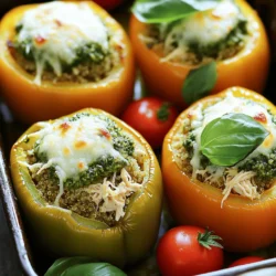 - 4 große Paprika (Farbe nach Wahl) - 1 Tasse gekochtes Hühnchen, zerkleinert - 1 Tasse gekochte Quinoa oder Reis Diese Hauptzutaten sind der Kern Ihres Gerichts. Paprika sind knackig und gesund. Sie bieten eine tolle Farbe und einen süßen Geschmack. Gekochtes Hühnchen macht die Füllung herzhaft und sättigend. Quinoa oder Reis sorgt für die nötige Konsistenz. - 1/2 Tasse hausgemachtes oder gekauftes Pesto - 1 Tasse Kirschtomaten, halbiert - 1/2 Tasse Mozzarella-Käse, gerieben - 1/4 Tasse Parmesan-Käse, gerieben Hier kommt der Geschmack ins Spiel. Pesto bringt frische Kräuter und Nüsse in die Mischung. Kirschtomaten fügen eine süße saftige Note hinzu. Mozzarella und Parmesan geben der Füllung Geschmack und eine schöne, klebrige Textur beim Backen. - 1 Esslöffel Olivenöl - Salz und Pfeffer nach Geschmack - Frische Basilikumblätter zum Garnieren Diese Zutaten sind einfach, aber wichtig. Olivenöl gibt den Paprika einen schönen Glanz. Salz und Pfeffer heben die Aromen hervor. Frische Basilikumblätter sind die perfekte Garnitur und bringen einen frischen Geschmack. - Heize deinen Ofen auf 190°C vor. - Schneide die oberen Teile der Paprika ab. Entferne die Kerne und die Innenmembranen. Bestreiche die Außenseite leicht mit Olivenöl. Würze das Innere mit Salz und Pfeffer. - Mische das zerkleinerte Hühnchen mit der gekochten Quinoa oder dem Reis. - Füge das Pesto, die halbierten Kirschtomaten, den geriebenen Mozzarella und die Hälfte des Parmesan hinzu. Rühre alles gut um, bis die Zutaten gleichmäßig verteilt sind. - Fülle jede Paprika reichlich mit der Hühnchenmischung. Drücke die Füllung leicht an, damit sie gut sitzt. - Stelle die gefüllten Paprika in eine Auflaufform. Falls sie nicht stabil stehen, schneide einen kleinen Teil vom Boden ab. - Bestreue die Paprika mit dem restlichen Parmesan. - Decke die Form mit Aluminiumfolie ab und backe die Paprika 25 Minuten. - Entferne die Folie und backe sie weitere 10 Minuten, bis der Käse blubbert. - Lass die Paprika einige Minuten abkühlen und garniere sie mit frischen Basilikumblättern. Die Vorbereitung für Pesto Chicken gefüllte Paprika ist einfach. Sie brauchen nur 15 Minuten, um alles bereit zu machen. Zuerst heizen Sie den Ofen auf 190°C vor. Dann schneiden Sie die oberen Teile der Paprika ab und entfernen die Kerne. Bestreichen Sie die Außenseite mit Olivenöl. Vergessen Sie nicht, das Innere mit Salz und Pfeffer zu würzen. Für die Füllung empfehle ich Mozzarella-Käse. Er schmilzt gut und gibt einen tollen Geschmack. Parmesan-Käse fügt eine herzhaftige Note hinzu. Beide Käsesorten bilden eine köstliche Kombination. Um den Geschmack zu verbessern, können Sie Gewürze wie Oregano oder Basilikum hinzufügen. Diese Kräuter passen perfekt zu Pesto. Wenn Sie es schärfer mögen, probieren Sie etwas rote Paprikaflocken. Alternativ können Sie in der Füllung auch schwarze Bohnen oder Spinat verwenden. Diese Zutaten steigern den Nährwert und geben mehr Textur. Seien Sie kreativ und experimentieren Sie mit verschiedenen Kombinationen. Die Anrichtung der gefüllten Paprika ist wichtig. Stellen Sie die Paprika aufrecht in eine Auflaufform. Achten Sie darauf, dass sie stabil stehen. Wenn nicht, schneiden Sie etwas vom Boden ab. Für die Garnierung verwenden Sie frische Basilikumblätter. Diese sehen nicht nur schön aus, sondern bringen auch frischen Geschmack. Ein Spritzer Olivenöl vor dem Servieren kann ebenfalls einen tollen Glanz hinzufügen. {{image_4}} Wenn Sie eine vegetarische Variante der Pesto Chicken gefüllten Paprika möchten, gibt es viele tolle Möglichkeiten. - Mit pflanzlichen Proteinen: Ersetzen Sie das Hühnchen durch Kichererbsen oder schwarze Bohnen. Diese sind reich an Proteinen und fügen eine schöne Textur hinzu. - Andere Füllungen: Probieren Sie eine Mischung aus Spinat, Feta und Quinoa. Das bringt frische Aromen und macht die Paprika gesund und lecker. Die Pesto Chicken gefüllten Paprika lassen sich leicht an verschiedene Geschmäcker anpassen. - Asiatisch gewürzt: Fügen Sie etwas Sojasauce und Ingwer hinzu. Das bringt einen aufregenden asiatischen Touch. - Mediterrane Einflüsse: Verwenden Sie Oliven, Artischocken und Feta. Diese Zutaten geben ein mediterranes Flair und ergänzen das Pesto perfekt. Wenn Sie spezielle diätetische Bedürfnisse haben, können Sie das Rezept leicht anpassen. - Glutenfrei: Verwenden Sie Quinoa oder Reis, die von Natur aus glutenfrei sind. So bleibt das Gericht für glutenempfindliche Personen geeignet. - Low-Carb-Version: Ersetzen Sie den Reis durch Blumenkohlreis. Das reduziert die Kohlenhydrate und bleibt trotzdem lecker und sättigend. - Kühlschranklagerung: Bewahre die Reste in einem luftdichten Behälter auf. So bleiben die gefüllten Paprika frisch. Sie können bis zu drei Tage im Kühlschrank bleiben. - Tiefkühlmöglichkeiten: Du kannst die gefüllten Paprika auch einfrieren. Wickele sie gut in Frischhaltefolie und lege sie dann in einen Gefrierbeutel. So bleiben sie bis zu drei Monate haltbar. - Tipps zur Haltbarkeit im Kühlschrank: Überprüfe die Paprika regelmäßig. Wenn sie weich werden oder seltsam riechen, wirf sie weg. - Hinweise zur Aufbewahrung eingefrorener Portionen: Beschrifte die Beutel mit dem Datum. So weißt du, wie lange sie schon im Gefrierfach sind. - Reheat-Möglichkeiten: Du kannst die gefüllten Paprika in der Mikrowelle aufwärmen. Lege sie auf einen Teller und decke sie mit einem feuchten Papiertuch ab. - Beste Methoden für das Aufwärmen: Für den Ofen, heize ihn auf 180°C. Lege die Paprika in eine Auflaufform und backe sie 15 Minuten. So bleiben sie lecker und saftig. Die Backzeit für Pesto Chicken gefüllte Paprika beträgt insgesamt 35 Minuten. Sie backen zuerst bei 190°C (375°F), dann 25 Minuten mit Folie und 10 Minuten ohne. Diese Schritte sorgen dafür, dass die Paprika weich und der Käse schön geschmolzen ist. Ja, frisches Hühnchen kann verwendet werden. Sie sollten das Hühnchen zuerst kochen. Kochen Sie es in Salzwasser, bis es gar ist. Danach zerkleinern Sie es für die Füllung. So bleibt das Gericht frisch und lecker. Wenn Sie keine Quinoa haben, können Sie Reis verwenden. Auch Couscous oder Hirse sind gute Alternativen. Diese Optionen bieten ähnliche Texturen und passen gut zu den Aromen im Gericht. Pesto-Hühnchen gefüllte Paprika sind gesund und einfach zuzubereiten. Wir haben die Hauptzutaten und Schritte besprochen, um dieses Rezept perfekt hinzubekommen. Die vielen Variationen machen es flexibel und anpassbar. Egal, ob Sie vegetarische Optionen oder andere Geschmäcker ausprobieren möchten, es gibt etwas für jeden. Lagern Sie die Reste richtig, um die Frische zu bewahren. Probieren Sie dieses Rezept aus und genießen Sie die leckeren, gefüllten Paprika beim nächsten Essen!