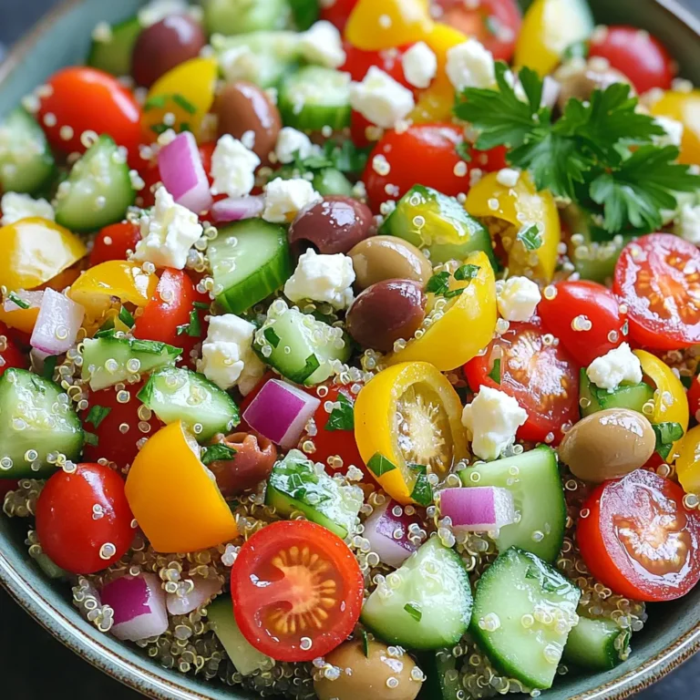 - 1 Tasse Quinoa, gründlich abgespült - 2 Tassen Gemüsebrühe oder Wasser - 1 Tasse Kirschtomaten, halbiert - 1 Salatgurke, gewürfelt - 1/2 rote Zwiebel, fein gehackt - 1 Paprika (rot oder gelb), gewürfelt - 1 Tasse Kalamata-Oliven, entkernt und halbiert - 1 Tasse Feta-Käse, zerkrümelt - 1/4 Tasse frische Petersilie, gehackt Die Quinoa ist die Basis. Sie gibt dem Salat seine nahrhafte Textur. Quinoa hat einen leicht nussigen Geschmack und ist glutenfrei. Das Gemüse bringt Farbe und Frische. Kirschtomaten, Gurken und Paprika liefern Vitamine und Knackigkeit. Die rote Zwiebel fügt einen süßen, scharfen Kontrast hinzu. Feta-Käse bringt eine salzige, cremige Note. Kalamata-Oliven runden den Geschmack ab. Sie sind herzhaft und kräftig. - 2 Esslöffel Olivenöl - 1 Esslöffel Zitronensaft - 1 Teelöffel getrockneter Oregano - Salz und Pfeffer nach Geschmack Das Dressing ist einfach, aber voller Geschmack. Olivenöl sorgt für ein reichhaltiges Mundgefühl. Zitronensaft bringt Frische und Säure. Der getrocknete Oregano bringt mediterrane Aromen. Er ergänzt das Gemüse und den Feta-Käse gut. Salz und Pfeffer sind wichtig für die Balance. Sie bringen alle Aromen zusammen. Mit diesen Zutaten bereitest du einen gesunden und schmackhaften Salat zu. Um Quinoa zuzubereiten, wasche sie zuerst gut. Das hilft, Bitterstoffe zu entfernen. Nimm einen mittelgroßen Topf und füge 1 Tasse Quinoa und 2 Tassen Gemüsebrühe oder Wasser hinzu. Stelle den Herd auf mittlere bis hohe Hitze. Bring die Mischung zum Kochen. Sobald es kocht, reduziere die Hitze. Decke den Topf ab und lass die Quinoa 15 Minuten köcheln. Die Quinoa sollte locker und die Flüssigkeit sollte ganz aufgenommen sein. Nimm den Topf vom Herd und lass die Quinoa abkühlen. Jetzt ist es Zeit für das Gemüse. Schneide die Kirschtomaten in Hälften. Würfle die Gurke und die Paprika. Hacke die rote Zwiebel fein. Achte darauf, dass alles in gleich große Stücke ist. So sieht der Salat schön aus und schmeckt gut. In einer großen Schüssel vermische die Kirschtomaten, Gurke, Zwiebel, Paprika und Kalamata-Oliven. Zerkrümle den Feta-Käse und füge ihn hinzu. Für das Dressing nimm eine kleine Schüssel. Vermische 2 Esslöffel Olivenöl, 1 Esslöffel Zitronensaft und 1 Teelöffel getrockneten Oregano. Schmecke das Dressing mit Salz und Pfeffer ab. Wenn die Quinoa abgekühlt ist, füge sie zur großen Schüssel mit dem Gemüse und Feta hinzu. Träufle das Dressing gleichmäßig über den Salat. Mische alles vorsichtig, bis die Zutaten gut kombiniert sind. Jetzt ist dein mediterraner Quinoa-Salat mit Feta bereit, um genossen zu werden! Um die perfekte Quinoa zu kochen, ist die Konsistenz wichtig. Sie sollte locker und leicht sein. Zuerst spüle die Quinoa gründlich. Das entfernt Bitterstoffe. Verwende dann Gemüsebrühe oder Wasser, um Geschmack zu geben. Brühe macht den Salat noch besser. Wenn du etwas Abwechslung möchtest, probiere Alternativen zu Olivenöl und Zitronensaft. Du kannst auch Balsamico oder Joghurt verwenden. Für einen extra Kick, füge Knoblauch oder Senf hinzu. Zusätzliche Gewürzideen sind Paprika oder Kreuzkümmel. Diese verleihen dem Salat eine neue Note. Experimentiere und finde deinen Favoriten! Die Anrichtetechnik spielt eine große Rolle. Du kannst den Salat in einer großen Schüssel oder auf Tellern anrichten. Das sieht einladend aus. Dekorationsvorschläge sind frische Petersilie oder mehr Feta. Diese Farben machen das Gericht lebendig und appetitlich. Denke daran, dass das Auge mitisst! {{image_4}} Frische Kräuter geben deinem Salat mehr Geschmack. Du kannst Basilikum, Minze oder Dill nutzen. Diese Kräuter sind leicht zu finden und machen alles frischer. Außerdem kannst du andere Gemüsesorten hinzufügen. Probiere Avocado, Karotten oder Spinat aus. Diese Zutaten bringen neue Farben und Nährstoffe in deinen Salat. Sie machen das Gericht noch gesünder und leckerer. Möchtest du vegan oder glutenfrei kochen? Du kannst die Quinoa-Salat ganz leicht anpassen. Nutze einfach Gemüsebrühe ohne tierische Produkte. Quinoa selbst ist glutenfrei, also ist das eine gute Wahl. Wenn du den Feta-Käse ersetzen möchtest, ist das auch einfach. Nutze Avocado oder eine vegane Käse-Alternative. Diese Optionen schmecken gut und passen perfekt in den Salat. Um den mediterranen Quinoa-Salat frisch zu halten, sollten Sie ihn im Kühlschrank lagern. Verwenden Sie einen luftdichten Behälter. So bleibt der Salat knackig und lecker. Die optimale Lagerbedingung beträgt 4 bis 7 Grad Celsius im Kühlschrank. So bleiben die Farben und Aromen erhalten. Der Salat hält sich im Kühlschrank etwa 3 bis 5 Tage. Achten Sie darauf, ihn gut abzudecken, um eine Austrocknung zu verhindern. Sie können den Salat auch einfrieren, wenn Sie Reste haben. Beachten Sie, dass der Feta und das Gemüse beim Auftauen weich werden können. Um den Salat einzufrieren, teilen Sie ihn in Portionen auf. Nutzen Sie gefriergeeignete Beutel oder Behälter. Entfernen Sie dabei so viel Luft wie möglich, um Gefrierbrand zu vermeiden. Zum Wiederaufbereiten lassen Sie den Salat über Nacht im Kühlschrank auftauen. Rühren Sie ihn gut durch, um die Aromen wieder zu aktivieren. Fügen Sie bei Bedarf frische Zutaten hinzu, um den Geschmack aufzufrischen. Der Quinoa-Salat hält sich im Kühlschrank etwa 3 bis 5 Tage. Achte darauf, ihn gut abzudecken. So bleibt er frisch und lecker. Wenn du ihn länger aufbewahren möchtest, empfehle ich dir, ihn in einem luftdichten Behälter zu lagern. Ja, du kannst den Salat im Voraus machen! Bereite ihn bis zu zwei Tage vorher zu. Lass ihn nach dem Mischen im Kühlschrank ziehen. So vermischen sich die Aromen gut. Wenn du ihn vorbereitest, halte das Dressing separat. Füge es kurz vor dem Servieren hinzu. So bleibt der Salat frisch und knackig. Zu diesem Salat passen viele Beilagen gut. Hier sind einige Ideen: - Gegrillte Hähnchenbrust - Gebackene Falafel - Zucchini-Nudeln - Knuspriges Brot oder Fladenbrot Diese Beilagen ergänzen den Salat und machen dein Essen noch leckerer. Der mediterrane Quinoa-Salat ist einfach zubereitet und gesund. Wir haben die Hauptzutaten behandelt: Quinoa, frisches Gemüse und Feta. Außerdem haben wir das Dressing und die richtigen Gewürze besprochen. Schritt für Schritt erklärt, wie man die Quinoa kocht, das Gemüse schneidet und das Dressing anrührt. Mit hilfreichen Tipps und Variationen kannst du deinen Salat anpassen. Denke auch an die richtigen Lagerungshinweise. Probiere diesen Salat aus und genieße seine Frische!