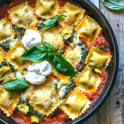 - 340 g frische oder gefrorene Käse-Ravioli - 240 ml frischer Spinat, grob gehackt - 240 g aus der Dose Artischockenherzen, abgetropft und grob gehackt - 240 g Ricotta-Käse - 240 g Mozzarella-Käse, gerieben - 60 g Parmesan-Käse, gerieben - 480 ml Marinara-Sauce - 1 Teelöffel Knoblauchpulver - ½ Teelöffel Zwiebelpulver - Salz und Pfeffer nach Geschmack - Frische Basilikumblätter zum Garnieren (optional) Sie können die Käse-Ravioli durch andere Sorten ersetzen. Ravioli mit Gemüsefüllung sind eine gute Wahl. Auch frischer Spinat lässt sich durch gefrorenen Spinat austauschen. Achten Sie darauf, ihn gut zu entwässern. Wenn Sie keinen Ricotta haben, verwenden Sie Frischkäse. Für einen stärkeren Käsegeschmack eignet sich Feta. Frische Zutaten bieten oft mehr Geschmack. Frischer Spinat schmeckt besser und hat eine knackigere Textur. Gefrorene Zutaten sind jedoch praktisch. Sie sparen Zeit und sind oft günstiger. Wenn Sie gefrorene Ravioli nutzen, kochen Sie sie nach Packungsanweisung vor. So stellen Sie sicher, dass sie gut garen und die Sauce aufnehmen. Zuerst heizen Sie Ihren Ofen auf 190°C vor. In einer großen, ofenfesten Pfanne erwärmen Sie 480 ml Marinara-Sauce bei mittlerer Hitze. Fügen Sie nun 240 ml grob gehackten Spinat und 240 g abgetropfte Artischockenherzen hinzu. Streuen Sie 1 Teelöffel Knoblauchpulver und ½ Teelöffel Zwiebelpulver hinein. Würzen Sie mit Salz und Pfeffer nach Geschmack. Rühren Sie alles gut um und lassen Sie die Mischung 2-3 Minuten kochen. Der Spinat sollte leicht zusammenfallen. Jetzt ist es Zeit, die Ravioli hinzuzufügen. Geben Sie 340 g frische oder gefrorene Käse-Ravioli vorsichtig in die Pfanne. Wenden Sie sie sanft, bis sie gleichmäßig mit der Sauce überzogen sind. In einer separaten Schüssel vermengen Sie 240 g Ricotta-Käse mit der Hälfte des geriebenen Mozzarella und der Hälfte des Parmesan. Löffeln Sie kleine Portionen dieser Mischung gleichmäßig über die Ravioli in der Pfanne. Bestreuen Sie das Gericht dann mit dem restlichen Mozzarella und Parmesan. Decken Sie die Pfanne mit einem Deckel oder Aluminiumfolie ab. Backen Sie das Gericht im vorgeheizten Ofen für 20 Minuten. Entfernen Sie dann den Deckel oder die Folie. Backen Sie es für weitere 10-15 Minuten, bis der Käse goldbraun und blubbernd ist. Nehmen Sie die Pfanne vorsichtig aus dem Ofen. Lassen Sie das Gericht ein paar Minuten ruhen, bevor Sie es servieren. Garnieren Sie es mit frischen Basilikumblättern für einen schönen Farbtupfer. Um die perfekten Ravioli mit Sauce zu verbinden, wähle frische Ravioli. Diese haben einen besseren Geschmack und eine bessere Textur. Wenn du gefrorene Ravioli nutzt, tau sie vorher auf. So wird die Sauce gleichmäßig verteilt. Achte darauf, die Ravioli sanft in die Sauce zu wenden. Vermeide es, sie zu zerdrücken. Das sorgt für ein besseres Ergebnis. Eine cremigere Konsistenz erreichst du, indem du mehr Ricotta-Käse hinzufügst. Das macht die Mischung reichhaltiger. Du kannst auch etwas Sahne oder Frischkäse einrühren. Das sorgt für eine zusätzliche Cremigkeit. Wenn du die Sauce zubereitest, lasse sie ein wenig länger kochen. So verdampft ein Teil der Flüssigkeit und sie wird dicker. Um die Zubereitungszeit zu verkürzen, bereite die Zutaten im Voraus vor. Hacke den Spinat und die Artischocken am Vortag. Du kannst auch die Käsemischung vorher zubereiten. Wenn alles bereit ist, geht es schnell. Nutze auch eine große Pfanne, um alles auf einmal zu kochen. So sparst du Zeit beim Kochen und beim Abwasch. {{image_4}} Wenn Sie eine vegetarische Option suchen, sind die Zutaten flexibel. Sie können Pilze oder Zucchini hinzufügen. Beide geben einen tollen Geschmack. Auch andere Gemüsesorten wie Paprika oder Brokkoli eignen sich gut. Diese Gemüsesorten sind gesund und machen das Gericht bunter. Sie können auch Tofu anstelle von Käse verwenden, um eine andere Textur zu bekommen. Möchten Sie mehr Protein? Fügen Sie Hähnchen oder Garnelen hinzu. Beides passt gut zu den Ravioli. Kochen Sie das Fleisch zuerst in der Pfanne. Dann fügen Sie die Marinara-Sauce und das Gemüse hinzu. Sie können auch Kichererbsen verwenden. Sie sind nahrhaft und fügen einen anderen Geschmack hinzu. Um den Geschmack zu verändern, probieren Sie verschiedene Gewürze aus. Oregano und Thymian sind beliebte Optionen. Sie geben dem Gericht einen mediterranen Flair. Auch eine Prise rote Paprikaflocken kann etwas Schärfe bringen. Frische Kräuter wie Petersilie oder Dill sind ebenfalls eine tolle Ergänzung. Sie bringen Frische und Farbe ins Gericht. Experimentieren Sie mit verschiedenen Kombinationen für neue Geschmackserlebnisse. Um die Reste des One-Pan Creamy Spinach Artichoke Ravioli Bake frisch zu halten, lege sie in einen luftdichten Behälter. So bleibt der Geschmack erhalten. Stelle sicher, dass das Gericht vollständig abgekühlt ist, bevor du es in den Kühlschrank stellst. Es hält sich dort bis zu drei Tage. Wenn du es länger aufbewahren möchtest, friere es ein. Für das Einfrieren ist es am besten, den Auflauf in Portionen zu teilen. Verwende gefriergeeignete Behälter oder Beutel. So kannst du nur das auftauen, was du brauchst. Der Auflauf hält sich im Gefrierfach bis zu drei Monate. Beschrifte die Behälter mit dem Datum, damit du den Überblick behältst. Um den Auflauf aufzuwärmen, heize den Ofen auf 180°C vor. Decke den Behälter mit Aluminiumfolie ab, um ein Austrocknen zu verhindern. Backe das Gericht für etwa 20 Minuten oder bis es heiß ist. Du kannst auch die Mikrowelle nutzen, aber das Ofenwärmen sorgt für die beste Textur. Serviere den Auflauf direkt aus der Pfanne für eine gemütliche Note. Der Auflauf hält sich im Kühlschrank etwa 3 bis 4 Tage. Stellen Sie sicher, dass Sie ihn in einem luftdichten Behälter aufbewahren. So bleibt der Geschmack frisch. Wenn Sie Reste haben, lassen Sie sie zuerst abkühlen, bevor Sie sie lagern. Ja, Sie können die Ravioli selbst machen! Frischer Teig gibt Ihrem Gericht einen tollen Geschmack. Mischen Sie einfach Mehl, Wasser und ein Ei. Rollen Sie den Teig aus und schneiden Sie ihn in kleine Quadrate. Füllen Sie die Ravioli mit Ricotta und Spinat. Dann kochen Sie sie kurz, bevor Sie sie in den Auflauf geben. Um das Rezept vegan zu machen, ersetzen Sie den Käse durch pflanzliche Alternativen. Verwenden Sie zum Beispiel veganen Ricotta oder Cashew-Crème. Statt normalen Ravioli können Sie auch vegane Varianten verwenden. So genießen Sie das Gericht ohne tierische Produkte. Diese Anleitung bietet Ihnen alle Zutaten und Schritte, um perfekten Ravioli-Auflauf zuzubereiten. Wir haben die besten Tipps für frische und gefrorene Zutaten geteilt. Auch Variationen, wie vegetarische Alternativen oder neue Geschmackskombinationen, sind wichtig. Nutzen Sie die Lagerhinweise, um Ihre Reste richtig zu bewahren. Experimentieren Sie mit den Fragen und Antworten, um Ihre eigenen Kreationen zu entwickeln. So sehen Sie, wie einfach es ist, köstliche Gerichte zuzubereiten. Viel Spaß beim Kochen und Genießen!