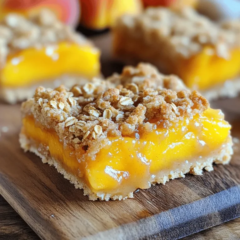 Für die Pfirsich-Crumble-Riegel benötigst du einige einfache Zutaten. Hier sind die Hauptzutaten: - 3 Tassen frische Pfirsiche, geschält und gewürfelt - 1 Esslöffel Zitronensaft - 1/4 Tasse Kristallzucker - 1 Teelöffel Vanilleextrakt - 1 Teelöffel gemahlener Zimt - 2 Tassen zarte Haferflocken - 1 Tasse Weizenmehl - 1/2 Tasse brauner Zucker, gepackt - 1/2 Teelöffel Backpulver - 1/4 Teelöffel Salz - 3/4 Tasse ungesalzene Butter, geschmolzen Die Mengen sind wichtig, um das beste Geschmackserlebnis zu erzielen. Ich empfehle, die Pfirsiche gut zu messen. Sie sollten frisch und saftig sein. Die Mischungen von Haferflocken und Mehl geben den Riegeln die richtige Textur. Achte auf die Butter, sie muss geschmolzen sein, um die Krümelstruktur zu erreichen. Verwende auch frischen Zitronensaft für den besten Geschmack. Wenn du Pfirsiche kaufst, achte auf folgende Punkte: - Wähle reife, saftige Pfirsiche. Sie sollten leicht nachgeben, wenn du sie drückst. - Achte auf die Farbe. Sie sollte lebendig und gleichmäßig sein. - Vermeide Pfirsiche mit Dellen oder braunen Flecken. Diese sind oft überreif oder beschädigt. - Saisonale Pfirsiche sind oft die besten. Frische Pfirsiche schmecken intensiver und süßer. Mit diesen Zutaten und Tipps wird dein Pfirsich-Crumble-Riegel ein voller Erfolg! Heizen Sie Ihren Ofen auf 175 °C vor. Das ist wichtig. Während der Ofen aufheizt, bereiten Sie die Backform vor. Nehmen Sie eine 20x20 cm Backform. Fetten Sie sie mit Backpapier aus. Lassen Sie das Papier an den Rändern hängen. So können Sie die Riegel später leicht herausnehmen. Für die Pfirsichfüllung benötigen Sie 3 Tassen frische Pfirsiche. Schälen und würfeln Sie die Pfirsiche. Geben Sie die gewürfelten Pfirsiche in eine Schüssel. Fügen Sie 1 Esslöffel Zitronensaft, 1/4 Tasse Kristallzucker, 1 Teelöffel Vanilleextrakt und 1 Teelöffel gemahlener Zimt hinzu. Rühren Sie vorsichtig um. Lassen Sie die Mischung stehen. So können sich die Aromen gut entfalten. In einer großen Schüssel vermengen Sie 2 Tassen zarte Haferflocken, 1 Tasse Weizenmehl, 1/2 Tasse braunen Zucker, 1/2 Teelöffel Backpulver und 1/4 Teelöffel Salz. Mischen Sie alles gründlich. Jetzt fügen Sie 3/4 Tasse geschmolzene Butter hinzu. Vermengen Sie alles, bis die Mischung krümelig ist. Drücken Sie die Hälfte der Crumble-Mischung gleichmäßig in die Backform. Backen Sie dies für 10 Minuten. Nehmen Sie die Form aus dem Ofen. Verteilen Sie die Pfirsichmischung gleichmäßig darauf. Streuen Sie die restliche Crumble-Mischung darüber. Backen Sie die Riegel weitere 25-30 Minuten. Sie sind fertig, wenn die Oberseite goldbraun ist und die Pfirsiche sprudeln. Lassen Sie die Riegel 20 Minuten in der Form abkühlen. Heben Sie sie mit dem Backpapier heraus und schneiden Sie sie in Quadrate. Servieren Sie sie warm oder bei Raumtemperatur. Genießen Sie die leckeren Pfirsich-Crumble-Riegel! Um die perfekte Konsistenz für die Pfirsich-Crumble-Riegel zu erzielen, achte auf die Mischung. Die Crumble-Mischung sollte krümelig sein, nicht klumpig. Mische die trockenen Zutaten gut, bevor du die Butter hinzufügst. Wenn du die Butter einarbeitest, fühle die Textur. Sie sollte wie feuchter Sand aussehen. Drücke die Mischung fest in die Form, damit die Basis stabil bleibt. Backe die Basis für 10 Minuten, bevor du die Pfirsiche hinzufügst. Diese Schritte helfen, die Riegel stabil zu halten. Du kannst das Rezept leicht anpassen. Verwende anstelle von Pfirsichen andere Früchte wie Äpfel oder Beeren. Füge Nüsse für extra Crunch hinzu. Magst du es süßer? Erhöhe den Kristallzucker in der Pfirsichfüllung. Für einen gesünderen Snack, ersetze einen Teil des Mehls durch Hafermehl. Auch weniger Zucker ist eine Option. Sei kreativ und finde deine Lieblingsversion der Riegel. Serviere die Pfirsich-Crumble-Riegel warm oder bei Raumtemperatur. Schneide sie in gleichmäßige Quadrate für eine schöne Präsentation. Ein Klecks Schlagsahne oder eine Kugel Vanilleeis macht das Dessert noch besser. Du kannst auch einen Hauch Zimt darüber streuen. Stelle die Riegel auf eine schöne Platte, um sie ansprechend zu präsentieren. So beeindruckst du deine Gäste garantiert! {{image_4}} Wenn frische Pfirsiche nicht verfügbar sind, gibt es viele Alternativen. Sie können Dosenpfirsiche oder gefrorene Pfirsiche verwenden. Achten Sie darauf, die Dosenfrüchte gut abzutropfen. Dies hilft, überschüssige Feuchtigkeit zu vermeiden. Gefrorene Pfirsiche sollten vor der Verwendung aufgetaut werden. So bleiben die Riegel nicht matschig. Für eine glutenfreie Variante können Sie das Weizenmehl durch eine glutenfreie Mischung ersetzen. Achten Sie darauf, dass die Haferflocken als glutenfrei gekennzeichnet sind. Diese Änderungen machen die Riegel für jeden geeignet, der Gluten meiden muss. Der Geschmack bleibt trotzdem köstlich und zufriedenstellend. Um mehr Geschmack hinzuzufügen, probieren Sie verschiedene Aromen. Eine Prise Muskatnuss passt gut zu Pfirsichen. Auch etwas Ingwer kann eine schöne Schärfe bringen. Für ein besonderes Aroma können Sie Mandelessenz oder Kokosnuss hinzufügen. Diese kleinen Anpassungen machen Ihre Riegel einzigartig und aufregend. Um die Frische der Pfirsich-Crumble-Riegel zu bewahren, lagern Sie sie in einem luftdichten Behälter. Stellen Sie sicher, dass die Riegel vollständig abgekühlt sind, bevor Sie sie verpacken. So bleibt die Textur knusprig und der Geschmack intensiv. Legen Sie ein Stück Backpapier zwischen die Riegel, um ein Festkleben zu verhindern. Bewahren Sie sie bei Raumtemperatur auf, wenn Sie sie innerhalb von drei Tagen essen. Für längere Lagerung empfehlen sich Kühlschrank oder Gefrierfach. Einfrieren ist eine großartige Option für die Pfirsich-Crumble-Riegel. Lassen Sie die Riegel zuerst vollständig abkühlen. Schneiden Sie sie dann in einzelne Stücke. Wickeln Sie jeden Riegel in Frischhaltefolie und legen Sie sie in einen gefrierfesten Beutel. Achten Sie darauf, die Luft herauszudrücken, um Gefrierbrand zu vermeiden. So sind die Riegel bis zu drei Monate haltbar. Zum Auftauen legen Sie sie einfach in den Kühlschrank oder bei Raumtemperatur für einige Stunden. Wenn Sie Reste haben, gibt es viele kreative Wege, diese zu verwenden. Zerbröseln Sie die Riegel über griechischem Joghurt für ein leckeres Frühstück. Sie können auch die Riegel in Muffins oder Pfannkuchenteig mischen, um zusätzliche Süße und Textur zu erhalten. Für eine süße Nachspeise servieren Sie die Riegel warm mit einer Kugel Vanilleeis. So bringen Sie Abwechslung in Ihre Küche und genießen jeden Bissen. Pfirsich-Crumble-Riegel bleiben etwa fünf Tage frisch. Lagern Sie sie in einem luftdichten Behälter. So bleibt der Geschmack frisch. Wenn Sie die Riegel länger aufbewahren möchten, frieren Sie sie ein. In einem Gefrierbeutel halten sie bis zu drei Monate. Ja, Sie können andere Früchte nutzen! Äpfel, Beeren oder Kirschen sind tolle Alternativen. Achten Sie darauf, die Menge gleich zu halten. Frische oder gefrorene Früchte funktionieren gut. Spielen Sie mit den Aromen, um neue Geschmackskombinationen zu entdecken. Wärmen Sie die Riegel einfach im Ofen auf. Stellen Sie den Ofen auf 175 °C (350 °F) ein. Legen Sie die Riegel für etwa 10 Minuten hinein. Sie können auch die Mikrowelle nutzen. Erhitzen Sie die Riegel in 20-Sekunden-Intervallen, bis sie warm sind. So schmecken sie fast wie frisch gebacken! Zusammenfassend bieten Pfirsich-Crumble-Riegel einen tollen Genuss. Wir haben die wichtigsten Zutaten und Mengen besprochen. Die Schritt-für-Schritt-Anleitung macht die Zubereitung einfach. Tipps helfen dir, die perfekte Konsistenz zu erreichen. Auch Variationen und Aufbewahrungsinfos sind wichtig, um deine Riegel frisch zu halten. Mit diesen Ideen bist du bereit, köstliche Riegel zu backen und zu genießen. Jetzt kannst du kreativ werden und deine eigene Note hinzufügen!