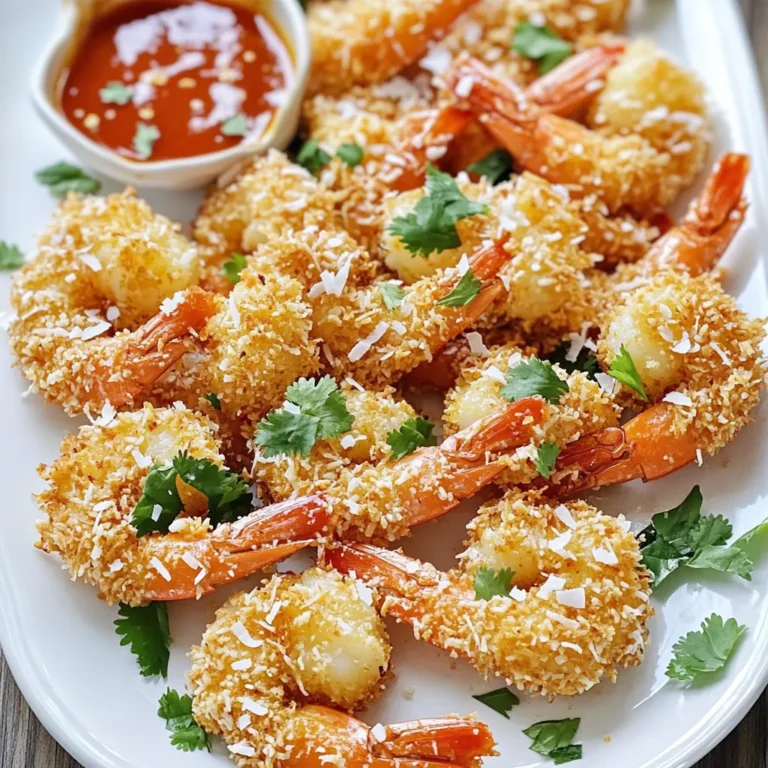 - 450 g große Garnelen, geschält und entdarmt - 100 g ungesüßte Kokosraspeln - 100 g Panko-Brösel - 60 g Allzweckmehl - 2 große Eier, verquirlt - 1 Teelöffel Knoblauchpulver - 1 Teelöffel Paprika - Salz und Pfeffer nach Geschmack - Kochspray Für die Chili-Sauce brauchst du: - 60 ml süße Chili-Sauce - 15 ml Limettensaft - 5 ml Sriracha (nach Schärfe anpassen) - 1 Teelöffel frischer Koriander, gehackt (zum Garnieren) Die Hauptzutaten sind einfach und frisch. Die Garnelen sind der Star. Du kannst große oder mittelgroße Garnelen verwenden. Kokosraspeln geben den Garnelen einen tollen Geschmack und die Panko-Brösel sorgen für eine knusprige Textur. Die weiteren Zutaten sind wichtig für die Panade. Allzweckmehl hilft, die Garnelen zu beschichten. Die Eier kleben die Panade gut an den Garnelen. Gewürze wie Knoblauchpulver und Paprika bringen zusätzlichen Geschmack. Die Chili-Sauce ergänzt die Garnelen perfekt. Sie ist süß, sauer und etwas scharf. Du kannst die Schärfe der Sauce anpassen. Frischer Koriander gibt einen frischen Touch. Egal, ob du ein erfahrener Koch bist oder nicht, diese Zutaten sind leicht zu finden. Du kannst sie in jedem Supermarkt kaufen. Jetzt bist du bereit, die knusprigen Air Fryer Kokosgarnelen zu machen! Zuerst tupfe die Garnelen mit einem Küchentuch trocken. Füge das Knoblauchpulver, die Paprika, Salz und Pfeffer hinzu. Vermische alles gut. Lass die Garnelen für einige Minuten stehen, damit die Gewürze einziehen können. Das gibt den Garnelen viel Geschmack. Nun richte deine Panierstation ein. Nimm drei Schüsseln und fülle sie wie folgt: - Eine Schüssel mit 60 g Allzweckmehl. - Eine Schüssel mit 2 verquirlten Eiern. - Eine Schüssel mit 100 g Kokosraspeln und 100 g Panko-Bröseln. Diese Mischung wird den Garnelen eine tolle knusprige Textur geben. Jetzt kommt der spaßige Teil! Nimm eine Garnele und tauche sie zuerst in das Mehl. Klopfe überschüssiges Mehl ab. Dann tauche die Garnele in die Eier. Achte darauf, dass sie gut beschichtet ist. Schließlich, drücke die Garnele in die Kokos-Panko-Mischung. Stelle sicher, dass sie überall bedeckt ist. Heize deinen Air Fryer auf 200 °C vor. Sprühe den Korb leicht mit Kochspray ein. Lege die panierten Garnelen in einer einzigen Schicht hinein. Achte darauf, dass sie sich nicht berühren. Sprühe auch die Oberseite der Garnelen mit Kochspray ein. So werden sie noch knuspriger. Frittiere die Garnelen für 8-10 Minuten, bis sie goldbraun sind. Wende sie nach der Hälfte der Zeit. So werden sie gleichmäßig gar. Um die Garnelen perfekt knusprig zu machen, benutze Kochspray. Sprühe den Korb des Air Fryers leicht ein. Das hilft, die Garnelen schön goldbraun zu braten. Sprühe auch die Oberseiten der Garnelen mit Kochspray ein. So erhalten sie eine tolle Textur. Wende die Garnelen während des Frittierens. Mach das nach der Hälfte der Zeit. So bräunen sie gleichmäßig und werden nicht zu trocken. Wenn du es weniger scharf magst, verwende weniger Sriracha. Du kannst die Sauce auch ganz ohne Sriracha machen. Das gibt der Sauce einen milderen Geschmack. Alternativen zur Chili-Sauce sind vielseitig. Probiere Mangosauce oder süße Sojasauce. Beide passen gut zu den Garnelen und geben dir neue Geschmackserlebnisse. {{image_4}} Du kannst die Panade für die Garnelen leicht ändern. Probiere verschiedene Gewürzmischungen aus. Füge zum Beispiel Curry, Kreuzkümmel oder Paprika hinzu. Diese Gewürze geben den Garnelen einen neuen, tollen Geschmack. Du kannst auch mit anderen Brotarten experimentieren. Verwende zum Beispiel normale Semmelbrösel anstelle von Panko. Das ändert die Textur, aber bleibt lecker. Für ein anderes Aroma nutze Cornflakes, die du zerdrückst. Das macht die Garnelen noch knuspriger und gibt einen spannenden Crunch. Neben der Chili-Sauce kannst du auch andere Dips anbieten. Eine würzige Mayo oder Aioli passt gut zu den Garnelen. Diese Dips sind einfach zu machen und geben einen tollen Geschmack. Mango-Chutney ist eine süße und fruchtige Option. Es ergänzt die Kokosgarnelen perfekt. Alternativ kannst du einen Honig-Senf-Dip probieren. Dieser Dip hat eine süße und herzhafte Note, die gut harmoniert. Experimentiere mit diesen Variationen. Es macht Spaß, neue Kombinationen zu finden und deine Gäste zu überraschen! Wenn Sie Kokosgarnelen übrig haben, bewahren Sie sie in einem luftdichten Behälter auf. Verwenden Sie Glas oder Kunststoffbehälter mit gut schließendem Deckel. So bleiben die Garnelen frisch. Sie können die Garnelen bis zu drei Tage im Kühlschrank lagern. Für eine längere Haltbarkeit, frieren Sie sie ein. Legen Sie sie in einen Gefrierbeutel und drücken Sie die Luft heraus. So vermeiden Sie Gefrierbrand. Um die Garnelen aufzuwärmen, empfehle ich den Air Fryer. Heizen Sie ihn auf 180 °C vor. Legen Sie die Garnelen in den Korb und erhitzen Sie sie für etwa 5 Minuten. So bleiben sie knusprig. Wenn Sie keinen Air Fryer haben, verwenden Sie eine Pfanne. Erhitzen Sie etwas Öl und braten Sie die Garnelen kurz an. Achten Sie darauf, sie nicht zu lange zu garen. So bleibt die Knusprigkeit erhalten. Die Garnelen halten sich im Kühlschrank etwa zwei Tage. Legen Sie sie in einen luftdichten Behälter. So bleiben sie frisch. Wenn Sie sie länger aufbewahren möchten, frieren Sie die Garnelen ein. Sie können sie bis zu drei Monate im Gefrierfach lagern. Achten Sie darauf, sie gut zu verpacken, um Gefrierbrand zu vermeiden. Ja, gefrorene Garnelen sind eine gute Wahl. Sie sind oft frisch gefangen und schnell eingefroren. Wenn Sie gefrorene Garnelen verwenden, tauen Sie diese zuerst auf. Legen Sie sie über Nacht in den Kühlschrank. Alternativ können Sie sie unter kaltem Wasser abspülen. Achten Sie darauf, die Garnelen gut abzutrocknen, bevor Sie sie panieren. Es gibt viele leckere Beilagen, die gut zu den Garnelen passen. Hier sind einige Vorschläge: - Ein frischer grüner Salat mit Limetten-Dressing - Knusprige Pommes oder Süßkartoffelpommes - Reis mit Kräutern oder Kokosreis - Gegrilltes Gemüse oder eine Gemüsepfanne Diese Beilagen ergänzen die Garnelen und machen Ihr Essen komplett. In diesem Blogbeitrag habe ich die Hauptzutaten für köstliche Kokos-Garnelen vorgestellt. Ich habe detailliert erklärt, wie Sie die Garnelen vorbereiten und panieren. Außerdem nahm ich Tipps zur Knusprigkeit und Anpassung der Schärfe in die Anleitung auf. Variationen, Dips und die richtige Aufbewahrung der Reste wurden ebenfalls behandelt. Fazit: Mit diesen einfachen Schritten gelingt Ihnen ein echter Genuss. Experimentieren Sie mit Zutaten und Dips, um Ihr Gericht zu personalisieren. Genießen Sie die Aromen und die knusprige Textur!