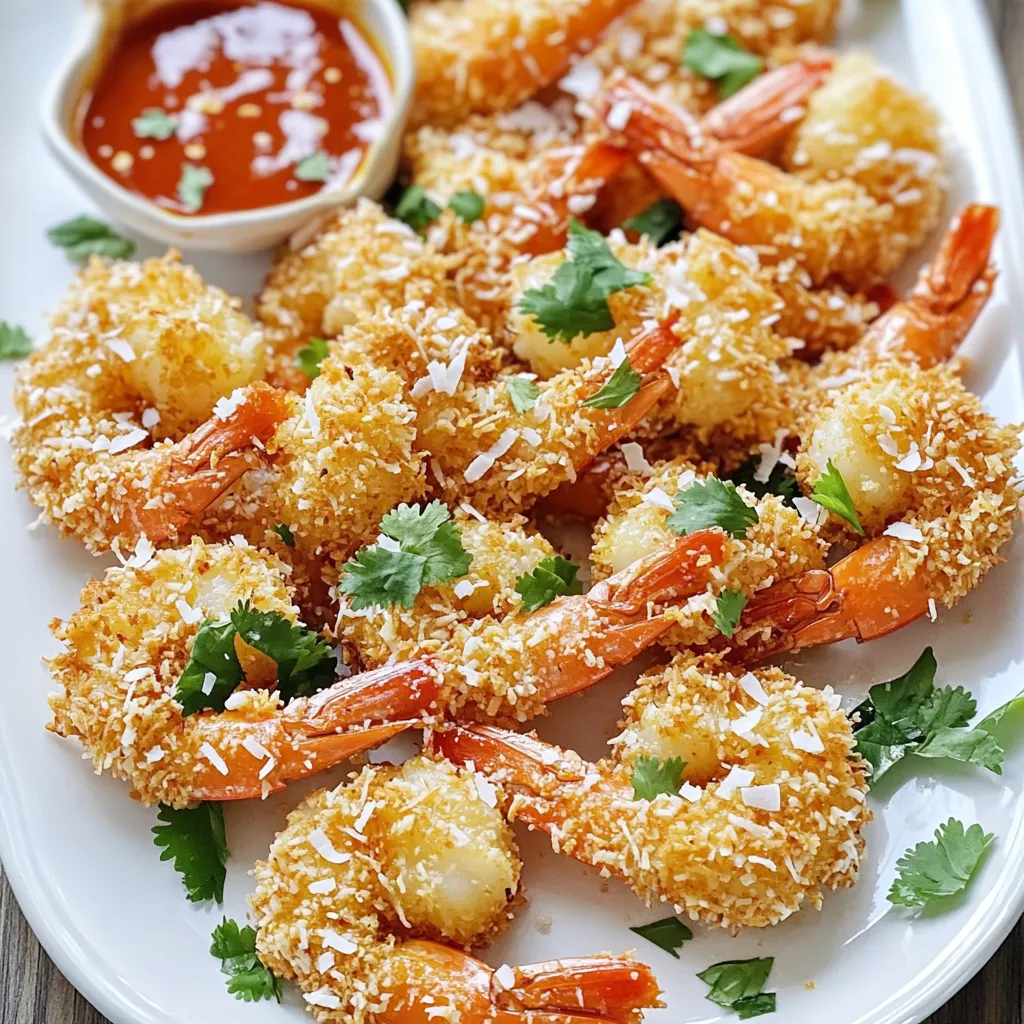 - 450 g große Garnelen, geschält und entdarmt - 100 g ungesüßte Kokosraspeln - 100 g Panko-Brösel - 60 g Allzweckmehl - 2 große Eier, verquirlt - 1 Teelöffel Knoblauchpulver - 1 Teelöffel Paprika - Salz und Pfeffer nach Geschmack - Kochspray Für die Chili-Sauce brauchst du: - 60 ml süße Chili-Sauce - 15 ml Limettensaft - 5 ml Sriracha (nach Schärfe anpassen) - 1 Teelöffel frischer Koriander, gehackt (zum Garnieren) Die Hauptzutaten sind einfach und frisch. Die Garnelen sind der Star. Du kannst große oder mittelgroße Garnelen verwenden. Kokosraspeln geben den Garnelen einen tollen Geschmack und die Panko-Brösel sorgen für eine knusprige Textur. Die weiteren Zutaten sind wichtig für die Panade. Allzweckmehl hilft, die Garnelen zu beschichten. Die Eier kleben die Panade gut an den Garnelen. Gewürze wie Knoblauchpulver und Paprika bringen zusätzlichen Geschmack. Die Chili-Sauce ergänzt die Garnelen perfekt. Sie ist süß, sauer und etwas scharf. Du kannst die Schärfe der Sauce anpassen. Frischer Koriander gibt einen frischen Touch. Egal, ob du ein erfahrener Koch bist oder nicht, diese Zutaten sind leicht zu finden. Du kannst sie in jedem Supermarkt kaufen. Jetzt bist du bereit, die knusprigen Air Fryer Kokosgarnelen zu machen! Zuerst tupfe die Garnelen mit einem Küchentuch trocken. Füge das Knoblauchpulver, die Paprika, Salz und Pfeffer hinzu. Vermische alles gut. Lass die Garnelen für einige Minuten stehen, damit die Gewürze einziehen können. Das gibt den Garnelen viel Geschmack. Nun richte deine Panierstation ein. Nimm drei Schüsseln und fülle sie wie folgt: - Eine Schüssel mit 60 g Allzweckmehl. - Eine Schüssel mit 2 verquirlten Eiern. - Eine Schüssel mit 100 g Kokosraspeln und 100 g Panko-Bröseln. Diese Mischung wird den Garnelen eine tolle knusprige Textur geben. Jetzt kommt der spaßige Teil! Nimm eine Garnele und tauche sie zuerst in das Mehl. Klopfe überschüssiges Mehl ab. Dann tauche die Garnele in die Eier. Achte darauf, dass sie gut beschichtet ist. Schließlich, drücke die Garnele in die Kokos-Panko-Mischung. Stelle sicher, dass sie überall bedeckt ist. Heize deinen Air Fryer auf 200 °C vor. Sprühe den Korb leicht mit Kochspray ein. Lege die panierten Garnelen in einer einzigen Schicht hinein. Achte darauf, dass sie sich nicht berühren. Sprühe auch die Oberseite der Garnelen mit Kochspray ein. So werden sie noch knuspriger. Frittiere die Garnelen für 8-10 Minuten, bis sie goldbraun sind. Wende sie nach der Hälfte der Zeit. So werden sie gleichmäßig gar. Um die Garnelen perfekt knusprig zu machen, benutze Kochspray. Sprühe den Korb des Air Fryers leicht ein. Das hilft, die Garnelen schön goldbraun zu braten. Sprühe auch die Oberseiten der Garnelen mit Kochspray ein. So erhalten sie eine tolle Textur. Wende die Garnelen während des Frittierens. Mach das nach der Hälfte der Zeit. So bräunen sie gleichmäßig und werden nicht zu trocken. Wenn du es weniger scharf magst, verwende weniger Sriracha. Du kannst die Sauce auch ganz ohne Sriracha machen. Das gibt der Sauce einen milderen Geschmack. Alternativen zur Chili-Sauce sind vielseitig. Probiere Mangosauce oder süße Sojasauce. Beide passen gut zu den Garnelen und geben dir neue Geschmackserlebnisse. {{image_4}} Du kannst die Panade für die Garnelen leicht ändern. Probiere verschiedene Gewürzmischungen aus. Füge zum Beispiel Curry, Kreuzkümmel oder Paprika hinzu. Diese Gewürze geben den Garnelen einen neuen, tollen Geschmack. Du kannst auch mit anderen Brotarten experimentieren. Verwende zum Beispiel normale Semmelbrösel anstelle von Panko. Das ändert die Textur, aber bleibt lecker. Für ein anderes Aroma nutze Cornflakes, die du zerdrückst. Das macht die Garnelen noch knuspriger und gibt einen spannenden Crunch. Neben der Chili-Sauce kannst du auch andere Dips anbieten. Eine würzige Mayo oder Aioli passt gut zu den Garnelen. Diese Dips sind einfach zu machen und geben einen tollen Geschmack. Mango-Chutney ist eine süße und fruchtige Option. Es ergänzt die Kokosgarnelen perfekt. Alternativ kannst du einen Honig-Senf-Dip probieren. Dieser Dip hat eine süße und herzhafte Note, die gut harmoniert. Experimentiere mit diesen Variationen. Es macht Spaß, neue Kombinationen zu finden und deine Gäste zu überraschen! Wenn Sie Kokosgarnelen übrig haben, bewahren Sie sie in einem luftdichten Behälter auf. Verwenden Sie Glas oder Kunststoffbehälter mit gut schließendem Deckel. So bleiben die Garnelen frisch. Sie können die Garnelen bis zu drei Tage im Kühlschrank lagern. Für eine längere Haltbarkeit, frieren Sie sie ein. Legen Sie sie in einen Gefrierbeutel und drücken Sie die Luft heraus. So vermeiden Sie Gefrierbrand. Um die Garnelen aufzuwärmen, empfehle ich den Air Fryer. Heizen Sie ihn auf 180 °C vor. Legen Sie die Garnelen in den Korb und erhitzen Sie sie für etwa 5 Minuten. So bleiben sie knusprig. Wenn Sie keinen Air Fryer haben, verwenden Sie eine Pfanne. Erhitzen Sie etwas Öl und braten Sie die Garnelen kurz an. Achten Sie darauf, sie nicht zu lange zu garen. So bleibt die Knusprigkeit erhalten. Die Garnelen halten sich im Kühlschrank etwa zwei Tage. Legen Sie sie in einen luftdichten Behälter. So bleiben sie frisch. Wenn Sie sie länger aufbewahren möchten, frieren Sie die Garnelen ein. Sie können sie bis zu drei Monate im Gefrierfach lagern. Achten Sie darauf, sie gut zu verpacken, um Gefrierbrand zu vermeiden. Ja, gefrorene Garnelen sind eine gute Wahl. Sie sind oft frisch gefangen und schnell eingefroren. Wenn Sie gefrorene Garnelen verwenden, tauen Sie diese zuerst auf. Legen Sie sie über Nacht in den Kühlschrank. Alternativ können Sie sie unter kaltem Wasser abspülen. Achten Sie darauf, die Garnelen gut abzutrocknen, bevor Sie sie panieren. Es gibt viele leckere Beilagen, die gut zu den Garnelen passen. Hier sind einige Vorschläge: - Ein frischer grüner Salat mit Limetten-Dressing - Knusprige Pommes oder Süßkartoffelpommes - Reis mit Kräutern oder Kokosreis - Gegrilltes Gemüse oder eine Gemüsepfanne Diese Beilagen ergänzen die Garnelen und machen Ihr Essen komplett. In diesem Blogbeitrag habe ich die Hauptzutaten für köstliche Kokos-Garnelen vorgestellt. Ich habe detailliert erklärt, wie Sie die Garnelen vorbereiten und panieren. Außerdem nahm ich Tipps zur Knusprigkeit und Anpassung der Schärfe in die Anleitung auf. Variationen, Dips und die richtige Aufbewahrung der Reste wurden ebenfalls behandelt. Fazit: Mit diesen einfachen Schritten gelingt Ihnen ein echter Genuss. Experimentieren Sie mit Zutaten und Dips, um Ihr Gericht zu personalisieren. Genießen Sie die Aromen und die knusprige Textur!