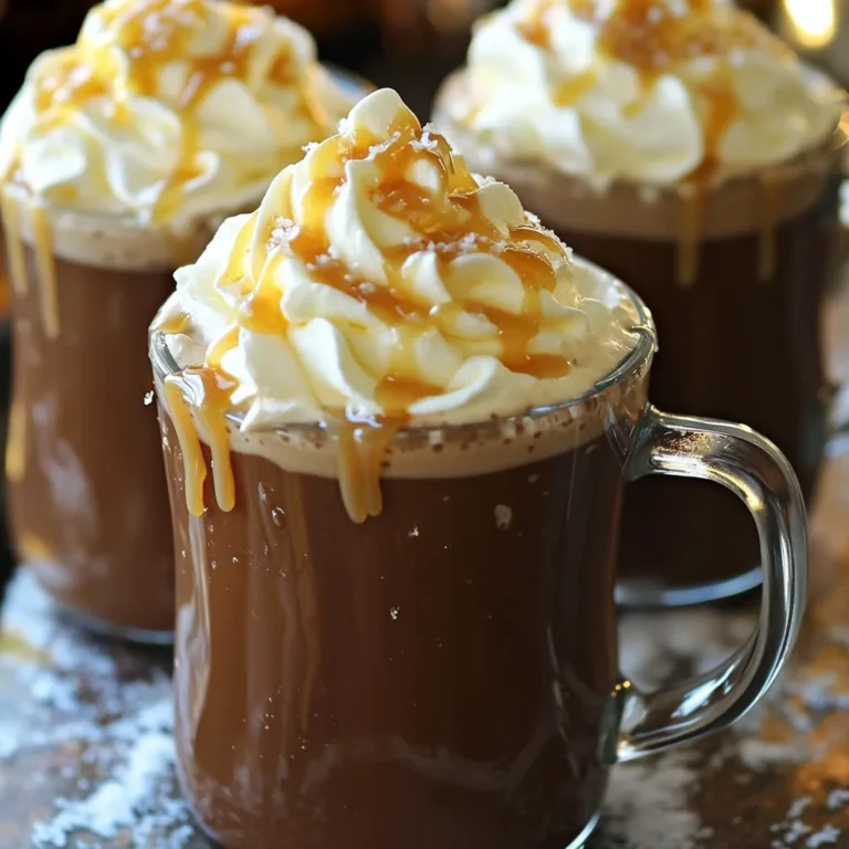 Für diese leckere Heißschokolade brauchst du: - 500 ml Vollmilch - 250 ml Schlagsahne - 100 g zartbittere Schokoladenstückchen - 30 g ungesüßtes Kakaopulver - 60 ml Karamellsauce (fertig oder hausgemacht) - 1/2 Teelöffel Meersalz - 1 Teelöffel Vanilleextrakt - Schlagsahne zum Garnieren - Zusätzliche Karamellsauce zum Beträufeln - Meersalzflocken zur Dekoration Diese Zutaten sorgen für einen reichen, cremigen Geschmack. Die Kombination aus Schokolade und Karamell macht die Heißschokolade besonders. Ich empfehle, hochwertige Marken zu wählen. Für die Schokolade sind Marken wie Lindt oder Valrhona großartig. Sie bieten eine tiefe, reiche Schokoladennote. Bei der Karamellsauce sind Bonne Maman oder Werther’s Original eine gute Wahl. Diese Marken sind lecker und zuverlässig. Wenn du spezielle Wünsche hast, gibt es Alternativen: - Milch: Du kannst auch Mandel- oder Hafermilch verwenden. Diese sind laktosefrei und verleihen einen anderen Geschmack. - Kakaopulver: Verwende rohes Kakaopulver für einen intensiveren Schokoladengeschmack. - Karamellsauce: Du kannst auch Honig oder Agavensirup nutzen, um die Süße anzupassen. - Meersalz: Himalaya-Salz bietet einen milden Geschmack und sieht hübsch aus. Diese Alternativen helfen dir, die Heißschokolade nach deinem Geschmack anzupassen. Sie sorgen dafür, dass jeder einen Genuss findet. Beginne mit 500 ml Vollmilch und 250 ml Schlagsahne. Gieße beides in einen mittelgroßen Topf. Stelle den Herd auf mittlere Hitze. Rühre sanft, bis die Mischung warm ist. Achte darauf, dass sie nicht kocht. Dies dauert etwa 5 Minuten. Die Mischung wird cremig und reichhaltig. Füge nun 100 g zartbittere Schokoladenstückchen und 30 g ungesüßtes Kakaopulver hinzu. Nimm einen Schneebesen und rühre ständig. Diese Schritte sind wichtig, damit die Schokolade gut schmilzt. Rühre weiter, bis alles gut vermischt ist. Dies sollte etwa 3 bis 4 Minuten dauern. Die Mischung wird nun schön schokoladig. Jetzt kommt der spannende Teil! Gib 60 ml Karamellsauce, 1/2 Teelöffel Meersalz und 1 Teelöffel Vanilleextrakt dazu. Rühre die Mischung gut um. Lass sie weitere 2 bis 3 Minuten erhitzen. Achte erneut darauf, dass sie nicht kocht. So verbinden sich die Aromen perfekt. Wenn die heiße Schokolade cremig aussieht, nimm den Topf vom Herd. Jetzt bist du bereit, deine gesalzene Karamell-Heißschokolade zu genießen! - Zu hohe Hitze: Verwenden Sie mittlere Hitze. Hohe Hitze kann die Milch und Sahne verbrennen. - Unzureichendes Rühren: Rühren Sie ständig, während die Schokolade schmilzt. So verhindern Sie Klumpen. - Karamellsauce zu früh hinzufügen: Geben Sie die Karamellsauce erst nach dem Schmelzen der Schokolade hinzu. Wie erreiche ich die perfekte Konsistenz? Die Mischung sollte cremig sein. Achten Sie darauf, dass die Milch und Sahne gut vermischt sind. Wie süß sollte die Heißschokolade sein? Die Süße hängt von Ihrer Karamellsauce ab. Probieren Sie die Mischung, bevor Sie mehr hinzufügen. - Schlagsahne: Verwenden Sie frische Schlagsahne für das beste Ergebnis. - Karamellsauce: Träufeln Sie die Sauce großzügig über die Schlagsahne. - Meersalzflocken: Streuen Sie sie zum Schluss über die Garnitur. So bleibt der Geschmack frisch und knusprig. Nutzen Sie diese Tipps, um Ihre gesalzene Karamell-Heißschokolade zu perfektionieren. Genießen Sie jeden Schluck! {{image_4}} Für eine glutenfreie Version dieser gesalzenen Karamell-Heißschokolade, verwenden Sie glutenfreies Kakaopulver und achten Sie auf die Karamellsauce. Einige Marken bieten glutenfreie Optionen. Wenn Sie eine vegane Version möchten, ersetzen Sie die Vollmilch durch Hafermilch oder Mandelmilch. Schlagsahne können Sie durch eine pflanzliche Schlagsahne ersetzen. Viele Marken bieten auch vegane Karamellsauce an. Um Ihrer Heißschokolade mehr Geschmack zu verleihen, denken Sie an Zusätze wie Haselnuss- oder Pfefferminzsirup. Ein Teelöffel dieser Sirupe macht einen großen Unterschied. Für einen besonderen Wintergeschmack können Sie auch einen Hauch von Zimt oder Muskatnuss einfügen. Diese Gewürze passen gut zu Schokolade und Karamell. Im Sommer können Sie diese Heißschokolade auch kalt genießen. Bereiten Sie die Mischung wie gewohnt zu und lassen Sie sie abkühlen. Dann geben Sie die Mischung in ein Glas mit Eiswürfeln. Ein Spritzer Milch oder eine pflanzliche Alternative macht es noch erfrischender. Toppen Sie das Getränk mit Schlagsahne und einem Schuss Karamellsauce. So wird Ihre gesalzene Karamell-Heißschokolade zum perfekten Sommerdrink! Um gesalzene Karamell-Heißschokolade richtig zu lagern, fülle sie in einen luftdichten Behälter. Lass die Mischung zuerst auf Raumtemperatur abkühlen. Danach stelle den Behälter in den Kühlschrank. So bleibt die Schokolade frisch und lecker für bis zu drei Tage. Wenn du die Schokolade länger aufbewahren möchtest, friere sie in Portionsbehältern ein. So hast du immer einen schnellen Genuss zur Hand. Wenn du die Karamell-Heißschokolade aufwärmen möchtest, gib sie in einen Topf. Erhitze sie bei mittlerer Hitze und rühre gut um. Achte darauf, dass sie nicht kocht, denn das könnte die Cremigkeit ruinieren. Du kannst auch die Mikrowelle nutzen. Erhitze die Schokolade in kurzen Intervallen, jeweils 30 Sekunden. Rühre nach jedem Intervall um, bis sie warm ist. Für Meal Prep ist es praktisch, die Heißschokolade in Portionsbehältern zu füllen. So kannst du sie leicht aufwärmen und genießen. Bereite die Mischung einfach vor und teile sie in Portionen auf. Du kannst auch verschiedene Toppings vorbereiten, wie Schlagsahne oder Karamellsauce. Das macht das Servieren schnell und einfach. Ja, du kannst Karamellsauce einfach zu Hause machen. Du brauchst Zucker, Wasser und etwas Butter. Schmelze den Zucker mit Wasser in einem Topf. Rühre, bis der Zucker schmilzt und goldbraun wird. Nimm den Topf vom Herd und füge die Butter hinzu. Das gibt eine cremige Konsistenz. Lass die Karamellsauce abkühlen und verwende sie für deine Heißschokolade oder andere Desserts. Kakaopulver hat viele Vorteile. Es ist reich an Antioxidantien, die gut für das Herz sind. Diese Antioxidantien helfen, freie Radikale im Körper zu bekämpfen. Kakaopulver kann auch die Stimmung heben. Es enthält Stoffe, die den Serotoninspiegel erhöhen. Das macht dich glücklicher. Zudem hat es weniger Zucker als süße Schokolade. So bleibt deine Heißschokolade lecker und etwas gesünder. Du kannst die Heißschokolade nach deinem Geschmack ändern. Füge mehr Karamellsauce hinzu für eine süßere Version. Du kannst auch verschiedene Schokoladen verwenden, wie Vollmilch oder weiße Schokolade. Für einen besonderen Geschmack, probiere Gewürze wie Zimt oder Muskatnuss. Wenn du es schokoladiger magst, erhöhe die Menge an Kakao. Lass deiner Kreativität freien Lauf und finde deine perfekte Mischung! In diesem Artikel habe ich die Hauptzutaten für gesalzene Karamell-Heißschokolade besprochen. Wir schauten uns auch die Zubereitungsschritte und wichtige Tipps an. Die verschiedenen Variationen, wie glutenfreie oder vegane Optionen, bieten einen tollen Genuss. Abschließend ist gesalzene Karamell-Heißschokolade einfach zuzubereiten und passt zu vielen Vorlieben. Probiere selbst, kreiere deine eigenen Variationen und habe Spaß beim Zubereiten!