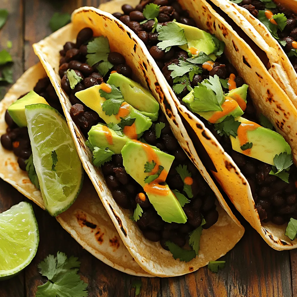 - 2 Dosen schwarze Bohnen, abgetropft und abgespült - 1-2 Chipotle-Paprika in Adobosauce, fein gehackt - 8 kleine Tortillas Die schwarzen Bohnen sind die Basis für unsere Tacos. Sie sind nahrhaft und geben viel Geschmack. Chipotle-Paprika in Adobosauce sorgt für eine rauchige und würzige Note. Du kannst die Menge an Paprika anpassen, je nachdem, wie scharf du es magst. Tortillas sind wichtig, um die Füllung zu halten und das ganze Gericht zusammenzubringen. - 1 Avocado, in Scheiben geschnitten - 1 Tasse frischer Koriander, gehackt - Limettenviertel Die frischen Zutaten bringen einen tollen Geschmack. Avocado macht die Tacos cremig und lecker. Koriander gibt einen frischen Kick. Limettenviertel sind perfekt, um die Tacos zu verfeinern. Ein Spritzer Limette macht alles noch besser. - 1 Teelöffel geräuchertes Paprika-Pulver - 1 Teelöffel Kreuzkümmel - Salz und Pfeffer Die Gewürze sind der Schlüssel zu einem tollen Aroma. Geräuchertes Paprika-Pulver verleiht den Tacos eine besondere Tiefe. Kreuzkümmel bringt eine warme Note. Salz und Pfeffer runden alles ab und heben die Aromen hervor. Achte darauf, die Gewürze gut zu dosieren, um den besten Geschmack zu erzielen. Erhitze das Olivenöl in einer großen Pfanne bei mittlerer Hitze. Füge die gehackte Zwiebel hinzu. Brate die Zwiebel etwa 5 Minuten lang, bis sie weich und durchsichtig ist. Achte darauf, die Zwiebel nicht zu verbrennen. Rühre sie ab und zu um, damit sie gleichmäßig gart. Gib den gehackten Knoblauch in die Pfanne. Brate ihn eine weitere Minute an, bis er duftet. Dann füge die gehackten Chipotle-Paprika, das geräucherte Paprika-Pulver und den Kreuzkümmel hinzu. Koche die Mischung 2-3 Minuten lang. Diese Zeit lässt die Aromen gut durchziehen. Rühre die Mischung gut um, damit sich die Gewürze gleichmäßig verteilen. Gib die abgespülten schwarzen Bohnen in die Pfanne. Püriere einige Bohnen mit einer Gabel, um eine cremigere Konsistenz zu erzielen. Lass ein paar ganze Bohnen für den Biss drin. Vermenge den frischen Mais mit der Bohnenmischung. Würze mit Salz und Pfeffer. Lasse die Mischung weitere 5 Minuten kochen. Rühre gelegentlich um, damit alles gut erhitzt wird. - Tipps zur Erwärmung der Tortillas: Erwärme die Tortillas bei niedriger Hitze. Nutze eine Pfanne und lege sie für 30 Sekunden auf jede Seite. So bleiben sie weich und biegsam. - Anleitung für die beste Füllmenge: Nimm etwa 2-3 Esslöffel der Bohnenmischung pro Tortilla. So bleibt genug Platz für die Avocado und den Koriander. - Ändern der Schärfe: Wenn du es schärfer magst, füge mehr Chipotle-Paprika hinzu. Für weniger Schärfe, nimm einfach weniger. - Weitere Gewürzempfehlungen: Probiere etwas Limettenzest oder frische Jalapeños. Sie geben einen tollen Kick und frische Aromen. - Serviertipps: Lege die Tacos auf einem bunten Teller. So sehen sie einladend aus. - Verwendung von zusätzlichen Belägen: Verwende Sauerrahm oder frische Salsa als Belag. Das gibt einen schönen Kontrast zur Schärfe der Tacos. {{image_4}} Um die Tacos vegan zu machen, ersetze die folgende Zutat: - Avocado: Verwende eine zusätzliche Portion frischer Mais. - Koriander: Lass ihn weg oder ersetze ihn durch frische Petersilie. So bereitest du die Tacos ohne tierische Produkte zu. Du kannst auch etwas Cashew-Sahne als Topping verwenden. Diese gibt einen reichen Geschmack. Du kannst die Tacos leicht variieren. Hier sind einige Ideen für mehr Geschmack: - Gemüsevariationen: Füge gebratene Paprika, Zucchini oder Spinat hinzu. Diese geben zusätzliche Nährstoffe. - Optionen für das Protein: Probiere Tofu oder Tempeh. Diese sind gute, proteinreiche Alternativen. Das Hinzufügen von Gemüse oder pflanzlichem Protein macht die Tacos noch besser. Die Wahl der Tortilla ist wichtig für den Geschmack. Hier sind einige Tipps für die besten Optionen: - Welche Tortillas eignen sich am besten?: Mais-Tortillas sind traditionell und glutenfrei. Weizentortillas sind weich und leicht zu füllen. - Glutenfreie Alternativen: Du kannst auch Tortillas aus Reis oder Mandeln verwenden. Diese sind ideal für glutenfreie Diäten. Mit diesen Tortilla-Optionen kannst du deine Tacos nach deinem Geschmack anpassen. Lagere die Reste in einem luftdichten Behälter. So bleiben die Tacos frisch. Im Kühlschrank halten sie sich bis zu drei Tage. Wenn du die Tacos länger aufbewahren möchtest, friere die Füllung ein. Du kannst sie bis zu drei Monate im Gefrierschrank lagern. Denke daran, die Tortillas getrennt zu lagern. So werden sie nicht matschig. Um die Tacos aufzuwärmen, benutze eine Pfanne bei mittlerer Hitze. Lege die Tacos für etwa zwei Minuten hinein. Du kannst auch die Füllung in der Mikrowelle erwärmen. Achte darauf, sie nicht zu lange zu erhitzen. So bleibt die Frische erhalten. Füge frische Zutaten wie Avocado oder Koriander hinzu, bevor du sie servierst. Meal-Prep ist eine tolle Idee! Bereite die Bohnenmischung am Sonntag vor und lagere sie im Kühlschrank. Du kannst auch die Tortillas vorbereiten. Wickele sie in Aluminiumfolie und stelle sie in den Kühlschrank. Wenn du bereit bist, die Tacos zu genießen, wärme alles auf und baue deine Tacos zusammen. So sparst du Zeit unter der Woche und hast trotzdem frische, leckere Tacos. Chipotle-Paprika haben einen rauchigen Geschmack und eine mittlere Schärfe. Sie bieten viel Aroma, aber die Schärfe kann variieren. Wenn du es milder magst, verwende weniger Paprika oder entferne die Samen. Ein guter Tipp: Fange mit einer kleinen Menge an und probiere die Mischung. Du kannst immer mehr hinzufügen. Ja, du kannst frische Bohnen verwenden! Du musst sie jedoch zuerst kochen. Frische schwarze Bohnen brauchen etwa 1 bis 1,5 Stunden zum Kochen. Achte darauf, die Bohnen gut zu würzen, da sie mehr Geschmack brauchen als Dosenbohnen. Die Textur wird auch anders sein: Frische Bohnen sind fester und haben mehr Biss. Für die Tacos passen frische Salate und Dips gut. Ein einfacher Avocado-Dip oder ein frischer Tomatensalat sind großartige Optionen. Du kannst auch etwas Salsa oder saure Sahne anbieten. Wenn du es etwas knackiger magst, sind gehackte Radieschen oder grüner Salat eine gute Wahl. Die Zutaten für Ihre Tacos sind einfach und nährend. Beginnen Sie mit schwarzen Bohnen und würzigen Chipotle-Paprikas in Adobosauce. Frische Avocado, Koriander und Limetten bringen Geschmack. Die Schritt-für-Schritt-Anleitung zeigt, wie Sie perfekte Tacos zubereiten. Sie können auch Variationen ausprobieren, um den Geschmack zu ändern. Reste halten sich gut im Kühlschrank oder Gefrierfach. Denken Sie an die richtigen Rehitzmethoden, damit Ihre Tacos frisch bleiben. Genießen Sie Ihr Taco-Abenteuer!