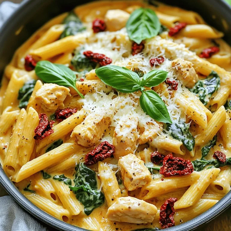 - 2 Tassen Penne-Nudeln - 450 g Hähnchenbrustfilets, gewürfelt - 1 Tasse in Öl eingelegte, sonnengetrocknete Tomaten, abgetropft und gehackt Die Penne-Nudeln sind die Basis dieses Gerichts. Sie nehmen die Sauce gut auf. Ich wähle frische Hähnchenbrustfilets. Sie sind zart und lecker. Die sonnengetrockneten Tomaten bringen einen tollen Geschmack. Sie verleihen dem Gericht eine fruchtige Note. - 1 mittelgroße Zwiebel, gewürfelt - 3 Knoblauchzehen, fein gehackt - 1 Tasse frischer Spinat, grob gehackt - 1 Teelöffel italienische Gewürzmischung Zwiebeln und Knoblauch sind die Aromen für das Gericht. Sie sorgen für einen tollen Geschmack. Frischer Spinat fügt Farbe und Nährstoffe hinzu. Ich verwende italienische Gewürzmischung für den perfekten Kick. Es macht das Gericht noch aromatischer. - 240 ml Hühnerbrühe - 240 ml Sahne - 120 g geriebener Parmesan - 2 Esslöffel Olivenöl Hühnerbrühe ist wichtig für die Flüssigkeit. Sie macht die Pasta schön saftig. Sahne macht die Sauce cremig. Parmesan ist der Hauptkäse in diesem Rezept. Er schmilzt gut und gibt einen herzhaften Geschmack. Olivenöl sorgt dafür, dass alles gut zusammenkommt. Um das Gericht zuzubereiten, beginne mit dem Schneiden des Gemüses. Würfele die Zwiebel in kleine Stücke. Hacke auch den Knoblauch fein. Dann ist es Zeit, das Hähnchen zu würfeln. Verwende dazu frische Hähnchenbrustfilets. Die Stücke sollten gleichmäßig sein, damit sie gleichmäßig garen. Erhitze einen großen Topf bei mittlerer Hitze. Füge Olivenöl hinzu. Gib die gewürfelte Zwiebel in den Topf und brate sie an. Nach etwa 3 bis 4 Minuten wird sie weich und gläsern. Jetzt kommt der gehackte Knoblauch und das Hähnchen dazu. Brate alles zusammen für 5 bis 6 Minuten. Das Hähnchen sollte goldbraun sein und nicht mehr rosa. Würze das Hähnchen mit Salz, Pfeffer und italienischer Gewürzmischung. Füge dann die gehackten sonnengetrockneten Tomaten hinzu. Brate sie für 2 Minuten mit. Das bringt mehr Geschmack in das Gericht. Gieße jetzt die Hühnerbrühe in den Topf und bringe alles zum Kochen. Sobald die Brühe kocht, füge die Penne-Nudeln hinzu. Reduziere die Hitze auf mittel bis niedrig. Decke den Topf ab und lasse die Nudeln 10 bis 12 Minuten köcheln. Rühre gelegentlich um, damit die Nudeln nicht kleben. Die Nudeln sind fertig, wenn sie al dente sind. Jetzt kommt die Sahne und der gehackte Spinat in den Topf. Rühre alles gut um. Lass das Gericht weitere 2 bis 3 Minuten kochen. Der Spinat sollte zusammengefallen sein. Die Sauce wird leicht dick. Nimm den Topf vom Herd und rühre den geriebenen Parmesan ein. Wenn er geschmolzen ist, wird die Sauce cremig. Schmecke das Gericht nach Belieben ab. - Al dente kochen: Koche die Penne-Nudeln so, dass sie bissfest sind. Das macht das Gericht besser. - Richtiges Umrühren: Rühre die Nudeln während des Kochens regelmäßig um. So kleben sie nicht zusammen. - Anpassungen bei den Gemüsesorten: Du kannst auch andere Gemüsearten verwenden. Paprika oder Zucchini passen gut. Sie bringen Farbe und Geschmack. - Ersatzprodukte für veganes Gericht: Verwende Tofu statt Hähnchen. Nimm pflanzliche Sahne und Parmesan für eine vegane Option. - Garnierungsideen: Frische Basilikumblätter sehen toll aus und geben Geschmack. Du kannst auch geriebenen Parmesan obendrauf streuen. - Serviervorschläge: Serviere das Gericht heiß in tiefen Tellern. Das macht es ansprechend und einfach zu essen. {{image_4}} Wenn du auf Fleisch verzichten möchtest, probiere Tofu oder Gemüse. Tofu ist eine tolle Wahl. Schneide ihn in kleine Würfel und brate ihn goldbraun an. Du kannst auch dein Lieblingsgemüse nutzen. Paprika, Zucchini oder Aubergine passen gut. Achte darauf, das Gemüse gut zu würzen. So bleibt der Geschmack lebendig. Für eine abwechselnde Proteinquelle kannst du Garnelen oder Wurst verwenden. Garnelen sind schnell zu kochen. Füge sie etwa fünf Minuten vor dem Ende hinzu. Sie werden zart und lecker. Wenn du Wurst magst, wähle eine italienische Variante. Brate sie zuerst an, bevor du die anderen Zutaten hinzufügst. So bekommt das Gericht einen tollen Geschmack. Die Verwendung von verschiedenen Kräutern kann viel Frische bringen. Frischer Basilikum oder Oregano sind gute Optionen. Du kannst auch Thymian oder Rosmarin probieren. Diese Kräuter geben dem Gericht eine neue Note. Experimentiere mit den Gewürzen, um deinen eigenen Stil zu finden. So wird jedes Gericht einzigartig und besonders. - Kühlung der Reste: Lassen Sie das Gericht zuerst abkühlen. Füllen Sie die Reste in einen luftdichten Behälter. So bleibt der Geschmack frisch. Im Kühlschrank hält es sich bis zu drei Tage. - Einfrieren des Gerichts: Sie können das Gericht auch einfrieren. Teilen Sie die Portionen in geeignete Behälter auf. Bedecken Sie sie gut. Im Gefrierschrank bleibt es bis zu drei Monate haltbar. - Tipps zur erneuten Zubereitung: Zum Aufwärmen nehmen Sie eine Pfanne. Fügen Sie einen Schuss Wasser oder Brühe hinzu. Erhitzen Sie das Gericht bei niedriger Hitze. Rühren Sie regelmäßig um, damit es nicht ansetzt. Alternativ können Sie die Mikrowelle verwenden. Stellen Sie die Leistung auf mittlere Stufe ein und decken Sie das Gericht ab. - Wie lange ist das Gericht frisch?: Das Gericht bleibt im Kühlschrank bis zu drei Tage frisch. Beim Einfrieren können Sie es bis zu drei Monate genießen. Achten Sie darauf, gut zu lagern, um die Aromen zu bewahren. Die Zubereitung dauert insgesamt 30 Minuten. Davon sind 10 Minuten für die Vorbereitung nötig. Du schneidest Gemüse und würfelst das Hähnchen. Danach kochst du das Gericht für etwa 20 Minuten. Es ist schnell und einfach, perfekt für einen Abend, wenn die Zeit knapp ist. Ja, du kannst die sonnengetrockneten Tomaten ersetzen. Eine gute Alternative sind frische Tomaten. Du kannst auch Tomaten aus der Dose nutzen. Diese Optionen bringen frische Aromen in das Gericht. Achte darauf, die Menge anzupassen, um den Geschmack nicht zu verlieren. Ja, dieses Rezept ist ideal für Meal Prep. Du kannst die Reste in luftdichten Behältern aufbewahren. Lagere sie im Kühlschrank, wo sie bis zu drei Tage haltbar sind. Wenn du das Gericht länger aufbewahren willst, friere es ein. So bleibt es bis zu einem Monat frisch. Wenn du es wieder aufwärmst, füge etwas Brühe hinzu, damit es nicht trocken wird. Zusammenfassend haben wir die Hauptzutaten für unser Gericht besprochen. Ich habe Ihnen gezeigt, wie man die Pasta perfekt zubereitet und tolle Tipps gegeben. Variationen sind leicht möglich, sei es vegetarisch oder mit anderen Proteinen. Auch die Aufbewahrung und Haltbarkeit sind wichtig. Denken Sie daran: Dieses Rezept ist vielseitig und anpassbar. Experimentieren Sie und finden Sie Ihre Lieblingsversion. Kochen macht Spaß und fördert die Kreativität in der Küche!